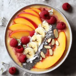 Um eine köstliche Pfirsich Melba Smoothie Bowl zu machen, brauchst du einige frische und gefrorene Zutaten. Hier sind die Hauptzutaten: - 2 reife Pfirsiche, entsteint und gewürfelt - 1 Banane, in Scheiben geschnitten - 1 Tasse gefrorene Himbeeren - 1/2 Tasse griechischer Joghurt (oder pflanzlicher Joghurt) - 1/2 Tasse Mandelmilch (oder eine Milch deiner Wahl) Diese Zutaten sorgen für einen tollen Geschmack und eine cremige Textur. Die Pfirsiche bringen Süße, während die Himbeeren einen schönen Farbkontrast schaffen. Du kannst die Smoothie Bowl noch interessanter machen, indem du einige optionale Zutaten hinzufügst. Hier sind ein paar Vorschläge: - 1 Esslöffel Honig oder Ahornsirup (optional) - Toppings: Mandelblättchen, frische Himbeeren, Pfirsichscheiben, Chiasamen und Kokosraspel Diese Zutaten machen deine Bowl nicht nur leckerer, sondern auch bunter und ansprechender. Die Auswahl der besten Zutaten ist wichtig für den Geschmack. Hier sind einige Tipps: - Wähle reife Pfirsiche, die leicht druckempfindlich sind. Sie sollten süß und saftig schmecken. - Banane sollte gelb mit einigen braunen Flecken sein. Diese sind süß und cremig. - Achte auf gefrorene Himbeeren ohne Zusatzstoffe. Dies erhält den frischen Geschmack. - Der Joghurt kann nach deinem Geschmack gewählt werden. Griechischer Joghurt ist cremig und reichhaltig. - Mandelmilch sollte ungesüßt sein, wenn du den natürlichen Geschmack der Früchte betonen möchtest. Mit diesen Tipps kannst du eine perfekte Pfirsich Melba Smoothie Bowl zubereiten. Nutze auch das Rezept für mehr Details. Beginne mit der Auswahl frischer Zutaten. Du brauchst zwei reife Pfirsiche, eine Banane, gefrorene Himbeeren, griechischen Joghurt und Mandelmilch. Achte darauf, dass die Pfirsiche gut reif sind. Das gibt deinem Smoothie eine tolle Süße. - 2 reife Pfirsiche, entsteint und gewürfelt - 1 Banane, in Scheiben geschnitten - 1 Tasse gefrorene Himbeeren - 1/2 Tasse griechischer Joghurt - 1/2 Tasse Mandelmilch - 1 Esslöffel Honig oder Ahornsirup (optional) Wasche alle Früchte gut. Schneide die Pfirsiche in kleine Stücke. Das erleichtert das Mixen. Lege die Bananenscheiben bereit. Diese werden deinem Smoothie Cremigkeit verleihen. Gib nun alle Zutaten in einen Mixer. Beginne mit den gewürfelten Pfirsichen. Füge die Bananenscheiben und die gefrorenen Himbeeren hinzu. Der griechische Joghurt bringt eine schöne Textur. Gieße die Mandelmilch dazu. Wenn du etwas Süße magst, füge den Honig oder Ahornsirup hinzu. Mixe alles bei hoher Geschwindigkeit. Achte darauf, die Seiten des Mixbehälters abzuschaben. So wird alles gut vermischt. Ist die Mischung zu dick? Dann füge langsam mehr Mandelmilch hinzu. Mixe weiter, bis die Mischung schön glatt ist. Probiere die Basis und passe den Geschmack an. Jetzt kommt der kreative Teil! Gieße die Mischung in eine flache Schüssel. Gestalte die Oberfläche mit deinen Lieblings-Toppings. Platziere die Pfirsichscheiben und frische Himbeeren kunstvoll. Füge Mandelblättchen, Chiasamen und Kokosraspel hinzu. Diese machen deine Bowl nicht nur lecker, sondern auch schön anzusehen. Sofort servieren und genießen. Du wirst die frischen Sommeraromen lieben! Wenn du mehr Inspiration brauchst, schau dir das [Full Recipe] an. Um die perfekte Konsistenz für deine Pfirsich Melba Smoothie Bowl zu erzielen, achte auf die richtige Mischung. Beginne mit den Zutaten und gib sie in den Mixer. Wenn die Mischung zu dick ist, füge langsam mehr Mandelmilch hinzu. Mixe alles gut, bis es cremig und glatt ist. Kratze die Ränder des Mixbehälters, damit alles gut vermischt wird. So erhältst du eine leckere, glatte Basis. Die Zutaten in dieser Smoothie Bowl sind nicht nur lecker, sondern auch gesund. Pfirsiche sind reich an Vitaminen und Antioxidantien. Sie unterstützen die Haut und das Immunsystem. Bananen bieten Kalium und Energie, perfekt für einen aktiven Tag. Himbeeren sind voll von Ballaststoffen und helfen der Verdauung. Griechischer Joghurt enthält Protein, das gut für die Muskeln ist. Diese Zutaten machen die Smoothie Bowl zu einer nährstoffreichen Wahl. Das Topping macht die Smoothie Bowl besonders. Du kannst kreativ sein und verschiedene Texturen und Farben verwenden. Probiere Mandelblättchen für einen knackigen Biss. Frische Himbeeren fügen eine schöne Säure hinzu. Pfirsichscheiben bringen die Fruchtigkeit zurück. Chiasamen sind eine tolle Quelle für Omega-3-Fettsäuren. Kokosraspel geben einen tropischen Touch. Nutze deine Fantasie und kombiniere deine Lieblingszutaten für ein ganz persönliches Erlebnis. {{image_4}} Wenn du eine vegane Variante der Pfirsich Melba Smoothie Bowl machen möchtest, ist das einfach. Ersetze den griechischen Joghurt durch pflanzlichen Joghurt. Du kannst Soja-, Kokos- oder Mandeljoghurt verwenden. Diese Alternativen geben einen ähnlichen Geschmack und die Cremigkeit bleibt. Achte darauf, dass dein Honig durch Ahornsirup ersetzt wird, um die Bowl vegan zu halten. Du kannst die Pfirsich Melba Smoothie Bowl leicht anpassen. Probiere andere Früchte wie Mango, Erdbeeren oder Ananas. Diese Früchte bringen ihren eigenen Geschmack und machen die Bowl aufregend. Wenn du frische Früchte verwendest, denke daran, die Menge etwas anzupassen. Gefrorene Früchte geben eine cremigere Textur. Für eine proteinreiche Variante füge einfach etwas Proteinpulver hinzu. Du kannst auch Nüsse oder Samen verwenden. Mandeln oder Erdnüsse sind gute Optionen. Diese Zutaten erhöhen den Nährwert und machen die Bowl sättigender. Ein weiterer Tipp ist, mehr griechischen Joghurt hinzuzufügen. So bleibst du fit und gesund, während du den leckeren Geschmack genießt. Für die genaue Zubereitung dieser köstlichen Bowl schaue dir das Full Recipe an. Der Pfirsich Melba Smoothie Bowl schmeckt frisch am besten. Du kannst ihn jedoch bis zu zwei Tage im Kühlschrank aufbewahren. Stelle sicher, dass du ihn in einem luftdichten Behälter lagerst. So bleibt der Geschmack erhalten. Nach zwei Tagen kann die Konsistenz dünner werden. Um die Zutaten frisch zu halten, lagere sie wie folgt: - Pfirsiche: Halte sie an einem kühlen, trockenen Ort. Nach dem Schneiden im Kühlschrank verstauen. - Bananen: Lagerung bei Raumtemperatur. Kühle sie nicht, die Schale wird schwarz. - Himbeeren: Bewahre sie in der Originalverpackung im Kühlschrank auf. Achte darauf, dass sie trocken sind. - Joghurt: Halte ihn im Kühlschrank. Achte auf das Haltbarkeitsdatum. - Mandelmilch: Nach dem Öffnen im Kühlschrank lagern. Vor dem Gebrauch gut schütteln. Du kannst die Smoothie-Bowl auch einfrieren. Gieße die Mischung in einen gefrierfesten Behälter. So bleibt sie bis zu einem Monat haltbar. Zum Auftauen, lasse sie über Nacht im Kühlschrank. Mixe sie vor dem Servieren, um die cremige Konsistenz zurückzubekommen. Es ist eine tolle Option für schnelle Frühstücke oder Snacks. Um die besten Smoothie Bowls zu machen, wähle frische, reife Früchte. Du solltest auch einen guten Joghurt verwenden. Mixe alles gut und achte auf die Konsistenz. Sie sollte cremig, aber nicht zu dick sein. Dekoriere die Schüssel mit bunten Toppings. So sieht deine Bowl toll aus und schmeckt noch besser. Ja, du kannst andere Milchalternativen verwenden. Mandelmilch ist eine beliebte Wahl. Du kannst auch Soja-, Hafer- oder Kokosmilch nutzen. Jede Milch bringt ihren eigenen Geschmack. Experimentiere mit verschiedenen Sorten, um deine Lieblingskombination zu finden. Die Zutaten für die Pfirsich Melba Smoothie Bowl findest du in jedem Supermarkt. Achte auf frische Pfirsiche und Himbeeren. Gefrorene Früchte sind oft in der Tiefkühlabteilung. Griechischer Joghurt und Milchalternativen bekommst du ebenfalls leicht. Du kannst auch lokale Märkte besuchen, um frische Produkte zu kaufen. Eine Pfirsich Melba Smoothie Bowl ist einfach zuzubereiten und macht Spaß. Wir haben die Hauptzutaten und Tipps zur Auswahl besprochen. Ich teilte auch eine Schritt-für-Schritt-Anleitung zum Mixen und Anrichten. Die Tipps helfen, die perfekte Konsistenz zu erzielen. Zudem gibt es viele Variationen für jeden Geschmack. Schließlich haben wir gelernt, wie man die Smoothie Bowl lagert. Nutze diese Informationen, um kreativ zu sein und gesunde Snacks zu genießen. Viel Spaß beim Zubereiten und Ausprobieren!