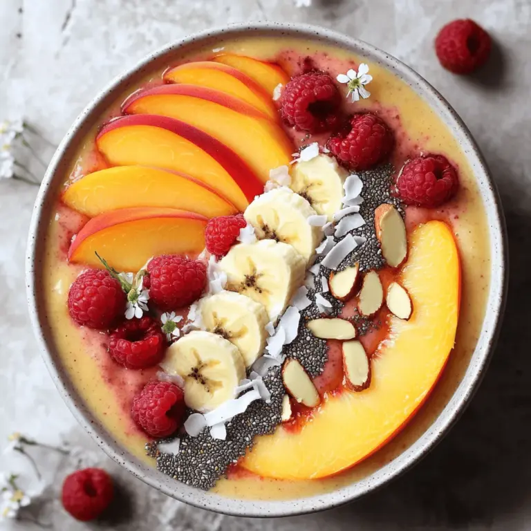 Um eine köstliche Pfirsich Melba Smoothie Bowl zu machen, brauchst du einige frische und gefrorene Zutaten. Hier sind die Hauptzutaten: - 2 reife Pfirsiche, entsteint und gewürfelt - 1 Banane, in Scheiben geschnitten - 1 Tasse gefrorene Himbeeren - 1/2 Tasse griechischer Joghurt (oder pflanzlicher Joghurt) - 1/2 Tasse Mandelmilch (oder eine Milch deiner Wahl) Diese Zutaten sorgen für einen tollen Geschmack und eine cremige Textur. Die Pfirsiche bringen Süße, während die Himbeeren einen schönen Farbkontrast schaffen. Du kannst die Smoothie Bowl noch interessanter machen, indem du einige optionale Zutaten hinzufügst. Hier sind ein paar Vorschläge: - 1 Esslöffel Honig oder Ahornsirup (optional) - Toppings: Mandelblättchen, frische Himbeeren, Pfirsichscheiben, Chiasamen und Kokosraspel Diese Zutaten machen deine Bowl nicht nur leckerer, sondern auch bunter und ansprechender. Die Auswahl der besten Zutaten ist wichtig für den Geschmack. Hier sind einige Tipps: - Wähle reife Pfirsiche, die leicht druckempfindlich sind. Sie sollten süß und saftig schmecken. - Banane sollte gelb mit einigen braunen Flecken sein. Diese sind süß und cremig. - Achte auf gefrorene Himbeeren ohne Zusatzstoffe. Dies erhält den frischen Geschmack. - Der Joghurt kann nach deinem Geschmack gewählt werden. Griechischer Joghurt ist cremig und reichhaltig. - Mandelmilch sollte ungesüßt sein, wenn du den natürlichen Geschmack der Früchte betonen möchtest. Mit diesen Tipps kannst du eine perfekte Pfirsich Melba Smoothie Bowl zubereiten. Nutze auch das Rezept für mehr Details. Beginne mit der Auswahl frischer Zutaten. Du brauchst zwei reife Pfirsiche, eine Banane, gefrorene Himbeeren, griechischen Joghurt und Mandelmilch. Achte darauf, dass die Pfirsiche gut reif sind. Das gibt deinem Smoothie eine tolle Süße. - 2 reife Pfirsiche, entsteint und gewürfelt - 1 Banane, in Scheiben geschnitten - 1 Tasse gefrorene Himbeeren - 1/2 Tasse griechischer Joghurt - 1/2 Tasse Mandelmilch - 1 Esslöffel Honig oder Ahornsirup (optional) Wasche alle Früchte gut. Schneide die Pfirsiche in kleine Stücke. Das erleichtert das Mixen. Lege die Bananenscheiben bereit. Diese werden deinem Smoothie Cremigkeit verleihen. Gib nun alle Zutaten in einen Mixer. Beginne mit den gewürfelten Pfirsichen. Füge die Bananenscheiben und die gefrorenen Himbeeren hinzu. Der griechische Joghurt bringt eine schöne Textur. Gieße die Mandelmilch dazu. Wenn du etwas Süße magst, füge den Honig oder Ahornsirup hinzu. Mixe alles bei hoher Geschwindigkeit. Achte darauf, die Seiten des Mixbehälters abzuschaben. So wird alles gut vermischt. Ist die Mischung zu dick? Dann füge langsam mehr Mandelmilch hinzu. Mixe weiter, bis die Mischung schön glatt ist. Probiere die Basis und passe den Geschmack an. Jetzt kommt der kreative Teil! Gieße die Mischung in eine flache Schüssel. Gestalte die Oberfläche mit deinen Lieblings-Toppings. Platziere die Pfirsichscheiben und frische Himbeeren kunstvoll. Füge Mandelblättchen, Chiasamen und Kokosraspel hinzu. Diese machen deine Bowl nicht nur lecker, sondern auch schön anzusehen. Sofort servieren und genießen. Du wirst die frischen Sommeraromen lieben! Wenn du mehr Inspiration brauchst, schau dir das [Full Recipe] an. Um die perfekte Konsistenz für deine Pfirsich Melba Smoothie Bowl zu erzielen, achte auf die richtige Mischung. Beginne mit den Zutaten und gib sie in den Mixer. Wenn die Mischung zu dick ist, füge langsam mehr Mandelmilch hinzu. Mixe alles gut, bis es cremig und glatt ist. Kratze die Ränder des Mixbehälters, damit alles gut vermischt wird. So erhältst du eine leckere, glatte Basis. Die Zutaten in dieser Smoothie Bowl sind nicht nur lecker, sondern auch gesund. Pfirsiche sind reich an Vitaminen und Antioxidantien. Sie unterstützen die Haut und das Immunsystem. Bananen bieten Kalium und Energie, perfekt für einen aktiven Tag. Himbeeren sind voll von Ballaststoffen und helfen der Verdauung. Griechischer Joghurt enthält Protein, das gut für die Muskeln ist. Diese Zutaten machen die Smoothie Bowl zu einer nährstoffreichen Wahl. Das Topping macht die Smoothie Bowl besonders. Du kannst kreativ sein und verschiedene Texturen und Farben verwenden. Probiere Mandelblättchen für einen knackigen Biss. Frische Himbeeren fügen eine schöne Säure hinzu. Pfirsichscheiben bringen die Fruchtigkeit zurück. Chiasamen sind eine tolle Quelle für Omega-3-Fettsäuren. Kokosraspel geben einen tropischen Touch. Nutze deine Fantasie und kombiniere deine Lieblingszutaten für ein ganz persönliches Erlebnis. {{image_4}} Wenn du eine vegane Variante der Pfirsich Melba Smoothie Bowl machen möchtest, ist das einfach. Ersetze den griechischen Joghurt durch pflanzlichen Joghurt. Du kannst Soja-, Kokos- oder Mandeljoghurt verwenden. Diese Alternativen geben einen ähnlichen Geschmack und die Cremigkeit bleibt. Achte darauf, dass dein Honig durch Ahornsirup ersetzt wird, um die Bowl vegan zu halten. Du kannst die Pfirsich Melba Smoothie Bowl leicht anpassen. Probiere andere Früchte wie Mango, Erdbeeren oder Ananas. Diese Früchte bringen ihren eigenen Geschmack und machen die Bowl aufregend. Wenn du frische Früchte verwendest, denke daran, die Menge etwas anzupassen. Gefrorene Früchte geben eine cremigere Textur. Für eine proteinreiche Variante füge einfach etwas Proteinpulver hinzu. Du kannst auch Nüsse oder Samen verwenden. Mandeln oder Erdnüsse sind gute Optionen. Diese Zutaten erhöhen den Nährwert und machen die Bowl sättigender. Ein weiterer Tipp ist, mehr griechischen Joghurt hinzuzufügen. So bleibst du fit und gesund, während du den leckeren Geschmack genießt. Für die genaue Zubereitung dieser köstlichen Bowl schaue dir das Full Recipe an. Der Pfirsich Melba Smoothie Bowl schmeckt frisch am besten. Du kannst ihn jedoch bis zu zwei Tage im Kühlschrank aufbewahren. Stelle sicher, dass du ihn in einem luftdichten Behälter lagerst. So bleibt der Geschmack erhalten. Nach zwei Tagen kann die Konsistenz dünner werden. Um die Zutaten frisch zu halten, lagere sie wie folgt: - Pfirsiche: Halte sie an einem kühlen, trockenen Ort. Nach dem Schneiden im Kühlschrank verstauen. - Bananen: Lagerung bei Raumtemperatur. Kühle sie nicht, die Schale wird schwarz. - Himbeeren: Bewahre sie in der Originalverpackung im Kühlschrank auf. Achte darauf, dass sie trocken sind. - Joghurt: Halte ihn im Kühlschrank. Achte auf das Haltbarkeitsdatum. - Mandelmilch: Nach dem Öffnen im Kühlschrank lagern. Vor dem Gebrauch gut schütteln. Du kannst die Smoothie-Bowl auch einfrieren. Gieße die Mischung in einen gefrierfesten Behälter. So bleibt sie bis zu einem Monat haltbar. Zum Auftauen, lasse sie über Nacht im Kühlschrank. Mixe sie vor dem Servieren, um die cremige Konsistenz zurückzubekommen. Es ist eine tolle Option für schnelle Frühstücke oder Snacks. Um die besten Smoothie Bowls zu machen, wähle frische, reife Früchte. Du solltest auch einen guten Joghurt verwenden. Mixe alles gut und achte auf die Konsistenz. Sie sollte cremig, aber nicht zu dick sein. Dekoriere die Schüssel mit bunten Toppings. So sieht deine Bowl toll aus und schmeckt noch besser. Ja, du kannst andere Milchalternativen verwenden. Mandelmilch ist eine beliebte Wahl. Du kannst auch Soja-, Hafer- oder Kokosmilch nutzen. Jede Milch bringt ihren eigenen Geschmack. Experimentiere mit verschiedenen Sorten, um deine Lieblingskombination zu finden. Die Zutaten für die Pfirsich Melba Smoothie Bowl findest du in jedem Supermarkt. Achte auf frische Pfirsiche und Himbeeren. Gefrorene Früchte sind oft in der Tiefkühlabteilung. Griechischer Joghurt und Milchalternativen bekommst du ebenfalls leicht. Du kannst auch lokale Märkte besuchen, um frische Produkte zu kaufen. Eine Pfirsich Melba Smoothie Bowl ist einfach zuzubereiten und macht Spaß. Wir haben die Hauptzutaten und Tipps zur Auswahl besprochen. Ich teilte auch eine Schritt-für-Schritt-Anleitung zum Mixen und Anrichten. Die Tipps helfen, die perfekte Konsistenz zu erzielen. Zudem gibt es viele Variationen für jeden Geschmack. Schließlich haben wir gelernt, wie man die Smoothie Bowl lagert. Nutze diese Informationen, um kreativ zu sein und gesunde Snacks zu genießen. Viel Spaß beim Zubereiten und Ausprobieren!
