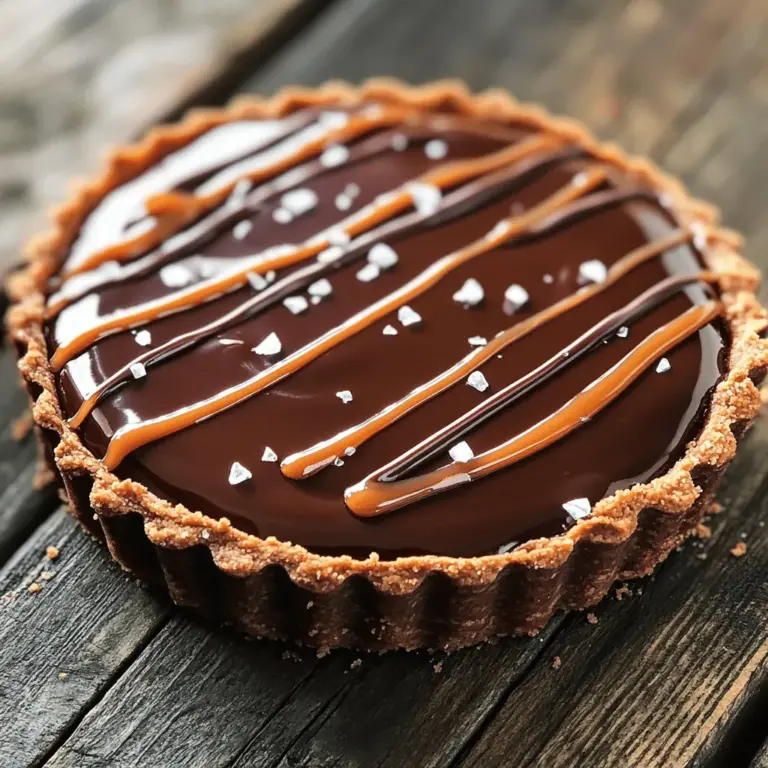 Um eine köstliche salted caramel chocolate tart zu machen, brauchen wir frische und einfache Zutaten. Hier ist die Liste der Zutaten, die du sammeln solltest: - 1 1/4 Tassen Weizenmehl - 1/2 Tasse ungesüßtes Kakaopulver - 1/2 Tasse Puderzucker - 1/2 Tasse ungesalzene Butter, weich - 1 großes Eigelb - 1/4 Teelöffel Salz - 1/2 Tasse kristalliner Zucker - 1/4 Tasse Schlagsahne - 1/4 Tasse ungesalzene Butter (für das Karamell) - 1 Teelöffel Vanilleextrakt - 1/2 Teelöffel Meersalz (zum Garnieren) - 3/4 Tasse semi-süße Schokoladenstückchen Diese Zutaten sind der Schlüssel zu einem tollen Geschmack. Jedes Element bringt etwas Einzigartiges in die Tarte. Das Weizenmehl und Kakaopulver sorgen für die Basis. Die Butter macht den Teig geschmeidig und lecker. Das gesalzene Karamell verleiht der Tarte den besonderen Kick. Du kannst die Zutaten in einem Supermarkt oder online finden. Achte darauf, frische Zutaten zu verwenden. Qualität zählt! Für das beste Ergebnis nutze ungesalzene Butter und hochwertige Schokolade. Wenn du alles hast, können wir mit der Zubereitung beginnen. Du findest die vollständige Anleitung in der [Full Recipe]. Zuerst mische die trockenen Zutaten. Du benötigst 1 1/4 Tassen Weizenmehl, 1/2 Tasse Kakaopulver und 1/2 Tasse Puderzucker. Gib diese in eine große Schüssel. Rühre sie gut um. Jetzt fügst du 1/2 Tasse weiche Butter, 1 großes Eigelb und 1/4 Teelöffel Salz hinzu. Mische alles, bis ein glatter Teig entsteht. Wickele den Teig in Frischhaltefolie und lasse ihn 30 Minuten im Kühlschrank ruhen. Heize deinen Backofen auf 175°C vor. Nimm den gekühlten Teig aus dem Kühlschrank. Rolle ihn auf einer bemehlten Fläche aus. Achte darauf, dass der Teig nicht zu dünn wird. Übertrage den Teig in eine Tartform. Drücke ihn gleichmäßig am Boden und an den Seiten an. Steche mit einer Gabel Löcher in den Boden. Lege Backpapier darauf und backe den Teig 15-20 Minuten. Lass den Boden komplett abkühlen. Jetzt kommt der spannende Teil! In einem mittelgroßen Topf erhitze 1/2 Tasse kristallinen Zucker mit einem Spritzer Wasser. Lass es kochen, ohne zu rühren, bis der Zucker eine schöne bernsteinfarbene Farbe hat. Dann vorsichtig 1/4 Tasse Schlagsahne und 1/4 Tasse ungesalzene Butter hinzufügen. Rühre, bis die Mischung glatt ist. Nimm den Topf vom Herd und gib 1 Teelöffel Vanilleextrakt dazu. Fülle nach dem Abkühlen den Tartboden mit dem gesalzenen Karamell. Verteile es gleichmäßig. Stelle die Tarte für 30 Minuten in den Kühlschrank. So wird das Karamell fest und lecker. In einer mikrowellengeeigneten Schüssel schmelze 3/4 Tasse semi-süße Schokoladenstückchen. Mach dies in 30-Sekunden-Intervallen und rühre zwischendurch. Wenn die Schokolade glatt ist, gieße sie über die Karamellschicht. Verwende einen Spatel, um die Schokolade gleichmäßig zu verteilen. Streue 1/2 Teelöffel Meersalz über die Schokoladenschicht. Stelle die Tarte erneut in den Kühlschrank, sodass sie mindestens eine Stunde fest wird. Für die vollständige Anleitung besuche die [Full Recipe]. - Richtig ausrollen und formen: Rollen Sie den Teig gleichmäßig aus. Nutzen Sie etwas Mehl, damit der Teig nicht kleben bleibt. Achten Sie darauf, dass er nicht zu dünn wird. Der Boden sollte gut in die Form passen. - Backzeit im Auge behalten: Backen Sie den Tartboden für 15 bis 20 Minuten. Er sollte fest, aber nicht zu braun sein. Überprüfen Sie ihn regelmäßig, um ein Überbacken zu vermeiden. - Kontrolle der Temperatur: Kochen Sie den Zucker bei mittlerer Hitze. Warten Sie, bis er zu schmelzen beginnt, bevor Sie ihn rühren. Achten Sie darauf, dass die Farbe goldbraun wird. Das bedeutet, dass das Karamell bereit ist. - Rühren beim Hinzufügen von Sahne: Fügen Sie die Sahne langsam hinzu, während Sie rühren. Dies verhindert Klumpen und sorgt für eine glatte Karamellsoße. Seien Sie vorsichtig, da es spritzen kann. - Mikrowellen-Technik: Schmelzen Sie die Schokoladenstückchen in der Mikrowelle. Stellen Sie die Leistung auf 50 % und schmelzen Sie sie in 30-Sekunden-Intervallen. Rühren Sie zwischen den Intervallen um. - Vermeidung von Klumpen: Achten Sie darauf, dass keine Wassertröpfchen in die Schokolade gelangen. Das kann die Schokolade klumpig machen. Verwenden Sie eine saubere Schüssel und einen trockenen Spatel. Für das komplette Rezept können Sie die [Full Recipe] ansehen. {{image_4}} Für eine vegane Version der Tarte tauschen Sie die Butter und Sahne aus. Verwenden Sie vegane Butter und pflanzliche Sahne. Diese Alternativen bieten einen ähnlichen Geschmack und eine cremige Textur. So bleibt die Tarte köstlich und tierfreundlich. Wenn Sie glutenfrei essen möchten, verwenden Sie glutenfreies Mehl. Achten Sie darauf, die Menge anzupassen. Glutenfreies Mehl absorbiert oft mehr Flüssigkeit. Experimentieren Sie mit verschiedenen Marken, um die beste Konsistenz zu finden. Fügen Sie Kaffee oder Nüsse für einen besonderen Kick hinzu. Ein Schuss Espresso verstärkt den Schokoladengeschmack. Nüsse wie Mandeln oder Walnüsse bringen Crunch und Tiefe. Zimt kann ebenfalls eine besondere Note geben. Eine Prise Zimt hebt die Aromen hervor und macht die Tarte einzigartig. Die gesalzene Karamell-Schokoladentarte ist ein echter Genuss. Um den besten Geschmack zu erhalten, bewahre sie im Kühlschrank auf. Der Kühlschrank hält die Tarte frisch und lecker. Stelle sicher, dass du die Tarte in einem luftdichten Behälter aufbewahrst. So bleibt sie vor Gerüchen und Feuchtigkeit geschützt. Die Haltbarkeit beträgt etwa fünf Tage. Nach dieser Zeit kann der Geschmack nachlassen. Achte darauf, die Tarte vor dem Servieren zu prüfen. Wenn sie trocken oder hart wird, ist es besser, sie nicht mehr zu essen. Bevor du die Tarte servierst, nimm sie rechtzeitig aus dem Kühlschrank. Lass sie etwa 15 bis 20 Minuten bei Raumtemperatur stehen. Dies hilft, die Aromen zu entfalten. Eine Tarte, die zu kalt ist, kann den Geschmack mindern. Die ideale Serviertemperatur liegt bei Zimmertemperatur. So schmeckt die Schokolade besser und das Karamell bleibt weich. Wenn du die Tarte direkt aus dem Kühlschrank servierst, kann sie hart und schwer zu schneiden sein. Die Tarte hält sich gut bis zu fünf Tage. Bewahre sie in einem luftdichten Behälter auf. So bleibt der Geschmack frisch. Achte darauf, die Tarte vor dem Servieren kurz auf Zimmertemperatur zu bringen. Ja, du kannst die Tarte einfrieren. Schneide sie in Stücke und lege sie in einen Gefrierbeutel. Achte darauf, die Luft herauszudrücken. So bleibt die Tarte bis zu drei Monate haltbar. Zum Auftauen lege die Tarte über Nacht in den Kühlschrank. Um das Karamell perfekt zu machen, achte auf die Temperatur. Lass den Zucker bei mittlerer Hitze schmelzen, ohne zu rühren. Wenn er goldbraun ist, füge Sahne und Butter vorsichtig hinzu. Rühre schnell, bis die Mischung glatt ist. Ja, du kannst die Schokolade ersetzen. Verwende weiße Schokolade oder Zartbitter für einen anderen Geschmack. Achte darauf, dass die Konsistenz ähnlich bleibt. So passt die Schokolade gut zur Tarte. Schneide die Tarte mit einem scharfen Messer. Tauche das Messer vorher in heißes Wasser. So wird der Schnitt sauber und die Schichten bleiben intakt. Wiederhole das für jedes Stück. Zusammenfassend haben wir die Schritte zur Herstellung einer köstlichen Tarte besprochen. Wir starteten mit den Zutaten, gefolgt von klaren Anleitungen zur Teig- und Karamellzubereitung. Tipps helfen dabei, perfekte Ergebnisse zu erzielen. Außerdem gibt es Variationen, die auf verschiedene Ernährungsbedürfnisse eingehen. Überlege, welche Aromen du hinzufügen möchtest. Genieße das Backen und teile deine Kreation mit anderen! Eine gut gemachte Tarte ist immer ein Hit.