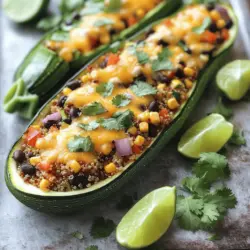 Für die Zucchini-Boote brauchen Sie frische und gesunde Zutaten. Hier ist, was Sie benötigen: - 4 mittelgroße Zucchinis - 1 Tasse gekochter Quinoa - 1 Tasse schwarze Bohnen, abgespült und abgetropft - 1 Tasse gewürfelte Paprika (jede Farbe) - 1/2 Tasse Maiskörner (frisch oder gefroren) - 1/4 Tasse gewürfelte rote Zwiebel - 1 Teelöffel gemahlener Kreuzkümmel - 1 Teelöffel geräuchertes Paprika - 1/2 Teelöffel Knoblauchpulver - Salz und Pfeffer nach Geschmack - 1 Tasse geriebener Käse (Cheddar oder Mozzarella) - 1/4 Tasse frischer Koriander, gehackt (zum Garnieren) - 1 Limette, in Spalten geschnitten (zum Servieren) Diese Zutaten machen die Zucchini-Boote lecker und nahrhaft. Sie bieten eine gute Balance aus Proteinen, Gemüse und Geschmack. Um die Zucchini-Boote zuzubereiten, brauchen Sie einige Küchenutensilien: - Ein scharfes Messer - Ein Esslöffel zum Aushöhlen der Zucchini - Eine große Schüssel zum Mischen der Füllung - Ein Backblech mit Backpapier - Ein Ofen zum Backen der gefüllten Zucchini Diese Utensilien helfen Ihnen, die Zucchini-Boote einfach und schnell zuzubereiten. Die Nährstoffe dieser Zucchini-Boote sind wichtig für Ihre Gesundheit. Hier sind einige Nährwertangaben: - Zucchini: reich an Wasser und wenig Kalorien - Quinoa: voller Proteine und Ballaststoffe - Schwarze Bohnen: gut für das Herz und reich an Eisen - Paprika: enthält viele Vitamine, vor allem Vitamin C - Mais: liefert Energie und Ballaststoffe - Käse: bietet Kalzium und Geschmack Diese Kombination aus Zutaten macht die Zucchini-Boote nicht nur köstlich, sondern auch sehr gesund. Wenn Sie mehr über das Rezept erfahren möchten, schauen Sie sich die Full Recipe an. Zuerst heizen Sie Ihren Ofen auf 190°C vor. Nehmen Sie die Zucchinis und schneiden Sie sie der Länge nach in zwei Hälften. Nutzen Sie einen Löffel, um die Kerne vorsichtig zu entfernen. Achten Sie darauf, etwa 1/4 Zoll Fruchtfleisch stehen zu lassen. So formen Sie kleine Boote, die bereit sind, gefüllt zu werden. In einer großen Schüssel mischen Sie den gekochten Quinoa, die schwarzen Bohnen, die gewürfelten Paprika, den Mais und die rote Zwiebel. Fügen Sie dann den gemahlenen Kreuzkümmel, das geräucherte Paprika, das Knoblauchpulver, Salz und Pfeffer hinzu. Rühren Sie alles gut um, bis die Zutaten gleichmäßig verteilt sind. Diese Mischung wird die Hauptfüllung für Ihre Zucchini-Boote. Füllen Sie jede Zucchini großzügig mit der vorbereiteten Mischung. Drücken Sie die Füllung leicht an, um sicherzustellen, dass alles gut verpackt ist. Platzieren Sie die gefüllten Zucchini-Boote auf ein mit Backpapier belegtes Backblech. Streuen Sie den geriebenen Käse gleichmäßig darüber. Lassen Sie die Zucchini für 25-30 Minuten im Ofen backen. Sie sind fertig, wenn die Zucchini zart sind und der Käse schmilzt. Garnieren Sie die Boote mit frischem Koriander und genießen Sie sie warm mit Limettenspalten. Für das gesamte Rezept, schauen Sie sich die Full Recipe an. Wählen Sie Zucchini, die fest und glänzend sind. Vermeiden Sie Zucchini mit weichen Stellen oder Flecken. Die Farbe sollte gleichmäßig grün sein. Kleine bis mittelgroße Zucchini sind am besten. Sie haben mehr Geschmack und eine zarte Textur. Schneiden Sie die Zucchini der Länge nach auf, um die Boote zu formen. Achten Sie darauf, nicht zu viel Fruchtfleisch zu entfernen. Sie brauchen etwas, um die Füllung zu halten. Sie können die Füllung nach Ihrem Geschmack anpassen. Fügen Sie zum Beispiel gewürfelte Tomaten oder Spinat hinzu. Für einen schärferen Geschmack können Sie Jalapeños verwenden. Mögen Sie es herzhaft? Probieren Sie braunes Hackfleisch oder Tofu. Auch verschiedene Käsesorten sind möglich. Feta oder Ziegenkäse bringen eine neue Note. Experimentieren Sie mit Kräutern wie Basilikum oder Thymian für zusätzlichen Geschmack. Ein häufiger Fehler ist, die Zucchini zu lange zu backen. Achten Sie darauf, dass sie zart, aber nicht matschig sind. Zu viel Füllung kann die Zucchini zum Überlaufen bringen. Packen Sie die Mischung gut, aber nicht zu fest. Verwenden Sie frische Zutaten für den besten Geschmack. Lagern Sie Reste im Kühlschrank, aber nicht zu lange. Überprüfen Sie die Füllung vor dem Servieren auf die richtige Konsistenz. {{image_4}} Wenn Sie eine vegane Variante der Zucchini-Boote möchten, können Sie den Käse einfach weglassen. Stattdessen nutzen Sie Nährhefe. Diese gibt einen leckeren, käsigen Geschmack, ohne tierische Produkte. Für die Füllung können Sie zusätzlich Tofu oder Tempeh verwenden. Sie sind tolle Proteinquellen und geben einen guten Biss. Um glutenfreie Zucchini-Boote zu machen, verwenden Sie Quinoa oder glutenfreien Reis. Diese Körner sind geschmackvoll und nahrhaft. Achten Sie darauf, dass alle anderen Zutaten auch glutenfrei sind. Zum Beispiel, verwenden Sie glutenfreie Salsa oder Gewürze. So bleibt Ihr Gericht frei von Gluten. Die Füllung kann mit vielen Zutaten variieren. Sie können Linsen, Kichererbsen oder sogar Reis verwenden. Frisches Gemüse wie Spinat oder Zucchini kann ebenfalls hinzugefügt werden. Experimentieren Sie mit verschiedenen Kräutern und Gewürzen. Zum Beispiel, frischer Basilikum oder Oregano geben einen tollen Geschmack. Schauen Sie sich das [Full Recipe](#) an, um neue Ideen zu finden. Wenn Sie Zucchini-Boote übrig haben, können Sie sie einfach aufbewahren. Lassen Sie die gefüllten Zucchini abkühlen. Legen Sie sie dann in einen luftdichten Behälter. So bleiben sie frisch. Im Kühlschrank halten sie sich etwa drei bis vier Tage. Ich empfehle, die Zucchini-Boote nicht länger aufzubewahren. Sie schmecken am besten frisch. Um die gefüllten Zucchini-Boote aufzuwärmen, nutzen Sie den Ofen. Heizen Sie ihn auf 180°C vor. Legen Sie die Zucchini-Boote auf ein Backblech. Decken Sie sie mit Folie ab. So trocknen sie nicht aus. Backen Sie sie für etwa 15 bis 20 Minuten. Alternativ können Sie die Zucchini auch in der Mikrowelle aufwärmen. Stellen Sie die Leistung niedrig ein und erwärmen Sie sie in 1-Minuten-Schritten. Das Einfrieren von gefüllten Zucchini-Boote ist eine tolle Idee. Sie können sie für später aufbewahren. Füllen Sie die Zucchini-Boote und lassen Sie sie abkühlen. Wickeln Sie jede Zucchini in Frischhaltefolie. Legen Sie sie dann in einen Gefrierbeutel. So bleiben sie bis zu drei Monate frisch. Zum Auftauen einfach über Nacht im Kühlschrank lassen. Backen Sie sie dann wie gewohnt. Probieren Sie es aus, es macht das Kochen einfacher! Gefüllte Zucchini-Boote bleiben im Kühlschrank etwa 3 bis 5 Tage frisch. Lagern Sie sie in einem luftdichten Behälter. Wenn Sie die Zucchini-Boote einfrieren, sind sie bis zu 3 Monate haltbar. Achten Sie darauf, sie gut zu verpacken, um Gefrierbrand zu vermeiden. Ja, Sie können die Füllung im Voraus zubereiten. Bereiten Sie die Mischung aus Quinoa, Bohnen und Gemüse bis zu 2 Tage vorher zu. Bewahren Sie sie im Kühlschrank auf. Wenn Sie bereit sind, die Zucchini-Boote zu füllen, müssen Sie die Mischung nur aufwärmen und dann in die Zucchini füllen. Zucchini-Boote passen hervorragend zu einem frischen Salat oder einer Gemüsesuppe. Sie können auch Reis oder Quinoa als Beilage servieren. Ein einfacher Joghurt-Dip oder Guacamole ergänzt das Gericht gut. Für mehr Geschmack fügen Sie frische Kräuter oder Zitrusfrüchte hinzu. Zusammenfassend haben wir die Hauptzutaten und Utensilien für Zucchini-Boote besprochen. Ich habe dir gezeigt, wie du die Zucchini vorbereitest, die Füllung zubereitest und die Boote backst. Zudem haben wir wertvolle Tipps gegeben, um Fehler zu vermeiden und Variationen auszuprobieren. Denke daran, dass du gefüllte Zucchini-Boote auf verschiedene Arten aufbewahren kannst. Diese leckeren und gesunden Boote sind einfach zuzubereiten und bieten viel Platz für Kreativität. Probiere es aus und genieße die Vielfalt in deiner Küche!