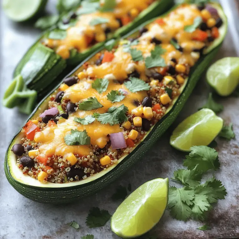 Für die Zucchini-Boote brauchen Sie frische und gesunde Zutaten. Hier ist, was Sie benötigen: - 4 mittelgroße Zucchinis - 1 Tasse gekochter Quinoa - 1 Tasse schwarze Bohnen, abgespült und abgetropft - 1 Tasse gewürfelte Paprika (jede Farbe) - 1/2 Tasse Maiskörner (frisch oder gefroren) - 1/4 Tasse gewürfelte rote Zwiebel - 1 Teelöffel gemahlener Kreuzkümmel - 1 Teelöffel geräuchertes Paprika - 1/2 Teelöffel Knoblauchpulver - Salz und Pfeffer nach Geschmack - 1 Tasse geriebener Käse (Cheddar oder Mozzarella) - 1/4 Tasse frischer Koriander, gehackt (zum Garnieren) - 1 Limette, in Spalten geschnitten (zum Servieren) Diese Zutaten machen die Zucchini-Boote lecker und nahrhaft. Sie bieten eine gute Balance aus Proteinen, Gemüse und Geschmack. Um die Zucchini-Boote zuzubereiten, brauchen Sie einige Küchenutensilien: - Ein scharfes Messer - Ein Esslöffel zum Aushöhlen der Zucchini - Eine große Schüssel zum Mischen der Füllung - Ein Backblech mit Backpapier - Ein Ofen zum Backen der gefüllten Zucchini Diese Utensilien helfen Ihnen, die Zucchini-Boote einfach und schnell zuzubereiten. Die Nährstoffe dieser Zucchini-Boote sind wichtig für Ihre Gesundheit. Hier sind einige Nährwertangaben: - Zucchini: reich an Wasser und wenig Kalorien - Quinoa: voller Proteine und Ballaststoffe - Schwarze Bohnen: gut für das Herz und reich an Eisen - Paprika: enthält viele Vitamine, vor allem Vitamin C - Mais: liefert Energie und Ballaststoffe - Käse: bietet Kalzium und Geschmack Diese Kombination aus Zutaten macht die Zucchini-Boote nicht nur köstlich, sondern auch sehr gesund. Wenn Sie mehr über das Rezept erfahren möchten, schauen Sie sich die Full Recipe an. Zuerst heizen Sie Ihren Ofen auf 190°C vor. Nehmen Sie die Zucchinis und schneiden Sie sie der Länge nach in zwei Hälften. Nutzen Sie einen Löffel, um die Kerne vorsichtig zu entfernen. Achten Sie darauf, etwa 1/4 Zoll Fruchtfleisch stehen zu lassen. So formen Sie kleine Boote, die bereit sind, gefüllt zu werden. In einer großen Schüssel mischen Sie den gekochten Quinoa, die schwarzen Bohnen, die gewürfelten Paprika, den Mais und die rote Zwiebel. Fügen Sie dann den gemahlenen Kreuzkümmel, das geräucherte Paprika, das Knoblauchpulver, Salz und Pfeffer hinzu. Rühren Sie alles gut um, bis die Zutaten gleichmäßig verteilt sind. Diese Mischung wird die Hauptfüllung für Ihre Zucchini-Boote. Füllen Sie jede Zucchini großzügig mit der vorbereiteten Mischung. Drücken Sie die Füllung leicht an, um sicherzustellen, dass alles gut verpackt ist. Platzieren Sie die gefüllten Zucchini-Boote auf ein mit Backpapier belegtes Backblech. Streuen Sie den geriebenen Käse gleichmäßig darüber. Lassen Sie die Zucchini für 25-30 Minuten im Ofen backen. Sie sind fertig, wenn die Zucchini zart sind und der Käse schmilzt. Garnieren Sie die Boote mit frischem Koriander und genießen Sie sie warm mit Limettenspalten. Für das gesamte Rezept, schauen Sie sich die Full Recipe an. Wählen Sie Zucchini, die fest und glänzend sind. Vermeiden Sie Zucchini mit weichen Stellen oder Flecken. Die Farbe sollte gleichmäßig grün sein. Kleine bis mittelgroße Zucchini sind am besten. Sie haben mehr Geschmack und eine zarte Textur. Schneiden Sie die Zucchini der Länge nach auf, um die Boote zu formen. Achten Sie darauf, nicht zu viel Fruchtfleisch zu entfernen. Sie brauchen etwas, um die Füllung zu halten. Sie können die Füllung nach Ihrem Geschmack anpassen. Fügen Sie zum Beispiel gewürfelte Tomaten oder Spinat hinzu. Für einen schärferen Geschmack können Sie Jalapeños verwenden. Mögen Sie es herzhaft? Probieren Sie braunes Hackfleisch oder Tofu. Auch verschiedene Käsesorten sind möglich. Feta oder Ziegenkäse bringen eine neue Note. Experimentieren Sie mit Kräutern wie Basilikum oder Thymian für zusätzlichen Geschmack. Ein häufiger Fehler ist, die Zucchini zu lange zu backen. Achten Sie darauf, dass sie zart, aber nicht matschig sind. Zu viel Füllung kann die Zucchini zum Überlaufen bringen. Packen Sie die Mischung gut, aber nicht zu fest. Verwenden Sie frische Zutaten für den besten Geschmack. Lagern Sie Reste im Kühlschrank, aber nicht zu lange. Überprüfen Sie die Füllung vor dem Servieren auf die richtige Konsistenz. {{image_4}} Wenn Sie eine vegane Variante der Zucchini-Boote möchten, können Sie den Käse einfach weglassen. Stattdessen nutzen Sie Nährhefe. Diese gibt einen leckeren, käsigen Geschmack, ohne tierische Produkte. Für die Füllung können Sie zusätzlich Tofu oder Tempeh verwenden. Sie sind tolle Proteinquellen und geben einen guten Biss. Um glutenfreie Zucchini-Boote zu machen, verwenden Sie Quinoa oder glutenfreien Reis. Diese Körner sind geschmackvoll und nahrhaft. Achten Sie darauf, dass alle anderen Zutaten auch glutenfrei sind. Zum Beispiel, verwenden Sie glutenfreie Salsa oder Gewürze. So bleibt Ihr Gericht frei von Gluten. Die Füllung kann mit vielen Zutaten variieren. Sie können Linsen, Kichererbsen oder sogar Reis verwenden. Frisches Gemüse wie Spinat oder Zucchini kann ebenfalls hinzugefügt werden. Experimentieren Sie mit verschiedenen Kräutern und Gewürzen. Zum Beispiel, frischer Basilikum oder Oregano geben einen tollen Geschmack. Schauen Sie sich das [Full Recipe](#) an, um neue Ideen zu finden. Wenn Sie Zucchini-Boote übrig haben, können Sie sie einfach aufbewahren. Lassen Sie die gefüllten Zucchini abkühlen. Legen Sie sie dann in einen luftdichten Behälter. So bleiben sie frisch. Im Kühlschrank halten sie sich etwa drei bis vier Tage. Ich empfehle, die Zucchini-Boote nicht länger aufzubewahren. Sie schmecken am besten frisch. Um die gefüllten Zucchini-Boote aufzuwärmen, nutzen Sie den Ofen. Heizen Sie ihn auf 180°C vor. Legen Sie die Zucchini-Boote auf ein Backblech. Decken Sie sie mit Folie ab. So trocknen sie nicht aus. Backen Sie sie für etwa 15 bis 20 Minuten. Alternativ können Sie die Zucchini auch in der Mikrowelle aufwärmen. Stellen Sie die Leistung niedrig ein und erwärmen Sie sie in 1-Minuten-Schritten. Das Einfrieren von gefüllten Zucchini-Boote ist eine tolle Idee. Sie können sie für später aufbewahren. Füllen Sie die Zucchini-Boote und lassen Sie sie abkühlen. Wickeln Sie jede Zucchini in Frischhaltefolie. Legen Sie sie dann in einen Gefrierbeutel. So bleiben sie bis zu drei Monate frisch. Zum Auftauen einfach über Nacht im Kühlschrank lassen. Backen Sie sie dann wie gewohnt. Probieren Sie es aus, es macht das Kochen einfacher! Gefüllte Zucchini-Boote bleiben im Kühlschrank etwa 3 bis 5 Tage frisch. Lagern Sie sie in einem luftdichten Behälter. Wenn Sie die Zucchini-Boote einfrieren, sind sie bis zu 3 Monate haltbar. Achten Sie darauf, sie gut zu verpacken, um Gefrierbrand zu vermeiden. Ja, Sie können die Füllung im Voraus zubereiten. Bereiten Sie die Mischung aus Quinoa, Bohnen und Gemüse bis zu 2 Tage vorher zu. Bewahren Sie sie im Kühlschrank auf. Wenn Sie bereit sind, die Zucchini-Boote zu füllen, müssen Sie die Mischung nur aufwärmen und dann in die Zucchini füllen. Zucchini-Boote passen hervorragend zu einem frischen Salat oder einer Gemüsesuppe. Sie können auch Reis oder Quinoa als Beilage servieren. Ein einfacher Joghurt-Dip oder Guacamole ergänzt das Gericht gut. Für mehr Geschmack fügen Sie frische Kräuter oder Zitrusfrüchte hinzu. Zusammenfassend haben wir die Hauptzutaten und Utensilien für Zucchini-Boote besprochen. Ich habe dir gezeigt, wie du die Zucchini vorbereitest, die Füllung zubereitest und die Boote backst. Zudem haben wir wertvolle Tipps gegeben, um Fehler zu vermeiden und Variationen auszuprobieren. Denke daran, dass du gefüllte Zucchini-Boote auf verschiedene Arten aufbewahren kannst. Diese leckeren und gesunden Boote sind einfach zuzubereiten und bieten viel Platz für Kreativität. Probiere es aus und genieße die Vielfalt in deiner Küche!