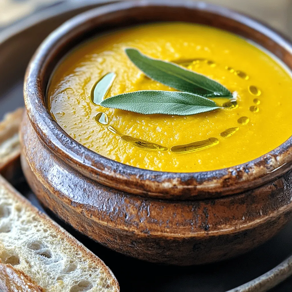 Für die herzhafte Kürbissuppe mit Salbei brauchst du diese Zutaten: - 4 Tassen Kürbispüree (frisch oder aus der Dose) - 1 mittelgroße Zwiebel, gehackt - 2 Knoblauchzehen, fein gehackt - 1 Teelöffel getrockneter Salbei - 1/2 Teelöffel gemahlene Muskatnuss - 4 Tassen Gemüsebrühe - 1 Tasse Kokosmilch (oder Schlagsahne für einen reichhaltigeren Geschmack) - 2 Esslöffel Olivenöl - Salz und Pfeffer nach Geschmack - Frische Salbeiblätter zur Garnitur - Krustiges Brot zum Servieren Frische Zutaten bringen mehr Geschmack. Die Zwiebel und der Knoblauch geben der Suppe Tiefe. Frischer Salbei hat ein starkes Aroma. Wenn du keinen frischen Salbei hast, benutze getrockneten. Das reicht auch aus. Die Muskatnuss verleiht Wärme. Sie passt gut zum Kürbis. Verwende die Kokosmilch für eine cremige Textur. Schlagsahne ist eine gute Alternative, wenn du es reichhaltiger magst. Wenn du Kürbispüree nicht findest, probiere Butternut-Kürbis. Koche ihn weich und püriere ihn. Gemüsebrühe kann durch Hühnerbrühe ersetzt werden. Das gibt einen anderen Geschmack. Anstelle von Olivenöl kannst du auch Butter verwenden. Sie gibt der Suppe einen reichen, buttrigen Geschmack. Wenn du keine Kokosmilch magst, nimm Mandelmilch. Sie ist eine gute, leichte Wahl. Zuerst erhitze das Olivenöl in einem großen Topf. Stelle die Hitze auf mittel. Füge die gehackte Zwiebel hinzu. Dünste sie, bis sie weich wird, etwa fünf Minuten. Dann gib den fein gehackten Knoblauch dazu. Koche das Ganze eine weitere Minute, bis es gut riecht. Jetzt ist es Zeit für das Kürbispüree. Gib es zusammen mit dem getrockneten Salbei und der Muskatnuss in den Topf. Rühre alles gut um, bis sich die Zutaten vermischen. Jetzt kommt der spannende Teil! Gieße die Gemüsebrühe in den Topf und bringe die Mischung zum Köcheln. Lass die Suppe etwa 15 bis 20 Minuten köcheln. Dies gibt den Aromen Zeit, sich zu verbinden. Wenn die Suppe fertig ist, püriere sie mit einem Stabmixer. Achte darauf, dass die Konsistenz glatt wird. Wenn du keinen Stabmixer hast, kannst du die Suppe in einem normalen Mixer pürieren. Fülle den Mixer nur halb voll, um ein Überlaufen zu verhindern. Sobald die Suppe püriert ist, rühre die Kokosmilch ein. Dies macht die Suppe reichhaltiger und cremiger. Jetzt ist die Zeit zu würzen. Füge Salz und Pfeffer nach Geschmack hinzu. Probiere die Suppe, um sicherzugehen, dass sie dir gefällt. Wenn du einen stärkeren Geschmack magst, füge mehr Salbei oder Muskatnuss hinzu. Erwärme die Suppe für etwa fünf Minuten. So werden die Aromen noch intensiver. Jetzt kannst du die Suppe heiß servieren, garniert mit frischen Salbeiblättern. Du kannst auch krustiges Brot dazu reichen. Wenn du das vollständige Rezept sehen möchtest, schau dir das Full Recipe an. Um den besten Geschmack aus deiner Kürbissuppe zu holen, nutze frische Zutaten. Röste die Zwiebeln und den Knoblauch in Olivenöl. Das bringt süße und tiefe Aromen. Du kannst auch den Kürbis leicht anrösten, bevor du ihn pürierst. Das verstärkt den Geschmack noch mehr. Probiere, die Gewürze wie Salbei und Muskatnuss kurz anzurösten, um ihre Aromen zu entfalten. Ein häufiger Fehler ist, die Suppe nicht lange genug zu köcheln. Lasse die Suppe mindestens 15 Minuten köcheln. Das hilft, die Aromen zu vereinen. Achte darauf, die Brühe nicht zu salzig zu machen. Die Kokosmilch gibt der Suppe schon einen guten Geschmack. Überpüriere die Suppe nicht; eine samtige Textur ist das Ziel. Die Garnitur macht viel aus. Frische Salbeiblätter bringen Farbe und Geschmack. Brate die Blätter kurz in Olivenöl, bevor du sie hinzufügst. Das gibt einen tollen Crunch. Du kannst auch einen Schuss Kokosmilch oben drauf geben. Das sieht schön aus und schmeckt lecker. Serviere die Suppe mit krustigem Brot. Das rundet das Gericht ab und macht es herzhaft. Für mehr Details schau dir das Full Recipe an. {{image_4}} Wenn du Allergien hast, gibt es viele Alternativen. Du kannst Kokosmilch durch Mandelmilch ersetzen. Sojamilch ist auch eine gute Wahl. Achte darauf, glutenfreies Brot zu servieren. Verwende frische Kräuter, wenn du Salbei nicht verträgst. Petersilie oder Thymian passen gut zu Kürbis. Diese Optionen halten den Geschmack frisch und lecker. Die Kürbissuppe ist leicht vegan zu machen. Verwende einfach Gemüsebrühe statt Hühnerbrühe. Die Kokosmilch gibt der Suppe eine cremige Textur. Du kannst auch Cashewcreme für eine reichhaltige Variante nutzen. Ein Spritzer Zitronensaft bringt Frische in die Suppe. So bleibt das Rezept voll pflanzlich und sehr schmackhaft. Jede Region hat ihre eigenen Zutaten. In Italien kannst du Parmesan oder Pecorino hinzufügen. In Mexiko mische Chili oder Koriander für einen scharfen Kick. In Deutschland könnte ein Schuss Apfelwein die Süße des Kürbisses betonen. Experimentiere mit regionalen Gewürzen wie Kümmel oder Majoran. So kreierst du eine persönliche Note in deiner Suppe. Kürbissuppe bleibt frisch, wenn du sie richtig lagerst. Lass die Suppe abkühlen, bevor du sie in einen luftdichten Behälter füllst. So vermeidest du Kondenswasser. Bewahre sie im Kühlschrank auf. Achte darauf, dass die Suppe nicht länger als drei Tage steht. Wenn du die Suppe länger aufbewahren möchtest, friere sie ein. Teile die Suppe in Portionen auf, bevor du sie in gefriergeeignete Behälter gibst. So kannst du nur das auftauen, was du willst. Zum Auftauen stelle die gefrorene Suppe einfach über Nacht in den Kühlschrank. Du kannst sie auch in der Mikrowelle auftauen. Erhitze die Suppe gut, bevor du sie servierst. Im Kühlschrank hält sich die Kürbissuppe etwa drei Tage. Wenn du sie länger aufbewahren möchtest, friere sie ein. Achte auf Geruch und Aussehen. Wenn die Suppe komisch riecht oder sich die Farbe ändert, wirf sie weg. So bleibst du gesund und genießt immer frische Kürbissuppe. Um die beste Kürbissuppe zu machen, beginne mit frischem Kürbis. Frische Zutaten geben den besten Geschmack. Du kannst auch Kürbispüree aus der Dose verwenden, wenn du es eilig hast. Karamellisiere die Zwiebeln gut, um Tiefe im Geschmack zu erzielen. Füge frische Kräuter wie Salbei hinzu, um die Aromen zu verstärken. Püriere die Suppe, bis sie glatt ist. Dies sorgt für die perfekte Konsistenz. Als Beilage empfehle ich krustiges Brot. Es passt gut zur cremigen Suppe. Du kannst auch einen frischen Salat servieren, um etwas Knackigkeit hinzuzufügen. Ein wenig geröstete Kürbiskerne kann ebenfalls eine tolle Ergänzung sein. Sie bringen Textur und Geschmack. Wenn du etwas Besonderes möchtest, serviere einen Klecks Joghurt oder frische Sahne oben auf der Suppe. Dieses Rezept ergibt vier Portionen. Es ist perfekt für eine kleine Familie oder ein Treffen mit Freunden. Wenn du mehr brauchst, kannst du die Zutaten einfach verdoppeln. So hast du genug für alle. Die Suppe lässt sich auch gut aufbewahren, wenn du Reste hast. In diesem Artikel haben wir die besten Zutaten für eine köstliche Kürbissuppe erkundet. Du kennst nun frische und getrocknete Optionen sowie Ersatzprodukte. Die Schritt-für-Schritt-Anleitung hilft dir, die Suppe perfekt zuzubereiten. Du hast wertvolle Tipps bekommen, Fehler zu vermeiden. Zu guter Letzt hast du Variationen und Lagerinformationen gelernt. Nutze dieses Wissen, um deine Küche zu bereichern. Deine Kürbissuppe wird großartig sein!