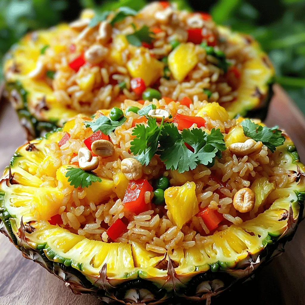 Für einen köstlichen Ananas gebratenen Reis brauchst du: - 2 Tassen gekochter Jasminreis (am besten vom Vortag) - 1 reife Ananas, halbiert und das Fruchtfleisch in Stücke geschnitten - 1 Tasse gemischtes Gemüse (Erbsen, Möhren, Mais) - 1 rote Paprika, gewürfelt - 1 kleine Zwiebel, fein gehackt - 2 Zehen Knoblauch, gehackt - 2 Esslöffel Sojasoße - 1 Esslöffel Sesamöl - 1 Teelöffel Currypulver - 2 Frühlingszwiebeln, gehackt - ½ Tasse Cashewkerne, geröstet - Salz und Pfeffer nach Geschmack - Frische Korianderblätter zur Garnierung Gemüse bringt Farbe und Geschmack in dein Gericht. Du kannst Erbsen, Möhren und Mais verwenden. Die rote Paprika gibt einen süßen Geschmack. Zwiebeln und Knoblauch sorgen für eine schöne Basis. Sojasoße bringt Umami und Currypulver verleiht dem Gericht Tiefe. Wähle eine reife Ananas aus. Die Schale sollte goldgelb und leicht weich sein. Rieche an der Basis, sie sollte süß duften. Die Blätter oben sollten grün und frisch sein. Reife Ananas hat den besten Geschmack und eine süße Note. Wenn du die beste Ananas wählst, wird dein gebratener Reis noch besser! Um die Ananas richtig vorzubereiten, halbiere sie vorsichtig. Nimm ein scharfes Messer und schneide den oberen Teil ab. Danach schneide die Ananas längs in zwei Hälften. Verwende einen Löffel, um das Fruchtfleisch herauszulösen. Lass etwa einen halben Zoll Fruchtfleisch an den Rändern stehen. Dies hilft, die Schale zu formen. Schneide das herausgenommene Fruchtfleisch in kleine Stücke. Du kannst diese später in den Reis geben. Erhitze das Sesamöl in einer großen Pfanne oder einem Wok. Achte darauf, dass die Hitze mittelhoch ist. Füge dann die fein gehackte Zwiebel und den Knoblauch hinzu. Brate sie für zwei bis drei Minuten an, bis sie duften und die Zwiebeln glasig sind. Danach gib die gewürfelte rote Paprika und das gemischte Gemüse dazu. Brate alles für drei bis vier Minuten weiter. Das Gemüse sollte zart, aber noch lebendig aussehen. Jetzt kommt der gekochte Jasminreis ins Spiel. Füge ihn zur Pfanne hinzu und vermische alles gut. Achte darauf, dass keine Klumpen bleiben. Rühre dann die Sojasoße, das Currypulver und die zerkleinerten Ananasstücke unter. Mixe alles gründlich, damit sich die Aromen gut vermischen. Schmecke das Gericht mit Salz und Pfeffer ab. Zum Schluss nimm die Pfanne vom Herd und hebe die gerösteten Cashewkerne und die gehackten Frühlingszwiebeln vorsichtig unter die Mischung. Jetzt kannst du mit dem Anrichten beginnen. Fülle die leeren Ananashälften mit dem gebratenen Reis. Garniere die Oberseiten mit frischen Korianderblättern. So sieht das Gericht nicht nur schön aus, sondern schmeckt auch fantastisch. Du kannst das ganze Rezept in der Vollversion hier finden: [Full Recipe]. Für Ananas gebratenen Reis empfehle ich Jasminreis. Er hat einen tollen Duft und eine klebrige Textur, die gut hält. Diese Eigenschaften helfen, die Aromen der anderen Zutaten einzufangen. Du kannst auch Basmati-Reis verwenden, aber der Geschmack wird leicht anders sein. Koche deinen Reis am besten einen Tag vorher. Lass ihn über Nacht im Kühlschrank stehen. Kalter Reis hat weniger Feuchtigkeit und clustert nicht. Dies hilft, Klumpen beim Braten zu vermeiden. Wenn du keinen Reis vom Vortag hast, breche den frisch gekochten Reis auf einem großen Blech auf, um ihn schneller abzukühlen. Verwende frische Zutaten für den besten Geschmack. Frische Ananas bringt Süße und Saftigkeit. Achte auch darauf, das Gemüse knackig zu halten. Überkoche es nicht. Ein spritzer Limettensaft am Ende kann die Aromen aufhellen. Für mehr Textur füge geröstete Cashews hinzu. Sie geben dem Gericht einen tollen Crunch. Tipps wie diese machen dein Gericht besonders und lecker. Du wirst sehen, wie einfach es ist, Ananas gebratenen Reis zuzubereiten. Du kannst alle diese Tricks in meinem [Full Recipe] nutzen, um dein Kocherlebnis zu verbessern. {{image_4}} Wenn du eine vegetarische oder vegane Variante von Ananas gebratenem Reis machen möchtest, gibt es viele tolle Möglichkeiten. Du kannst das Gemüse nach deinem Geschmack anpassen. Zum Beispiel sind Brokkoli, Paprika und Zucchini großartig. Verwende zusätzlich Tofu, um Protein hinzuzufügen. Schneide den Tofu in kleine Stücke und brate ihn knusprig an, bevor du das Gemüse hinzufügst. Für den Geschmack kannst du auch etwas Kokosmilch verwenden. Das macht das Gericht cremig und lecker. Wenn du mehr Protein in deinem Gericht haben möchtest, sind Huhn und Garnelen ideal. Für Huhn schneide die Brust in kleine Stücke. Brate das Huhn zuerst in der Pfanne an, bis es gar ist. Dann nimm es heraus und füge das Gemüse hinzu. Mische das Huhn später unter den Reis. Bei Garnelen ist es ähnlich. Brate sie kurz an, bis sie rosa sind. Garnelen und Reis geben dir einen tollen Geschmack. Um deinem Ananas gebratenen Reis einen besonderen Twist zu geben, probiere exotische Zutaten aus. Zum Beispiel kannst du Mango oder Papaya anstelle von Ananas verwenden. Diese Früchte bringen eine süße Note. Du kannst auch Cashewkerne durch Erdnüsse ersetzen. Diese machen den Reis noch knuspriger. Weitere Ideen sind das Hinzufügen von frischen Kräutern wie Basilikum oder Minze. Sie bringen Frische und Farbe in dein Gericht. Um Ananas gebratenen Reis frisch zu halten, bewahre ihn in einem luftdichten Behälter auf. Lass den Reis zuerst auf Raumtemperatur abkühlen. Dann decke ihn ab oder schließe den Behälter gut. So bleibt der Geschmack erhalten und der Reis wird nicht trocken. Du kannst den gebratenen Reis auch einfrieren. Teile ihn in Portionen und lege ihn in Gefrierbeutel. Drücke die Luft heraus, bevor du sie verschließt. So bleibt der Reis bis zu drei Monate frisch. Achte darauf, das Datum auf den Beuteln zu notieren. So weißt du, wann du ihn gemacht hast. Um den Reis aufzuwärmen, benutze die Mikrowelle oder eine Pfanne. Füge einen Spritzer Wasser hinzu, um ihn feucht zu halten. Erhitze den Reis bei mittlerer Hitze. Rühre ihn gut um, damit er gleichmäßig warm wird. Du kannst frische Ananasstücke oder Koriander hinzufügen, um den Geschmack aufzufrischen. So wird dein Gericht lebendig und lecker. Um Ananas gebratenen Reis vegan zu machen, ersetze die Sojasoße durch eine glutenfreie Variante. Nutze auch pflanzliche Öle wie Kokos- oder Olivenöl. Achte darauf, dass das Gemüse frisch ist und keine tierischen Produkte enthält. Anstelle von Eiern kannst du Tofu verwenden. Das macht das Gericht nahrhaft und lecker. Frischer Reis eignet sich nicht gut für gebratenen Reis. Gekochter Reis hat eine festere Textur, die beim Braten hilft. Wenn du frischen Reis verwenden möchtest, koche ihn zuerst und lasse ihn abkühlen. Das verhindert, dass der Reis klebrig wird. Am besten ist es, Reis vom Vortag zu verwenden. Ananas gebratener Reis hat seine Wurzeln in der thailändischen Küche. Viele asiatische Länder haben ähnliche Rezepte. Diese Gerichte kombinieren süße, salzige und würzige Aromen. Die Verwendung von Ananas bringt eine tropische Note. Es ist ein beliebtes Streetfood und wird oft in Restaurants serviert. Du kannst das Rezept ganz einfach zu Hause nachkochen. Siehe auch die vollständige Anleitung in dem Full Recipe. Ananas gebratener Reis ist ein leckeres und vielseitiges Gericht. Wir haben die besten Zutaten, die Schritt-für-Schritt-Anleitung und hilfreiche Tipps besprochen. Denk daran, die richtige Reissorte und frisches Gemüse auszuwählen. Du kannst das Rezept leicht anpassen, um es vegetarisch oder proteinreich zu machen. Achte auf die Aufbewahrung, damit du es lange genießen kannst. Mit unseren Tipps wird dein Gericht immer lecker und frisch. Experimentiere und finde deine eigene perfekte Mischung!