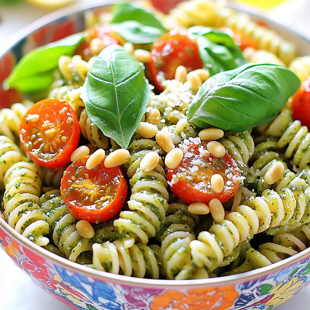 Um einen leckeren Pesto Pasta Salad zu machen, brauchen wir: - 2 Tassen Fusilli-Pasta - 1 Tasse Kirschtomaten, halbiert - 1 Tasse frische Basilikumblätter - 1/3 Tasse Pinienkerne, leicht geröstet - 1/2 Tasse geriebener Parmesan-Käse - 3 Esslöffel Olivenöl - 1 Esslöffel Zitronensaft - Salz und Pfeffer nach Geschmack - 1/4 Teelöffel zerdrückte rote Pfefferflocken (optional) Die richtigen Zutaten machen den Unterschied. Ich wähle immer frischen Basilikum. Sein Geschmack hebt das Gericht. Hochwertiges Olivenöl gibt dem Pesto Tiefe. Achte auf ein gutes, kalt gepresstes Öl. Für die Kirschtomaten wähle die reifsten. Sie bieten süße und saftige Aromen. Die Pinienkerne sollten leicht geröstet sein. So schmecken sie nussiger und intensiver. Parmesan-Käse sollte frisch gerieben sein. Dies sorgt für eine bessere Textur und Geschmack. Beginne mit der Pasta. Koche sie al dente, damit sie beim Mischen nicht matschig wird. Während die Pasta kocht, kannst du die Kirschtomaten halbieren. Sie sind schnell und einfach vorzubereiten. Für das Pesto wasche die Basilikumblätter gut. Entferne die Stiele, um eine glatte Mischung zu erhalten. Röste die Pinienkerne leicht in einer Pfanne. Dies dauert nur wenige Minuten. Achte darauf, sie nicht zu verbrennen. Wenn alles vorbereitet ist, kannst du die Zutaten einfach kombinieren. Diese Schritte machen den Kochprozess einfach und schnell. Du kannst das gesamte Rezept hier finden: [Full Recipe]. Zuerst brauchen Sie einen großen Topf. Füllen Sie ihn mit Wasser und bringen Sie es zum Kochen. Fügen Sie dann die Fusilli-Pasta hinzu. Kochen Sie die Pasta nach den Anweisungen auf der Verpackung, bis sie al dente ist. Das dauert etwa 8 bis 10 Minuten. Wenn die Pasta fertig ist, gießen Sie sie in ein Sieb ab. Spülen Sie die Pasta unter kaltem Wasser ab. So stoppen Sie den Kochprozess und verhindern, dass die Pasta matschig wird. Für das Pesto brauchen Sie eine Küchenmaschine. Geben Sie die frischen Basilikumblätter, die Pinienkerne und den geriebenen Parmesan-Käse hinein. Fügen Sie das Olivenöl und den Zitronensaft hinzu. Jetzt kommt das Salz und der Pfeffer dazu. Mixen Sie alles, bis die Mischung glatt ist. Das Pesto sollte eine cremige Konsistenz haben. Wenn es zu dick ist, fügen Sie etwas mehr Olivenöl hinzu. Nehmen Sie eine große Schüssel. Geben Sie die abgekühlte Pasta und die halbierten Kirschtomaten hinein. Jetzt kommt das Pesto. Rühren Sie alles vorsichtig um. Achten Sie darauf, dass die Pasta gleichmäßig mit dem Pesto bedeckt ist. Wenn Sie etwas Schärfe mögen, fügen Sie die zerdrückten roten Pfefferflocken hinzu. Schmecken Sie den Salat ab und fügen Sie bei Bedarf mehr Salz und Pfeffer hinzu. Lassen Sie den Salat mindestens 10 Minuten ruhen. So können sich die Aromen gut vermischen. Für die vollständige Anleitung schauen Sie sich das Full Recipe an. Ein häufiger Fehler beim Kochen von Pasta ist das Überkochen. Achte darauf, die Fusilli-Pasta nur bis zur al dente Konsistenz zu kochen. Das bedeutet, sie sollte noch einen leichten Biss haben. Wenn du die Pasta zu lange kochst, wird sie matschig und verliert ihren Geschmack. Hier sind weitere Tipps: - Verwende ausreichend Wasser zum Kochen. - Gib genug Salz ins Wasser, um die Pasta zu würzen. - Rühre die Pasta während des Kochens gelegentlich um. Wenn du nach der Zubereitung deines Pesto Pasta Salats noch Pesto übrig hast, gibt es viele kreative Möglichkeiten, es zu nutzen. Du kannst es zum Beispiel: - Als Brotaufstrich verwenden für Sandwiches. - Als Dip für Gemüsesticks servieren. - In Suppen oder Saucen mischen für zusätzlichen Geschmack. - Über gegrilltes Fleisch oder Fisch geben. Das Pesto bleibt im Kühlschrank einige Tage frisch. Achte darauf, es in einem luftdichten Behälter aufzubewahren. Die Präsentation deines Pesto Pasta Salats kann das Essen noch schöner machen. Hier sind einige Ideen: - Serviere den Salat in einer großen, bunten Schüssel. - Garniere ihn mit zusätzlichen Pinienkernen und frischen Basilikumblättern. - Verwende verschiedene Schalen für eine ansprechende Tischdekoration. - Füge etwas Zitronenzeste hinzu für einen frischen Akzent. Das wird deine Gäste beeindrucken und den Salat noch appetitlicher machen. {{image_4}} Für eine vegetarische Version können Sie den Parmesan weglassen. Ersetzen Sie ihn durch Hefeflocken. Diese geben einen tollen Geschmack und sind nahrhaft. Für die vegane Option verwenden Sie einfach pflanzliche Öle und Zutaten. So bleibt der Salat frisch und lecker, ohne tierische Produkte. Möchten Sie mehr Geschmack? Fügen Sie gegrilltes Gemüse hinzu. Zucchini, Paprika und Auberginen passen perfekt. Sie bringen Farbe und Textur in den Salat. Wenn Sie Hähnchen mögen, grillen Sie es vorher. Zerkleinern Sie das Hähnchen und mischen Sie es unter die Pasta. Das macht den Salat sättigender und herzhaft. Sie können die Gewürze nach Ihrem Geschmack anpassen. Mögen Sie es scharf? Fügen Sie mehr rote Pfefferflocken hinzu. Für einen frischen Kick verwenden Sie mehr Zitronensaft. Experimentieren Sie mit Kräutern wie Oregano oder Thymian. So finden Sie die perfekte Mischung für Ihren Pesto Pasta Salad. Der Salat bleibt immer spannend und köstlich. Für das komplette Rezept, schauen Sie sich die [Full Recipe] an. Um den Pesto Pasta Salat frisch zu halten, verwende einen luftdichten Behälter. So vermeidest du, dass die Aromen verloren gehen. Stelle sicher, dass der Salat gut abgekühlt ist, bevor du ihn in den Behälter gibst. Dies verhindert Kondensation, die den Salat matschig machen kann. Du kannst ihn auch in Portionen aufteilen. So hast du immer eine schnelle Mahlzeit bereit. Der Pesto Pasta Salat hält sich im Kühlschrank etwa drei bis fünf Tage. Achte darauf, den Salat gut abzudecken. Wenn du kleine Reste hast, kannst du sie auch in einem kleinen Behälter aufbewahren. Überprüfe den Salat vor dem Verzehr auf frische. Wenn er komisch riecht oder seltsam aussieht, solltest du ihn wegwerfen. Wenn du den Salat im Voraus zubereiten möchtest, ist das kein Problem. Mache den Salat und lasse ihn abkühlen. Du kannst ihn bis zu zwei Tage vor dem Servieren zubereiten. Das Einfrieren ist jedoch nicht ideal, da die Textur der Pasta leiden kann. Wenn du Reste hast, friere das Pesto separat ein. So bleibt der Geschmack frisch. Wenn du bereit bist, es zu verwenden, tau es einfach im Kühlschrank auf. Für das vollständige Rezept, schau dir die vollständige Anleitung an. Der Pesto Pasta Salad hält sich bis zu drei Tage im Kühlschrank. Bewahren Sie ihn in einem luftdichten Behälter auf. Achten Sie darauf, die Temperatur Ihres Kühlschranks regelmäßig zu überprüfen. So bleibt der Salat frisch und lecker. Wenn Sie ihn länger aufbewahren möchten, können Sie ihn auch einfrieren. Ja, Pesto Pasta Salad schmeckt kalt sehr gut. Er ist perfekt für Picknicks oder Grillpartys. Kaltes Essen ist oft erfrischend, besonders an heißen Tagen. Der Geschmack des Pestos wird intensiver, wenn der Salat etwas Zeit zum Ziehen hat. Lassen Sie ihn mindestens 10 Minuten ruhen, bevor Sie ihn servieren. Sie können verschiedene Sorten von Pasta verwenden. Penne, Farfalle oder sogar Spaghetti sind gute Alternativen. Achten Sie darauf, die Pasta al dente zu kochen. Glutenfreie Pasta ist auch eine Option. Experimentieren Sie mit verschiedenen Pastasorten für neue Texturen und Geschmäcker. Pesto Pasta Salad ist einfach zuzubereiten und voll leckerer Aromen. Wir haben über Zutaten wie frischen Basilikum und qualitativ hochwertiges Olivenöl gesprochen. Die Schritt-für-Schritt-Anleitung hilft dir, perfekt zu kochen. Ich habe Tipps gegeben, um Fehler zu vermeiden und kreative Variationen zu entdecken. Vergiss nicht die besten Lagerungshinweise für deinen Salat. Probiere verschiedene Optionen aus und genieße dein Gericht. Mit diesen Tipps gelingt dir der Pesto Pasta Salad garantiert!