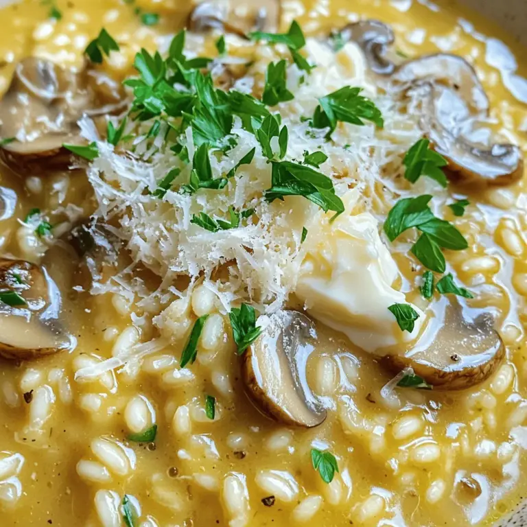- Erhitze 4 Tassen Gemüsebrühe in einem kleinen Topf. Halte die Brühe bei niedriger Hitze warm. - Schneide 1 kleine Zwiebel fein und 1 Tasse Pilze in Scheiben. Shiitake oder Cremini funktionieren gut. - Erhitze 3 Esslöffel Olivenöl in einer großen Pfanne bei mittlerer Hitze. - Füge die Zwiebel hinzu und brate sie 3-4 Minuten lang, bis sie durchsichtig ist. - Gib 2 gehackte Knoblauchzehen und die geschnittenen Pilze in die Pfanne. Koche alles 5-7 Minuten, bis die Pilze weich sind. - Rühre 1 Tasse Arborio-Reis ein. Lass ihn 1-2 Minuten anrösten, bis er leicht glasig ist. - Füge kellenweise die warme Brühe hinzu. Rühre oft, bis die Flüssigkeit fast ganz aufgesogen ist. Wiederhole dies 18-20 Minuten lang. - Wenn der Reis al dente ist, rühre 1/4 Tasse Frischkäse und 1/2 Tasse geriebenen Parmesan ein. - Füge frische Thymianblätter hinzu und würze mit Salz und Pfeffer. Für die vollständige Zubereitung schaue dir das [Full Recipe] an. Um das perfekte Risotto zu machen, rühren Sie ständig. Das richtige Rühren hilft, die Cremigkeit zu erreichen. Wenn Sie nicht rühren, wird der Reis nicht gleichmäßig gekocht. Überprüfen Sie die Konsistenz des Risottos oft. Es sollte cremig, aber nicht flüssig sein. Wenn es zu trocken aussieht, fügen Sie mehr Brühe hinzu. Sie können die Brühe selber machen. Frische Brühe hat mehr Geschmack als fertige Produkte. Experimentieren Sie mit verschiedenen Pilzsorten. Shiitake und Cremini sind großartig, aber auch andere Sorten funktionieren gut. Mischen Sie verschiedene Pilze für mehr Tiefe im Geschmack. Die Garnierung macht viel aus. Frische Petersilie bringt Farbe und Geschmack. Sie können auch geröstete Nüsse oder etwas Trüffelöl verwenden. Für die Portionierung nutzen Sie kleine Schalen oder Teller. So sieht das Risotto ansprechend aus und lädt zum Genießen ein. Wenn Sie es schön anrichten, schmeckt es gleich besser. Für das vollständige Rezept schauen Sie sich das [Full Recipe] an. {{image_4}} Für ein veganes Risotto können Sie pflanzliche Käsealternativen verwenden. Es gibt viele Optionen, die gut schmelzen. Sie können auch mit Nüssen experimentieren, um einen cremigen Effekt zu erzielen. Achten Sie darauf, Gemüse nach Ihrem Geschmack anzupassen. Kürbis, Zucchini oder Spinat passen gut zu Pilzen. Wenn Sie mehr Geschmack wollen, fügen Sie Speck oder Schinken hinzu. Diese Zutaten verleihen dem Risotto zusätzlichen Umami-Geschmack. Sie können auch weitere Gemüsesorten integrieren. Erbsen, Karotten oder Paprika machen das Gericht bunter und gesünder. Italienische Kräuter bringen neuen Schwung in Ihr Risotto. Basilikum, Oregano oder Rosmarin geben einen frischen Geschmack. Sie können auch die Reisarten ändern, um verschiedene Texturen zu erreichen. Carnaroli-Reis ist eine tolle Alternative zu Arborio und hat einen höheren Stärkegehalt. Das sorgt für eine noch cremigere Konsistenz. Für das cremige Pilzrisotto finden Sie das [Full Recipe] hier. Wie lange ist es haltbar? Cremiges Pilzrisotto hält sich im Kühlschrank etwa drei Tage. Achte darauf, es in einem luftdichten Behälter aufzubewahren, um frische Aromen zu erhalten. Richtige Behälterwahl Nutze einen Glas- oder Kunststoffbehälter mit dicht schließendem Deckel. So bleibt das Risotto länger frisch und nimmt keine anderen Gerüche auf. Richtiges Einfrieren des Risottos Wenn du das Risotto länger aufbewahren möchtest, kannst du es einfrieren. Teile das Risotto in Portionen auf. Fülle jede Portion in einen gefriergeeigneten Beutel oder Behälter. Auftau- und Erwärmungstipps Lass das Risotto im Kühlschrank auftauen, bevor du es erhitzt. Erhitze es dann in der Mikrowelle oder in einem Topf. Füge etwas Brühe hinzu, um die cremige Konsistenz wiederherzustellen. Neue Gerichte aus Resten Du kannst Reste für neue Gerichte verwenden. Mische das Risotto mit Gemüse oder Fleisch. Du kannst auch eine Auflaufform damit füllen und im Ofen backen. Risotto-Bällchen zubereiten Eine leckere Idee sind Risotto-Bällchen. Forme kleine Bällchen aus dem kalten Risotto. Wälze sie in Semmelbröseln und brate sie goldbraun in einer Pfanne. Sie sind ein toller Snack oder eine Beilage. Für das Rezept, schau dir das [Full Recipe] an. Die Zubereitungszeit für cremiges Pilzrisotto beträgt insgesamt etwa 30 Minuten. Die Vorbereitungszeit liegt bei etwa 10 Minuten. Während dieser Zeit schneiden Sie die Zwiebel, den Knoblauch und die Pilze. Dann können Sie mit dem Kochen beginnen. Die eigentliche Kochzeit dauert etwa 20 Minuten, während Sie den Reis und die Brühe kombinieren. Es ist eine einfache und schnelle Methode, um ein leckeres Gericht zu kreieren. Ja, Sie können andere Reisarten verwenden, aber Arborio-Reis ist die beste Wahl. Arborio-Reis hat einen hohen Stärkegehalt. Dies macht das Risotto besonders cremig. Alternativen sind Carnaroli oder Vialone Nano, die ebenfalls gut funktionieren. Wenn Sie einen anderen Reis probieren möchten, beachten Sie, dass der Kochprozess variieren kann. Sie müssen die Brühe und die Kochzeit anpassen, um die gewünschte Konsistenz zu erreichen. Risotto kann gesund sein, wenn Sie frische Zutaten verwenden. Arborio-Reis hat Kohlenhydrate, die Energie liefern. Pilze sind reich an Vitaminen und Mineralien. Sie fügen auch Geschmack hinzu, ohne viele Kalorien. Parmesan und Frischkäse liefern Proteine und Kalzium, jedoch in moderaten Mengen. Verwenden Sie weniger Käse oder eine pflanzliche Alternative für eine leichtere Option. Achten Sie darauf, frische Kräuter und Gemüse zu integrieren. Dies verbessert den Nährwert und den Geschmack. Sie können also kreativ sein und das Risotto gesund gestalten. Probieren Sie das Rezept für cremiges Pilzrisotto aus, um es selbst zu erleben! In diesem Blogpost haben wir die wichtigsten Zutaten für ein köstliches Pilzrisotto behandelt. Wir haben die Zubereitung Schritt für Schritt durchgegangen, darunter das Erhitzen der Brühe und das richtige Rühren. Zudem gab es Tipps, um das Risotto perfekt zu machen und Variationen auszuprobieren. Zuletzt haben wir besprochen, wie man Reste aufbewahrt und kreativ nutzt. Risotto ist vielseitig und lässt sich leicht anpassen. Probier es selbst aus und genieße dein eigenes Gericht!
