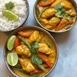 Für ein köstliches Kokos-Curry-Hühnchen braucht man einfache, frische Zutaten. Hier sind die Hauptzutaten, die du benötigst: - 450 g Hühnchen ohne Haut und Knochen, in Stücke geschnitten - 1 Dose (400 ml) Kokosmilch - 2 Esslöffel rote Currypaste - 1 mittlere Zwiebel, gewürfelt - 3 Knoblauchzehen, fein gehackt - 2,5 cm frischer Ingwer, gerieben - 1 rote Paprika, in Streifen geschnitten - 1 Tasse grüne Bohnen, geputzt - 2 Esslöffel Fischsauce - 1 Esslöffel brauner Zucker - 1 Esslöffel Limettensaft - Frischer Koriander zur Garnitur - Salz und Pfeffer nach Geschmack - 2 Esslöffel Pflanzenöl Die Gewürze und Saucen geben dem Gericht seinen besonderen Geschmack. Hier sind die wichtigen Komponenten: - Rote Currypaste sorgt für die nötige Schärfe und Tiefe. - Fischsauce bringt Umami und einen salzigen Kick. - Brauner Zucker balanciert die Schärfe und gibt eine süße Note. - Limettensaft fügt Frische hinzu und hebt das Aroma. Diese Zutaten machen das Curry lebendig und geschmackvoll. Du kannst sie nach deinem Geschmack anpassen. Frische Zutaten machen einen großen Unterschied. Hier sind einige Tipps, um die besten Zutaten zu wählen: - Wähle Hühnchen, das frisch und gut gekühlt ist. - Achte darauf, dass die Kokosmilch nicht abgelaufen ist. - Kaufe frisches Gemüse, das knackig und farbenfroh ist. - Verwende frischen Ingwer und Knoblauch für den besten Geschmack. Diese Tipps helfen dir, ein erstklassiges Kokos-Curry-Hühnchen zu kreieren. Wenn du mehr wissen möchtest, schau dir das [Full Recipe] an. Zuerst bereiten wir die Zutaten vor. Sie brauchen frisches Hühnchen, eine Dose Kokosmilch und rote Currypaste. Schneiden Sie das Hühnchen in mundgerechte Stücke. Würfeln Sie die Zwiebel und hacken Sie den Knoblauch fein. Reiben Sie den Ingwer, und schneiden Sie die Paprika in Streifen. Putzen Sie die grünen Bohnen. Legen Sie alles bereit. So haben Sie einen reibungslosen Ablauf. Erhitzen Sie das Pflanzenöl in einer großen Pfanne bei mittlerer Hitze. Fügen Sie die gewürfelte Zwiebel hinzu. Braten Sie sie an, bis sie glasig ist, etwa 4-5 Minuten. Jetzt kommt der Knoblauch und der Ingwer dazu. Rühren Sie alles gut um, bis es gut duftet. Geben Sie die Hühnchenstücke in die Pfanne. Braten Sie sie an, bis sie außen nicht mehr rosa sind, etwa 5-7 Minuten. Fügen Sie die rote Currypaste hinzu und rühren Sie gut um. Lassen Sie alles für 1-2 Minuten kochen. Gießen Sie die Kokosmilch in die Pfanne. Rühren Sie alles um, bis die Currypaste gut aufgelöst ist. Lassen Sie die Mischung leicht köcheln. Geben Sie die geschnittene Paprika und die grünen Bohnen dazu. Kochen Sie alles für weitere 5-7 Minuten, bis das Gemüse zart ist. Rühren Sie die Fischsauce, den braunen Zucker und den Limettensaft ein. Passen Sie die Gewürze mit Salz und Pfeffer an. Lassen Sie das Curry für 2-3 Minuten köcheln. Servieren Sie das Gericht heiß, garniert mit frischem Koriander. Für das komplette Rezept, schauen Sie sich [Full Recipe] an. Um das beste Kokos-Curry-Hühnchen zu machen, achte auf die Reihenfolge. Beginne mit der Zwiebel. Sie gibt dem Gericht einen tollen Geschmack. Brate sie, bis sie weich ist. Füge dann Knoblauch und Ingwer hinzu. Diese Zutaten machen dein Curry aromatisch. Verwende frische Zutaten, wenn möglich. Sie sorgen für mehr Geschmack. Achte darauf, die Currypaste gut zu verteilen. Sie sollte gleichmäßig in der Mischung sein. Lass das Curry leicht köcheln. So verbinden sich die Aromen besser. Ein häufiger Fehler ist, das Hühnchen zu lange zu kochen. Das macht es trocken. Achte darauf, dass das Fleisch außen nicht mehr rosa ist. Ein anderer Fehler ist, die Gewürze nicht richtig zu probieren. Schmecke dein Curry. Füge nach Bedarf Salz oder Pfeffer hinzu. Auch das Gemüse sollte nicht zu weich sein. Es soll noch etwas Biss haben. Vermeide es, das Curry zu überladen. Zu viele Zutaten können die Aromen verwässern. Um die Aromen zu stärken, verwende frische Kräuter. Koriander bringt einen frischen Geschmack. Limettensaft gibt einen schönen Kick. Ein Spritzer mehr kann viel bewirken. Du kannst auch mehr Currypaste hinzufügen, wenn du es würziger magst. Fischsauce bringt Tiefe. Sie verstärkt die Umami-Note im Curry. Experimentiere mit der Menge, bis du zufrieden bist. Lass das Curry nach dem Kochen einige Minuten ruhen. So können die Aromen noch besser verschmelzen. Für das vollständige Rezept, schau dir unser Kokos-Curry-Hühnchen-Delight an. {{image_4}} Wenn Sie eine vegetarische Option wünschen, probieren Sie Tofu. Tofu hat eine tolle Textur und nimmt Aromen gut auf. Schneiden Sie festen Tofu in Würfel und braten Sie ihn an. Der Tofu wird goldbraun und knusprig. Verwenden Sie die gleiche Menge wie das Hühnchen in unserem Rezept. Ersetzen Sie das Hühnchen einfach durch den Tofu. So bleibt das Gericht lecker und nahrhaft. Sie können viele verschiedene Gemüse verwenden. Brokkoli, Karotten oder Zucchini passen gut zu Kokos-Curry-Hühnchen. Schneiden Sie das Gemüse in kleine Stücke. Fügen Sie es in den letzten Minuten des Kochens hinzu. So bleibt das Gemüse knackig und frisch. Experimentieren Sie mit Ihren Lieblingsgemüsesorten, um neue Geschmackskombinationen zu entdecken. Die Schärfe des Currys können Sie leicht anpassen. Für ein mildes Curry verwenden Sie weniger rote Currypaste. Wenn Sie es schärfer mögen, fügen Sie mehr hinzu. Sie können auch frische Chili oder Chiliflocken verwenden. Fügen Sie diese beim Anbraten der Zwiebel hinzu. So können Sie die Schärfe nach Ihrem Geschmack einstellen. So wird Ihr Kokos-Curry-Hühnchen immer genau richtig für Sie sein. Um Kokos-Curry-Hühnchen frisch zu halten, verwenden Sie einen luftdichten Behälter. Lassen Sie das Gericht zuerst auf Raumtemperatur abkühlen. Decken Sie es dann gut ab. So bleiben die Aromen und die Textur erhalten. Sie können das Kokos-Curry-Hühnchen auch einfrieren. Teilen Sie es in Portionen auf und legen Sie es in Gefrierbeutel. Vergessen Sie nicht, das Datum darauf zu schreiben. Zum Wiedererwärmen lassen Sie es über Nacht im Kühlschrank auftauen. Erhitzen Sie es dann in einem Topf bei mittlerer Hitze. Fügen Sie etwas Wasser oder Kokosmilch hinzu, um die Konsistenz zu verbessern. Im Kühlschrank bleibt Kokos-Curry-Hühnchen bis zu drei Tage frisch. Überprüfen Sie vor dem Verzehr die Farbe und den Geruch. Wenn etwas nicht gut aussieht oder riecht, werfen Sie es weg. So vermeiden Sie Lebensmittelverschwendung und mögliche Gesundheitsrisiken. Die Zubereitung von Kokos-Curry-Hühnchen dauert insgesamt etwa 30 Minuten. Die Vorbereitung der Zutaten braucht etwa 15 Minuten. Danach kochen Sie das Gericht in den restlichen 15 Minuten. So haben Sie in kurzer Zeit ein leckeres und nahrhaftes Essen. Ja, Sie können Kokosmilch ersetzen. Eine gute Alternative ist Mandelmilch oder Sojamilch. Diese Varianten bringen jedoch nicht den gleichen Geschmack. Wenn Sie den Kokosgeschmack lieben, bleibt Kokosmilch die beste Wahl. Zu Kokos-Curry-Hühnchen passen viele Beilagen gut. Gedämpfter Jasminreis ist eine beliebte Wahl. Er nimmt die Soße gut auf und ergänzt die Aromen. Auch Quinoa oder Naanbrot sind tolle Optionen. Sie bieten eine gute Textur und schmecken köstlich. Eine kurze Zusammenfassung unseres Blogbeitrags: Die Hauptzutaten für Kokos-Curry-Hühnchen sind entscheidend. Gewürze und frische Zutaten machen einen großen Unterschied. Ich habe dir eine Schritt-für-Schritt-Anleitung gegeben, um das Gericht einfach zuzubereiten. Die Tipps helfen dir, häufige Fehler zu vermeiden und die Aromen zu intensivieren. Denk daran, Variationen zu probieren, etwa mit Tofu oder verschiedenen Gemüsesorten. Wichtig ist auch, wie du das Curry lagerst. Diese Infos machen dir das Kochen leichter und leckerer. Experimentiere und finde deine eigene perfekte Mischung!