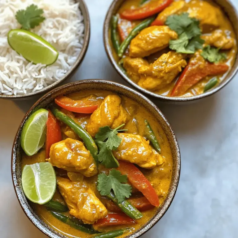 Für ein köstliches Kokos-Curry-Hühnchen braucht man einfache, frische Zutaten. Hier sind die Hauptzutaten, die du benötigst: - 450 g Hühnchen ohne Haut und Knochen, in Stücke geschnitten - 1 Dose (400 ml) Kokosmilch - 2 Esslöffel rote Currypaste - 1 mittlere Zwiebel, gewürfelt - 3 Knoblauchzehen, fein gehackt - 2,5 cm frischer Ingwer, gerieben - 1 rote Paprika, in Streifen geschnitten - 1 Tasse grüne Bohnen, geputzt - 2 Esslöffel Fischsauce - 1 Esslöffel brauner Zucker - 1 Esslöffel Limettensaft - Frischer Koriander zur Garnitur - Salz und Pfeffer nach Geschmack - 2 Esslöffel Pflanzenöl Die Gewürze und Saucen geben dem Gericht seinen besonderen Geschmack. Hier sind die wichtigen Komponenten: - Rote Currypaste sorgt für die nötige Schärfe und Tiefe. - Fischsauce bringt Umami und einen salzigen Kick. - Brauner Zucker balanciert die Schärfe und gibt eine süße Note. - Limettensaft fügt Frische hinzu und hebt das Aroma. Diese Zutaten machen das Curry lebendig und geschmackvoll. Du kannst sie nach deinem Geschmack anpassen. Frische Zutaten machen einen großen Unterschied. Hier sind einige Tipps, um die besten Zutaten zu wählen: - Wähle Hühnchen, das frisch und gut gekühlt ist. - Achte darauf, dass die Kokosmilch nicht abgelaufen ist. - Kaufe frisches Gemüse, das knackig und farbenfroh ist. - Verwende frischen Ingwer und Knoblauch für den besten Geschmack. Diese Tipps helfen dir, ein erstklassiges Kokos-Curry-Hühnchen zu kreieren. Wenn du mehr wissen möchtest, schau dir das [Full Recipe] an. Zuerst bereiten wir die Zutaten vor. Sie brauchen frisches Hühnchen, eine Dose Kokosmilch und rote Currypaste. Schneiden Sie das Hühnchen in mundgerechte Stücke. Würfeln Sie die Zwiebel und hacken Sie den Knoblauch fein. Reiben Sie den Ingwer, und schneiden Sie die Paprika in Streifen. Putzen Sie die grünen Bohnen. Legen Sie alles bereit. So haben Sie einen reibungslosen Ablauf. Erhitzen Sie das Pflanzenöl in einer großen Pfanne bei mittlerer Hitze. Fügen Sie die gewürfelte Zwiebel hinzu. Braten Sie sie an, bis sie glasig ist, etwa 4-5 Minuten. Jetzt kommt der Knoblauch und der Ingwer dazu. Rühren Sie alles gut um, bis es gut duftet. Geben Sie die Hühnchenstücke in die Pfanne. Braten Sie sie an, bis sie außen nicht mehr rosa sind, etwa 5-7 Minuten. Fügen Sie die rote Currypaste hinzu und rühren Sie gut um. Lassen Sie alles für 1-2 Minuten kochen. Gießen Sie die Kokosmilch in die Pfanne. Rühren Sie alles um, bis die Currypaste gut aufgelöst ist. Lassen Sie die Mischung leicht köcheln. Geben Sie die geschnittene Paprika und die grünen Bohnen dazu. Kochen Sie alles für weitere 5-7 Minuten, bis das Gemüse zart ist. Rühren Sie die Fischsauce, den braunen Zucker und den Limettensaft ein. Passen Sie die Gewürze mit Salz und Pfeffer an. Lassen Sie das Curry für 2-3 Minuten köcheln. Servieren Sie das Gericht heiß, garniert mit frischem Koriander. Für das komplette Rezept, schauen Sie sich [Full Recipe] an. Um das beste Kokos-Curry-Hühnchen zu machen, achte auf die Reihenfolge. Beginne mit der Zwiebel. Sie gibt dem Gericht einen tollen Geschmack. Brate sie, bis sie weich ist. Füge dann Knoblauch und Ingwer hinzu. Diese Zutaten machen dein Curry aromatisch. Verwende frische Zutaten, wenn möglich. Sie sorgen für mehr Geschmack. Achte darauf, die Currypaste gut zu verteilen. Sie sollte gleichmäßig in der Mischung sein. Lass das Curry leicht köcheln. So verbinden sich die Aromen besser. Ein häufiger Fehler ist, das Hühnchen zu lange zu kochen. Das macht es trocken. Achte darauf, dass das Fleisch außen nicht mehr rosa ist. Ein anderer Fehler ist, die Gewürze nicht richtig zu probieren. Schmecke dein Curry. Füge nach Bedarf Salz oder Pfeffer hinzu. Auch das Gemüse sollte nicht zu weich sein. Es soll noch etwas Biss haben. Vermeide es, das Curry zu überladen. Zu viele Zutaten können die Aromen verwässern. Um die Aromen zu stärken, verwende frische Kräuter. Koriander bringt einen frischen Geschmack. Limettensaft gibt einen schönen Kick. Ein Spritzer mehr kann viel bewirken. Du kannst auch mehr Currypaste hinzufügen, wenn du es würziger magst. Fischsauce bringt Tiefe. Sie verstärkt die Umami-Note im Curry. Experimentiere mit der Menge, bis du zufrieden bist. Lass das Curry nach dem Kochen einige Minuten ruhen. So können die Aromen noch besser verschmelzen. Für das vollständige Rezept, schau dir unser Kokos-Curry-Hühnchen-Delight an. {{image_4}} Wenn Sie eine vegetarische Option wünschen, probieren Sie Tofu. Tofu hat eine tolle Textur und nimmt Aromen gut auf. Schneiden Sie festen Tofu in Würfel und braten Sie ihn an. Der Tofu wird goldbraun und knusprig. Verwenden Sie die gleiche Menge wie das Hühnchen in unserem Rezept. Ersetzen Sie das Hühnchen einfach durch den Tofu. So bleibt das Gericht lecker und nahrhaft. Sie können viele verschiedene Gemüse verwenden. Brokkoli, Karotten oder Zucchini passen gut zu Kokos-Curry-Hühnchen. Schneiden Sie das Gemüse in kleine Stücke. Fügen Sie es in den letzten Minuten des Kochens hinzu. So bleibt das Gemüse knackig und frisch. Experimentieren Sie mit Ihren Lieblingsgemüsesorten, um neue Geschmackskombinationen zu entdecken. Die Schärfe des Currys können Sie leicht anpassen. Für ein mildes Curry verwenden Sie weniger rote Currypaste. Wenn Sie es schärfer mögen, fügen Sie mehr hinzu. Sie können auch frische Chili oder Chiliflocken verwenden. Fügen Sie diese beim Anbraten der Zwiebel hinzu. So können Sie die Schärfe nach Ihrem Geschmack einstellen. So wird Ihr Kokos-Curry-Hühnchen immer genau richtig für Sie sein. Um Kokos-Curry-Hühnchen frisch zu halten, verwenden Sie einen luftdichten Behälter. Lassen Sie das Gericht zuerst auf Raumtemperatur abkühlen. Decken Sie es dann gut ab. So bleiben die Aromen und die Textur erhalten. Sie können das Kokos-Curry-Hühnchen auch einfrieren. Teilen Sie es in Portionen auf und legen Sie es in Gefrierbeutel. Vergessen Sie nicht, das Datum darauf zu schreiben. Zum Wiedererwärmen lassen Sie es über Nacht im Kühlschrank auftauen. Erhitzen Sie es dann in einem Topf bei mittlerer Hitze. Fügen Sie etwas Wasser oder Kokosmilch hinzu, um die Konsistenz zu verbessern. Im Kühlschrank bleibt Kokos-Curry-Hühnchen bis zu drei Tage frisch. Überprüfen Sie vor dem Verzehr die Farbe und den Geruch. Wenn etwas nicht gut aussieht oder riecht, werfen Sie es weg. So vermeiden Sie Lebensmittelverschwendung und mögliche Gesundheitsrisiken. Die Zubereitung von Kokos-Curry-Hühnchen dauert insgesamt etwa 30 Minuten. Die Vorbereitung der Zutaten braucht etwa 15 Minuten. Danach kochen Sie das Gericht in den restlichen 15 Minuten. So haben Sie in kurzer Zeit ein leckeres und nahrhaftes Essen. Ja, Sie können Kokosmilch ersetzen. Eine gute Alternative ist Mandelmilch oder Sojamilch. Diese Varianten bringen jedoch nicht den gleichen Geschmack. Wenn Sie den Kokosgeschmack lieben, bleibt Kokosmilch die beste Wahl. Zu Kokos-Curry-Hühnchen passen viele Beilagen gut. Gedämpfter Jasminreis ist eine beliebte Wahl. Er nimmt die Soße gut auf und ergänzt die Aromen. Auch Quinoa oder Naanbrot sind tolle Optionen. Sie bieten eine gute Textur und schmecken köstlich. Eine kurze Zusammenfassung unseres Blogbeitrags: Die Hauptzutaten für Kokos-Curry-Hühnchen sind entscheidend. Gewürze und frische Zutaten machen einen großen Unterschied. Ich habe dir eine Schritt-für-Schritt-Anleitung gegeben, um das Gericht einfach zuzubereiten. Die Tipps helfen dir, häufige Fehler zu vermeiden und die Aromen zu intensivieren. Denk daran, Variationen zu probieren, etwa mit Tofu oder verschiedenen Gemüsesorten. Wichtig ist auch, wie du das Curry lagerst. Diese Infos machen dir das Kochen leichter und leckerer. Experimentiere und finde deine eigene perfekte Mischung!
