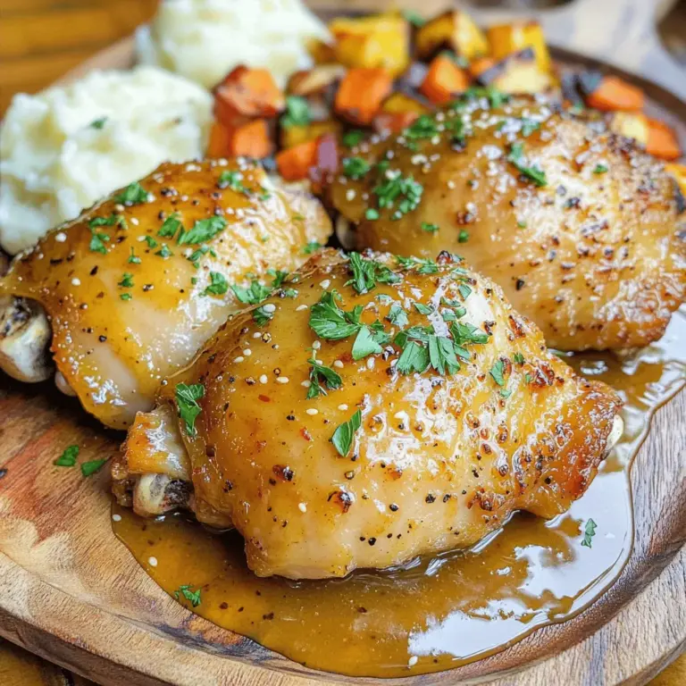 Die Hauptzutaten für dieses Rezept sind einfach und frisch. Sie benötigen: - 6 Hühnchenschenkel mit Knochen und Haut - 60 ml Honig - 60 ml Dijon-Senf - 30 ml Apfelessig - 2 Knoblauchzehen, fein gehackt Diese Zutaten sind wichtig, um den perfekten Geschmack zu erzielen. Der Honig bringt Süße, während der Dijon-Senf einen scharfen Kick gibt. Apfelessig sorgt für eine schöne Säure, die alles ausbalanciert. Neben den Hauptzutaten fügen Gewürze viel Aroma hinzu. Sie benötigen: - 1 Teelöffel geräuchertes Paprikapulver - 1 Teelöffel getrockneter Thymian - Salz und Pfeffer nach Geschmack Das geräucherte Paprikapulver gibt den Hühnchenschenkeln eine rauchige Note. Thymian bringt einen frischen, kräuterigen Geschmack. Diese Gewürze sind einfach, aber wirkungsvoll. Für das perfekte Essen empfehle ich, die Hühnchenschenkel mit Beilagen zu servieren. Sie passen gut zu: - Geröstetem Gemüse - Cremigem Kartoffelpüree Präsentieren Sie das Gericht auf einem großen Teller. Träufeln Sie etwas Sauce über das Hühnchen und garnieren Sie es mit frischer Petersilie. Zitronenschnitze bringen Farbe und einen frischen Geschmack. Für das vollständige Rezept werfen Sie einen Blick auf die Anleitung. Um die Marinade zu machen, nehme ich eine große Schüssel. Ich gebe den Honig, Dijon-Senf, Apfelessig und den gehackten Knoblauch hinein. Dann füge ich geräuchertes Paprikapulver und Thymian hinzu. Ein wenig Salz und Pfeffer runden das Ganze ab. Ich rühre alles gut um, bis die Mischung glatt ist. Diese Marinade sorgt für viel Geschmack. Ich lege die Hühnchenschenkel in einen großen, wiederverschließbaren Plastikbeutel. Dann gieße ich die Marinade über die Hühnchenschenkel. Es ist wichtig, dass alle Stücke gut bedeckt sind. Nach dem Schließen des Beutels lege ich ihn in den Kühlschrank. Ich lasse die Hühnchenschenkel mindestens eine Stunde marinieren, besser über Nacht. So zieht der Geschmack richtig ein. Jetzt heize ich den Ofen auf 200°C vor. In einer großen, ofenfesten Pfanne erhitze ich einen Esslöffel Olivenöl. Sobald das Öl heiß ist, nehme ich die Hühnchenschenkel aus dem Beutel. Ich lasse die überschüssige Marinade abtropfen. Dann lege ich die Hühnchenschenkel mit der Hautseite nach unten in die Pfanne. Ich brate sie 5-7 Minuten an, bis die Haut knusprig ist. Danach drehe ich sie um und brate die andere Seite für 3-4 Minuten. Jetzt kommt die Pfanne in den Ofen. Ich backe die Hühnchenschenkel 25-30 Minuten, bis sie gar sind. Die Innentemperatur sollte 75°C erreichen. So wird das Hühnchen perfekt saftig. Um eine knusprige Haut zu erzielen, ist trocknen der Schlüssel. Tupfen Sie die Hühnchenschenkel mit einem Küchentuch ab. Dies hilft, die Feuchtigkeit zu entfernen. Braten Sie die Hautseite zuerst in einer heißen Pfanne an. Die Hitze sorgt dafür, dass die Haut schön bräunt. Verwenden Sie etwas Olivenöl, um ein Ankleben zu verhindern. Planen Sie genügend Zeit ein, um die Marinade zu machen. Eine längere Marinierzeit verbessert den Geschmack. Lassen Sie das Hühnchen mindestens eine Stunde marinieren, besser über Nacht. Heizen Sie den Ofen rechtzeitig vor, damit das Hühnchen gleichmäßig gart. Die Backzeit beträgt etwa 25-30 Minuten bei 200°C. Frische Kräuter bringen das Gericht auf ein neues Level. Petersilie ist eine tolle Garnierung, aber auch Thymian oder Rosmarin passen gut. Fügen Sie frische Kräuter zur Marinade hinzu, um mehr Geschmack zu bekommen. Dies gibt dem Hühnchen eine frische Note. Sie können auch frische Kräuter über das fertige Gericht streuen, um es schöner zu präsentieren. {{image_4}} Sie können die Marinade ganz leicht abwandeln. Probieren Sie zum Beispiel, statt Dijon-Senf, Honig-Senf zu nehmen. Das gibt einen süßeren Geschmack. Für eine fruchtige Note, fügen Sie etwas Orangensaft hinzu. Wenn Sie gerne einen Hauch von Süße und Schärfe mögen, dann verwenden Sie scharfen Senf. Diese kleinen Änderungen machen Ihr Gericht spannend. Das Hühnchen passt gut zu vielen Gemüsesorten. Sie können Zucchini, Paprika oder Karotten hinzufügen. Schneiden Sie das Gemüse in Stücke und legen Sie es um die Hühnchenschenkel in der Pfanne. Es wird während des Garens weich und nimmt den Honig-Senf-Geschmack auf. Auch Ofenkartoffeln sind eine gute Wahl. Sie machen die Mahlzeit herzhaft und sättigend. Wenn Sie es schärfer mögen, können Sie Chili oder Cayennepfeffer in die Marinade geben. Ein Teelöffel reicht oft. Für noch mehr Schärfe, fügen Sie frisch gehackte Jalapeños hinzu. Diese kleinen Änderungen bringen mehr Hitze in Ihr Gericht und machen es aufregender. Achten Sie darauf, die Schärfe nach Ihrem Geschmack anzupassen. Um die Reste von Honig-Senf-Hühnchenschenkeln richtig zu lagern, lass sie zuerst abkühlen. Packe sie dann in einen luftdichten Behälter. Du kannst auch Frischhaltefolie verwenden. So bleiben die Hühnchenschenkel frisch. Lagere sie im Kühlschrank. Achte darauf, die Reste innerhalb von zwei Tagen zu essen. Wenn du das Hühnchen aufwärmen möchtest, heize deinen Ofen auf 180 °C vor. Lege die Hühnchenschenkel auf ein Backblech. Decke sie mit Aluminiumfolie ab, damit sie nicht austrocknen. Erwärme sie für etwa 20 Minuten, bis sie durchgehend heiß sind. Alternativ kannst du die Reste in der Mikrowelle aufwärmen. Stelle die Mikrowelle auf mittlere Hitze und decke das Hühnchen ab. So bleibt es saftig. Im Kühlschrank halten die Hühnchenschenkel bis zu 3 Tage. Für längere Lagerung kannst du sie einfrieren. Wickele das Hühnchen gut in Frischhaltefolie ein oder lege es in einen Gefrierbeutel. Im Gefrierfach bleibt das Hühnchen bis zu 3 Monate frisch. Zum Auftauen lege es einfach über Nacht in den Kühlschrank. So bleibt der Geschmack erhalten. Ich empfehle, das Hühnchen mindestens eine Stunde zu marinieren. Besser ist es, wenn Sie es über Nacht im Kühlschrank lassen. So kann der Honig-Senf-Geschmack wirklich in das Fleisch eindringen. Eine längere Marinierzeit macht das Hühnchen zarter und schmackhafter. Ja, Sie können die Haut entfernen, aber ich empfehle es nicht. Die Haut hilft, das Hühnchen saftig zu halten und sorgt für einen köstlichen, knusprigen Biss. Wenn Sie die Haut entfernen, könnte das Hühnchen trockener werden. Aber wenn Sie es gesünder mögen, ist das Entfernen der Haut eine gute Option. Zu Honig-Senf-Hühnchen passen viele Beilagen. Hier sind einige Ideen: - Geröstetes Gemüse: Karotten, Brokkoli und Paprika sind lecker. - Kartoffelpüree: Cremig und herzhaft, eine tolle Kombination. - Reis: Ein einfacher, neutraler Begleiter. - Salat: Ein frischer, grüner Salat bringt Farbe auf den Teller. All diese Beilagen ergänzen das Hühnchen perfekt. Für das beste Erlebnis, wählen Sie Beilagen, die Sie mögen. Zusammengefasst haben wir die besten Zutaten für Honig-Senf-Hühnchenschenkel besprochen. Die Marinade und die Gewürze machen dieses Gericht besonders. Ich habe dir gezeigt, wie du die Hühnchenschenkel perfekt marinierst, anbrätst und backst. Tipps für knusprige Haut und kreative Variationen machen das Rezept noch besser. Denke daran, Reste richtig zu lagern, um die Frische zu bewahren. Egal, ob du Gastgeber bist oder ein einfaches Abendessen planst, dieses Rezept wird sicher überzeugen.