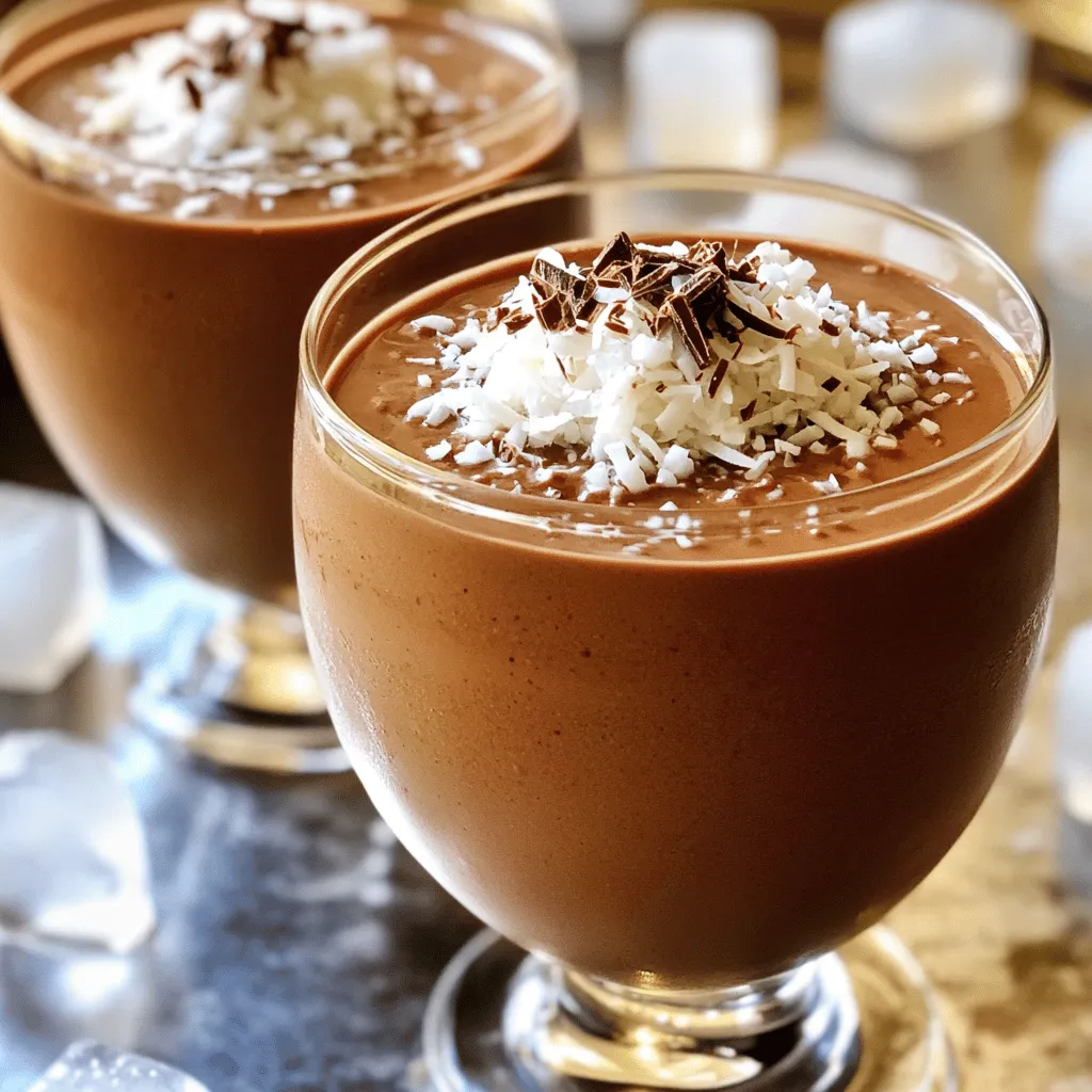Für meinen Schokoladen-Kokos-Smoothie brauche ich ein paar einfache, aber kraftvolle Zutaten. Hier sind die Hauptzutaten, die du benötigst: - 1 gefrorene Banane - 1 Tasse Kokosmilch (aus der Dose oder Karton) - 2 Esslöffel ungesüßtes Kakaopulver - 1 Esslöffel Honig oder Ahornsirup (nach Geschmack anpassen) - 1/4 Tasse ungesüßte Kokosraspeln - 1 Esslöffel Chiasamen (optional für zusätzliche Nährstoffe) - Eiswürfel (nach Bedarf für die gewünschte Konsistenz) Diese Zutaten bringen den perfekten Schokoladengeschmack und die cremige Textur. Wenn du die besten Zutaten auswählst, achte auf die Qualität und Frische. Wähle: - Kokosmilch: Achte darauf, dass sie ungesüßt und ohne Zusatzstoffe ist. So bleibt der Geschmack rein. - Kakaopulver: Ungesüßtes Kakaopulver gibt dir die volle Schokoladenkraft. Bio-Optionen sind oft besser. - Bananen: Nutze gefrorene Bananen für eine cremige Konsistenz. Reife Bananen sind süßer. - Kokosraspeln: Wähle ungesüßte Raspeln für den besten Geschmack. Sie fügen eine tolle Textur hinzu. Diese Tipps machen deinen Smoothie noch besser und gesünder. Mein Schokoladen-Kokos-Smoothie ist nicht nur lecker, sondern auch nahrhaft. Hier sind einige Vorteile: - Banane: Sie liefert Kalium und natürliche Süße. - Kokosmilch: Sie enthält gesunde Fette, die gut für die Haut sind. - Kakaopulver: Es hat Antioxidantien, die gut für das Herz sind. - Chiasamen: Diese kleinen Samen sind reich an Ballaststoffen und Omega-3-Fettsäuren. Die Nährstoffe in diesem Smoothie unterstützen deine Gesundheit und geben dir Energie. Du kannst die Full Recipe für eine köstliche Erfrischung ausprobieren! Um einen leckeren Schokoladen-Kokos-Smoothie zu machen, brauchst du frische Zutaten. Beginne mit einer gefrorenen Banane. Sie macht den Smoothie schön cremig. Dann nimm eine Tasse Kokosmilch. Du kannst sie aus einer Dose oder einem Karton verwenden. Das ungesüßte Kakaopulver ist wichtig für den Schokoladengeschmack. Du brauchst zwei Esslöffel davon. Honig oder Ahornsirup sind für die Süße. Ein Esslöffel reicht, aber du kannst mehr nehmen, wenn du es süßer magst. Die ungesüßten Kokosraspeln geben einen schönen, knusprigen Biss. Und wenn du magst, füge einen Esslöffel Chiasamen hinzu. Diese sind optional, aber sie sind sehr gesund. Jetzt kommen alle Zutaten in den Mixer. Beginne mit der gefrorenen Banane und der Kokosmilch. Füge das Kakaopulver, den Honig und die Kokosraspeln hinzu. Wenn du die Chiasamen verwenden willst, gib sie auch dazu. Mische alles auf hoher Stufe. Achte darauf, dass die Mischung glatt und cremig wird. Wenn der Smoothie zu dick ist, füge mehr Kokosmilch oder Eiswürfel hinzu. Mixe weiter, bis du die perfekte Konsistenz hast. Nach dem Mixen probiere den Smoothie. Wenn du mehr Süße möchtest, gib etwas mehr Honig oder Ahornsirup hinzu. Mische kurz wieder, um alles gut zu vermengen. Jetzt kannst du den Smoothie in Gläser gießen. Eine Prise Kokosraspeln oben drauf macht ihn schön anzusehen. Für einen extra Leckerbissen kannst du sogar einige Schokoladenspäne hinzufügen! Wenn du mehr über das Rezept erfahren möchtest, schau dir das [Full Recipe] an. Viele machen den Fehler, zu viel Kakaopulver hinzuzufügen. Das kann den Smoothie bitter machen. Beginne mit zwei Esslöffeln und taste dich langsam vor. Auch das Messen der Kokosmilch ist wichtig. Zu viel Flüssigkeit macht den Smoothie dünn. Achte darauf, dass die Banane gut gefroren ist. Eine nicht gefrorene Banane führt zu einer anderen Textur. Die Cremigkeit des Smoothies liegt in der Mischung. Eine gefrorene Banane ist der Schlüssel. Sie gibt die nötige Dicke. Wenn du noch mehr Cremigkeit möchtest, füge Chiasamen hinzu. Diese quellen auf und machen den Smoothie sämiger. Mixe alles gut, bis die Mischung ganz glatt ist. Das sorgt für ein tolles Mundgefühl. Sei kreativ mit deinem Smoothie! Du kannst verschiedene Früchte hinzufügen. Probiere Mango oder Erdbeeren für einen fruchtigen Twist. Auch Erdnussbutter passt gut dazu. Das gibt dem Smoothie einen nussigen Geschmack. Für eine schokoladige Note kannst du Schokoladenspäne hinzufügen. Lass deiner Fantasie freien Lauf und finde deine Lieblingskombinationen. Weitere Ideen findest du im Full Recipe. {{image_4}} Um den Schokoladen-Kokos-Smoothie noch besser zu machen, füge ein paar Extras hinzu. Eine Handvoll Spinat kann eine tolle grüne Note bringen. Er ist gesund und fällt im Geschmack kaum auf. Du kannst auch eine Prise Zimt für eine warme Note verwenden. Ein Esslöffel Erdnussbutter macht den Smoothie cremiger und nussiger. Für einen Hauch von Fruchtigkeit füge gefrorene Beeren hinzu. Himbeeren oder Erdbeeren passen besonders gut. Möchtest du eine vegane Option? Verwende einfach Ahornsirup anstelle von Honig. Achte darauf, dass die Kokosmilch und das Kakaopulver auch vegan sind. Diese Zutaten sind es in der Regel, aber es ist immer gut, die Etiketten zu prüfen. Für einen extra Nährstoffkick kannst du Leinsamen oder Hanfsamen statt Chiasamen verwenden. Diese Optionen sind gesund und geben eine schöne Textur. Die Garnierung macht den Smoothie besonders. Du kannst ihn mit Kokosraspeln bestreuen. Schokoladenspäne sind ebenfalls eine tolle Wahl. Wenn du es knusprig magst, füge gehackte Nüsse hinzu. Mandeln oder Walnüsse passen gut dazu. Ein paar frische Beeren obendrauf sorgen für Farbe und Frische. Diese Toppings machen deinen Smoothie nicht nur lecker, sondern auch schön anzusehen. Wenn du mehr Ideen brauchst, schau dir die Full Recipe an! Um deinen Schokoladen-Kokos-Smoothie frisch zu halten, fülle ihn in einen luftdichten Behälter. Eine Glasflasche eignet sich gut. Stelle sicher, dass der Behälter gut verschlossen ist. So bleibt dein Smoothie länger frisch und lecker. Bewahre ihn im Kühlschrank auf, bis du ihn genießen möchtest. Im Kühlschrank hält sich der Smoothie etwa 1 bis 2 Tage. Du kannst ihn auch einfrieren. Wenn du ihn im Gefrierschrank lagerst, bleibt er bis zu einem Monat frisch. Denke daran, ihn in einer gefrierfesten Flasche oder einem Behälter zu lagern. Vergiss nicht, etwas Platz zu lassen, denn der Smoothie dehnt sich beim Einfrieren aus. Wenn du Reste hast, sei kreativ! Du kannst sie in Schalen für Frühstück verwenden. Mische den Smoothie mit Haferflocken oder Joghurt. Auch als Basis für ein gesundes Dessert ist er ideal. Gieße ihn in Eiswürfelformen und friere ihn ein. So hast du leckere Schokoladen-Kokos-Eiswürfel für Drinks. Um den Smoothie süßer zu machen, füge mehr Honig oder Ahornsirup hinzu. Beginne mit einem Esslöffel und taste dich langsam vor. Mixe den Smoothie nach jeder Zugabe kurz, um die Süße gut zu verteilen. Du kannst auch einen kleinen Löffel Erdnussbutter oder Schokoladensirup verwenden. Diese Zutaten bringen zusätzlichen Geschmack und Süße. Ja, du kannst frische Zutaten verwenden! Statt gefrorener Banane kannst du eine reife Banane nehmen. Sie gibt dem Smoothie eine süße Note. Frische Kokosmilch ist auch möglich, aber achte darauf, dass sie gut püriert wird. Denke daran, dass frische Zutaten den Smoothie weniger kalt machen. Füge also Eiswürfel hinzu, um die Kühle zu erhalten. Wenn du keine Kokosmilch verwenden möchtest, gibt es viele Alternativen. Mandelmilch ist leicht und hat einen milden Geschmack. Hafermilch ist cremig und passt gut zu Schokolade. Auch Sojamilch kann eine gute Option sein. Diese Pflanzenmilch gibt deinem Smoothie eine andere Note, aber bleibt lecker. Experimentiere mit verschiedenen Sorten, um deinen Favoriten zu finden. Ein Schokoladen-Kokos-Smoothie bietet Genuss und Gesundheit. Wir haben die besten Zutaten, Zubereitungstipps und Nährwerte behandelt. Denke an die häufigsten Fehler und Variationen, um deinen Smoothie zu verbessern. Wähle die besten Toppings und weiß, wie du Reste nutzen kannst. Probiere frische Zutaten und passe die Süße nach deinem Geschmack an. So machst du jeden Schluck zu einem Erlebnis. Ich hoffe, du wirst diese einfachen Tipps nutzen und deinen perfekten Smoothie genießen.