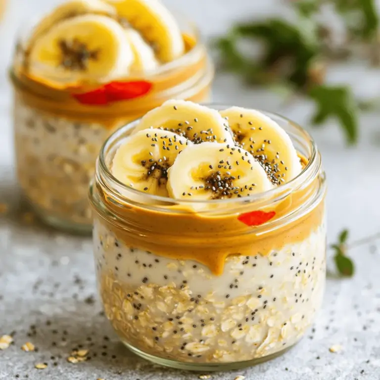 Für die Erdnussbutter-Bananen-Glück Overnight Oats benötigst du: - 1 Tasse Haferflocken (zart) - 2 Tassen Mandelmilch (oder eine Milch nach Wahl) - 2 reife Bananen, eine in Scheiben geschnitten und eine püriert - 1/4 Tasse Erdnussbutter (cremig oder knusprig) - 2 Esslöffel Honig oder Ahornsirup (nach Belieben anpassen) - 1 Teelöffel Vanilleextrakt - 1/2 Teelöffel gemahlener Zimt - Eine Prise Salz - Toppings: Chiasamen, gehobelte Mandeln oder extra Bananenscheiben Die Maße sind für zwei bis vier Portionen. Du kannst die Zutaten leicht anpassen. Wenn du mehr Portionen möchtest, verdopple einfach die Mengen. Für eine süßere Note füge mehr Honig oder Sirup hinzu. Wenn du eine nussige Note magst, benutze mehr Erdnussbutter. Wähle reife Bananen für den besten Geschmack. Sie sollten weich und süß sein. Bei der Erdnussbutter kannst du zwischen cremiger oder knuspriger wählen. Beide Varianten schmecken toll. Achte darauf, eine hochwertige Mandelmilch zu verwenden. Sie macht die Haferflocken schön cremig. Wenn du Allergien hast, kannst du auch eine andere Milchart verwenden. Um die perfekte Mischung zu machen, starte mit einer großen Schüssel. Gib die Haferflocken, die Mandelmilch, die pürierte Banane und die Erdnussbutter hinein. Füge den Honig oder Ahornsirup, den Vanilleextrakt, den gemahlenen Zimt und eine Prise Salz hinzu. Rühre alles gut um, bis die Mischung gleichmäßig und cremig aussieht. Es ist wichtig, dass die Zutaten gut vermengt sind, damit der Geschmack gleichmäßig verteilt ist. Nimm nun die Mischung und teile sie gleichmäßig auf zwei bis vier Einmachgläser oder luftdichte Behälter auf. Achte darauf, dass jedes Glas genug Platz für die Toppings hat. Die Bananenscheiben kommen später oben drauf. Es macht Spaß, die Gläser bunt und ansprechend zu füllen. Du kannst die Gläser auch mit einem kleinen Löffel anheben, um sicherzustellen, dass du nichts verschüttest. Schließe die Gläser gut ab und stelle sie über Nacht in den Kühlschrank. Lass sie mindestens sechs Stunden kühlen. Dadurch werden die Haferflocken weich und nehmen die Aromen auf. Am Morgen kannst du die Overnight Oats direkt aus dem Glas genießen. Rühre die Mischung gut um, um alle Schichten zu vermengen. Wenn du es warm magst, kannst du das Glas auch kurz in die Mikrowelle stellen. Setze die Toppings nach Belieben hinzu. So hast du ein einfaches, gesundes Frühstück, das dir Energie für den Tag gibt! Um deine Peanut Butter Banana Overnight Oats zu verbessern, probiere verschiedene Milchsorten aus. Mandelmilch ist toll, aber auch Hafer- oder Kokosmilch funktionieren gut. Du kannst auch die Erdnussbutter wechseln. Mandelbutter oder Cashewbutter bieten neue Geschmäcker. Wenn du mehr Crunch magst, füge Nüsse oder Samen hinzu. Auch eine Prise Kakao macht die Mischung spannend. Ein häufiger Fehler ist, zu viel Flüssigkeit zu verwenden. Halte dich an das Rezept, um die perfekte Konsistenz zu erreichen. Wenn du die Oats länger ziehen lässt, wird die Mischung dicker. Achte darauf, die Bananen gut zu pürieren. Klumpen können das Ergebnis stören. Um deine Overnight Oats schön zu präsentieren, nutze klare Gläser. So kannst du die Schichten gut sehen. Füge frische Bananenscheiben und Nüsse oben auf. Ein kleiner Schuss Erdnussbutter macht die Oats noch leckerer. Sorge für gutes Licht beim Fotografieren. Natürliche Beleuchtung bringt die Farben zum Strahlen. {{image_4}} Du kannst deine Erdnussbutter-Bananen-Overnight-Oats mit verschiedenen Nüssen aufpeppen. Cashewkerne oder Walnüsse bieten einen tollen Crunch. Auch Haselnüsse schmecken gut. Diese Nüsse fügen gesunde Fette hinzu und machen das Frühstück noch nahrhafter. Probiere auch, Erdnüsse grob zu hacken und oben drauf zu streuen. Für mehr Geschmack kannst du Toppings wie Kakaonibs oder Kokosraspeln verwenden. Diese bringen eine süße Note und sind ein echter Hingucker. So wird jede Schicht noch köstlicher. Wenn du vegan oder glutenfrei isst, gibt es einfache Anpassungen. Ersetze die Honig oder den Sirup mit Agavensirup oder einem anderen veganen Süßstoff. Achte darauf, glutenfreie Haferflocken zu wählen. Diese sind leicht erhältlich und schmecken genauso gut. Mandelmilch ist eine tolle Wahl für die Milch. Du kannst auch Hafermilch oder Sojamilch verwenden. Diese Optionen sind ebenfalls vegan und sehr lecker. Nutze saisonale Früchte für mehr Frische. Im Sommer sind Beeren eine großartige Ergänzung. Himbeeren oder Heidelbeeren passen perfekt zu Erdnussbutter. Im Herbst kannst du Kürbispüree und Gewürze hinzufügen. Das gibt deinen Overnight Oats eine wunderbare, herbstliche Note. Kombiniere die Bananen mit Äpfeln oder Birnen für einen neuen Twist. So bleibt dein Frühstück jeden Tag interessant und aufregend. Du kannst deine Erdnussbutter-Bananen-Overnight Oats ganz einfach im Kühlschrank aufbewahren. Stelle sicher, dass du sie in luftdichten Behältern lagerst. Das schützt sie vor anderen Gerüchen und hält sie frisch. Wenn du mehrere Portionen machst, kannst du sie in mehreren Gläsern aufteilen. So hast du immer ein schnelles Frühstück bereit. Diese Overnight Oats sind im Kühlschrank bis zu fünf Tage haltbar. Achte darauf, die Bananenscheiben erst kurz vor dem Essen hinzuzufügen. So bleiben sie frisch und verhindern, dass die Haferflocken matschig werden. Wenn du ein komisches Aroma bemerkst oder die Mischung sich verfärbt, schmeiß sie besser weg. Wenn du deine Overnight Oats warm genießen willst, stell das Glas einfach in die Mikrowelle. Erhitze es in Intervallen von 30 Sekunden. Rühre gut um, um eine gleichmäßige Wärme zu erreichen. Du kannst auch einen Schuss Milch hinzufügen, um die Konsistenz zu verbessern. Füge bei Bedarf frische Toppings hinzu, um das Gericht aufzuwerten. Ja, du kannst Overnight Oats ohne Banane machen. Du kannst andere Früchte verwenden, wie Beeren oder Äpfel. Diese Früchte geben auch Geschmack und Süße. Du kannst auch einfach mehr Erdnussbutter oder Honig hinzufügen, um die Süße zu erhöhen. Probiere verschiedene Kombinationen aus, um deinen persönlichen Favoriten zu finden. Overnight Oats bleiben im Kühlschrank bis zu fünf Tage frisch. Bewahre sie in luftdichten Behältern auf. So bleiben sie lecker und weich. Achte darauf, die Toppings erst kurz vor dem Essen hinzuzufügen. So bleiben sie knusprig und frisch. Erdnussbutter hat gesunde Fette und Proteine. Sie gibt dir Energie und hält dich satt. Achte jedoch auf die Menge, die du verwendest. Eine kleine Menge reicht oft aus. Wenn du die Erdnussbutter magst, dann ist sie eine großartige Ergänzung zu Overnight Oats. Sie sorgt auch für einen tollen Geschmack. Dieser Artikel zeigt, wie man köstliche Overnight Oats macht. Wir haben die Zutaten besprochen und sinnvolle Anpassungen geteilt. Ein klarer Schritt-für-Schritt-Plan hilft dir bei der Zubereitung. Tipps zur perfekten Präsentation und häufige Fehler sind ebenfalls behandelt. Variationen mit Nüssen oder saisonalen Zutaten bringen Abwechslung. Die Lagerung und Haltbarkeit der Oats sind wichtig für frischeren Genuss. Du hast nun alles, um deine eigenen leckeren Overnight Oats zu kreieren! Viel Spaß beim Ausprobieren!