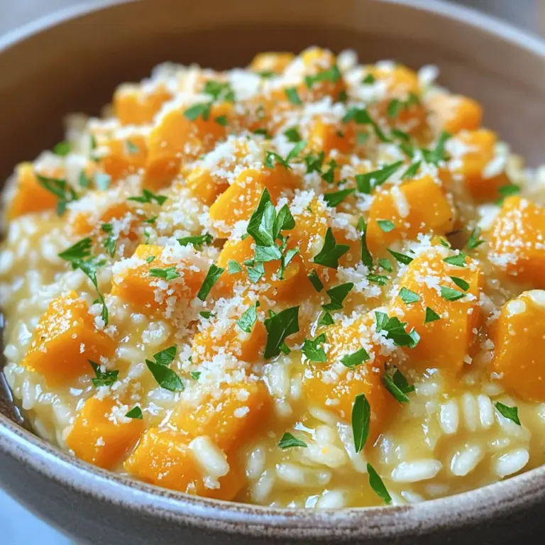 Für ein köstliches Butternut Squash Risotto benötigen Sie folgende Zutaten: - 1 mittelgroßer Butternut-Kürbis, geschält und gewürfelt - 1 Tasse Arborio-Reis - 4 Tassen Gemüsebrühe - 1 mittelgroße Zwiebel, fein gehackt - 3 Knoblauchzehen, gehackt - 2 Esslöffel Olivenöl - 1 Teelöffel frische Thymianblätter - 1/2 Teelöffel gemahlene Muskatnuss - 1/2 Tasse geriebener Parmesan-Käse - Salz und Pfeffer nach Geschmack - Frische Petersilie, gehackt (zum Garnieren) Diese Zutaten geben dem Risotto seinen tollen Geschmack und die cremige Textur. Frische Zutaten sind der Schlüssel zu einem tollen Geschmack. Ich empfehle, frischen Butternut-Kürbis zu verwenden. Er hat mehr Aroma und eine bessere Konsistenz. Gefrorene Zutaten können jedoch praktisch sein, wenn Sie keine frischen finden. Wenn Sie gefrorenen Kürbis verwenden, lassen Sie ihn vorher auftauen. Das hilft, die richtige Textur zu erreichen. Wählen Sie einen Butternut-Kürbis, der fest und schwer ist. Die Schale sollte keine Flecken oder Falten haben. Ein guter Kürbis hat eine gleichmäßige, beige Farbe. Wenn Sie den Kürbis leicht drücken, sollte er sich nicht eindrücken lassen. Achten Sie darauf, dass der Stiel noch dran ist. Ein frischer Stiel zeigt, dass der Kürbis frisch ist. Für das perfekte Risotto ist die Auswahl des Kürbisses wichtig. Ich empfehle, beim Einkaufen auf die Qualität zu achten. Beginnen wir mit der Brühe. Gießen Sie die Gemüsebrühe in einen Topf. Stellen Sie den Herd auf niedrige Hitze. Lassen Sie die Brühe warm bleiben, aber nicht kochen. Dies hilft dem Risotto, gleichmäßig zu garen. Jetzt kommt der Duft ins Spiel. Erhitzen Sie das Olivenöl in einer großen Pfanne. Fügen Sie die gehackte Zwiebel und den Knoblauch hinzu. Braten Sie sie etwa 5 Minuten lang an. Sie sollen weich und durchscheinend werden. Das gibt dem Risotto einen tollen Geschmack. Fügen Sie jetzt den Arborio-Reis in die Pfanne. Rösten Sie den Reis etwa 2 Minuten lang. Achten Sie darauf, dass der Reis leicht goldbraun wird. Beginnen Sie nun, die warme Brühe schöpfen. Nehmen Sie eine Kelle Brühe und geben Sie sie in die Pfanne. Rühren Sie oft um. Warten Sie, bis der Reis die Brühe fast ganz aufnimmt. Wiederholen Sie dies für 18-20 Minuten. Der Reis sollte al dente sein. Wenn der Reis fast gar ist, fügen Sie frischen Thymian und Muskatnuss hinzu. Rühren Sie das Ganze für weitere 2 Minuten. Nehmen Sie dann den Topf vom Herd. Jetzt kommt der aufregende Teil: den Parmesan-Käse einrühren. Das sorgt für eine schöne, cremige Konsistenz. Würzen Sie das Risotto mit Salz und Pfeffer nach Geschmack. Lassen Sie es einige Minuten ruhen, bevor Sie servieren. Genießen Sie das cremige Kürbis-Risotto! Für das vollständige Rezept, schauen Sie sich die [Full Recipe] an. Um das Risotto perfekt zu machen, ist Geduld wichtig. Rühre häufig, während du die Brühe hinzufügst. Das hilft, die cremige Textur zu erreichen. Achte darauf, dass die Brühe warm bleibt. Kalte Brühe kann den Kochprozess stören. Verwende frische Kräuter für besseren Geschmack. Thymian passt wunderbar zum Butternut-Kürbis. Ein häufiger Fehler ist, zu viel Brühe auf einmal hinzuzufügen. Dies macht das Risotto wässrig. Achte darauf, die Brühe in kleinen Mengen zuzugeben. Ein weiterer Fehler ist, das Risotto nicht genug zu rühren. Dies kann dazu führen, dass der Reis ungleichmäßig kocht. Lass das Risotto nicht zu lange stehen, bevor du servierst. Es wird schnell fest. Ein guter Topf ist entscheidend. Verwende einen schweren Topf für gleichmäßige Hitze. Ein Holzlöffel ist ideal zum Rühren. So kannst du den Reis sanft bewegen. Eine Reibe ist nützlich für den Parmesan-Käse. Ein Messbecher hilft, die Brühe genau abzumessen. Diese Geräte machen die Zubereitung einfacher. Für das vollständige Rezept, siehe die [Full Recipe]. {{image_4}} Für eine vegane Variante des Butternut Squash Risottos kannst du den Parmesan-Käse einfach weglassen. Stattdessen füge eine vegane Sahne oder Cashew-Creme hinzu. Diese Zutaten geben dem Gericht eine cremige Konsistenz und vollen Geschmack. Du kannst auch Hefeflocken nutzen, um einen käsigen Geschmack zu erzielen. Wenn du glutenfrei kochen möchtest, ist Arborio-Reis eine tolle Wahl. Er ist von Natur aus glutenfrei. Achte darauf, dass die Gemüsebrühe ebenfalls glutenfrei ist. Viele Marken bieten spezielle glutenfreie Brühen an. Diese kleinen Anpassungen machen dein Risotto für jeden genießbar. Um das Risotto noch geschmackvoller zu machen, kannst du einige zusätzliche Zutaten hinzufügen. Hier sind einige Ideen: - Pilze: Champignons oder Steinpilze bringen einen tollen Umami-Geschmack. - Kräuter: Frischer Salbei oder Rosmarin geben dem Gericht eine besondere Note. - Nüsse: Geröstete Kürbiskerne oder Pinienkerne fügen Crunch und Nährstoffe hinzu. - Zitrone: Ein Spritzer Zitronensaft bringt Frische und Balance. Diese Variationen machen dein Butternut Squash Risotto einzigartig und köstlich. Du kannst mit den Zutaten spielen, um deinen eigenen Geschmack zu finden. Für das Grundrezept schaue dir die [Full Recipe] an. Wenn du Risotto übrig hast, bewahre es in einem luftdichten Behälter auf. Lass das Risotto zuerst auf Raumtemperatur abkühlen. Dann decke den Behälter gut ab. So bleibt es frisch. Du kannst das Risotto auch in Portionsbehältern aufteilen. So ist es einfach, eine Portion nach der anderen zu entnehmen. Um das Risotto aufzuwärmen, benutze einen Topf oder eine Mikrowelle. Im Topf erhitzt du es bei niedriger Hitze. Füge etwas Brühe oder Wasser hinzu, um es cremig zu halten. Rühre oft, damit es nicht anbrennt. In der Mikrowelle erwärmst du es in kurzen Intervallen. Decke das Gericht ab, damit die Feuchtigkeit bleibt. So bleibt der Geschmack frisch. Im Kühlschrank hält sich das Risotto etwa 3 bis 4 Tage. Wenn du es länger aufbewahren möchtest, friere es ein. Im Gefrierschrank bleibt es bis zu 3 Monate gut. Denke daran, es in einem gefrierfesten Behälter zu lagern. Vor dem Servieren lasse es über Nacht im Kühlschrank auftauen. Du kannst auch die [Full Recipe] verwenden, um frisches Risotto zu machen. Für die Zubereitung von Butternut Squash Risotto benötigst du etwa 40 Minuten. Die Vorbereitungszeit ist kurz und beträgt nur 10 Minuten. Das Kochen des Risottos selbst dauert ungefähr 30 Minuten. Es ist wichtig, bei der Zubereitung geduldig zu sein, damit der Reis die Brühe gut aufnehmen kann. Ja, du kannst auch andere Kürbissorten verwenden. Hokkaido-Kürbis oder Muskatkürbis sind gute Alternativen. Diese Sorten bringen unterschiedliche Geschmäcker und Texturen in dein Risotto. Achte darauf, sie in ähnliche Stücke wie den Butternut-Kürbis zu schneiden, damit sie gleichmäßig garen. Der beste Käse für Risotto ist Parmesan. Er bringt einen reichen, salzigen Geschmack und hilft, die cremige Konsistenz zu erreichen. Du kannst auch Grana Padano oder Pecorino Romano verwenden. Diese Käsesorten geben deinem Risotto eine tolle Tiefe und Komplexität. Um das Risotto kalorienärmer zu machen, kannst du einige Tipps befolgen. Verwende weniger Käse oder tausche ihn gegen eine leichtere Option aus. Statt Olivenöl kannst du auch Brühe verwenden, um den Reis zu garen. Füge mehr Gemüse hinzu, um das Gericht voluminöser zu machen, ohne viele Kalorien hinzuzufügen. Ein guter Trick ist, das Risotto mit frischen Kräutern zu würzen, um den Geschmack zu intensivieren, ohne zusätzliche Kalorien zu verwenden. Butternut Squash Risotto ist eine köstliche Wahl, die einfach zuzubereiten ist. Wir haben die besten Zutaten, Tipps zur Zubereitung und Variationen betrachtet. Achte darauf, frische Zutaten zu wählen und potenzielle Fehler zu vermeiden. Denke auch an die richtigen Lagerungshinweise, damit du deine Reste genießen kannst. Mit diesen Informationen kannst du dein Risotto perfektionieren und jede Mahlzeit bereichern. Viel Spaß beim Kochen!