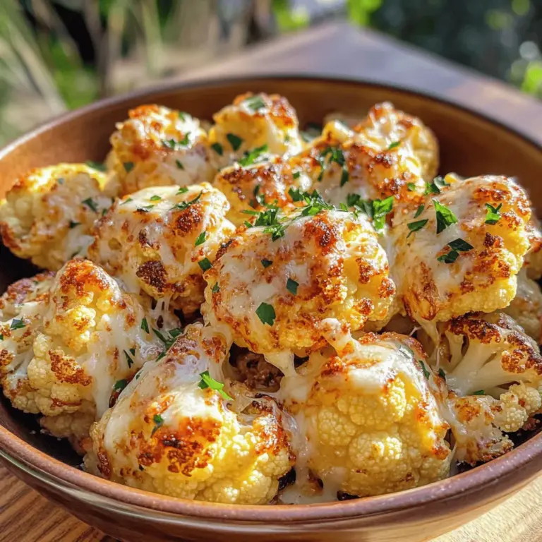 Für ein köstliches Gericht benötigen Sie: - 1 großer Kopf Blumenkohl, in Röschen zerteilt - 4 Esslöffel Olivenöl - 4 Knoblauchzehen, fein gehackt - ½ Tasse frisch geriebener Parmesan - 1 Teelöffel Zwiebelpulver - 1 Teelöffel geräuchertes Paprikapulver - ½ Teelöffel Salz - ¼ Teelöffel schwarzer Pfeffer - Frische Petersilie, gehackt (zum Garnieren) Die Gewürzmischung ist einfach und voller Geschmack. Zwiebelpulver gibt Süße, während geräuchertes Paprikapulver eine rauchige Note hinzufügt. Diese Mischung sorgt für ein tolles Aroma beim Rösten. Achten Sie darauf, die Gewürze gut mit dem Blumenkohl zu vermengen. So wird jede Röschen gleichmäßig gewürzt und lecker. Zu diesem Gericht passen viele Beilagen gut. Probieren Sie einen frischen Salat oder knuspriges Brot. Diese Beilagen ergänzen den Blumenkohl perfekt. Als Getränk empfehle ich spritziges Wasser oder einen leichten Weißwein. Diese Kombination macht das Essen noch besser und sorgt für ein rundes Geschmackserlebnis. Zuerst musst du den Blumenkohl vorbereiten. Nimm einen großen Kopf Blumenkohl und schneide ihn in Röschen. Die Röschen sollten gleich groß sein, damit sie gleichmäßig garen. Wasche sie gut unter kaltem Wasser und trockne sie mit einem Küchentuch. Ein trockener Blumenkohl nimmt das Öl besser auf. Jetzt ist es Zeit, die Gewürze anzurühren. In einer großen Schüssel gibst du das Olivenöl, die fein gehackten Knoblauchzehen, Zwiebelpulver, geräuchertes Paprikapulver, Salz und schwarzen Pfeffer hinzu. Mische alles gut. Du solltest eine duftende Mischung haben. Füge die Blumenkohlröschen hinzu und vermenge sie, sodass jede Röschen gut bedeckt ist. Heize deinen Ofen auf 220°C vor und lege ein Backblech mit Backpapier aus. Verteile die gewürzten Blumenkohlröschen gleichmäßig auf dem Blech. Röste sie 25 bis 30 Minuten lang. Rühre nach der Hälfte der Zeit um. Der Blumenkohl sollte zart sein und goldbraun aussehen. Nach dem Rösten bestreue ihn mit frisch geriebenem Parmesan. Lass ihn für weitere 5 bis 7 Minuten im Ofen, bis der Käse schmilzt und leicht knusprig wird. Garniere das Gericht mit frischer Petersilie. Für das ganze Rezept schau dir die [Full Recipe] an. Die richtige Röstdauer ist entscheidend. Ich empfehle, den Blumenkohl bei 220°C zu rösten. Die optimale Zeit liegt zwischen 25 und 30 Minuten. Achte darauf, nach 15 Minuten umzurühren. So wird der Blumenkohl gleichmäßig gar und bekommt eine schöne goldene Farbe. Diese Technik sorgt für zarte Röschen und knusprige Kanten. Um den perfekten Käsebelag zu erreichen, verwende frisch geriebenen Parmesan. Streue ihn gleich nach dem Rösten über den heißen Blumenkohl. Gib das Blech für 5 bis 7 Minuten zurück in den Ofen. Der Käse schmilzt und wird leicht knusprig. So bleibt der Geschmack intensiv und köstlich. Ein häufiger Fehler ist, den Blumenkohl zu dicht zu legen. Achte darauf, die Röschen in einer einzelnen Schicht auf dem Blech zu verteilen. Wenn sie zu nah beieinander liegen, dämpfen sie sich statt zu rösten. Außerdem ist es wichtig, die Gewürze gut zu mischen, bevor du den Blumenkohl in den Ofen gibst. So verteilt sich der Geschmack gleichmäßig. Besuche den [Full Recipe] für weitere Tipps! {{image_4}} Um den Geschmack zu variieren, können Sie neue Gewürze hinzufügen. Zum Beispiel, probieren Sie italienische Kräuter wie Oregano oder Thymian. Eine Prise Chili-Flocken bringt einen schönen Kick. Auch Zitronenschale kann dem Blumenkohl Frische verleihen. Experimentieren Sie mit Ihren bevorzugten Gewürzen! Wenn Sie Vegan sind, lassen Sie den Parmesan weg. Ersetzen Sie ihn mit Hefeflocken für einen käsigen Geschmack. Sie können auch veganen Käse verwenden, falls gewünscht. Diese Alternativen sind lecker und passen gut zu diesem Gericht. Blumenkohl ist toll, aber auch andere Gemüse sind wunderbar. Fügen Sie Karotten oder Brokkoli hinzu. Diese Gemüse bringen Farbe und Geschmack. Sie können sogar verschiedene Sorten von Paprika kombinieren. Diese Kombinationen machen das Gericht noch spannender. Probieren Sie es aus und finden Sie Ihre Lieblingsmischung! Um Reste von Knoblauch-Parmesan-Röstblumenkohl zu lagern, gebe ich sie in einen luftdichten Behälter. Achte darauf, dass der Blumenkohl abgekühlt ist, bevor du ihn einpackst. So bleibt er frisch und lecker. Du kannst auch etwas Olivenöl hinzufügen, um die Feuchtigkeit zu bewahren. Beim Wiedererhitzen ist ein Ofen die beste Wahl. Heize den Ofen auf 180°C vor. Lege die Reste auf ein Backblech und erwärme sie für 10-15 Minuten. So wird der Blumenkohl knusprig und der Käse schmilzt wieder. Alternativ kannst du die Reste in der Mikrowelle aufwärmen, aber der Blumenkohl wird nicht so knusprig. Im Kühlschrank bleibt der Knoblauch-Parmesan-Röstblumenkohl etwa 3-4 Tage frisch. Achte darauf, ihn gut zu verpacken. Wenn du ihn länger aufbewahren möchtest, friere ihn ein. Im Gefrierfach kann er bis zu 3 Monate halten. Wenn du ihn einfrierst, empfehle ich, ihn in Portionen zu verpacken. So kannst du genau die Menge auftauen, die du brauchst. Um Garlic Parmesan Roasted Cauliflower zu machen, folge diesen Schritten: 1. Heize deinen Ofen auf 220°C vor. 2. Zerteile einen großen Kopf Blumenkohl in Röschen. 3. Mische die Blumenkohlröschen in einer Schüssel mit 4 Esslöffeln Olivenöl, 4 fein gehackten Knoblauchzehen, 1 Teelöffel Zwiebelpulver, 1 Teelöffel geräuchertem Paprikapulver, ½ Teelöffel Salz und ¼ Teelöffel schwarzem Pfeffer. 4. Verteile die Röschen gleichmäßig auf einem mit Backpapier belegten Blech. 5. Röste den Blumenkohl 25-30 Minuten lang. Rühre nach 15 Minuten um. 6. Bestreue den heißen Blumenkohl mit ½ Tasse frisch geriebenem Parmesan. 7. Röste ihn weitere 5-7 Minuten, bis der Käse geschmolzen ist. Dieser Prozess ergibt einen leckeren und knusprigen Blumenkohl. Du kannst das vollständige Rezept für weitere Details finden. Ja, du kannst den Käse weglassen. Der Blumenkohl bleibt trotzdem schmackhaft. Du könntest stattdessen Nährhefe nutzen für einen ähnlichen Geschmack. Das gibt dir eine gute, vegane Option. Einige Leute mögen auch, mehr Gewürze hinzuzufügen, um den Geschmack zu verstärken. Probiere es einfach aus! Wenn du einen anderen Ofen benutzt, achte auf die Ofentemperatur. Jeder Ofen kann anders sein. Ein Gasofen kann mehr oder weniger Hitze abgeben. Wenn dein Ofen nicht gut heizt, erhöhe die Temperatur um 10-20 Grad. Schau auch während des Röstens nach, um sicherzustellen, dass der Blumenkohl nicht verbrennt. Halte die Backzeit im Auge und passe sie nach Bedarf an. So bleibt dein Blumenkohl perfekt! Blumenkohl rösten ist einfach und macht Spaß. Du brauchst nur frische Zutaten und Gewürze. In der Anleitung lernst du, wie du den Blumenkohl richtig vorbereitest und würzt. Die Tipps helfen dir, die besten Ergebnisse zu erzielen. Variationen bringen Abwechslung auf den Tisch und die Aufbewahrungshinweise helfen dir, Reste länger frisch zu halten. Mit diesen Informationen kannst du leckeres Essen zaubern und gleichzeitig Fehler vermeiden. Probier es aus und genieße jeden Bissen.