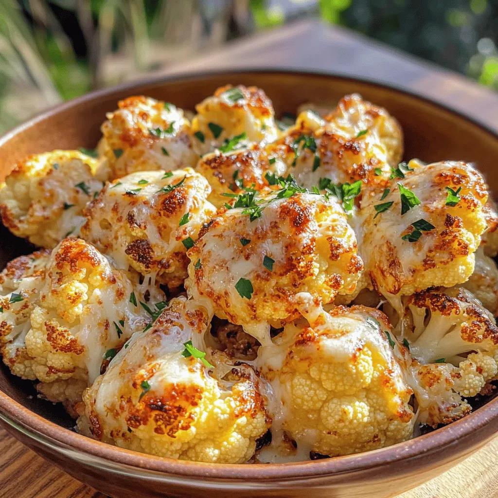 Für ein köstliches Gericht benötigen Sie: - 1 großer Kopf Blumenkohl, in Röschen zerteilt - 4 Esslöffel Olivenöl - 4 Knoblauchzehen, fein gehackt - ½ Tasse frisch geriebener Parmesan - 1 Teelöffel Zwiebelpulver - 1 Teelöffel geräuchertes Paprikapulver - ½ Teelöffel Salz - ¼ Teelöffel schwarzer Pfeffer - Frische Petersilie, gehackt (zum Garnieren) Die Gewürzmischung ist einfach und voller Geschmack. Zwiebelpulver gibt Süße, während geräuchertes Paprikapulver eine rauchige Note hinzufügt. Diese Mischung sorgt für ein tolles Aroma beim Rösten. Achten Sie darauf, die Gewürze gut mit dem Blumenkohl zu vermengen. So wird jede Röschen gleichmäßig gewürzt und lecker. Zu diesem Gericht passen viele Beilagen gut. Probieren Sie einen frischen Salat oder knuspriges Brot. Diese Beilagen ergänzen den Blumenkohl perfekt. Als Getränk empfehle ich spritziges Wasser oder einen leichten Weißwein. Diese Kombination macht das Essen noch besser und sorgt für ein rundes Geschmackserlebnis. Zuerst musst du den Blumenkohl vorbereiten. Nimm einen großen Kopf Blumenkohl und schneide ihn in Röschen. Die Röschen sollten gleich groß sein, damit sie gleichmäßig garen. Wasche sie gut unter kaltem Wasser und trockne sie mit einem Küchentuch. Ein trockener Blumenkohl nimmt das Öl besser auf. Jetzt ist es Zeit, die Gewürze anzurühren. In einer großen Schüssel gibst du das Olivenöl, die fein gehackten Knoblauchzehen, Zwiebelpulver, geräuchertes Paprikapulver, Salz und schwarzen Pfeffer hinzu. Mische alles gut. Du solltest eine duftende Mischung haben. Füge die Blumenkohlröschen hinzu und vermenge sie, sodass jede Röschen gut bedeckt ist. Heize deinen Ofen auf 220°C vor und lege ein Backblech mit Backpapier aus. Verteile die gewürzten Blumenkohlröschen gleichmäßig auf dem Blech. Röste sie 25 bis 30 Minuten lang. Rühre nach der Hälfte der Zeit um. Der Blumenkohl sollte zart sein und goldbraun aussehen. Nach dem Rösten bestreue ihn mit frisch geriebenem Parmesan. Lass ihn für weitere 5 bis 7 Minuten im Ofen, bis der Käse schmilzt und leicht knusprig wird. Garniere das Gericht mit frischer Petersilie. Für das ganze Rezept schau dir die [Full Recipe] an. Die richtige Röstdauer ist entscheidend. Ich empfehle, den Blumenkohl bei 220°C zu rösten. Die optimale Zeit liegt zwischen 25 und 30 Minuten. Achte darauf, nach 15 Minuten umzurühren. So wird der Blumenkohl gleichmäßig gar und bekommt eine schöne goldene Farbe. Diese Technik sorgt für zarte Röschen und knusprige Kanten. Um den perfekten Käsebelag zu erreichen, verwende frisch geriebenen Parmesan. Streue ihn gleich nach dem Rösten über den heißen Blumenkohl. Gib das Blech für 5 bis 7 Minuten zurück in den Ofen. Der Käse schmilzt und wird leicht knusprig. So bleibt der Geschmack intensiv und köstlich. Ein häufiger Fehler ist, den Blumenkohl zu dicht zu legen. Achte darauf, die Röschen in einer einzelnen Schicht auf dem Blech zu verteilen. Wenn sie zu nah beieinander liegen, dämpfen sie sich statt zu rösten. Außerdem ist es wichtig, die Gewürze gut zu mischen, bevor du den Blumenkohl in den Ofen gibst. So verteilt sich der Geschmack gleichmäßig. Besuche den [Full Recipe] für weitere Tipps! {{image_4}} Um den Geschmack zu variieren, können Sie neue Gewürze hinzufügen. Zum Beispiel, probieren Sie italienische Kräuter wie Oregano oder Thymian. Eine Prise Chili-Flocken bringt einen schönen Kick. Auch Zitronenschale kann dem Blumenkohl Frische verleihen. Experimentieren Sie mit Ihren bevorzugten Gewürzen! Wenn Sie Vegan sind, lassen Sie den Parmesan weg. Ersetzen Sie ihn mit Hefeflocken für einen käsigen Geschmack. Sie können auch veganen Käse verwenden, falls gewünscht. Diese Alternativen sind lecker und passen gut zu diesem Gericht. Blumenkohl ist toll, aber auch andere Gemüse sind wunderbar. Fügen Sie Karotten oder Brokkoli hinzu. Diese Gemüse bringen Farbe und Geschmack. Sie können sogar verschiedene Sorten von Paprika kombinieren. Diese Kombinationen machen das Gericht noch spannender. Probieren Sie es aus und finden Sie Ihre Lieblingsmischung! Um Reste von Knoblauch-Parmesan-Röstblumenkohl zu lagern, gebe ich sie in einen luftdichten Behälter. Achte darauf, dass der Blumenkohl abgekühlt ist, bevor du ihn einpackst. So bleibt er frisch und lecker. Du kannst auch etwas Olivenöl hinzufügen, um die Feuchtigkeit zu bewahren. Beim Wiedererhitzen ist ein Ofen die beste Wahl. Heize den Ofen auf 180°C vor. Lege die Reste auf ein Backblech und erwärme sie für 10-15 Minuten. So wird der Blumenkohl knusprig und der Käse schmilzt wieder. Alternativ kannst du die Reste in der Mikrowelle aufwärmen, aber der Blumenkohl wird nicht so knusprig. Im Kühlschrank bleibt der Knoblauch-Parmesan-Röstblumenkohl etwa 3-4 Tage frisch. Achte darauf, ihn gut zu verpacken. Wenn du ihn länger aufbewahren möchtest, friere ihn ein. Im Gefrierfach kann er bis zu 3 Monate halten. Wenn du ihn einfrierst, empfehle ich, ihn in Portionen zu verpacken. So kannst du genau die Menge auftauen, die du brauchst. Um Garlic Parmesan Roasted Cauliflower zu machen, folge diesen Schritten: 1. Heize deinen Ofen auf 220°C vor. 2. Zerteile einen großen Kopf Blumenkohl in Röschen. 3. Mische die Blumenkohlröschen in einer Schüssel mit 4 Esslöffeln Olivenöl, 4 fein gehackten Knoblauchzehen, 1 Teelöffel Zwiebelpulver, 1 Teelöffel geräuchertem Paprikapulver, ½ Teelöffel Salz und ¼ Teelöffel schwarzem Pfeffer. 4. Verteile die Röschen gleichmäßig auf einem mit Backpapier belegten Blech. 5. Röste den Blumenkohl 25-30 Minuten lang. Rühre nach 15 Minuten um. 6. Bestreue den heißen Blumenkohl mit ½ Tasse frisch geriebenem Parmesan. 7. Röste ihn weitere 5-7 Minuten, bis der Käse geschmolzen ist. Dieser Prozess ergibt einen leckeren und knusprigen Blumenkohl. Du kannst das vollständige Rezept für weitere Details finden. Ja, du kannst den Käse weglassen. Der Blumenkohl bleibt trotzdem schmackhaft. Du könntest stattdessen Nährhefe nutzen für einen ähnlichen Geschmack. Das gibt dir eine gute, vegane Option. Einige Leute mögen auch, mehr Gewürze hinzuzufügen, um den Geschmack zu verstärken. Probiere es einfach aus! Wenn du einen anderen Ofen benutzt, achte auf die Ofentemperatur. Jeder Ofen kann anders sein. Ein Gasofen kann mehr oder weniger Hitze abgeben. Wenn dein Ofen nicht gut heizt, erhöhe die Temperatur um 10-20 Grad. Schau auch während des Röstens nach, um sicherzustellen, dass der Blumenkohl nicht verbrennt. Halte die Backzeit im Auge und passe sie nach Bedarf an. So bleibt dein Blumenkohl perfekt! Blumenkohl rösten ist einfach und macht Spaß. Du brauchst nur frische Zutaten und Gewürze. In der Anleitung lernst du, wie du den Blumenkohl richtig vorbereitest und würzt. Die Tipps helfen dir, die besten Ergebnisse zu erzielen. Variationen bringen Abwechslung auf den Tisch und die Aufbewahrungshinweise helfen dir, Reste länger frisch zu halten. Mit diesen Informationen kannst du leckeres Essen zaubern und gleichzeitig Fehler vermeiden. Probier es aus und genieße jeden Bissen.