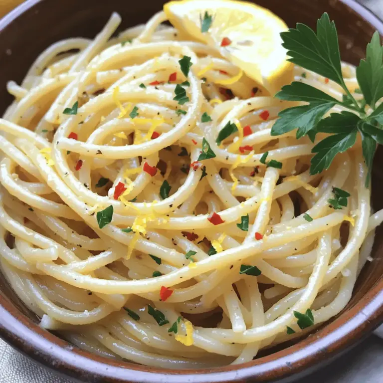 - 250 g Spaghetti - 6 Knoblauchzehen - 80 ml extra-natives Olivenöl - 1 Teelöffel rote Pfefferflocken Ich liebe, wie einfach und schnell man Spaghetti Aglio e Olio zubereiten kann. Die Hauptzutaten sind simpel, aber voller Geschmack. Die Spaghetti sind die Basis und machen das Gericht sättigend. Der Knoblauch bringt das Aroma, und das Olivenöl sorgt für die nötige Geschmeidigkeit. Die roten Pfefferflocken geben einen kleinen Kick. - 1 Zitrone (Schale und Saft) - ¼ Tasse frische Petersilie - Salz, nach Geschmack - Parmesan (optional) Frische Zutaten machen den Unterschied. Die Zitrone bringt Frische und einen tollen Geschmack. Die Schale und der Saft zusammen geben eine perfekte Balance. Die Petersilie fügt Farbe und einen frischen Geschmack hinzu. Ich empfehle, das Salz nach Geschmack hinzuzufügen. Parmesan ist optional, aber er macht das Gericht noch besser. Das Rezept ist einfach und für viele Anlässe passend. Du kannst es in nur 20 Minuten zubereiten. Du findest das vollständige Rezept [hier](#). Um die Spaghetti perfekt zu kochen, beginne mit einem großen Topf. Fülle ihn mit gesalzenem Wasser. Bringe das Wasser zum Kochen. Wenn das Wasser kocht, füge die Spaghetti hinzu. Koche sie nach der Anleitung auf der Verpackung bis sie al dente sind. Merke dir, etwa 1 Tasse des Kochwassers aufzuheben. Gieße die Spaghetti dann ab. Jetzt ist es Zeit, das Öl und den Knoblauch vorzubereiten. Nimm eine große Pfanne und erhitze das Olivenöl bei mittlerer Hitze. Wenn das Öl warm ist, füge die dünn geschnittenen Knoblauchzehen hinzu. Brate sie für 2-3 Minuten an. Achte darauf, dass der Knoblauch goldbraun wird und duftet. Sei vorsichtig, denn verbrannter Knoblauch wird bitter. Die Sauce ist der Schlüssel. Füge jetzt die roten Pfefferflocken und die Zitronenschale in die Pfanne. Rühre alles etwa 30 Sekunden lang gut um. So entfalten sich die Aromen. Nun kommen die abgetropften Spaghetti in die Pfanne. Vermische die Spaghetti gut mit der Öl-Mischung. Wenn die Pasta zu trocken aussieht, gib nach und nach etwas vom aufbewahrten Kochwasser hinzu. Rühre gut um, damit alles schön verbunden ist. Achte darauf, die Hitze beim Anbraten des Knoblauchs genau zu kontrollieren. Zu hohe Temperaturen verbrennen den Knoblauch schnell. Goldbrauner Knoblauch bringt den besten Geschmack. Wenn er zu dunkel wird, wird er bitter. Also, bleib dran und rühre oft um. Das Kochwasser der Pasta ist ein geheimer Helfer. Es enthält Stärke, die eine tolle Basis für die Sauce bildet. Wenn die Pasta zu trocken wirkt, füge nach und nach etwas vom aufbewahrten Kochwasser hinzu. So erreichst du eine seidige Konsistenz, die alle Aromen verbindet. Garnierungen bringen das Gericht zum Strahlen. Frische Petersilie sorgt für Farbe und einen frischen Kick. Parmesan verleiht eine cremige Note, die das Gericht aufwertet. Ein Spritzer frischer Zitronensaft am Ende hebt die Aromen hervor. So wird jede Gabel ein Genuss. {{image_4}} Um eine scharfe Aglio e Olio zu machen, füge mehr Chili hinzu. Du kannst frische Chili oder scharfe Soßen verwenden. Passt die Menge der roten Pfefferflocken an deinen Geschmack an. Diese Schärfe hebt die Aromen hervor und gibt der Pasta einen extra Kick. Eine Gemüse-Variante ist leicht zuzubereiten. Schneide Zucchini oder Paprika in kleine Stücke. Brate sie zusammen mit der Pasta in der Pfanne an. Das Gemüse fügt Farbe und Textur hinzu und macht das Gericht nahrhafter. Du kannst auch Spinat oder Brokkoli verwenden, um mehr Vitamine zu bekommen. Für zusätzliche Proteine kannst du gegrillte Garnelen oder Hähnchen hinzufügen. Diese Zutaten passen gut zur bestehenden Sauce. Mische sie einfach unter die Pasta, bevor du servierst. So wird dein Gericht herzhaft und sättigend. Probier diese Variationen, um dein Spaghetti Aglio e Olio zu einem besonderen Erlebnis zu machen. Für das vollständige Rezept schau in die vorherige Sektion. Wenn du Reste hast, bewahre sie in einem luftdichten Behälter auf. So bleiben sie frisch. Stelle sicher, dass der Behälter gut schließt. Du kannst die Reste bis zu drei Tage im Kühlschrank lagern. Nach dieser Zeit kann der Geschmack leiden. Um die Pasta wieder warm zu machen, kannst du die Mikrowelle oder eine Pfanne nutzen. Wenn du die Mikrowelle verwendest, decke die Schüssel ab, damit die Feuchtigkeit bleibt. In einer Pfanne erhitzt du die Pasta bei niedriger Hitze. Füge etwas frisches Öl oder Wasser hinzu, um die Pasta nicht trocken werden zu lassen. So bleibt der Geschmack frisch und die Konsistenz angenehm. Die Zubereitung dauert nur 20 Minuten. Du benötigst etwa 10 Minuten für die Vorbereitung und 10 Minuten zum Kochen. Ja, Spaghetti Aglio e Olio ist einfach vegetarisch und vegan. Lass einfach den Parmesan weg. Ersetze ihn durch Hefeflocken für einen käsigen Geschmack. Spaghetti Aglio e Olio kommt aus Neapel, Italien. Es entstand als einfaches Gericht für arme Leute. Die Zutaten waren leicht verfügbar und günstig. Dieses Gericht zeigt, wie lecker einfache Dinge sein können. - 250 g Spaghetti - 6 Knoblauchzehen, dünn geschnitten - 80 ml extra-natives Olivenöl - 1 Teelöffel rote Pfefferflocken (nach Geschmack anpassen) - 1 Zitrone (Schale und Saft) - ¼ Tasse frische Petersilie, gehackt - Salz, nach Geschmack - Parmesan (optional) 1. Spaghetti kochen: Einen großen Topf mit gesalzenem Wasser zum Kochen bringen. Die Spaghetti hinzufügen und nach Anweisung auf der Verpackung bis zur al dente Konsistenz kochen. Etwa 1 Tasse des Kochwassers aufbewahren, danach die Spaghetti abgießen. 2. Öl-Mischung vorbereiten: In einer großen Pfanne das Olivenöl bei mittlerer Hitze erhitzen. Die geschnittenen Knoblauchzehen hinzufügen und 2-3 Minuten anbraten, bis sie goldbraun sind. Achte darauf, den Knoblauch nicht zu verbrennen, da er bitter werden kann. 3. Würze und Geschmack hinzufügen: Rote Pfefferflocken und die Zitronenschale in die Pfanne geben. Etwa 30 Sekunden unter Rühren anbraten, damit sich die Aromen entfalten. 4. Pasta mit Sauce vereinen: Die abgetropften Spaghetti in die Pfanne geben und gut im aromatisierten Öl schwenken. Sollte die Pasta zu trocken wirken, nach und nach etwas vom Kochwasser hinzufügen, bis eine seidige Konsistenz erreicht ist. 5. Frische abschließen: Den Zitronensaft über die Spaghetti auspressen und die gehackte Petersilie untermengen. Gut umrühren, um alle Aromen zu verbinden. Nach Geschmack mit Salz abschmecken. 6. Servieren: Die Spaghetti in Servierschalen anrichten. Optional frisch geriebenen Parmesan darüber streuen und nach Belieben mit zusätzlichen roten Pfefferflocken garnieren. Vorbereitungszeit: 10 Minuten | Gesamtzeit: 20 Minuten | Portionen: 2-3 - Präsentationstipps: Mit einem Zweig frischer Petersilie und Zitronenscheiben garnieren. Sofort heiß servieren. Spaghetti Aglio e Olio ist einfach und lecker. Diese Mahlzeit benötigt nur einige Zutaten. Wir haben die Hauptzutaten und Zubereitung besprochen. Tipps helfen dir, den Knoblauch perfekt zu garen und die Sauce zu verfeinern. Du kannst das Rezept auch variieren, zum Beispiel mit Gemüse oder Proteinen. Reste kannst du leicht aufbewahren und erneut aufwärmen. Dieses Gericht ist flexibel und schnell gemacht. Jetzt bist du bereit, Spaghetti Aglio e Olio in deiner Küche zu zaubern.