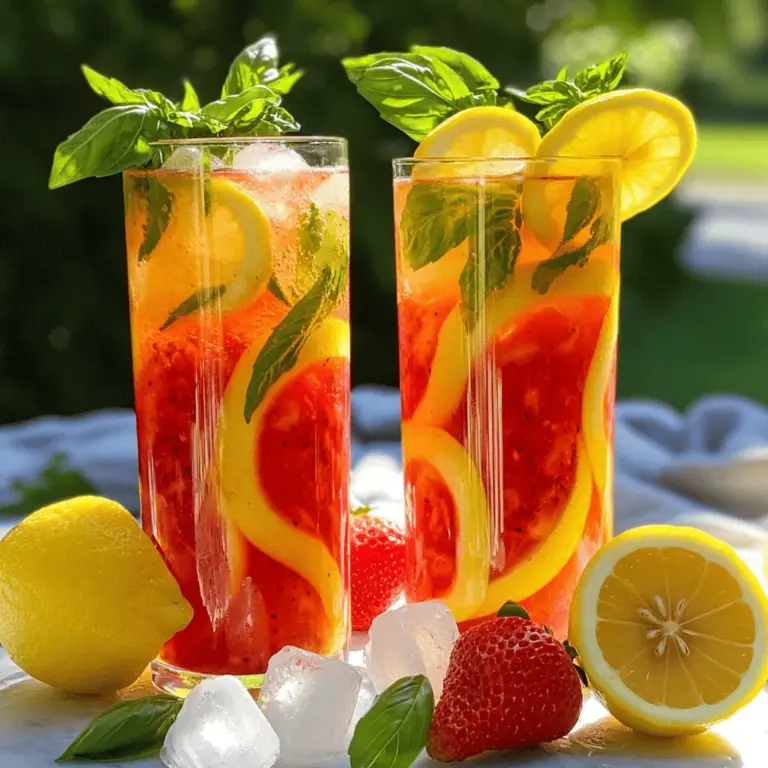 Für die perfekte Erdbeer-Basilikum-Limonade benötigst du folgende frische Zutaten: - 1 Tasse frische Erdbeeren, entstielt und in Scheiben geschnitten - 1/4 Tasse frische Basilikumblätter - 1/2 Tasse frisch gepresster Zitronensaft (ca. 4 Zitronen) - 1/2 Tasse Honig oder Agavensirup (nach Geschmack anpassen) - 4 Tassen kaltes Wasser - Eiswürfel - Zitronenscheiben und Basilikumzweige zur Dekoration Wenn du nach anderen Süßungsmitteln suchst, gibt es viele Optionen. Du kannst Zucker oder Stevia verwenden. Beide bieten eine süße Note. Wenn du einen anderen Geschmack willst, probiere Kokosblütenzucker oder Dattelsirup. Diese Alternativen geben der Limonade einen besonderen Touch. Achte darauf, die Menge anzupassen, um die richtige Süße zu erreichen. Die Auswahl der besten Erdbeeren und Basilikumblätter ist wichtig. Achte darauf, dass die Erdbeeren rot und fest sind. Sie sollten glänzen und keinen Schimmel haben. Frische Erdbeeren haben einen süßen Geruch. Für Basilikum schaue nach kräftigen Blättern. Sie sollten grün und nicht welk sein. Ein guter Tipp: Schnuppere an den Blättern. Wenn sie stark duften, sind sie frisch. Frische Zutaten machen den Unterschied in deinem Getränk aus. Um die Erdbeer-Basilikum-Paste zu machen, nehmen Sie die geschnittenen Erdbeeren und die frischen Basilikumblätter. Geben Sie beides in einen Mixer. Mixen Sie die Mischung, bis sie ganz glatt ist. Diese Paste gibt der Limonade ihren tollen Geschmack. Sie können die Paste auch im Voraus machen und im Kühlschrank aufbewahren. Für die Zitronensaftmischung nehmen Sie einen großen Krug. Gießen Sie den frisch gepressten Zitronensaft hinein. Fügen Sie den Honig oder Agavensirup hinzu. Rühren Sie, bis alles gut vermischt ist. Es ist wichtig, dass der Honig sich gut auflöst. So wird die Limonade süß und frisch. Lassen Sie die Limonade mindestens 30 Minuten im Kühlschrank. So können sich die Aromen gut verbinden. Wenn Sie mehr Zeit haben, lassen Sie sie länger kühlen. Dies macht die Limonade noch erfrischender. Servieren Sie die Limonade über Eiswürfeln und garnieren Sie sie mit einer Zitronenscheibe und einem Basilikumzweig. Das sieht nicht nur schön aus, sondern schmeckt auch lecker! Um mehr über das Rezept zu erfahren, schauen Sie sich die [Full Recipe] an. Wenn du die Süße deiner Erdbeer-Basilikum-Limonade anpassen möchtest, gibt es viele Wege. Du kannst mehr oder weniger Honig oder Agavensirup verwenden. Beginne mit der angegebenen Menge und probiere die Limonade. Füge bei Bedarf mehr Süßstoff hinzu. Manche mögen ihre Limonade süßer, andere weniger. Ein wenig Zucker kann auch helfen. Achte darauf, dass du die Süße gut vermischst. Zusätzliche Aromen können deine Limonade noch besser machen. Minze ist eine tolle Wahl. Sie gibt einen frischen Geschmack. Du kannst einige frische Minzblätter mit den Erdbeeren mixen. Auch Limette passt gut dazu. Der Geschmack wird fruchtiger und spritziger. Trau dich, neue Aromen auszuprobieren. Du kannst auch andere Beeren wie Himbeeren verwenden. Frische Erdbeeren schmecken am besten, aber gefrorene sind auch okay. Gefrorene Erdbeeren sind oft süßer. Sie können dir eine dickere Konsistenz geben. Wenn du gefrorene Früchte nimmst, lass die Limonade etwas länger im Mixer. So wird sie schön cremig. Frische Basilikumblätter sind wichtig für den besten Geschmack. Sie geben der Limonade einen tollen Duft und frischen Kick. {{image_4}} Um die Erdbeer-Basilikum-Limonade aufzupeppen, können Sie Alkohol hinzufügen. Ein spritziger Gin passt perfekt. Mischen Sie einfach 1 bis 2 Unzen Gin in jedes Glas. Wenn Sie einen fruchtigeren Geschmack möchten, probieren Sie Wodka oder Prosecco. Fügen Sie diese nach dem Mischen der Limonade hinzu. Das gibt Ihrer Limonade einen neuen, aufregenden Twist. Wenn Sie Zucker vermeiden möchten, gibt es viele Alternativen. Verwenden Sie Stevia oder Erythrit. Diese Süßstoffe haben keine Kalorien. Sie können auch frische Früchte pürieren. Fügen Sie mehr Erdbeeren hinzu, um die Süße zu erhöhen. So bleibt der Geschmack frisch und gesund. Erdbeer-Basilikum-Limonade ist vielseitig. Sie können sie leicht anpassen. Im Sommer sind Pfirsiche oder Wassermelonen großartige Alternativen. Pürieren Sie die Früchte wie die Erdbeeren. Im Winter können Sie Zitrusfrüchte wie Orangen oder Grapefruits verwenden. Diese Varianten bringen einen neuen Geschmack in die Limonade. Experimentieren Sie mit verschiedenen Früchten und finden Sie Ihre Lieblingskombination. Um die Erdbeer-Basilikum-Limonade frisch zu halten, bewahre sie in einem geschlossenen Krug auf. Ein luftdichter Behälter hilft, die Aromen zu bewahren. Stelle den Krug in den Kühlschrank, wo es kühl und dunkel ist. Vermeide es, die Limonade in der Nähe von stark riechenden Lebensmitteln zu lagern. Die Limonade bleibt im Kühlschrank bis zu drei Tage frisch. Nach dieser Zeit kann der Geschmack schwächer werden. Achte darauf, die Limonade gut zu riechen und zu schmecken, bevor du sie trinkst. Wenn sie seltsam riecht oder aussieht, wirf sie besser weg. Du kannst die Reste der Limonade für andere Gerichte nutzen. Verwende sie in Dressings für Salate. Sie passen auch gut zu Cocktails oder als Sirup für Desserts. Ein Spritzer Limonade in einem Glas Wasser ist ebenfalls erfrischend. Experimentiere mit verschiedenen Kombinationen, um neue Geschmäcker zu entdecken. Um die Erdbeer-Basilikum-Limonade süßer zu machen, fügen Sie mehr Honig oder Agavensirup hinzu. Beginnen Sie mit einem Esslöffel und probieren Sie die Limonade. Für weniger Süße, reduzieren Sie die Menge an Honig oder Agavensirup. Sie können auch mehr Zitronensaft oder Wasser hinzufügen. So bleibt der Geschmack frisch und hell. Ja, gefrorene Erdbeeren sind eine tolle Option! Sie können einfach die gefrorenen Erdbeeren direkt in den Mixer geben. Das macht die Limonade noch kälter und erfrischender. Achten Sie darauf, dass sie ungesüßt sind. So bleibt der Geschmack rein und lecker. Die Erdbeer-Basilikum-Limonade bleibt im Kühlschrank für etwa drei bis fünf Tage frisch. Lagern Sie sie in einem gut verschlossenen Krug. Achten Sie darauf, die Limonade vor dem Servieren gut zu schütteln. So vermischen sich die Aromen wieder. Wenn Sie die Limonade länger aufbewahren möchten, können Sie sie auch einfrieren. Die Erdbeer-Basilikum-Limonade ist erfrischend und einfach zuzubereiten. Wir haben die Zutaten genau betrachtet, Tipps für die Auswahl frischer Produkte geteilt und gleichmäßige Kühlzeiten empfohlen. Du kannst die Süße anpassen und neue Aromen ausprobieren. Die Variationen ermöglichen kreative Änderungen, sei es mit Alkohol oder ohne Zucker. Denke daran, Reste sicher zu lagern. Diese Limonade wird ein Hit bei jeder Gelegenheit sein. Experimentiere und genieße deine selbstgemachte Limonade!