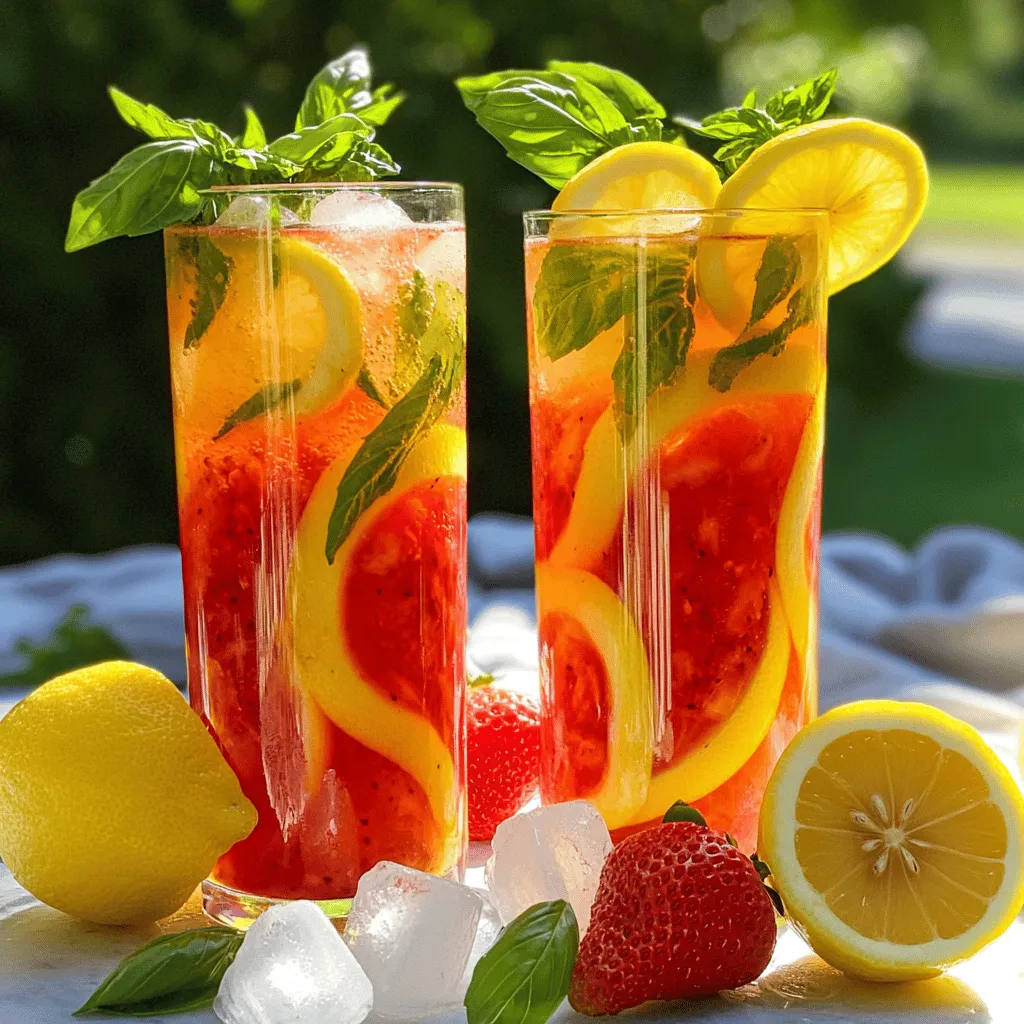 Für die perfekte Erdbeer-Basilikum-Limonade benötigst du folgende frische Zutaten: - 1 Tasse frische Erdbeeren, entstielt und in Scheiben geschnitten - 1/4 Tasse frische Basilikumblätter - 1/2 Tasse frisch gepresster Zitronensaft (ca. 4 Zitronen) - 1/2 Tasse Honig oder Agavensirup (nach Geschmack anpassen) - 4 Tassen kaltes Wasser - Eiswürfel - Zitronenscheiben und Basilikumzweige zur Dekoration Wenn du nach anderen Süßungsmitteln suchst, gibt es viele Optionen. Du kannst Zucker oder Stevia verwenden. Beide bieten eine süße Note. Wenn du einen anderen Geschmack willst, probiere Kokosblütenzucker oder Dattelsirup. Diese Alternativen geben der Limonade einen besonderen Touch. Achte darauf, die Menge anzupassen, um die richtige Süße zu erreichen. Die Auswahl der besten Erdbeeren und Basilikumblätter ist wichtig. Achte darauf, dass die Erdbeeren rot und fest sind. Sie sollten glänzen und keinen Schimmel haben. Frische Erdbeeren haben einen süßen Geruch. Für Basilikum schaue nach kräftigen Blättern. Sie sollten grün und nicht welk sein. Ein guter Tipp: Schnuppere an den Blättern. Wenn sie stark duften, sind sie frisch. Frische Zutaten machen den Unterschied in deinem Getränk aus. Um die Erdbeer-Basilikum-Paste zu machen, nehmen Sie die geschnittenen Erdbeeren und die frischen Basilikumblätter. Geben Sie beides in einen Mixer. Mixen Sie die Mischung, bis sie ganz glatt ist. Diese Paste gibt der Limonade ihren tollen Geschmack. Sie können die Paste auch im Voraus machen und im Kühlschrank aufbewahren. Für die Zitronensaftmischung nehmen Sie einen großen Krug. Gießen Sie den frisch gepressten Zitronensaft hinein. Fügen Sie den Honig oder Agavensirup hinzu. Rühren Sie, bis alles gut vermischt ist. Es ist wichtig, dass der Honig sich gut auflöst. So wird die Limonade süß und frisch. Lassen Sie die Limonade mindestens 30 Minuten im Kühlschrank. So können sich die Aromen gut verbinden. Wenn Sie mehr Zeit haben, lassen Sie sie länger kühlen. Dies macht die Limonade noch erfrischender. Servieren Sie die Limonade über Eiswürfeln und garnieren Sie sie mit einer Zitronenscheibe und einem Basilikumzweig. Das sieht nicht nur schön aus, sondern schmeckt auch lecker! Um mehr über das Rezept zu erfahren, schauen Sie sich die [Full Recipe] an. Wenn du die Süße deiner Erdbeer-Basilikum-Limonade anpassen möchtest, gibt es viele Wege. Du kannst mehr oder weniger Honig oder Agavensirup verwenden. Beginne mit der angegebenen Menge und probiere die Limonade. Füge bei Bedarf mehr Süßstoff hinzu. Manche mögen ihre Limonade süßer, andere weniger. Ein wenig Zucker kann auch helfen. Achte darauf, dass du die Süße gut vermischst. Zusätzliche Aromen können deine Limonade noch besser machen. Minze ist eine tolle Wahl. Sie gibt einen frischen Geschmack. Du kannst einige frische Minzblätter mit den Erdbeeren mixen. Auch Limette passt gut dazu. Der Geschmack wird fruchtiger und spritziger. Trau dich, neue Aromen auszuprobieren. Du kannst auch andere Beeren wie Himbeeren verwenden. Frische Erdbeeren schmecken am besten, aber gefrorene sind auch okay. Gefrorene Erdbeeren sind oft süßer. Sie können dir eine dickere Konsistenz geben. Wenn du gefrorene Früchte nimmst, lass die Limonade etwas länger im Mixer. So wird sie schön cremig. Frische Basilikumblätter sind wichtig für den besten Geschmack. Sie geben der Limonade einen tollen Duft und frischen Kick. {{image_4}} Um die Erdbeer-Basilikum-Limonade aufzupeppen, können Sie Alkohol hinzufügen. Ein spritziger Gin passt perfekt. Mischen Sie einfach 1 bis 2 Unzen Gin in jedes Glas. Wenn Sie einen fruchtigeren Geschmack möchten, probieren Sie Wodka oder Prosecco. Fügen Sie diese nach dem Mischen der Limonade hinzu. Das gibt Ihrer Limonade einen neuen, aufregenden Twist. Wenn Sie Zucker vermeiden möchten, gibt es viele Alternativen. Verwenden Sie Stevia oder Erythrit. Diese Süßstoffe haben keine Kalorien. Sie können auch frische Früchte pürieren. Fügen Sie mehr Erdbeeren hinzu, um die Süße zu erhöhen. So bleibt der Geschmack frisch und gesund. Erdbeer-Basilikum-Limonade ist vielseitig. Sie können sie leicht anpassen. Im Sommer sind Pfirsiche oder Wassermelonen großartige Alternativen. Pürieren Sie die Früchte wie die Erdbeeren. Im Winter können Sie Zitrusfrüchte wie Orangen oder Grapefruits verwenden. Diese Varianten bringen einen neuen Geschmack in die Limonade. Experimentieren Sie mit verschiedenen Früchten und finden Sie Ihre Lieblingskombination. Um die Erdbeer-Basilikum-Limonade frisch zu halten, bewahre sie in einem geschlossenen Krug auf. Ein luftdichter Behälter hilft, die Aromen zu bewahren. Stelle den Krug in den Kühlschrank, wo es kühl und dunkel ist. Vermeide es, die Limonade in der Nähe von stark riechenden Lebensmitteln zu lagern. Die Limonade bleibt im Kühlschrank bis zu drei Tage frisch. Nach dieser Zeit kann der Geschmack schwächer werden. Achte darauf, die Limonade gut zu riechen und zu schmecken, bevor du sie trinkst. Wenn sie seltsam riecht oder aussieht, wirf sie besser weg. Du kannst die Reste der Limonade für andere Gerichte nutzen. Verwende sie in Dressings für Salate. Sie passen auch gut zu Cocktails oder als Sirup für Desserts. Ein Spritzer Limonade in einem Glas Wasser ist ebenfalls erfrischend. Experimentiere mit verschiedenen Kombinationen, um neue Geschmäcker zu entdecken. Um die Erdbeer-Basilikum-Limonade süßer zu machen, fügen Sie mehr Honig oder Agavensirup hinzu. Beginnen Sie mit einem Esslöffel und probieren Sie die Limonade. Für weniger Süße, reduzieren Sie die Menge an Honig oder Agavensirup. Sie können auch mehr Zitronensaft oder Wasser hinzufügen. So bleibt der Geschmack frisch und hell. Ja, gefrorene Erdbeeren sind eine tolle Option! Sie können einfach die gefrorenen Erdbeeren direkt in den Mixer geben. Das macht die Limonade noch kälter und erfrischender. Achten Sie darauf, dass sie ungesüßt sind. So bleibt der Geschmack rein und lecker. Die Erdbeer-Basilikum-Limonade bleibt im Kühlschrank für etwa drei bis fünf Tage frisch. Lagern Sie sie in einem gut verschlossenen Krug. Achten Sie darauf, die Limonade vor dem Servieren gut zu schütteln. So vermischen sich die Aromen wieder. Wenn Sie die Limonade länger aufbewahren möchten, können Sie sie auch einfrieren. Die Erdbeer-Basilikum-Limonade ist erfrischend und einfach zuzubereiten. Wir haben die Zutaten genau betrachtet, Tipps für die Auswahl frischer Produkte geteilt und gleichmäßige Kühlzeiten empfohlen. Du kannst die Süße anpassen und neue Aromen ausprobieren. Die Variationen ermöglichen kreative Änderungen, sei es mit Alkohol oder ohne Zucker. Denke daran, Reste sicher zu lagern. Diese Limonade wird ein Hit bei jeder Gelegenheit sein. Experimentiere und genieße deine selbstgemachte Limonade!