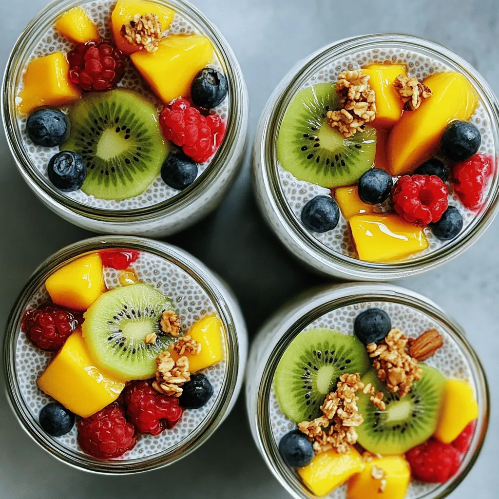 Für einen köstlichen Vanille Chia-Pudding brauche ich einige einfache Zutaten. Diese Grundzutaten sind: - 1/2 Tasse Chiasamen - 2 Tassen Mandelmilch (oder eine andere pflanzliche Milch) - 1/4 Tasse Ahornsirup (oder Honig) - 1 Teelöffel Vanilleextrakt - 1/2 Teelöffel Zimt (optional) Diese Zutaten sind leicht zu finden und machen den Pudding lecker und nährstoffreich. Die Chiasamen sind die Stars dieses Rezepts. Sie quellen auf und geben dem Pudding eine tolle Konsistenz. Wenn du keine Mandelmilch magst, gibt es viele Alternativen. Du kannst auch folgende pflanzliche Milch verwenden: - Hafermilch - Sojamilch - Kokosmilch - Reis-Milch Jede dieser Milchsorten bringt einen eigenen Geschmack und eine spezielle Textur mit. Experimentiere ruhig mit verschiedenen Sorten, um deinen perfekten Pudding zu finden. Süße deinen Pudding nach deinem Geschmack. Neben Ahornsirup kannst du auch diese Süßungsmittel probieren: - Honig - Agavensirup - Kokosblütenzucker Für mehr Geschmack kannst du Aromen hinzufügen. Probiere zum Beispiel: - Vanilleextrakt - Kakaopulver - Fruchtpüree Diese Optionen erlauben es dir, deinen Pudding kreativ zu gestalten. So wird jede Portion einzigartig und lecker. Wenn du mehr Details über die Zubereitung möchtest, schau dir das Full Recipe an. Um Chiasamen vorzubereiten, brauche ich eine große Schüssel. Ich gebe die Chiasamen in die Schüssel. Dann füge ich die Mandelmilch hinzu. Es ist wichtig, alles gut zu vermischen. Ich benutze einen Schneebesen, um Klumpen zu vermeiden. Die Chiasamen nehmen schnell die Flüssigkeit auf. So werden sie später dick und cremig. Nach der Vorbereitung füge ich den Ahornsirup, den Vanilleextrakt und den Zimt hinzu. Ich rühre alles kräftig um, bis es gut vermischt ist. Man kann auch andere Süßungsmittel verwenden, falls man möchte. Jetzt ist der Pudding fast fertig. Ich decke die Schüssel mit Frischhaltefolie ab oder fülle die Mischung in ein Glas. Die Kühlzeit ist wichtig für die perfekte Konsistenz. Ich stelle die Mischung für mindestens vier Stunden in den Kühlschrank. Am besten lasse ich sie über Nacht stehen. So können die Chiasamen die Flüssigkeit gut aufnehmen. Nach der Kühlzeit rühre ich den Pudding nochmals gut durch. Falls er zu dick ist, gebe ich einen kleinen Schluck Mandelmilch hinzu. Zum Schluss verteile ich den Pudding auf Serviergeschirr und dekoriere ihn mit frischen Früchten. Ich kann auch Nüsse oder Granola für den Crunch hinzufügen. Wer die genauen Schritte sehen möchte, findet die Anleitung im Full Recipe. Um den perfekten Chia-Pudding zu machen, ist die richtige Mischung wichtig. Du solltest die Chiasamen gut mit der Mandelmilch vermengen. Achte darauf, dass keine Klumpen entstehen. Ein Schneebesen hilft dir, die Mischung gründlich zu rühren. Lass den Pudding für mindestens vier Stunden im Kühlschrank stehen. So können die Chiasamen die Flüssigkeit gut aufnehmen. Du kannst auch über Nacht warten, um eine noch bessere Konsistenz zu erreichen. Wenn der Pudding zu dick wird, kannst du etwas mehr Milch hinzufügen. Hier sind einige wichtige Dos and Don'ts, die dir helfen. Dos: - Mische sorgfältig: Rühre gut, um Klumpen zu vermeiden. - Kontrolliere die Kühlzeit: Lass den Pudding genug Zeit im Kühlschrank. - Variiere die Toppings: Nutze frische Früchte oder Nüsse für mehr Geschmack. Don'ts: - Vermeide zu viel Süßstoff: Zu viel kann den Geschmack überdecken. - Lass ihn nicht zu lange stehen: Chia-Pudding kann nach ein paar Tagen matschig werden. - Überschütte ihn nicht mit Flüssigkeit: Halte die Menge an Flüssigkeit im Gleichgewicht. Die Präsentation macht viel aus. Du kannst klare Gläser verwenden, um die Schichten zu zeigen. Fülle den Pudding in Schichten mit Früchten und Nüssen. Das sieht schön aus und macht Appetit. Träufle etwas Ahornsirup obenauf, um das Ganze abzurunden. Frische Minze als Garnitur kann ebenfalls einen tollen Farbkontrast bieten. So wird dein Vanille Chia-Pudding nicht nur lecker, sondern auch ein echter Hingucker! {{image_4}} Du kannst den Vanille Chia-Pudding ganz einfach anpassen. Füge Kakao oder geschmolzene Schokolade für eine schokoladige Note hinzu. Möchtest du Kaffeegeschmack? Rühre etwas starken Kaffee oder Espresso unter. Für fruchtige Varianten kannst du pürierte Früchte wie Bananen oder Mangos einmischen. Diese Alternativen machen deinen Pudding noch aufregender und leckerer! Wenn du zuckerfrei leben möchtest, ersetze den Ahornsirup durch einen kalorienfreien Süßstoff. Du kannst auch Agavendicksaft oder Dattelsirup verwenden. Für vegane Optionen achte darauf, pflanzliche Milch zu wählen. Der Pudding bleibt lecker und gesund, egal welche Diät du verfolgst! Die Toppings machen den Chia-Pudding noch besser! Nutze frische Früchte wie Beeren, Kiwi oder Mango für mehr Farbe und Geschmack. Nüsse oder Granola fügen einen tollen Crunch hinzu. Du kannst auch Kokosraspeln oder Joghurt verwenden, um mehr Cremigkeit zu bekommen. Diese Ideen sorgen dafür, dass der Pudding immer frisch und spannend bleibt! Vanille Chia-Pudding bleibt bis zu fünf Tage frisch. Lagere ihn im Kühlschrank. Nach ein bis zwei Tagen schmeckt er am besten. Achte darauf, dass er gut abgedeckt ist. So bleibt die Frische erhalten. Verwende ein luftdichtes Glas oder einen Behälter. Dies schützt den Pudding vor Gerüchen im Kühlschrank. Wenn du den Pudding für mehrere Tage machst, teile ihn in Portionen auf. So kannst du einfach eine Portion nehmen, wenn du Lust hast. Wenn du Reste hast, sei kreativ. Du kannst den Pudding mit Joghurt mischen oder in Smoothies verwenden. Auch als Topping für Haferflocken eignet er sich gut. Füge frische Früchte hinzu, um den Geschmack aufzufrischen. So bleibt dein Pudding spannend und lecker. Chiasamen sind sehr gesund. Sie sind reich an Ballaststoffen, Proteinen und Omega-3-Fettsäuren. Diese Samen helfen, den Blutzuckerspiegel stabil zu halten. Außerdem fördern sie die Verdauung und wirken entzündungshemmend. Für viele Menschen sind Chiasamen eine großartige Ergänzung. Sie können leicht in verschiedene Gerichte integriert werden. Ja, du kannst andere Süßungsmittel verwenden. Honig, Agavensirup oder Stevia sind gute Alternativen. Diese Süßungsmittel bieten verschiedene Geschmäcker und Süßungsgrade. Wenn du es weniger süß magst, reduziere die Menge. Probiere, bis du deinen perfekten Geschmack findest. Es ist besser, den Pudding zu kühlen. Ohne Kühlung kann die Konsistenz ungleichmäßig sein. Chiasamen brauchen Zeit, um die Flüssigkeit aufzunehmen. Wenn du keine Zeit hast, kannst du ihn nur kurz ruhen lassen. Aber für das beste Ergebnis empfehle ich, ihn mindestens vier Stunden im Kühlschrank zu lassen. Vanille Chia-Pudding ist einfach zu machen und sehr lecker. Wir haben die Grundzutaten, die Zubereitung und Tipps für die perfekte Konsistenz besprochen. Du kannst die Rezepte anpassen, um verschiedene Geschmäcker und Diäten zu berücksichtigen. Außerdem hast du gelernt, wie man Chia-Pudding richtig lagert und aufbewahrt. Nutze die Ideen und Variationen, um deinen Pudding zu einem Highlight zu machen. Experimentiere mit den Zutaten und finde deine Lieblingsversion!