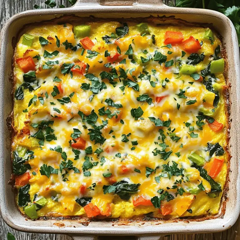 Für deinen herzhafter Frühstücksauflauf brauchst du einige Hauptzutaten. Dabei handelt es sich um: - 8 große Eier - 2 Tassen Milch - 1 Tasse gewürfelte Paprika (in verschiedenen Farben) - 1 Tasse gehackter Spinat - 1 Tasse gewürfelte (vorgekochte) Kartoffeln - 1 Tasse geriebener Käse (Cheddar oder nach Wahl) - 1 Esslöffel Olivenöl Diese Zutaten bilden die Basis. Sie sorgen für einen vollmundigen Geschmack und eine schöne Textur. Um deinem Auflauf mehr Tiefe zu geben, füge Gewürze und Kräuter hinzu. Du kannst verwenden: - 1 Teelöffel Knoblauchpulver - 1 Teelöffel Zwiebelpulver - Salz und Pfeffer nach Geschmack - Optional: frische Kräuter (Petersilie oder Schnittlauch) zur Garnitur Diese Gewürze sind einfach, aber sie machen einen großen Unterschied. Sie bringen die Aromen der anderen Zutaten hervor. Wenn du frische Zutaten auswählst, achte auf einige Dinge. Die Paprika sollten knackig und bunt sein. Der Spinat sollte grün und frisch aussehen. Die Kartoffeln sollten fest sein, ohne dunkle Flecken. Wähle Bio-Produkte, wenn möglich. Sie sind oft schmackhafter und gesünder. Achte auch darauf, die Eier frisch zu kaufen. Frische Eier haben einen klaren, festen Dotter und ein dickes Eiweiß. Diese Tipps helfen dir, die besten Zutaten für deinen Auflauf zu wählen. Ein guter Auflauf beginnt mit frischen, hochwertigen Zutaten. Du kannst das gesamte Rezept [Full Recipe] für eine detaillierte Anleitung nutzen. Zuerst heize deinen Ofen auf 190°C vor. Fette eine große Auflaufform mit Olivenöl ein. Nimm eine große Schüssel und schlage die Eier auf. Füge die Milch hinzu und rühre alles gut. Die Mischung sollte schaumig sein. Jetzt kommen die Gewürze dazu: Knoblauchpulver, Zwiebelpulver, Salz und Pfeffer. Rühre die Gewürze ein, bis alles gut vermischt ist. Beginne mit den gewürfelten Kartoffeln. Lege sie gleichmäßig auf den Boden der Auflaufform. Danach streue die gewürfelten Paprika und den gehackten Spinat über die Kartoffeln. Gieße die Eier-Milch-Mischung gleichmäßig über das Gemüse. Achte darauf, dass alles gut bedeckt ist. Zum Schluss streue den geriebenen Käse oben auf die Mischung. Schiebe die Auflaufform in den vorgeheizten Ofen. Backe den Auflauf 30 bis 35 Minuten. Die Mitte sollte fest sein und die Oberseite goldbraun. Wenn du die perfekte Farbe erreichst, nimm den Auflauf heraus. Lass ihn 5 Minuten ruhen, bevor du ihn schneidest. Garniere ihn nach Wunsch mit frischen Kräutern. Jetzt kannst du die leckeren Stücke servieren! Um deinen Auflauf besonders lecker zu machen, achte auf die Eier. Verwende frische, große Eier. Mische die Eier gut mit der Milch. So wird der Auflauf schön fluffig. Probiere auch, die Mischung nicht zu übermixen. Das gibt mehr Struktur. Wenn du wenig Zeit hast, nutze vorgekochte Kartoffeln. Das spart viel Aufwand. Du kannst auch das Gemüse im Voraus schneiden. Lagere die geschnittenen Zutaten in einem Behälter im Kühlschrank. So hast du alles bereit, wenn du kochen möchtest. Gib deinem Auflauf den letzten Schliff mit frischen Kräutern. Petersilie oder Schnittlauch passen perfekt. Für etwas mehr Farbe kannst du auch Chilipulver oder Paprika verwenden. Diese kleinen Extras machen deinen Auflauf noch appetitlicher und schöner. Für die vollständige Anleitung und das Rezept, schaue dir bitte das Full Recipe an. {{image_4}} Wenn du auf Fleisch verzichten möchtest, gibt es viele tolle Wege, deinen Auflauf zu gestalten. Du kannst einfach die gewürfelte Paprika mit anderen Gemüsesorten ersetzen. Zucchini, Champignons oder Brokkoli sind hervorragende Optionen. Diese Gemüsesorten bringen tollen Geschmack und Farbe. Außerdem kannst du mehr Spinat hinzufügen oder sogar einen Mix aus verschiedenen grünen Blättern verwenden. Diese Variationen machen dein Gericht bunt und gesund. Für Menschen mit Ei-Allergien oder Veganer gibt es großartige Alternativen. Du kannst eine Mischung aus Seidentofu und Pflanzenmilch verwenden. Diese Mischung ersetzt die Eier gut. Füge etwas Kurkuma für die Farbe hinzu. Auch Kichererbsenmehl ist ein guter Ei-Ersatz. Mische es mit Wasser, um eine dicke Paste zu machen. Diese Paste gibt deinem Auflauf die nötige Konsistenz. Käse kann den Geschmack deines Auflaufs stark verändern. Neben Cheddar kannst du auch Mozzarella oder Feta verwenden. Mozzarella gibt eine tolle, schmelzige Textur. Feta bringt einen salzigen Kick. Parmesan ist auch eine gute Wahl, wenn du eine nussige Note möchtest. Du kannst auch mit verschiedenen Käsemischungen experimentieren. So findet jeder seinen Favoriten. Um Reste des herzhaften Frühstücksauflaufs richtig zu lagern, lassen Sie ihn zuerst abkühlen. Schneiden Sie ihn in Portionen und legen Sie diese in luftdichte Behälter. So bleiben die Aromen frisch. Achten Sie darauf, die Behälter gut zu schließen. Stellen Sie sie dann in den Kühlschrank. So können Sie die Reste bis zu fünf Tage genießen. Um den Auflauf aufzuwärmen, nehmen Sie ein Stück heraus und legen Sie es auf einen Teller. Sie können ihn in der Mikrowelle oder im Ofen warm machen. In der Mikrowelle dauert es etwa zwei bis drei Minuten. Im Ofen bei 180°C braucht er etwa 10-15 Minuten. Decken Sie ihn mit Folie ab, damit er nicht austrocknet. Im Kühlschrank bleibt der Auflauf fünf Tage frisch. Wenn Sie ihn länger aufbewahren möchten, können Sie ihn einfrieren. Legen Sie die Portionen in gefriergeeignete Behälter oder Beutel. So hält er bis zu drei Monate. Zum Auftauen stellen Sie ihn einfach über Nacht in den Kühlschrank. Erwärmen Sie ihn dann wie oben beschrieben. So bleibt der Geschmack erhalten. Die Zubereitung eines Frühstücksauflaufs dauert etwa 15 Minuten. Das Backen benötigt dann 30 bis 35 Minuten. Insgesamt sind es also etwa 50 Minuten von Anfang bis Ende. Ja, du kannst den Auflauf im Voraus zubereiten. Bereite ihn einfach einen Tag vorher vor. Decke die Auflaufform ab und stelle sie in den Kühlschrank. Am Morgen kannst du ihn direkt in den Ofen schieben. Du kannst frisches Obst als Beilage anbieten. Ein einfacher Salat passt auch gut dazu. Für einen herzhaften Touch bieten sich Würstchen oder Speck an. Egal, was du wählst, es wird lecker! Ein herzhaftes Frühstücksauflauf ist einfach zuzubereiten und trifft jeden Geschmack. Wir haben viele Zutaten und Schritt-für-Schritt-Anleitungen durchlebt. Frische Zutaten und die richtigen Gewürze bringen den besonderen Geschmack. Tipps und Tricks helfen dir, alles perfekt zu machen und schneller zu arbeiten. Du kannst verschiedene Variationen ausprobieren, um deinen Bedürfnissen gerecht zu werden. Denke an die richtige Lagerung, damit Reste lange frisch bleiben. Jetzt bist du bereit, deinen eigenen Auflauf zu kreieren!