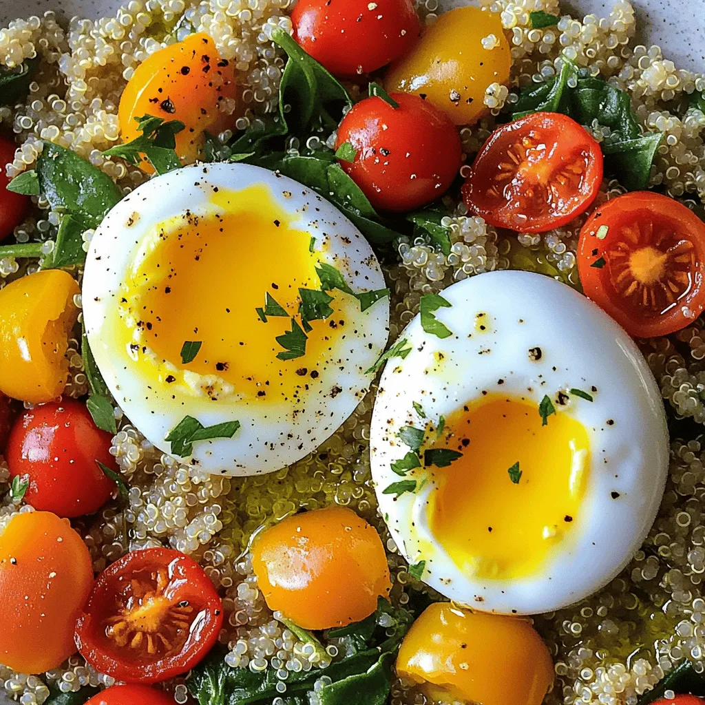 - 1 Tasse Quinoa, gründlich gewaschen - 2 Tassen Gemüsebrühe oder Wasser - 2 große Eier (oder Eierersatz) - 1 kleine Zwiebel, fein gehackt - 2 Knoblauchzehen, gehackt - 1 Paprika (rot oder grün), gewürfelt - 1 Tasse Kirschtomaten, halbiert - 1 Tasse Babyspinat - 1 Teelöffel geräuchertes Paprika-Pulver - Salz und Pfeffer nach Geschmack - Frische Kräuter (wie Petersilie oder Koriander) - Weitere optionale Beigaben Diese Zutaten machen deinen herzhaften Frühstücks-Quinoa nahrhaft und lecker. Quinoa ist eine tolle Basis. Sie ist reich an Protein und Ballaststoffen. Gemüsebrühe bringt viel Geschmack. Du kannst auch einfach Wasser verwenden. Die Zwiebeln und der Knoblauch sorgen für Würze. Paprika fügt eine süße Note hinzu. Kirschtomaten bringen Frische und Farbe. Babyspinat ist gesund und macht das Gericht bunt. Geräuchertes Paprika-Pulver gibt einen besonderen Geschmack. Salz und Pfeffer sind wichtig für die Balance. Frische Kräuter machen das Gericht noch besser. Wenn du magst, füge Avocado, Feta oder Nüsse hinzu. Diese Zutaten machen das Gericht noch interessanter. Du kannst deiner Kreativität freien Lauf lassen. Schau dir das [Full Recipe] an, um alle Schritte zu sehen. Um die Quinoa richtig zu kochen, nimm einen mittelgroßen Topf. Gib die gewaschene Quinoa mit der Gemüsebrühe oder Wasser hinein. Bringe es bei mittlerer bis hoher Hitze zum Kochen. Wenn das Wasser kocht, reduziere die Hitze auf niedrig. Decke den Topf ab und lasse die Quinoa 15 Minuten köcheln. Die Quinoa sollte locker und die Flüssigkeit ganz aufgesogen sein. Nimm sie dann vom Herd und stelle sie beiseite. Erhitze eine große Pfanne bei mittlerer Hitze und füge einen Esslöffel Olivenöl hinzu. Gib die fein gehackte Zwiebel in die Pfanne. Brate sie 2-3 Minuten, bis sie glasig wird. Dann füge den gehackten Knoblauch und die gewürfelte Paprika hinzu. Brate alles für 3-4 Minuten, bis das Gemüse weich ist. Jetzt kommen die halbierten Kirschtomaten dazu. Lasse sie für 2 Minuten kochen, damit sie leicht rösten. Mische die gekochte Quinoa und den Babyspinat unter das Gemüse. Rühre alles gut um, bis der Spinat verwelkt. Würze die Mischung mit geräuchertem Paprika, Salz und Pfeffer. Mache mit einem Löffel zwei kleine Mulden in der Quinoamischung. Schlage in jede Mulde ein Ei. Setze den Deckel auf die Pfanne und gare die Eier 5-7 Minuten. Das Eiweiß sollte fest sein, während die Eigelbe flüssig bleiben. Wenn du festere Eigelbe magst, gare sie länger. Für die vollständige Zubereitung und alle Details siehe die [Full Recipe]. - Du solltest die Quinoa vor dem Kochen gründlich abspülen. Das entfernt Bitterstoffe. - Quinoa gibt es in verschiedenen Farben. Jede Farbe hat einen eigenen Geschmack. Du kannst rote, schwarze oder weiße Quinoa wählen. - Für die perfekten Eier achte auf die Garzeit. Gar sie für fünf bis sieben Minuten. So bleiben die Eigelbe weich. - Wenn du keinen Eier magst, kannst du einen Eiersatz nutzen. Viele pflanzliche Alternativen sind lecker. - Du kannst den Geschmack mit zusätzlichen Gewürzen erhöhen. Probiere Kreuzkümmel oder frische Kräuter. - Für mehr Textur füge geröstete Nüsse oder Samen hinzu. Das gibt deinem Gericht einen tollen Crunch. {{image_4}} Einen herzhaften Touch kannst du durch Speck oder Schinken hinzufügen. Diese Zutaten geben deinem Quinoa mehr Tiefe und Geschmack. Wenn du es noch einfacher magst, probiere Veggie-Wurst als Option. Sie bietet einen tollen Geschmack und ist leicht zu finden. Wenn du vegan bist, gibt es viele tolle Alternativen. Du kannst pflanzliche Ei-Alternativen wählen, die in vielen Geschäften erhältlich sind. Auch zusätzliche Gemüsearten machen dein Gericht bunt und nahrhaft. Zum Beispiel passen Zucchini oder Pilze sehr gut dazu. Um dein Frühstück noch besser zu machen, füge Avocado, Feta oder Nüsse hinzu. Diese Beilagen bringen mehr Textur und Geschmack. Du kannst dein Quinoa auch mit Brot oder Toast servieren. Das macht dein Frühstück sättigender und noch leckerer. Wenn Sie Reste des herzhaften Frühstücks-Quinoa haben, lagern Sie ihn im Kühlschrank. Geben Sie ihn in einen luftdichten Behälter. So bleibt er frisch. Er hält sich dort bis zu drei Tage. Für das Einfrieren teilen Sie den Quinoa in Portionen auf. Verwenden Sie gefrierfeste Behälter oder Beutel. Vergessen Sie nicht, das Datum zu notieren. Der Quinoa kann bis zu drei Monate eingefroren werden. Um den Quinoa wieder zu erwärmen, nutzen Sie eine Mikrowelle oder eine Pfanne. In der Mikrowelle erhitzen Sie ihn in kurzen Abständen. Rühren Sie alle 30 Sekunden um. So wird er gleichmäßig warm. In einer Pfanne geben Sie etwas Wasser oder Brühe hinzu. Erhitzen Sie den Quinoa bei mittlerer Hitze. Rühren Sie oft, um die Textur zu bewahren. Vermeiden Sie Überhitzen, damit er nicht klebrig wird. Der Frühstücks-Quinoa ist im Kühlschrank drei Tage haltbar. Im Gefrierschrank bleibt er bis zu drei Monate genießbar. Überprüfen Sie immer auf Anzeichen von Verderb. Achten Sie auf einen unangenehmen Geruch oder Schimmel. Wenn Sie solche Anzeichen sehen, entsorgen Sie den Quinoa sofort. Quinoa ist ein kleiner, runder Samen. Er stammt aus Südamerika. Quinoa ist reich an Protein. Es enthält alle neun essentiellen Aminosäuren. Auch Ballaststoffe sind in Quinoa enthalten. Diese fördern die Verdauung. Quinoa hat viele Vitamine und Mineralien. Dazu gehören Magnesium, Eisen und Zink. Diese Nährstoffe sind wichtig für die Gesundheit. Quinoa hat wenig Fett und ist glutenfrei. Das macht es ideal für viele Diäten. Es hilft, den Blutzuckerspiegel stabil zu halten. Außerdem kann Quinoa das Herz schützen. Es gibt viele Gründe, Quinoa in Ihre Ernährung aufzunehmen. Ja, Quinoa lässt sich gut im Voraus zubereiten. Kochen Sie eine große Menge. Lassen Sie die Quinoa abkühlen und lagern Sie sie in einem Behälter. Im Kühlschrank hält sie sich bis zu fünf Tage. So haben Sie immer eine gesunde Basis für Ihre Mahlzeiten. Um Quinoa optimal aufzubewahren, nutzen Sie luftdichte Behälter. Sie können Quinoa auch einfrieren. Das verlängert die Haltbarkeit auf mehrere Monate. Achten Sie darauf, die Quinoa in Portionen zu teilen. So können Sie sie leicht auftauen und verwenden. Die Möglichkeiten sind endlos! Fügen Sie verschiedene Gemüse hinzu. Zucchini, Karotten oder Brokkoli passen gut. Auch Hülsenfrüchte wie Kichererbsen sind lecker. Sie erhöhen den Proteingehalt. Käse ist eine weitere tolle Ergänzung. Feta oder Cheddar geben Geschmack. Für eine scharfe Note können Sie Chili oder Jalapeños verwenden. Frische Kräuter wie Basilikum oder Petersilie verleihen Frische. Experimentieren Sie mit verschiedenen Zutaten, um Ihren eigenen Geschmack zu finden. Für das volle Rezept besuchen Sie [Full Recipe]. Quinoa ist ein nährstoffreiches Getreide, perfekt für ein gesundes Frühstück. Wir haben die besten Zutaten, wie Gemüse und Eier, sowie Schritt-für-Schritt-Anleitungen besprochen. Tipps für die Zubereitung und Variationen geben dir noch mehr Ideen. Denke daran, Quinoa gut zu lagern und richtig aufzuwärmen. Du kannst kreativ sein mit allen möglichen Gewürzen und Beilagen. Probiere verschiedene Optionen aus und finde deine Lieblingskombination. So wird jede Mahlzeit lecker und nahrhaft. Viel Spaß beim Kochen!