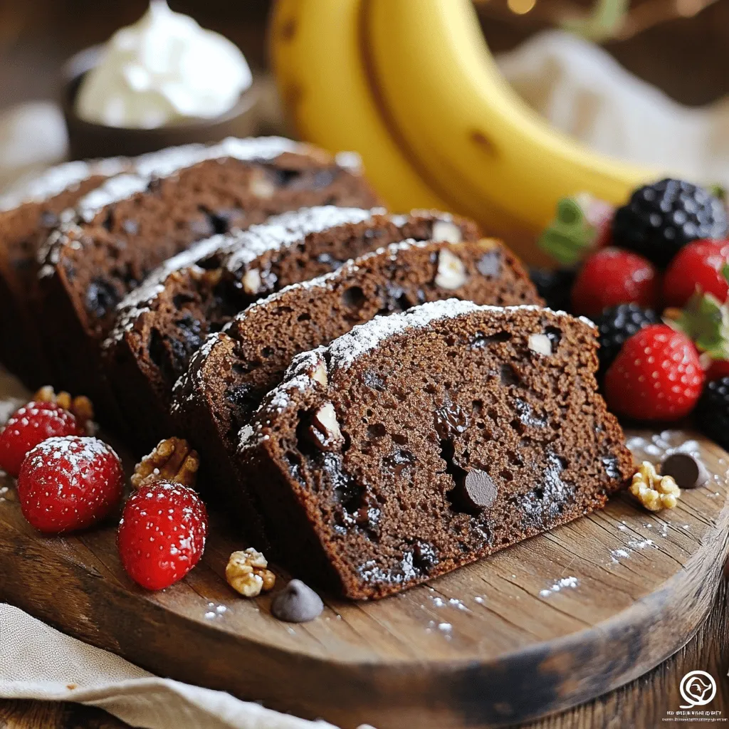 Um ein köstliches Chocolate Chip Banana Bread zu machen, benötigst du folgende Zutaten: - 3 reife Bananen, zerdrückt - 120 g ungesalzene Butter, weich - 100 g brauner Zucker - 50 g Kristallzucker - 2 große Eier - 1 Teelöffel Vanilleextrakt - 1 Teelöffel Backnatron - 1/4 Teelöffel Salz - 190 g Allzweckmehl - 170 g semi-süße Schokoladenstückchen - 75 g gehackte Walnüsse (optional) - 1 Teelöffel gemahlener Zimt - 1/4 Teelöffel Muskatnuss (optional) Diese Zutaten geben deinem Brot den perfekten Geschmack und die richtige Textur. Wähle Bananen, die sehr reif sind. Sie sollten braune Flecken haben, weil sie süßer sind. Reife Bananen lassen sich auch leichter zerdrücken. Achte darauf, dass die Schale keine grünen Stellen hat. Diese Stellen zeigen an, dass die Banane noch nicht ganz reif ist. Wenn du keine reifen Bananen hast, lege sie einfach in eine Papiertüte. Das beschleunigt den Reifungsprozess. Du kannst einige Zutaten leicht ersetzen. Wenn du keine Butter hast, nimm Kokosöl oder Pflanzenöl. Anstelle von Eiern kannst du einen Apfelmus verwenden. Ein Viertel Tasse Apfelmus ersetzt ein Ei. Wenn du keine Walnüsse magst, lass sie weg oder nimm Mandeln. Für eine glutenfreie Option kannst du eine glutenfreie Mehlmischung verwenden. So bleibt dein Brot lecker und passt zu deinen Vorlieben. Du findest das vollständige Rezept im Abschnitt „Full Recipe“ und kannst gleich loslegen! Heize deinen Ofen auf 175°C vor. Fette eine Kastenform (9x5 Zoll) gut ein. So bleibt das Bananenbrot nicht kleben. Du kannst auch Backpapier verwenden, um es einfacher zu machen. In einer großen Schüssel vermischst du die weiche Butter mit dem braunen Zucker und dem Kristallzucker. Rühre alles, bis die Masse schön cremig ist. Das dauert ein paar Minuten. Dann füge die zerdrückten Bananen hinzu. Nutze eine Gabel, um sie gut zu zerdrücken. Nimm eine separate Schüssel und mische das Mehl, Backnatron, Salz, gemahlenen Zimt und Muskatnuss (falls verwendet). Stelle sicher, dass die trockenen Zutaten gut vermischt sind. So wird dein Brot gleichmäßig lecker. Füge die trockenen Zutaten langsam zu der Buttermischung hinzu. Rühre sanft, bis alles gerade vermischt ist. Achte darauf, nicht zu viel zu rühren. Das macht das Brot fluffiger. Jetzt kannst du die Schokoladenstückchen und die Walnüsse (wenn du magst) vorsichtig unterheben. Gieße den Teig gleichmäßig in die vorbereitete Kastenform. Glätte die Oberfläche mit einem Spatel. Backe das Brot für 50-60 Minuten. Es ist fertig, wenn ein Zahnstocher sauber herauskommt. Nimm das Brot aus dem Ofen und lasse es etwa 10 Minuten in der Form abkühlen. Danach lege es auf ein Gitterrost, damit es vollständig abkühlt. Schneide das Bananenbrot in dicke Scheiben und serviere es mit Puderzucker oder frischen Beeren. Es sieht toll aus und schmeckt himmlisch! Für das vollständige Rezept, schaue dir das [Full Recipe] an. Um das Bananenbrot feucht zu halten, gibt es einige einfache Tricks. Verwenden Sie reife Bananen, da sie mehr Feuchtigkeit bieten. Mischen Sie die Zutaten nicht zu lange. Dies kann das Brot trocken machen. Auch das Hinzufügen von Joghurt oder Apfelmus hilft, die Feuchtigkeit zu steigern. Wenn das Brot sehr weich ist, decken Sie es nach dem Backen mit einem Küchentuch ab. So bleibt die Feuchtigkeit im Brot. Wenn Ihr Bananenbrot zu trocken ist, kann das verschiedene Gründe haben. Möglicherweise haben Sie das Brot zu lange gebacken. Achten Sie darauf, es regelmäßig zu überprüfen. Ein Zahnstocher sollte sauber herauskommen, aber nicht zu trocken sein. Eine weitere Lösung ist, etwas mehr gesunde Fette wie Öl hinzuzufügen. Wenn das Brot bereits abgekühlt ist, können Sie es mit etwas Butter oder Marmelade bestreichen. Das gibt zusätzlichen Geschmack und Feuchtigkeit. Für das perfekte Bananenbrot benötigen Sie einige wichtige Utensilien: - Eine Kastenform (9x5 Zoll) - Eine große Schüssel zum Mischen - Eine Gabel zum Zerdrücken der Bananen - Ein Handmixer oder Schneebesen - Ein Holzlöffel zum Rühren - Ein Zahnstocher zum Testen der Backzeit Diese Utensilien sind einfach zu finden und machen das Backen leichter. Mit den richtigen Werkzeugen wird Ihr Bananenbrot ein voller Erfolg. Für das vollständige Rezept, schauen Sie sich das Choco-Banana Bliss Bread Rezept an. {{image_4}} Es gibt viele tolle Möglichkeiten für die Schokoladenstückchen in deinem Bananenbrot. Du kannst weiße Schokolade oder sogar Milchschokolade verwenden. Für einen kräftigen Geschmack probiere dunkle Schokolade. Wenn du es fruchtiger magst, verwende einen Mix aus Schokoladenstückchen und getrockneten Früchten wie Cranberries oder Aprikosen. Diese Alternativen bringen Abwechslung und Freude in dein Brot. Zusätzlich zu den Schokoladenstückchen kannst du auch Nüsse oder andere Früchte hinzufügen. Walnüsse sind eine beliebte Wahl. Sie geben dem Brot einen schönen Crunch. Mandeln oder Pekannüsse sind ebenfalls großartig. Du kannst auch zusätzliche Bananen oder sogar Äpfel in kleinen Stücken verwenden. Diese Zusätze machen dein Bananenbrot noch schmackhafter und gesünder. Wenn du Gluten meiden möchtest, nutze eine glutenfreie Mehlmischung. Diese ist einfach zu finden. Für eine vegane Version kannst du die Eier durch Apfelmus oder Leinsamen ersetzen. Verwende auch pflanzliche Butter oder Öl für die Feuchtigkeit. So kannst du das Rezept an deine Bedürfnisse anpassen. Es bleibt trotzdem lecker und saftig. Für alle Variationen empfehle ich das Full Recipe, um den perfekten Geschmack zu erzielen! Das Bananenbrot bleibt am besten frisch, wenn du es an einem kühlen, trockenen Ort lagerst. Ein Brotkasten oder eine luftdichte Box eignet sich gut dafür. Vermeide es, das Brot im Kühlschrank zu lagern, da dies die Textur trocken macht. Wenn du das Brot in Scheiben schneidest, lege Backpapier dazwischen. So kleben die Scheiben nicht zusammen. Wenn du das Bananenbrot länger aufbewahren möchtest, friere es einfach ein. Schneide das Brot in Scheiben und lege jede Scheibe in Frischhaltefolie. So bleibt die Feuchtigkeit drin. Du kannst das Brot auch im Ganzen einfrieren. Achte darauf, es gut einzupacken, um Gefrierbrand zu vermeiden. Zum Auftauen lasse das Brot bei Raumtemperatur stehen. Frisches Bananenbrot hält sich bei Raumtemperatur etwa 3 bis 4 Tage. Wenn du es im Kühlschrank lagerst, kann es bis zu einer Woche haltbar sein. Im Gefrierfach bleibt das Brot bis zu 3 Monate frisch. So kannst du das leckere Bananenbrot immer genießen, wann immer du Lust darauf hast! Um sicherzustellen, dass dein Bananenbrot aufgeht, achte auf frische Zutaten. Verwende frisches Backnatron. Es sollte sprudeln, wenn du es mit einer feuchten Zutat mischst. Rühre den Teig nicht zu lange. Zu viel Rühren kann das Brot hart machen. Ja, überreife Bananen sind ideal für dein Bananenbrot. Sie sind süßer und geben mehr Geschmack. Zerdrücke sie einfach gut. Je reifer die Banane, desto besser das Ergebnis. Ja, du kannst die Zuckermenge anpassen. Reduziere den Zucker um ein Viertel, wenn du es weniger süß magst. Probiere auch Honig oder Ahornsirup statt Zucker. Das kann dem Brot eine andere Note geben. Es gibt viele Wege, dein Bananenbrot zu verbessern. Füge Nüsse oder Trockenfrüchte hinzu. Du kannst auch Schokoladenstückchen variieren. Nutze weiße oder dunkle Schokolade. Ein Hauch Zimt oder Muskatnuss bringt zusätzlichen Geschmack. Du kannst auch etwas Kakaopulver hinzufügen, um es schokoladiger zu machen. Probiere die Optionen und finde deine Lieblingskombination! Für das vollständige Rezept, schau dir die gesamte Anleitung an. Das Bananenbrot-Rezept ist einfach und macht Spaß. Wir haben die besten Zutaten und Tipps besprochen. Du hast auch gelernt, wie man ideal backt und die besten Variationen ausprobiert. Denke daran, die Brotfrische durch richtige Lagerung zu sichern. Nutze unsere Tipps, um die perfekte Textur zu erreichen. Jetzt bist du bereit, dein eigenes köstliches Bananenbrot zu backen. Viel Spaß beim Ausprobieren und Genießen!