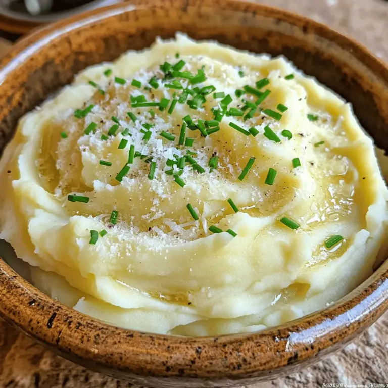 - Kartoffeln: Festkochende Sorten für beste Ergebnisse. Ich empfehle Russet. - Knoblauch: Frisch oder nach Geschmack. Verwende gerne mehr Knoblauch für einen stärkeren Geschmack. - Schlagsahne und Butter: Für Extra-Cremigkeit. Diese Zutaten sorgen für einen feinen, reichhaltigen Geschmack. - Gewürze: Salz und Pfeffer nach Geschmack. Diese einfachen Gewürze bringen alles zusammen. - Parmesan: Für zusätzlichen Geschmack und Textur. Der Käse macht das Püree noch reicher. - Frische Kräuter: Schnittlauch oder Petersilie zum Garnieren. Diese geben Farbe und Frische. Die Hauptzutaten sind einfach zu finden und machen das Gericht besonders lecker. Die optionalen Zutaten bieten dir die Chance, kreativ zu sein. Du kannst das Rezept nach deinem eigenen Geschmack anpassen. Wenn du mehr über die Zubereitung erfahren möchtest, sieh dir das [Full Recipe] an. Zuerst wähle festkochende Kartoffeln. Ich empfehle Russet oder Yukon Gold. Diese Sorten machen das Püree schön cremig. - Kartoffeln schneiden und vorbereiten: Schäle die Kartoffeln und schneide sie in gleich große Stücke. So garen sie gleichmäßig. - Kochen der Kartoffeln und Hinweise zur Garzeit: Gib die Kartoffelstücke in einen großen Topf mit kaltem Wasser. Füge eine Prise Salz hinzu und bringe das Wasser zum Kochen. Reduziere die Hitze und lasse die Kartoffeln 15-20 Minuten kochen, bis sie weich sind. Prüfe mit einer Gabel, ob sie durchstichbar sind. Der Knoblauch gibt den Kartoffeln viel Geschmack. - Die richtige Temperatur und Kochzeit beachten: Schmelze die Butter in einem kleinen Topf bei mittlerer Hitze. Füge den fein gehackten Knoblauch hinzu. - Tipps zur Vermeidung von verbranntem Knoblauch: Sautiere den Knoblauch 2-3 Minuten lang. Achte darauf, dass er nicht verbrennt. Ein verbrannter Geschmack ist bitter und nicht gut. Jetzt wird es cremig! - Auswahl des Werkzeugs zum Stampfen: Verwende einen Kartoffelstampfer oder ein Passiergerät. Damit bekommst du ein glattes Püree. - Vorgehensweise beim Mischen von Zutaten: Gieße die gekochten Kartoffeln in den Topf zurück. Füge den sautierten Knoblauch und die Butter hinzu. Gieße die Schlagsahne darüber. Mische alles gut, bis es cremig ist. Nach Geschmack mit Salz und Pfeffer würzen. Für das vollständige Rezept, siehe den Abschnitt Full Recipe. Um dein Püree noch cremiger zu machen, kannst du weitere Milchprodukte hinzufügen. Probier es mit etwas Frischkäse oder griechischem Joghurt. Diese geben eine tolle Textur. Auch Brühe funktioniert gut. Sie bringt zusätzlichen Geschmack. Achte darauf, die richtige Technik beim Stampfen anzuwenden. Ein Kartoffelstampfer ist ideal. Mische die Kartoffeln gut, aber überarbeite sie nicht. Sonst wird das Püree zäh. Ein häufiger Fehler ist das Überkochen der Kartoffeln. Achte darauf, die Kartoffeln nur bis zur gewünschten Weichheit zu kochen. Wenn sie zu weich sind, wird das Püree wässrig. Ein weiteres Problem ist ein zu festes Püree. Das passiert, wenn du nicht genug Flüssigkeit hinzufügst. Die richtige Konsistenz ist cremig, aber nicht flüssig. Ein guter Tipp ist, bei der Zugabe von Flüssigkeit langsam vorzugehen und gut zu mischen. Diese knoblauchigen Kartoffeln passen hervorragend zu vielen Gerichten. Sie sind eine tolle Beilage zu gebratenem Fleisch oder Fisch. Auch Gemüsegerichte harmonieren gut. Für besondere Anlässe kannst du das Rezept variieren. Füge gebratene Pilze oder geröstete Paprika hinzu. Diese bringen neue Aromen und Farben. Du kannst deine cremigen Knoblauchkartoffeln auch mit frischen Kräutern garnieren. Das macht sie noch ansprechender. {{image_4}} Für einen anderen Geschmack kann man Olivenöl und frische Kräuter nutzen. Das gibt den Knoblauchkartoffeln einen tollen, frischen Kick. Ein Esslöffel Olivenöl macht das Püree noch samtiger. Frische Kräuter wie Thymian oder Rosmarin passen perfekt dazu. Ein Hauch von Zitrone bringt etwas Frische. Diese Variante schmeckt besonders gut zu gegrilltem Gemüse oder Fisch. Wenn du auf tierische Produkte verzichten möchtest, gibt es tolle Alternativen. Ersetze die Butter durch Pflanzenmargarine oder Olivenöl. Für die Sahne nutze Kokosmilch oder Cashewcreme. So bleibt das Püree cremig und lecker, ohne Milchprodukte. Diese vegane Version ist genauso schmackhaft und nahrhaft. Du kannst auch andere Gewürze oder Zutaten hinzufügen. Eine Prise Muskatnuss gibt dem Püree eine warme Note. Ein bisschen Paprika kann eine angenehme Schärfe bringen. Auch geröstete Zwiebeln oder Käse können das Aroma verändern. Sei kreativ und finde deine Lieblingskombination! Für das vollständige Rezept, schau dir die [Full Recipe] an. Um cremige Knoblauchkartoffeln frisch zu halten, kühlst du sie schnell ab. Stelle die Kartoffeln in einen luftdichten Behälter. So bleiben sie länger gut. - Kühlen: Platziere die Kartoffeln in den Kühlschrank. Sie bleiben dort etwa 3 bis 5 Tage frisch. - Wiedererwärmung: Wärm die Kartoffeln langsam auf. Nutze einen Topf oder die Mikrowelle. Füge etwas Milch hinzu, um die Cremigkeit zu erhalten. Cremige Knoblauchkartoffeln halten sich gut im Kühlschrank. Sie sind nach der Zubereitung etwa 3 bis 5 Tage genießbar. Achte auf folgende Anzeichen, um Verderb zu vermeiden: - Geruch: Wenn sie schlecht riechen, schmeiß sie weg. - Farbe: Achte auf eine Veränderung der Farbe. Dunkle Stellen sind ein Zeichen von Verderb. - Konsistenz: Wenn die Kartoffeln wässrig oder schimmlig sind, sind sie nicht mehr gut. Mit diesen Tipps bleibst du auf der sicheren Seite und kannst deine cremigen Knoblauchkartoffeln genießen. Für das vollständige Rezept schaue dir den [Full Recipe] an. Um cremige Knoblauchmashed-Potatoes zu machen, folge diesen Schritten: 1. Kartoffeln kochen: Schneide festkochende Kartoffeln in Stücke und koche sie 15-20 Minuten. 2. Knoblauch sautieren: Schmelze Butter und füge fein gehackten Knoblauch hinzu. Sauté für 2-3 Minuten. 3. Abgießen und stampfen: Gieße die Kartoffeln ab und stampfe sie zu einem glatten Püree. 4. Vermischen: Mische den Knoblauch und die Sahne unter das Püree. 5. Würzen: Schmecke mit Salz und Pfeffer ab. Serviere mit frischem Schnittlauch. Ja, du kannst die Kartoffeln im Voraus zubereiten. Koche die Kartoffeln und püriere sie. Lass sie abkühlen und stelle sie in den Kühlschrank. Vor dem Servieren erwärmst du sie auf niedriger Hitze im Topf. Füge etwas Milch hinzu, um die Cremigkeit zu erhalten. Dies macht die Vorbereitung einfach und spart Zeit. Die besten Kartoffelsorten sind festkochende wie Russet oder Yukon Gold. - Vorteile: Sie haben einen hohen Stärkegehalt und machen das Püree cremig. - Nachteile: Mehlige Kartoffeln wie Idaho können zu einem trockenen Püree führen. Wähle also die richtigen Sorten für die beste Textur. Cremige Knoblauchkartoffeln sind einfach herzustellen. Die besten Festkochenden Kartoffeln und frischer Knoblauch sind entscheidend. Mit der richtigen Technik kannst du ein tolles Ergebnis erzielen. Denke an Variationen, wie Parmesan oder frische Kräuter. Vermeide häufige Fehler, um das Püree perfekt zu machen. Mit diesen Tipps gelingt dir das Gericht immer wieder. Experimentiere mit neuen Aromen. Genieße die Vielseitigkeit und den Geschmack dieser tollen Beilage. Jeder Bissen wird ein Genuss sein.