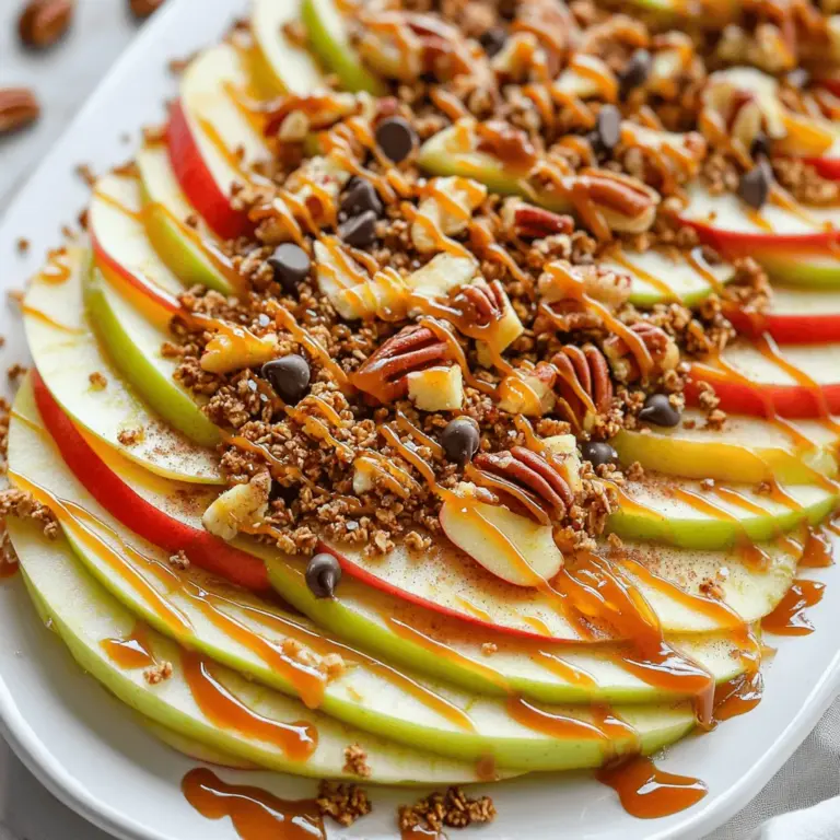 - 2 große Granny Smith Äpfel - 1 Tasse Granola - 1/2 Tasse Karamellsauce Die Hauptzutaten sind einfach, aber lecker. Granny Smith Äpfel geben einen tollen, frischen Geschmack. Ihr knackiger Biss passt perfekt zu süßem Karamell. Granola bringt eine tolle Textur und macht die Nachos knusprig. Karamellsauce sorgt für die süße Note, die jeder liebt. - 1/4 Tasse Mini-Schokoladenstückchen - 1/4 Tasse gehackte Pekannüsse oder Walnüsse - 1/4 Teelöffel Zimt Diese Zutaten bringen noch mehr Geschmack. Mini-Schokoladenstückchen fügen süße Schokolade hinzu. Pekannüsse oder Walnüsse geben einen nussigen Crunch. Zimt macht alles warm und einladend. Diese Ergänzungen machen die Nachos besonders und lecker. - Schlagsahne zum Beträufeln - Meersalz zum Bestreuen Wenn du es noch besser machen willst, nutze die optionalen Zutaten. Schlagsahne bringt eine cremige Note. Ein Hauch von Meersalz sorgt für einen süßen und salzigen Kontrast. Diese kleinen Extras machen den Genuss einfach unvergesslich. Für das vollständige Rezept und weitere Details, schau dir die [Full Recipe] an. - Wasche zuerst die Äpfel gründlich. - Schneide die Äpfel in dünne Spalten. - Lege die Apfelspalten gleichmäßig auf eine große Platte. Das Anrichten auf einer großen Platte macht die Nachos einladend. Du kannst auch ein Backblech mit Backpapier verwenden. So bleibt alles sauber und es sieht toll aus. - Verteile das Granola gleichmäßig über die Apfelspalten. - Erwärme die Karamellsauce in der Mikrowelle für 15-20 Sekunden. - Träufle die warme Karamellsauce über die Äpfel und das Granola. Das Granola bringt eine knusprige Textur. Die warme Karamellsauce wird flüssig und zieht in die Spalten ein. So wird jeder Bissen süß und lecker. - Füge die Mini-Schokoladenstückchen und die gehackten Nüsse hinzu. - Bestäube alles leicht mit Zimt. - Wenn du magst, träufle etwas Schlagsahne darüber. - Streue optional ein wenig Meersalz darüber. - Serviere die Nachos sofort. Die Kombination von Äpfeln, Karamell und Schokolade macht jeden Bissen besonders. Das Meersalz bringt eine schöne Balance zur Süße. Achte darauf, die Nachos sofort zu genießen, damit die Äpfel frisch und knackig bleiben. - Äpfel frisch halten: Wählen Sie die besten Äpfel aus. Granny Smith sind knackig und sauer. Um Äpfel frisch zu halten, legen Sie sie in Wasser mit etwas Zitronensaft. So bleibt die Farbe erhalten. Achten Sie darauf, sie in einem luftdichten Behälter zu lagern. - Karamellsauce ideal verwenden: Wählen Sie eine hochwertige Karamellsauce. Sie sollte dick und reichhaltig sein. Erwärmen Sie sie leicht in der Mikrowelle. So lässt sie sich besser träufeln und verteilt sich gleichmäßiger. - Ansprechende Anrichtung: Nutzen Sie eine große, flache Platte für die Nachos. Legen Sie die Apfelspalten schön nebeneinander. Das sieht einladend aus und macht Lust auf mehr. - Verwendung von zusätzlichen Garnituren: Fügen Sie frische Minzblätter hinzu. Sie bringen Farbe und frischen Geschmack. Auch einige Karamelltröpfchen auf dem Rand sind ein echter Hingucker. - Portionierung für Partys: Teilen Sie die Nachos in kleine Portionen auf. Nutzen Sie kleine Schalen oder Papierbecher. So kann jeder leicht zugreifen und es bleibt weniger Chaos. - Verwendung von Schalen oder Platten: Schalen sind ideal für große Gruppen. Sie sind stabil und einfach zu handhaben. Nutzen Sie eine große Platte für den Tisch, damit alle sehen, was es gibt. Mit diesen Tipps wird Ihr Karamell-Apfel-Nachos Erlebnis zum vollen Erfolg! {{image_4}} Eine tolle Variante sind gesunde Alternativen. Du kannst die Karamellsauce durch Honig ersetzen. Honig gibt den Nachos eine süße Note, ohne den Zucker zu hoch zu treiben. Eine weitere Idee ist, Nussbutter anstelle von Schokolade zu verwenden. Mandel- oder Erdnussbutter bringen gesunde Fette in das Rezept. Saisonale Variationen machen die Nachos noch spannender. Füge Cranberries oder Mandarinen hinzu, um fruchtige Frische zu bringen. Diese Früchte passen gut zum Karamellgeschmack. Nutze auch saisonales Obst. Im Herbst sind Birnen oder Feigen eine gute Wahl. Der Geschmack ändert sich und bleibt aufregend. Du kannst die Nachos auch mit verschiedenen Geschmäckern anpassen. Füge Gewürze wie Muskatnuss hinzu, um den Nachos eine besondere Note zu geben. Muskatnuss bringt Wärme und Tiefe in das Gericht. Außerdem kannst du unterschiedliche Nüsse wählen. Mandeln, Haselnüsse oder Cashews bieten neue Texturen und Geschmäcker. Nach dem Genuss von Karamell-Apfel-Nachos bleiben oft Reste übrig. Um diese gut zu lagern, sollten Sie die Nachos in einem luftdichten Behälter aufbewahren. Dies hilft, die Frische der Äpfel und die Knusprigkeit des Granolas zu erhalten. Wenn Sie die Nachos nach ein paar Stunden nicht essen, decken Sie sie mit Frischhaltefolie ab. Für die Aufbewahrung empfehle ich, einen Glasbehälter oder einen stabilen Plastikbehälter zu verwenden. Glasbehälter sind ideal, da sie keine Chemikalien abgeben. Achten Sie darauf, dass der Behälter trocken ist, um Feuchtigkeit zu vermeiden. Feuchtigkeit kann die Nachos matschig machen und den leckeren Geschmack ruinieren. Karamell-Apfel-Nachos sind am besten, wenn Sie sie frisch servieren. Sie halten sich jedoch im Kühlschrank etwa 1 bis 2 Tage. Wenn Sie Anzeichen von Verderb bemerken, wie braune Äpfel oder einen unangenehmen Geruch, ist es Zeit, sie wegzuwerfen. Genießen Sie die Nachos immer frisch für den besten Geschmack! Um Karamell-Apfel-Nachos vegan zu machen, gibt es einfache Alternativen. Verwenden Sie vegane Karamellsauce. Diese besteht oft aus Kokosmilch und Zucker. Sie können auch Dattelpaste verwenden, um eine süße Note zu erhalten. Für die Schokolade wählen Sie dunkle Schokolade ohne Milch. Prüfen Sie die Zutatenliste, um sicherzustellen, dass sie vegan ist. Diese Optionen schmecken großartig und sind tierfreundlich. Ja, Sie können viele Früchte für Ihre Nachos nutzen. Erdbeeren, Bananen oder Birnen passen gut. Diese Früchte geben eine andere Süße und Frische. Sie können auch tropische Früchte wie Ananas oder Mango probieren. Experimentieren Sie mit verschiedenen Kombinationen. So finden Sie Ihren perfekten Geschmack. Die Idee von Nachos kommt aus Mexiko. Ursprünglich gab es Tortilla-Chips mit Käse und Jalapeños. Karamell-Apfel-Nachos sind eine süße Variante. Diese Nachos entstanden in den letzten Jahren, um Dessertliebhaber anzusprechen. Sie sind schnell populär geworden und sind jetzt ein beliebter Snack auf Partys und Feierlichkeiten. Zu Karamell-Apfel-Nachos passen viele Dips gut. Eine gute Wahl ist Joghurt oder griechischer Joghurt. Diese Dips bringen eine cremige Note. Sie können auch Erdnussbutter oder Mandelbutter verwenden. Diese Dips fügen einen nussigen Geschmack hinzu. Für einen besonderen Genuss probieren Sie einen Zimt-Dip. Dieser passt perfekt zu den Äpfeln. Diese Karamell-Apfel-Nachos sind einfach und lecker. Wir haben die Hauptzutaten wie Äpfel, Granola und Karamellsauce genutzt. Sie können mit Schokolade, Nüssen und Zimt noch besser werden. Vergessen Sie nicht die Tipps zur frischen Aufbewahrung und den Varianten, um neue Geschmäcker zu entdecken. Experimentieren Sie mit saisonalem Obst oder gesunden Alternativen. Diese Nachos eignen sich perfekt für Partys oder einfach als Snack. Ich hoffe, Sie genießen das Rezept und bringen neue Ideen zu Ihren eigenen Kreationen!