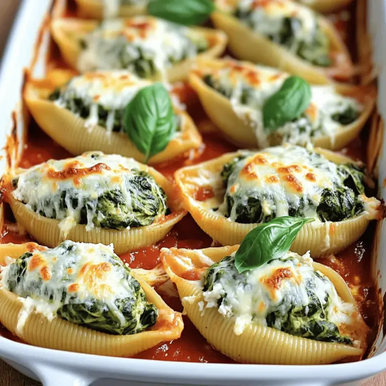 - 20 Jumbo-Pasta-Muscheln - 2 Tassen frischer Spinat, gehackt - 1 Tasse Ricotta-Käse - 1 Tasse geriebener Mozzarella-Käse, aufgeteilt - 1/2 Tasse geriebener Parmesan-Käse - 1 großes Ei - 1 Teelöffel Knoblauchpulver - 1 Teelöffel Zwiebelpulver - 1/2 Teelöffel rote Pfefferflocken (optional) - 2 Tassen Marinara-Soße - Salz und Pfeffer nach Geschmack - Frisches Basilikum zur Garnierung (optional) Die Jumbo-Muscheln sind perfekt für die Füllung. Sie bieten genug Platz für die leckere Mischung. Der frische Spinat bringt Farbe und Nährstoffe in das Gericht. Ricotta-Käse macht die Füllung cremig. Mozzarella sorgt für den tollen Käsegeschmack. Parmesan gibt einen herzhaften Kick. Achte darauf, die Gewürze gut zu dosieren. Sie machen das Gericht noch schmackhafter. Frisches Basilikum ist ein schöner Touch für die Garnierung. Du kannst die Jumbo-Muscheln auch durch kleine Muscheln ersetzen, wenn nötig. Statt Ricotta kannst du auch Hüttenkäse verwenden, wenn du möchtest. Veganer können einen veganen Käse oder Tofu ausprobieren. Wenn du keinen Spinat magst, kannst du auch Mangold oder Grünkohl nehmen. Die Marinara-Soße kannst du auch durch eine andere Tomatensoße ersetzen. Sei kreativ und passe das Rezept nach deinem Geschmack an. Um die besten Käse-Spinat gefüllten Muscheln zu machen, beginne mit der Pasta. Du brauchst 20 Jumbo-Pasta-Muscheln. Koche sie in einem großen Topf mit gesalzenem Wasser. Halte dich an die Anweisungen auf der Verpackung. Die Muscheln sollten al dente sein, also noch etwas fest. Nach dem Kochen gieße sie ab und lass sie leicht abkühlen. So kannst du sie später einfacher füllen. Jetzt kommt der spaßige Teil: die Füllung! Nimm eine große Schüssel und gib 2 Tassen gehackten Spinat hinein. Füge 1 Tasse Ricotta-Käse und 1/2 Tasse geriebenen Mozzarella-Käse hinzu. Dann kommt 1/2 Tasse geriebener Parmesan-Käse dazu. Schlage ein großes Ei auf und gib es in die Mischung. Jetzt füge 1 Teelöffel Knoblauchpulver und 1 Teelöffel Zwiebelpulver hinzu. Wenn du es etwas schärfer magst, kannst du auch 1/2 Teelöffel rote Pfefferflocken hinzufügen. Schmecke die Mischung mit Salz und Pfeffer ab. Rühre alles gut um, bis die Füllung gleichmäßig ist. Es ist Zeit, die Muscheln zu füllen! Nimm einen Löffel und fülle jede gekochte Muschel mit der Spinat-Käse-Mischung. Achte darauf, dass sie gut gefüllt sind. Nimm eine Auflaufform und verteile 1 Tasse Marinara-Soße gleichmäßig auf dem Boden. Lege die gefüllten Muscheln in einer einzigen Schicht hinein. Gieße die restliche Marinara-Soße über die Muscheln, sodass sie gut bedeckt sind. Streue die restlichen 1/2 Tasse Mozzarella-Käse darüber. Decke die Form mit Aluminiumfolie ab und backe sie 25 Minuten bei 190°C. Dann entferne die Folie und backe sie für weitere 10 Minuten, bis der Käse goldbraun ist. Lass die gefüllten Muscheln etwas abkühlen und garnieren sie nach Wunsch mit frischem Basilikum. Die Füllung macht den Unterschied. Verwende frischen Spinat für den besten Geschmack. Achte darauf, den Spinat gut zu hacken. So verteilt sich der Geschmack gleichmäßig. Mische die Käse gut mit dem Ei. Das macht die Füllung cremig und bindet alles zusammen. Du kannst auch Feta-Käse hinzufügen für mehr Geschmack. Vergiss nicht, mit Salz und Pfeffer abzuschmecken. Probiere die Füllung vor dem Füllen. So stellst du sicher, dass sie perfekt ist. Beim Backen ist Vorsicht wichtig. Decke die Auflaufform zuerst mit Folie ab. So bleibt die Feuchtigkeit drin und die Muscheln werden zart. Entferne die Folie nach der ersten Backzeit. So wird der Käse schön goldbraun. Achte darauf, die Auflaufform mit einem Ofenhandschuh zu greifen. Sie wird sehr heiß. Lass die gefüllten Muscheln nach dem Backen etwas abkühlen. So kannst du dich nicht verbrennen, wenn du sie servierst. Eine schöne Präsentation macht das Essen besonders. Garniere die gefüllten Muscheln mit frischem Basilikum. Das sieht toll aus und gibt einen frischen Geschmack. Serviere die Muscheln auf einem großen Teller. Verteile die Marinara-Soße kunstvoll um die Muscheln. Du kannst auch etwas Parmesan darüber streuen. Das gibt einen tollen Kontrast. Überlege, einen bunten Salat dazu zu servieren. So wird das Gericht noch einladender. Für das vollständige Rezept, schau dir die [Full Recipe](#) an. {{image_4}} Wenn du eine vegane Option suchst, ist das einfach. Für den Ricotta-Käse kannst du einen veganen Quark verwenden. Viele Marken bieten tolle Alternativen an. Mozzarella-Käse kann durch veganen Käse ersetzt werden. Achte darauf, dass die Produkte schmelzfähig sind. Du kannst auch ein Ei durch eine Mischung aus Leinsamen und Wasser ersetzen. Das macht die Füllung gut zusammenhaltend. Es ist spannend, mit Füllungen zu spielen! Du kannst Pilze, Zucchini oder Artischocken hinzufügen. Diese Zutaten bringen tolle Texturen und Geschmäcker. Du kannst auch etwas Feta-Käse für einen salzigen Kick hinzufügen. Mische auch verschiedene Kräuter wie Thymian oder Oregano in die Füllung. Das gibt dem Gericht mehr Tiefe. Nutze frische, regionale Zutaten, um den Geschmack zu verbessern. Besuche einen lokalen Markt, um frischen Spinat zu kaufen. Das macht einen großen Unterschied. Du kannst auch regionale Käsesorten ausprobieren. Vielleicht gibt es in deiner Nähe eine Käserei mit besonderen Käsen. Diese kleinen Änderungen machen das Gericht einzigartig. Für mehr Details und eine komplette Anleitung schau dir die Full Recipe an! Um die Käse-Spinat gefüllten Muscheln frisch zu halten, lege sie in einen luftdichten Behälter. Sie bleiben bis zu drei Tage im Kühlschrank. Achte darauf, die Muscheln nicht zu überfüllen. So verhindern wir, dass sie zerdrückt werden. Du kannst die Muscheln auch in der Marinara-Soße lagern. So bleibt der Geschmack erhalten und die Pasta trocknet nicht aus. Wenn du mehr Muscheln zubereitest, kannst du sie einfrieren. Lege sie nach dem Füllen in eine gefrierfeste Form. Decke sie gut mit Folie oder einem Deckel ab. Sie können bis zu drei Monate im Gefrierfach bleiben. Achte darauf, die Muscheln vollständig abzukühlen, bevor du sie einfrierst. So behältst du die beste Textur. Um die gefüllten Muscheln wieder aufzuwärmen, heize den Ofen auf 180°C vor. Lege die Muscheln in eine Auflaufform und füge etwas Marinara-Soße hinzu. Decke die Form mit Folie ab, damit die Muscheln saftig bleiben. Backe sie etwa 20 Minuten, bis sie warm sind. Du kannst auch die Mikrowelle nutzen. Stelle die Muscheln in eine mikrowellengeeignete Schüssel und wärme sie in kurzen Intervallen auf. Überprüfe oft, damit sie nicht austrocknen. Die gefüllten Muscheln halten sich im Kühlschrank etwa drei bis vier Tage. Es ist wichtig, sie in einem luftdichten Behälter zu lagern. So bleiben sie frisch und lecker. Wenn du sie länger aufbewahren möchtest, denke daran, sie einzufrieren. Ja, du kannst die gefüllten Muscheln im Voraus zubereiten. Fülle die Muscheln und lege sie in eine Auflaufform. Bedecke sie mit Marinara-Soße und Käse. Decke die Form ab und stelle sie im Kühlschrank. Du kannst sie bis zu zwei Tage vorher machen. Wenn du bereit bist, sie zu backen, heize den Ofen vor und backe sie wie im Full Recipe beschrieben. Zu diesen gefüllten Muscheln passen viele Beilagen. Ein einfacher grüner Salat ist immer eine gute Wahl. Knoblauchbrot oder Bruschetta ergänzen die Aromen perfekt. Auch gedünstetes Gemüse bringt frische dazu. Probiere verschiedene Beilagen, um dein Essen zu variieren und zu genießen. Käse-Spinat gefüllte Muscheln sind einfach zuzubereiten und lecker. Wir haben die Zutaten, die Zubereitung und hilfreiche Tipps geteilt, um sicherzustellen, dass dein Gericht gelingt. Denke daran, kreative Variationen zu probieren, um einen neuen Geschmack zu entdecken. Die Lagerung und das Wiedererwärmen sind ebenfalls wichtig, um die Muscheln frisch zu halten. Mit diesen Informationen machst du dein Kochen einfacher und genussvoller. Experimentiere und genieße jede Bissen!