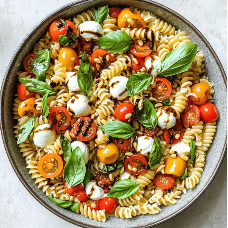 Hier sind die Zutaten für einen leckeren Caprese Nudelsalat: - 225 g Pasta (Fusilli oder Farfalle) - 240 ml Kirschtomaten, halbiert - 240 ml frische Mozzarellabällchen (Bocconcini), abgetropft - 240 ml frische Basilikumblätter, zerreißt - 3 Esslöffel Olivenöl extra vergine - 2 Esslöffel Balsamico-Glasur - 1 Knoblauchzehe, fein gehackt - Salz und Pfeffer nach Geschmack - Optional: 60 ml Pinienkerne, geröstet Achte darauf, die Pasta nicht zu lange zu kochen. Sie sollte al dente sein. Nach dem Abgießen die Pasta sofort mit kaltem Wasser abspülen. So stoppt der Garprozess. Das Dressing muss gut vermischt werden, damit jeder Bissen Geschmack hat. Lass den Salat vor dem Servieren ziehen, damit die Aromen gut durchziehen. Frische Zutaten machen den Unterschied. Wähle reife Kirschtomaten und frische Mozzarella. Das Olivenöl sollte extra vergine sein, um den besten Geschmack zu garantieren. Achte darauf, dass die Basilikumblätter frisch und grün sind. Wenn du Pinienkerne verwendest, röste sie leicht für mehr Aroma. Verwende nur hochwertige Zutaten, um den Salat wirklich besonders zu machen. Wenn du mehr wissen möchtest, schaue dir das [Full Recipe] an. Zuerst kochst du die Pasta. Nimm einen großen Topf und fülle ihn mit Wasser. Füge eine Prise Salz hinzu und bringe das Wasser zum Kochen. Gib die Pasta hinein und koche sie nach den Anweisungen auf der Verpackung, bis sie al dente ist. Das bedeutet, die Pasta sollte noch leicht fest sein. Danach seihe die Pasta ab und spüle sie kurz unter kaltem Wasser. Dies stoppt den Kochprozess und verhindert, dass die Pasta klebrig wird. Lass sie dann beiseite, damit sie abkühlen kann. Jetzt bereiten wir das Dressing vor. Nimm eine kleine Schüssel und füge das Olivenöl und die Balsamico-Glasur hinzu. Zerdrücke die Knoblauchzehe und gib sie dazu. Streue etwas Salz und Pfeffer hinein. Nimm einen kleinen Schneebesen und vermische alles gut. Das Dressing sollte glatt und gut kombiniert sein. Es sorgt für einen tollen Geschmack in deinem Salat. In einer großen Rührschüssel kombinierst du die gekochte und abgekühlte Pasta mit den halbierten Kirschtomaten, den frischen Mozzarellabällchen und den zerrissenen Basilikumblättern. Gieße das vorbereitete Dressing über die Mischung. Rühre vorsichtig um, sodass alles gleichmäßig mit dem Dressing überzogen wird. Wenn du möchtest, füge die gerösteten Pinienkerne hinzu und mische sie leicht unter. Lass den Salat etwa 15 Minuten bei Zimmertemperatur ruhen. So können sich die Aromen besser entfalten. Du kannst den Salat auch für eine Stunde in den Kühlschrank stellen, wenn du ihn kühl servieren möchtest. Vor dem Servieren rühre alles nochmals vorsichtig um und schmecke nach, ob du mehr Salz oder Pfeffer brauchst. Um den besten Caprese Nudelsalat zu machen, beginne mit frischen Zutaten. Wähle reife Kirschtomaten. Sie bringen viel Geschmack. Achte darauf, Mozzarella in Wasser zu kaufen. Das gibt dir einen cremigen Biss. Koche die Pasta nur al dente. So bleibt sie schön fest. Nach dem Kochen die Pasta kalt abspülen. Das stoppt den Garprozess und hält sie knackig. Das Dressing ist wichtig. Du kannst Olivenöl durch Avocado-Öl ersetzen. Das gibt einen tollen Geschmack. Probiere auch verschiedene Essigsorten. Apfelessig oder Weißweinessig können gut passen. Für einen extra Kick füge etwas Senf hinzu. Das sorgt für eine spannende Note. Wenn du es süßer magst, nimm Honig oder Ahornsirup. Ein häufiger Fehler ist, die Pasta zu lange zu kochen. Das macht sie matschig. Achte darauf, die Zutaten erst kurz vor dem Servieren zu mischen. So bleibt alles frisch. Verwende kein zu starkes Dressing. Es kann den Salat überwältigen. Und vergiss nicht, den Salat ziehen zu lassen. Dadurch vereinen sich die Aromen besser. Für das vollständige Rezept schau dir [Full Recipe] an. {{image_4}} Für deinen Caprese Nudelsalat kannst du viele verschiedene Pasta-Sorten verwenden. Fusilli und Farfalle sind toll, aber auch Penne oder Spaghetti passen gut. Wenn du etwas Neues probieren möchtest, verwende Vollkorn- oder Linsenpasta. Diese machen den Salat nährstoffreicher. Um deinem Nudelsalat mehr Geschmack zu geben, kannst du ein paar zusätzliche Zutaten hinzufügen. Gegrillte Zucchini oder Paprika bringen eine schöne Note. Auch Avocado ist eine tolle Ergänzung. Wenn du es würziger magst, füge etwas rote Zwiebel oder Oliven hinzu. Für einen Crunch sind geröstete Pinienkerne oder Walnüsse perfekt. Für eine vegane Version kannst du den Käse durch pflanzliche Alternativen ersetzen. Es gibt viele leckere Produkte auf dem Markt. Auch glutenfreie Pasta ist eine gute Wahl, wenn du glutenfrei leben möchtest. Viele Sorten aus Reis oder Quinoa sind leicht zu finden und schmecken fantastisch. So kannst du jeden mit deinem Caprese Nudelsalat glücklich machen. Caprese Nudelsalat bleibt im Kühlschrank frisch. Bewahre ihn in einem luftdichten Behälter auf. So bleibt der Salat für bis zu drei Tage gut. Vor dem Essen umrühren, um die Aromen zu vermischen. Das Einfrieren von Caprese Nudelsalat ist nicht ideal. Die frischen Zutaten verlieren ihre Textur und den Geschmack. Möchtest du dennoch Reste einfrieren, empfehle ich, die Mozzarella- und Basilikumteile getrennt zu lagern. Die Haltbarkeit des Salates beträgt etwa drei Tage im Kühlschrank. Achte darauf, den Salat gut abzudecken. Überprüfe immer auf frische Zutaten, bevor du ihn isst. Wenn du den Salat länger genießen möchtest, bereite ihn frisch zu. So bleibt er am besten. Der Caprese Nudelsalat bleibt im Kühlschrank etwa drei Tage frisch. Achte darauf, ihn in einem luftdichten Behälter zu lagern. Dies verhindert, dass er trocken wird. Nach ein bis zwei Tagen kann die Pasta etwas weicher werden. Du kannst ihn einfach umrühren, um die Aromen wieder aufzufrischen. Ja, du kannst andere Käsesorten verwenden. Feta oder Gouda sind tolle Alternativen. Diese Käsesorten bringen unterschiedliche Geschmäcker und Texturen. Du kannst auch veganen Käse verwenden, wenn du eine pflanzliche Option suchst. Experimentiere ruhig mit verschiedenen Käsesorten, um deinen perfekten Salat zu finden. Zu Caprese Nudelsalat passen viele Beilagen gut. Gegrilltes Gemüse ist eine leckere Wahl. Auch ein frisches Baguette oder Bruschetta ergänzt den Salat hervorragend. Wenn du etwas Herzhaftes möchtest, probiere gegrilltes Hähnchen oder Garnelen. Diese Optionen bringen Vielfalt auf den Tisch und machen das Essen noch genussvoller. In diesem Blogbeitrag haben wir die Grundlagen für einen leckeren Caprese Nudelsalat behandelt. Ich habe die Zutaten, die Zubereitung und viele nützliche Tipps gegeben. Wir haben auch verschiedene Variationen besprochen und wie man den Salat am besten lagert. Denke daran, dass frische Zutaten den größten Unterschied machen. Experimentiere mit deinem Dressing und finde die perfekten Kombinationen für deinen Geschmack. So wird jeder Bissen köstlich!