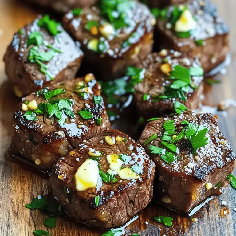 - 450 g Rinderfilet, in mundgerechte Würfel geschnitten - 60 g ungesalzene Butter - 4 Knoblauchzehen, fein gehackt Die Hauptzutaten sind einfach und frisch. Das Rinderfilet gibt Ihnen zartes Fleisch. Ungesalzene Butter sorgt für reichhaltigen Geschmack. Der frische Knoblauch bringt ein tolles Aroma. - 1 Esslöffel frischer Rosmarin, fein gehackt - 1 Esslöffel frischer Thymian, fein gehackt - Salz und Pfeffer nach Geschmack Die Gewürze und Kräuter machen den Unterschied. Rosmarin gibt einen erdigen Geschmack. Thymian fügt Frische hinzu. Salz und Pfeffer sind wichtig, um das Fleisch zu würzen. - Frische Petersilie - 1 Esslöffel Olivenöl Die Garnierung macht das Gericht schön. Frische Petersilie bringt Farbe und Geschmack. Ein wenig Olivenöl hilft, die Aromen zu verbinden. Für die genauen Mengen und Schritte schauen Sie sich das [Full Recipe] an. Zuerst würzen wir das Rinderfilet. Schneide das Fleisch in gleich große Würfel. Nimm Salz und schwarzen Pfeffer. Würze die Rinderfiletwürfel großzügig auf allen Seiten. So schmecken sie besser. Jetzt kommt der Knoblauch. Du brauchst vier Knoblauchzehen. Hacke sie fein. Das gibt viel Geschmack. Dann nimm frische Kräuter. Rosmarin und Thymian sind perfekt. Hacke einen Esslöffel von jedem. Jetzt hast du alles für die nächsten Schritte. Heize eine große Pfanne. Füge einen Esslöffel Olivenöl hinzu. Warte, bis das Öl schimmert. Das zeigt, dass es heiß genug ist. Jetzt gib die gewürzten Rinderfiletwürfel in die Pfanne. Achte darauf, sie nicht zu überfüllen. Lass sie drei bis vier Minuten braten. Wende die Steak Bites und brate sie weiter. Nach zwei bis drei Minuten solltest du den Gargrad überprüfen. Medium-rare ist die beste Wahl. Es bleibt zart und saftig. Wenn sie fertig sind, nimm sie aus der Pfanne. In der gleichen Pfanne reduziere die Hitze auf mittlere Stufe. Gib 60 Gramm ungesalzene Butter hinein. Lass die Butter schmelzen. Rühre dann den gehackten Knoblauch, Rosmarin und Thymian hinein. Lass alles etwa eine Minute lang sautieren. Der Knoblauch sollte aromatisch sein, aber nicht braun. Jetzt kommen die Steak Bites zurück in die Pfanne. Wende sie im Knoblauchbuttergemisch. So werden sie gut überzogen und durchgewärmt. Garnier die Steak Bites mit frischer Petersilie, wenn du magst. Serviere sie sofort. Du kannst die vollständige Zubereitung in [Full Recipe] finden. Um ein perfektes medium-rare Steak zu erreichen, sollten Sie die Temperatur im Auge behalten. Ideal ist eine Innentemperatur von etwa 55-57 °C. Nutzen Sie ein Fleischthermometer, um sicherzugehen. Lassen Sie das Steak nach dem Braten für einige Minuten ruhen. Das hilft, die Säfte zu verteilen und das Fleisch zart zu halten. Um die Steaks zart zu halten, achten Sie darauf, die Hitze nicht zu hoch zu stellen. Hohe Temperaturen können das Fleisch schnell austrocknen. Verwenden Sie auch eine Pfanne aus Gusseisen. Diese speichert die Wärme gut und sorgt für eine gleichmäßige Bräunung. Für einen zusätzlichen Geschmack können Sie weitere Kräuter verwenden. Basilikum, Oregano oder Schnittlauch passen gut zu Steak Bites. Sie geben dem Gericht eine frische Note. Marinieren Sie das Fleisch vor dem Braten. Eine einfache Mischung aus Olivenöl, Knoblauch und Zitronensaft wirkt Wunder. Lassen Sie das Steak mindestens eine Stunde marinieren. So dringen die Aromen tief ins Fleisch ein und verbessern den Geschmack. Beim Anrichten ist weniger oft mehr. Servieren Sie die Steak Bites auf einem großen Teller. Garnieren Sie sie mit frischer Petersilie. Das sieht schön aus und bringt Farbe ins Spiel. Ideale Beilagen zu Steak Bites sind einfache Salate oder geröstetes Gemüse. Diese ergänzen den reichen Geschmack des Fleisches gut. Auch ein cremiges Kartoffelpüree passt hervorragend. So haben Sie eine ausgewogene Mahlzeit auf dem Tisch. Für das komplette Rezept, schauen Sie sich den [Full Recipe] an. {{image_4}} Wenn du Rindfleisch nicht magst, kannst du Schweinefleisch verwenden. Schweinefilet wird zart und saftig. Du kannst auch Lammfleisch probieren. Lamm hat einen reichen Geschmack und passt gut zu Knoblauch. Hühnchen ist eine großartige Option. Verwende Hähnchenbrust oder -schenkel. Beide sind einfach zuzubereiten. Du kannst die Würfel genauso braten wie das Rinderfilet. Putenfleisch ist auch eine gute Wahl für einen leichteren Biss. Für vegane Knoblauch Butter Steak Bites nutze Tofu oder Tempeh. Schneide sie in Würfel und brate sie wie das Fleisch. Das gibt dir die gleiche Textur. Du kannst auch Jackfruit verwenden. Sie nimmt die Aromen gut auf und hat eine fleischige Konsistenz. Ersetze die Butter durch vegane Margarine. Das sorgt für den gleichen cremigen Geschmack. Achte darauf, dass der Knoblauch frisch ist, um den besten Geschmack zu erzielen. Du kannst auch Kräuter wie Basilikum hinzufügen, um neue Aromen zu schaffen. Wenn du es scharf magst, füge etwas Chili oder Cayennepfeffer hinzu. Das gibt den Steak Bites einen tollen Kick. Du kannst auch Sriracha oder eine scharfe Sauce verwenden, um das Gericht aufzupeppen. Für eine süßliche Note, probiere Honig oder Ahornsirup. Mische es mit der Butter, um einen tollen Kontrast zu schaffen. Auch Balsamico-Glasur passt gut zu den Steak Bites und bringt eine fruchtige Tiefe. Für das vollständige Rezept, schau dir [Full Recipe] an. Um Knoblauch Butter Steak Bites frisch zu halten, lagern Sie sie richtig. - Kühlschranklagerung: Lassen Sie die Steak Bites zuerst abkühlen. Legen Sie sie dann in einen luftdichten Behälter. Sie bleiben im Kühlschrank bis zu 3 Tage frisch. - Gefrieroptionen: Wenn Sie die Steak Bites länger aufbewahren möchten, können Sie sie einfrieren. Wickeln Sie die Bites gut in Frischhaltefolie ein oder verwenden Sie einen Gefrierbeutel. So bleiben sie bis zu 3 Monate gut. - Wie lange sind die Steak Bites frisch?: Im Kühlschrank halten sie sich bis zu 3 Tage. Im Gefrierfach können sie bis zu 3 Monate gelagert werden. - Anzeichen von Verderb: Achten Sie auf einen schlechten Geruch oder Verfärbungen. Wenn die Steak Bites schleimig sind, sind sie nicht mehr gut. - Rezepte für Reste: Verwenden Sie die Reste in einem Salat oder einem Wrap. Sie passen auch gut in eine Pasta. - Ideen zur Auffrischung der Reste: Braten Sie die Reste kurz in einer Pfanne mit etwas Olivenöl. Fügen Sie frisches Gemüse hinzu, um ein neues Gericht zu kreieren. Für das komplette Rezept, schauen Sie sich den [Full Recipe] an. Die Zubereitung von Knoblauch-Butter Steak Bites dauert nur 20 Minuten. Die Vorbereitungszeit beträgt etwa 10 Minuten. In dieser Zeit würzen Sie das Rinderfilet und bereiten die Zutaten vor. Danach braten Sie die Steak Bites in der Pfanne, was etwa 10 Minuten in Anspruch nimmt. Es ist schnell und einfach, köstliche Steak Bites zu machen. Ja, Sie können die Steak Bites würzen. Salz und schwarzer Pfeffer sind die Basis. Diese Gewürze bringen den Geschmack des Rindfleischs hervor. Sie können auch andere Gewürze wie Paprika oder Knoblauchpulver hinzufügen. Marinaden wie Sojasauce oder Worcestershiresauce sind ebenfalls großartige Optionen. Sie geben den Steak Bites eine zusätzliche Geschmacksnote. Ich empfehle, die Steak Bites heiß zu servieren. Sie passen gut zu verschiedenen Beilagen. Kartoffelpüree oder gebratene Kartoffeln sind tolle Optionen. Auch ein frischer Salat ergänzt das Gericht perfekt. Garnieren Sie die Steak Bites mit frischer Petersilie für mehr Farbe. Für eine besondere Note können Sie auch einen Dip oder eine Sauce anbieten. Steak Bites sind einfach zuzubereiten und sehr lecker. Wir haben die Hauptzutaten, Gewürze und Schritte durchgenommen, um sie perfekt zu machen. Tipps für den perfekten Gargrad und die Präsentation helfen dir weiter. Denke an Variationen für verschiedene Fleischsorten oder auch vegane Optionen. Reste sind nützlich und lassen sich gut aufbewahren. Diese Kenntnisse geben dir die Freiheit, kreativ zu sein. Probier es aus und genieße dein Gericht!