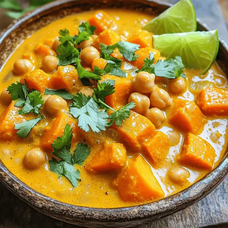 Für ein leckeres Süßkartoffel- und Kichererbsencurry brauchst du: - 2 mittelgroße Süßkartoffeln, geschält und in Würfel geschnitten - 1 Dose (425 g) Kichererbsen, abgetropft und abgespült - 1 Dose (400 ml) Kokosmilch - 240 ml Gemüsebrühe - 1 Zwiebel, fein gehackt - 2 Knoblauchzehen, gehackt - 1 Esslöffel frischer Ingwer, gerieben - 1 Esslöffel Currypulver - 1 Teelöffel Kurkuma - 1 Teelöffel Kreuzkümmel - Salz und Pfeffer nach Geschmack - 2 Esslöffel Olivenöl - Frischer Koriander, zur Garnierung - Limettenschnitze, zum Servieren Süßkartoffeln sind in den Herbst- und Wintermonaten am besten. Sie haben dann einen süßen, reichen Geschmack. Kichererbsen findest du das ganze Jahr über in Dosen oder getrocknet. Kokosmilch ist ebenfalls ganzjährig erhältlich und bringt eine cremige Textur ins Curry. Frischer Ingwer ist in den Wintermonaten sehr aromatisch. Zwiebeln, Knoblauch und Gewürze sind auch das ganze Jahr über verfügbar. Wenn du keine Süßkartoffeln hast, kannst du Kürbis verwenden. Für eine proteinreiche Variante kannst du Linsen anstelle von Kichererbsen nehmen. Wenn du keine Kokosmilch magst, probiere Mandelmilch oder Sojamilch. Olivenöl kann durch Sonnenblumen- oder Rapsöl ersetzt werden. Für mehr Geschmack kannst du zusätzlich Chili oder Paprika hinzufügen. Für das vollständige Rezept, schau dir die [Full Recipe] an. Bevor Sie mit dem Kochen beginnen, bereiten Sie alle Zutaten vor. Schälen Sie die Süßkartoffeln und schneiden Sie sie in kleine Würfel. Hacken Sie die Zwiebel, den Knoblauch und den Ingwer. Dies macht den Kochprozess einfacher und schneller. 1. Öl erhitzen: Nehmen Sie einen großen Topf und erhitzen Sie das Olivenöl bei mittlerer Hitze. 2. Zwiebel dünsten: Geben Sie die gehackte Zwiebel in den Topf. Dünsten Sie sie, bis sie glasig ist. Das dauert etwa 5 Minuten. 3. Knoblauch und Ingwer: Fügen Sie den gehackten Knoblauch und den geriebenen Ingwer hinzu. Kochen Sie alles für eine weitere Minute. 4. Gewürze hinzufügen: Geben Sie das Currypulver, Kurkuma und Kreuzkümmel in den Topf. Gut umrühren, damit die Gewürze die Zwiebelmischung überziehen. Lassen Sie es 1-2 Minuten kochen. 5. Gemüse und Flüssigkeit: Die gewürfelten Süßkartoffeln, Kichererbsen, Kokosmilch und Gemüsebrühe dazugeben. Alles gut vermengen. 6. Köcheln lassen: Bringen Sie die Mischung zum sanften Köcheln. Reduzieren Sie die Hitze und decken Sie den Topf ab. Lassen Sie es 20-25 Minuten köcheln, bis die Süßkartoffeln zart sind. 7. Abschmecken: Schmecken Sie das Curry mit Salz und Pfeffer ab. Für ein dickeres Curry können Sie einige Süßkartoffelstücke an die Seite zerdrücken. 8. Servieren: Servieren Sie das Curry heiß. Garnieren Sie es mit frischem Koriander und Limettenschnitzen für einen besonderen Geschmack. Die gesamte Kochzeit beträgt etwa 35 Minuten. Achten Sie darauf, die Hitze nicht zu hoch einzustellen, um ein Anbrennen zu vermeiden. Ein sanftes Köcheln sorgt für die besten Aromen. Wenn Sie die Wärme zu hoch einstellen, kann das Curry ungleichmäßig garen. Um das beste Süßkartoffel- und Kichererbsencurry zu machen, gibt es einige wichtige Punkte. - Frische Zutaten: Verwende frische Süßkartoffeln und aromatische Gewürze. Das gibt deinem Curry mehr Geschmack. - Richtige Wassertemperatur: Lasse das Curry sanft köcheln. Zu hohe Hitze kann die Zutaten zerkochen. - Würze anpassen: Schmecke das Curry während des Kochens ab. So kannst du die Gewürze nach deinem Geschmack anpassen. Einige gängige Fehler können dein Curry ruinieren. Hier sind die häufigsten: - Überkochen der Süßkartoffeln: Lass sie nicht zu lange kochen. Sie sollten zart, aber nicht matschig sein. - Zu wenig Gewürze: Verwende nicht zu wenig Currypulver oder andere Gewürze. Sie sind wichtig für den Geschmack. - Falsches Öl: Verwende kein Öl mit starkem Geschmack wie Olivenöl. Nutze stattdessen neutrales Öl. Das Curry passt gut zu verschiedenen Beilagen. Hier sind einige Ideen: - Reis: Serviere das Curry über Basmatireis. Der Reis nimmt die Soße gut auf. - Naan-Brot: Frisches Naan ist perfekt, um die leckere Soße aufzutunken. - Salat: Ein frischer grüner Salat bringt eine schöne Frische dazu. Probiere diese Tipps und Tricks aus, um dein Curry zu einem echten Hit zu machen. Für das gesamte Rezept schau dir die [Full Recipe] an. {{image_4}} Süßkartoffel- und Kichererbsencurry ist von Natur aus vegan und glutenfrei. Es enthält keine tierischen Produkte oder Gluten. Du kannst es also ohne Sorge genießen. Wenn du auf andere Allergene achten musst, achte darauf, dass deine Gemüsebrühe auch glutenfrei ist. Möchtest du deinem Curry mehr Tiefe geben? Füge einfach einige dieser Zutaten hinzu: - Karotten, in Scheiben geschnitten - Spinat oder Grünkohl, grob gehackt - Paprika, gewürfelt - Zucchini, in Würfel geschnitten - Eine Prise Zimt für Wärme Diese Zutaten geben deinem Gericht mehr Textur und Geschmack. Du kannst sie während des Kochens zusammen mit den Süßkartoffeln hinzufügen. Liebst du es scharf? Es gibt einfache Wege, dein Curry aufzupeppen: - Füge eine gehackte Chili oder etwas Chili-Pulver hinzu. - Verwende scharfes Currypulver oder Garam Masala. - Ein Spritzer scharfe Soße kann ebenfalls helfen. Experimentiere mit der Schärfe, um deinen perfekten Geschmack zu finden. Du kannst die Schärfe auch anpassen, indem du mehr oder weniger von diesen Zutaten nimmst. Nach dem Kochen lasse ich das Süßkartoffel- und Kichererbsencurry auf Raumtemperatur abkühlen. Dann fülle ich es in einen luftdichten Behälter. Im Kühlschrank bleibt es bis zu fünf Tage frisch. Achte darauf, es gut zu verschließen. So bleibt der Geschmack erhalten. Für längere Lagerung friere ich das Curry ein. Ich portioniere es in kleine Behälter. So kann ich immer nur das auftauen, was ich brauche. Das Curry hält sich im Gefrierfach bis zu drei Monate. Zum Auftauen lege ich es über Nacht in den Kühlschrank. Du kannst es auch direkt in der Mikrowelle oder auf dem Herd erwärmen. Reste sind eine tolle Möglichkeit, Zeit zu sparen. Ich verwende sie oft in Wraps oder auf Salaten. Achte darauf, dass das Curry gut aussieht und riecht, bevor du es isst. Wenn es seltsam aussieht oder riecht, wirf es weg. So bleibt das Essen sicher und lecker. Du kannst verschiedene Bohnen verwenden. Schwarze Bohnen oder weiße Bohnen passen gut. Linsen sind auch eine tolle Wahl. Sie sind nahrhaft und geben eine ähnliche Textur. Diese Alternativen machen dein Curry lecker und spannend. Die Zubereitung dauert etwa 10 Minuten. Das Kochen dauert 20 bis 25 Minuten. Insgesamt bist du in 35 Minuten fertig. Diese Zeit ist perfekt für ein schnelles Abendessen. Du kannst das Curry auch vorbereiten und später genießen. Ja, dieses Curry ist sehr gesund. Süßkartoffeln sind reich an Vitaminen und Ballaststoffen. Kichererbsen bieten viel Protein und sind gut für die Verdauung. Kokosmilch bringt gesunde Fette. Dieses Gericht ist nahrhaft und macht satt. Es ist eine gute Wahl für eine ausgewogene Ernährung. Wenn du mehr Details möchtest, schaue dir das Full Recipe an. Dieses Rezept für Süßkartoffel- und Kichererbsencurry bietet viele Variationen. Die Zutaten sind einfach nur lecker und saisonal. Die Schritt-für-Schritt-Anleitung hilft dir beim Kochen ohne Stress. Mit unseren Tipps machst du das perfekte Curry, und du lernst, was du vermeiden solltest. Du kannst es auch schnell lagern und aufbewahren. Ich hoffe, du probierst das Rezept aus und entfaltest deine Kreativität in der Küche. Genuss ist garantiert!