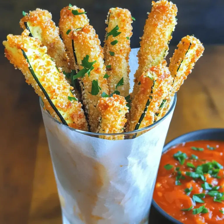 Für deine Crispy Parmesan Zucchini Fries brauchst du: - 2 mittelgroße Zucchini, in Stäbchen geschnitten - 1 Tasse Semmelbrösel (idealerweise Panko für zusätzlichen Crunch) - ½ Tasse geriebener Parmesan-Käse - 1 Teelöffel Knoblauchpulver - 1 Teelöffel italienische Gewürzmischung - 1 Teelöffel Salz - ½ Teelöffel schwarzer Pfeffer - 2 große Eier - 1 Esslöffel Olivenöl - Optional: Marinara-Sauce zum Dippen Achte darauf, frische Zucchini zu wählen. Sie sollten fest und glänzend sein. Panko-Semmelbrösel geben den Fries extra Knusprigkeit. Parmesan ist wichtig für den Geschmack. Verwende hochwertigen Käse. Knoblauchpulver und italienische Gewürze bringen das Aroma zur Geltung. Salz und Pfeffer sind für die Würze entscheidend. Die Eier helfen der Panade, gut zu haften. Wenn du glutenfrei lebst, kannst du glutenfreie Semmelbrösel verwenden. Für eine vegane Option ersetze die Eier durch eine Mischung aus Leinsamen und Wasser. Nimm zwei Esslöffel Leinsamen und vermische sie mit sechs Esslöffeln Wasser. Lass es stehen, bis es gelartig wird. Für den Parmesan gibt es auch pflanzliche Alternativen. Zuerst wasche die Zucchini gründlich. Schneide sie dann in gleichmäßige Stäbchen. Es ist wichtig, dass die Stücke gleich dick sind. So garen sie gleichmäßig. Du kannst die Schale dranlassen. Sie sorgt für mehr Farbe und Geschmack. Lege die Zucchinistäbchen auf ein Küchentuch. So entfernst du überschüssige Feuchtigkeit. Das macht die Fries knuspriger. In einer großen Schüssel vermischst du die Semmelbrösel, den Parmesan, das Knoblauchpulver, die italienische Gewürzmischung, das Salz und den Pfeffer. Diese Mischung gibt den Fries einen tollen Geschmack. In einer anderen Schüssel verquirlst du die Eier mit dem Olivenöl. Diese Mischung hilft der Panade, besser zu haften. Du tauchst jedes Zucchinistück zuerst in die Eier und dann in die Paniermischung. Achte darauf, dass jedes Stück gut bedeckt ist. Lege die panierten Zucchini auf ein Backblech mit Backpapier. Heize den Ofen auf 220°C (425°F) vor. Backe die Zucchinifries für 20 bis 25 Minuten. Wende sie nach der Hälfte der Zeit. So werden sie von allen Seiten knusprig. Wenn sie goldbraun sind, sind sie fertig. Lass sie kurz abkühlen, bevor du sie servierst. So schmecken sie am besten! Du kannst die fries mit Marinara-Sauce dippen. Das gibt einen extra Kick. Für die beste Präsentation serviere sie in einem hohen Glas oder einer kleinen Schüssel. Um die perfekte Konsistenz für deine Zucchini Fries zu erreichen, achte auf die Dicke der Stäbchen. Schneide sie gleichmäßig, etwa 1 cm dick. So garen sie gleichmäßig. Die Panade ist ebenfalls wichtig. Verwende Panko, da es extra knusprig wird. Eine gute Schicht Semmelbrösel sorgt für den Crunch. Tauche die Zucchini zuerst in das Ei und dann in die Panade. So bleibt alles gut haften. Dips machen das Essen noch besser. Marinara-Sauce passt super zu diesen Fries. Du kannst auch eine Joghurt-Dip mit frischen Kräutern machen. Für etwas Schärfe probiere eine scharfe Salsa oder Aioli. Beilagen können einen Salat oder Kartoffelspalten sein. Diese bringen Farbe und Vielfalt auf den Teller. Ein häufiger Fehler ist, die Zucchini zu nah auf dem Blech zu platzieren. Dadurch dampfen sie statt knusprig zu werden. Achte darauf, genug Platz zu lassen. Ein weiterer Fehler ist, die Fries zu früh aus dem Ofen zu nehmen. Sie sollten goldbraun sein und knackig, also warte die volle Backzeit ab. Überprüfe sie nach 20 Minuten und wende sie dann. So werden sie perfekt! {{image_4}} Du kannst die Zucchini Fries mit verschiedenen Gewürzen und Kräutern aufpeppen. Probiere Paprika für ein rauchiges Aroma oder füge etwas Cayennepfeffer hinzu, wenn du es scharf magst. Frische Kräuter wie Basilikum oder Oregano bringen frischen Geschmack. Diese kleinen Änderungen verleihen deinen Fries das gewisse Etwas. Wenn du keine Zucchini magst, gibt es viele Alternativen. Süßkartoffeln sind eine tolle Wahl. Sie sind süß und knusprig. Auch Auberginen funktionieren gut. Schneide sie in Stäbchen und folge dem gleichen Rezept. Du kannst sogar Karotten verwenden. So erhältst du eine bunte Mischung. Für eine vegetarische Version kannst du die Eier mit einer Mischung aus Leinsamen und Wasser ersetzen. Das bindet die Panade gut. Für glutenfreie Zucchini Fries verwende glutenfreie Semmelbrösel. Achte darauf, dass auch die Gewürze glutenfrei sind. So kannst du jeden Genuss bieten und das Rezept bleibt lecker. Für die vollständige Anleitung, schau dir das Full Recipe an. Um deine Crispy Parmesan Zucchini Fries frisch zu halten, lagere sie in einem luftdichten Behälter. Lege ein Stück Küchenpapier in den Behälter. Das Papier nimmt die Feuchtigkeit auf und hält die Zucchini fries knusprig. Stelle den Behälter in den Kühlschrank. So bleiben die Zucchini fries bis zu drei Tage frisch. Du kannst die Zucchini fries auch einfrieren, um sie länger zu bewahren. Lass die Zucchini fries zuerst vollständig abkühlen. Lege sie dann auf ein Backblech und friere sie für etwa zwei Stunden ein. Sobald sie fest sind, packe die fries in einen Gefrierbeutel. Achte darauf, die Luft herauszudrücken. Gefrorene Zucchini fries halten bis zu drei Monate. Um die Zucchini fries wieder knusprig zu machen, heize den Ofen auf 200°C vor. Lege die gefrorenen oder gekühlten Zucchini fries auf ein Backblech. Backe sie für etwa 10-15 Minuten, bis sie heiß und knusprig sind. Du kannst sie auch in einer Heißluftfritteuse auf 180°C für 8-10 Minuten aufwärmen. So bleiben sie lecker und knusprig. Wenn du mehr über die Zubereitung erfahren möchtest, schaue dir das Full Recipe an. Crispy Parmesan Zucchini Fries sind bis zu drei Tage haltbar. Bewahre sie in einem luftdichten Behälter im Kühlschrank auf. Du kannst sie auch in einem Gefrierbeutel speichern. Stelle sicher, dass die Zucchini Fries gut abgekühlt sind, bevor du sie lagerst. So bleibt die Knusprigkeit besser erhalten. Wenn du sie wieder aufwärmst, nutze den Ofen, um die Frische zu bewahren. Ja, du kannst die Zucchini Fries frittieren. Frittiere sie in heißem Öl bei 180°C (350°F). Achte darauf, die Zucchini Fries nicht zu überfüllen. Frittieren sorgt für einen extra knusprigen Biss. Wenn du frittierst, verkürzt sich die Kochzeit. Halte sie im Auge, bis sie goldbraun sind. Die besten Dips für Zucchini Fries sind Marinara-Sauce und Knoblauchdip. Diese passen gut zu dem herzhaften Geschmack. Du kannst auch Sour Cream oder Joghurt mit Kräutern ausprobieren. Diese Dips bringen zusätzliche Frische und Geschmack. Welche Dip-Option du wählst, hängt von deinem persönlichen Geschmack ab. Entdecke neue Kombinationen und finde deinen Favoriten! Dieser Artikel hat dir gezeigt, wie du leckere Zucchini Fries zubereitest. Wir haben die Zutaten, Schritt-für-Schritt-Anleitungen und hilfreiche Tipps behandelt. Du kennst jetzt Alternativen und kannst die Fries richtig lagern. Experimentiere mit neuen Gewürzen und Beilagen. Vermeide gängige Fehler, um bestmögliche Ergebnisse zu erzielen. Genieß deine Zucchini Fries und teile deine Kreationen mit Freunden und Familie. Gesunde Snacks können einfach und lecker sein!