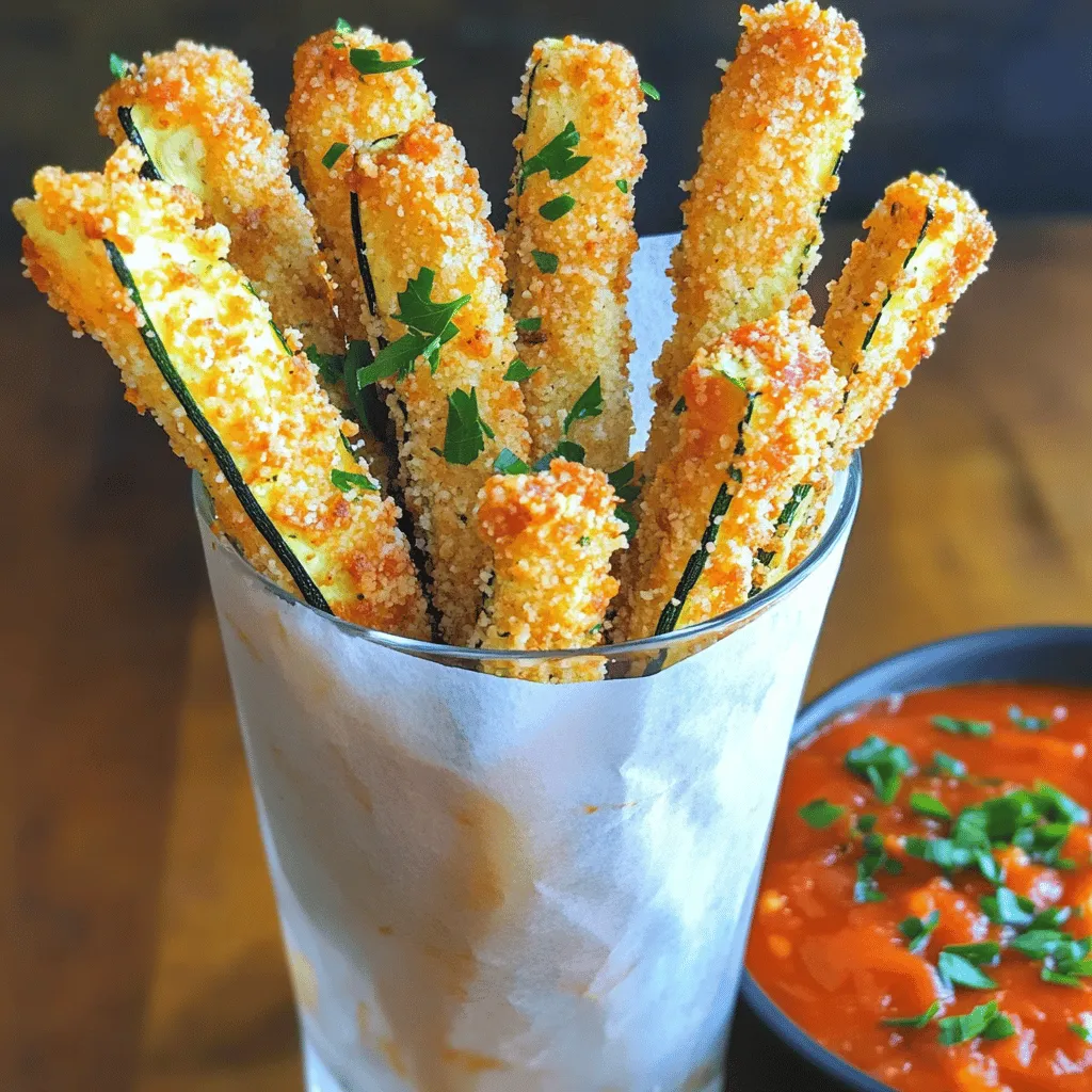 Für deine Crispy Parmesan Zucchini Fries brauchst du: - 2 mittelgroße Zucchini, in Stäbchen geschnitten - 1 Tasse Semmelbrösel (idealerweise Panko für zusätzlichen Crunch) - ½ Tasse geriebener Parmesan-Käse - 1 Teelöffel Knoblauchpulver - 1 Teelöffel italienische Gewürzmischung - 1 Teelöffel Salz - ½ Teelöffel schwarzer Pfeffer - 2 große Eier - 1 Esslöffel Olivenöl - Optional: Marinara-Sauce zum Dippen Achte darauf, frische Zucchini zu wählen. Sie sollten fest und glänzend sein. Panko-Semmelbrösel geben den Fries extra Knusprigkeit. Parmesan ist wichtig für den Geschmack. Verwende hochwertigen Käse. Knoblauchpulver und italienische Gewürze bringen das Aroma zur Geltung. Salz und Pfeffer sind für die Würze entscheidend. Die Eier helfen der Panade, gut zu haften. Wenn du glutenfrei lebst, kannst du glutenfreie Semmelbrösel verwenden. Für eine vegane Option ersetze die Eier durch eine Mischung aus Leinsamen und Wasser. Nimm zwei Esslöffel Leinsamen und vermische sie mit sechs Esslöffeln Wasser. Lass es stehen, bis es gelartig wird. Für den Parmesan gibt es auch pflanzliche Alternativen. Zuerst wasche die Zucchini gründlich. Schneide sie dann in gleichmäßige Stäbchen. Es ist wichtig, dass die Stücke gleich dick sind. So garen sie gleichmäßig. Du kannst die Schale dranlassen. Sie sorgt für mehr Farbe und Geschmack. Lege die Zucchinistäbchen auf ein Küchentuch. So entfernst du überschüssige Feuchtigkeit. Das macht die Fries knuspriger. In einer großen Schüssel vermischst du die Semmelbrösel, den Parmesan, das Knoblauchpulver, die italienische Gewürzmischung, das Salz und den Pfeffer. Diese Mischung gibt den Fries einen tollen Geschmack. In einer anderen Schüssel verquirlst du die Eier mit dem Olivenöl. Diese Mischung hilft der Panade, besser zu haften. Du tauchst jedes Zucchinistück zuerst in die Eier und dann in die Paniermischung. Achte darauf, dass jedes Stück gut bedeckt ist. Lege die panierten Zucchini auf ein Backblech mit Backpapier. Heize den Ofen auf 220°C (425°F) vor. Backe die Zucchinifries für 20 bis 25 Minuten. Wende sie nach der Hälfte der Zeit. So werden sie von allen Seiten knusprig. Wenn sie goldbraun sind, sind sie fertig. Lass sie kurz abkühlen, bevor du sie servierst. So schmecken sie am besten! Du kannst die fries mit Marinara-Sauce dippen. Das gibt einen extra Kick. Für die beste Präsentation serviere sie in einem hohen Glas oder einer kleinen Schüssel. Um die perfekte Konsistenz für deine Zucchini Fries zu erreichen, achte auf die Dicke der Stäbchen. Schneide sie gleichmäßig, etwa 1 cm dick. So garen sie gleichmäßig. Die Panade ist ebenfalls wichtig. Verwende Panko, da es extra knusprig wird. Eine gute Schicht Semmelbrösel sorgt für den Crunch. Tauche die Zucchini zuerst in das Ei und dann in die Panade. So bleibt alles gut haften. Dips machen das Essen noch besser. Marinara-Sauce passt super zu diesen Fries. Du kannst auch eine Joghurt-Dip mit frischen Kräutern machen. Für etwas Schärfe probiere eine scharfe Salsa oder Aioli. Beilagen können einen Salat oder Kartoffelspalten sein. Diese bringen Farbe und Vielfalt auf den Teller. Ein häufiger Fehler ist, die Zucchini zu nah auf dem Blech zu platzieren. Dadurch dampfen sie statt knusprig zu werden. Achte darauf, genug Platz zu lassen. Ein weiterer Fehler ist, die Fries zu früh aus dem Ofen zu nehmen. Sie sollten goldbraun sein und knackig, also warte die volle Backzeit ab. Überprüfe sie nach 20 Minuten und wende sie dann. So werden sie perfekt! {{image_4}} Du kannst die Zucchini Fries mit verschiedenen Gewürzen und Kräutern aufpeppen. Probiere Paprika für ein rauchiges Aroma oder füge etwas Cayennepfeffer hinzu, wenn du es scharf magst. Frische Kräuter wie Basilikum oder Oregano bringen frischen Geschmack. Diese kleinen Änderungen verleihen deinen Fries das gewisse Etwas. Wenn du keine Zucchini magst, gibt es viele Alternativen. Süßkartoffeln sind eine tolle Wahl. Sie sind süß und knusprig. Auch Auberginen funktionieren gut. Schneide sie in Stäbchen und folge dem gleichen Rezept. Du kannst sogar Karotten verwenden. So erhältst du eine bunte Mischung. Für eine vegetarische Version kannst du die Eier mit einer Mischung aus Leinsamen und Wasser ersetzen. Das bindet die Panade gut. Für glutenfreie Zucchini Fries verwende glutenfreie Semmelbrösel. Achte darauf, dass auch die Gewürze glutenfrei sind. So kannst du jeden Genuss bieten und das Rezept bleibt lecker. Für die vollständige Anleitung, schau dir das Full Recipe an. Um deine Crispy Parmesan Zucchini Fries frisch zu halten, lagere sie in einem luftdichten Behälter. Lege ein Stück Küchenpapier in den Behälter. Das Papier nimmt die Feuchtigkeit auf und hält die Zucchini fries knusprig. Stelle den Behälter in den Kühlschrank. So bleiben die Zucchini fries bis zu drei Tage frisch. Du kannst die Zucchini fries auch einfrieren, um sie länger zu bewahren. Lass die Zucchini fries zuerst vollständig abkühlen. Lege sie dann auf ein Backblech und friere sie für etwa zwei Stunden ein. Sobald sie fest sind, packe die fries in einen Gefrierbeutel. Achte darauf, die Luft herauszudrücken. Gefrorene Zucchini fries halten bis zu drei Monate. Um die Zucchini fries wieder knusprig zu machen, heize den Ofen auf 200°C vor. Lege die gefrorenen oder gekühlten Zucchini fries auf ein Backblech. Backe sie für etwa 10-15 Minuten, bis sie heiß und knusprig sind. Du kannst sie auch in einer Heißluftfritteuse auf 180°C für 8-10 Minuten aufwärmen. So bleiben sie lecker und knusprig. Wenn du mehr über die Zubereitung erfahren möchtest, schaue dir das Full Recipe an. Crispy Parmesan Zucchini Fries sind bis zu drei Tage haltbar. Bewahre sie in einem luftdichten Behälter im Kühlschrank auf. Du kannst sie auch in einem Gefrierbeutel speichern. Stelle sicher, dass die Zucchini Fries gut abgekühlt sind, bevor du sie lagerst. So bleibt die Knusprigkeit besser erhalten. Wenn du sie wieder aufwärmst, nutze den Ofen, um die Frische zu bewahren. Ja, du kannst die Zucchini Fries frittieren. Frittiere sie in heißem Öl bei 180°C (350°F). Achte darauf, die Zucchini Fries nicht zu überfüllen. Frittieren sorgt für einen extra knusprigen Biss. Wenn du frittierst, verkürzt sich die Kochzeit. Halte sie im Auge, bis sie goldbraun sind. Die besten Dips für Zucchini Fries sind Marinara-Sauce und Knoblauchdip. Diese passen gut zu dem herzhaften Geschmack. Du kannst auch Sour Cream oder Joghurt mit Kräutern ausprobieren. Diese Dips bringen zusätzliche Frische und Geschmack. Welche Dip-Option du wählst, hängt von deinem persönlichen Geschmack ab. Entdecke neue Kombinationen und finde deinen Favoriten! Dieser Artikel hat dir gezeigt, wie du leckere Zucchini Fries zubereitest. Wir haben die Zutaten, Schritt-für-Schritt-Anleitungen und hilfreiche Tipps behandelt. Du kennst jetzt Alternativen und kannst die Fries richtig lagern. Experimentiere mit neuen Gewürzen und Beilagen. Vermeide gängige Fehler, um bestmögliche Ergebnisse zu erzielen. Genieß deine Zucchini Fries und teile deine Kreationen mit Freunden und Familie. Gesunde Snacks können einfach und lecker sein!