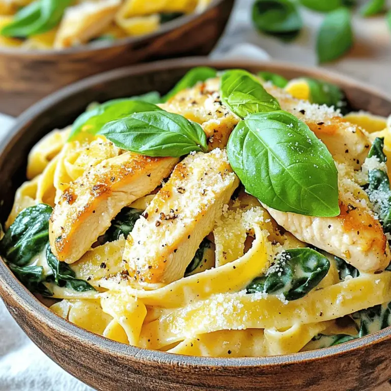 Für dieses Gericht benötigst du einige wichtige Zutaten. Diese bringen den tollen Geschmack. Hier sind die Hauptzutaten: - 250g deiner bevorzugten Pasta (Fettuccine oder Penne eignen sich hervorragend) - 2 Hühnerbrustfilets ohne Haut und Knochen, in Scheiben geschnitten - 2 Esslöffel Olivenöl - 4 Knoblauchzehen, fein gehackt - 1 Tasse frische Spinatblätter - 1 Tasse Schlagsahne - 1/2 Tasse frisch geriebener Parmesan - 1 Teelöffel italienische Gewürzmischung - Salz und Pfeffer nach Geschmack - Frische Basilikumblätter zum Garnieren Diese Zutaten sind einfach zu finden. Sie sorgen für den cremigen und herzhaften Geschmack. Neben den Hauptzutaten kannst du noch mehr Aromen hinzufügen. Hier sind einige Vorschläge: - Eine Prise Muskatnuss für mehr Tiefe - Zitronensaft für eine frische Note - Rote Paprika für etwas Schärfe Diese zusätzlichen Gewürze können den Geschmack verstärken. Sie geben der Soße eine extra Dimension. Wenn du keine klassische Pasta verwenden möchtest, gibt es Alternativen. Hier sind einige Ideen: - Zucchini-Nudeln für eine leichte Option - Vollkornpasta für mehr Ballaststoffe - Glutenfreie Pasta für spezielle Diäten Diese Alternativen passen gut zum Gericht. Sie sorgen für Abwechslung und Geschmack. Um das vollständige Rezept zu sehen, schaue dir die [Full Recipe] an. Um die Pasta perfekt zuzubereiten, koche sie in einem großen Topf. Fülle den Topf mit Wasser und bringe es zum Kochen. Füge eine Prise Salz hinzu. Gib die Pasta hinein und koche sie gemäß der Packungsanweisung. Rühre gelegentlich um, damit sie nicht kleben bleibt. Wenn die Pasta al dente ist, hebe eine Tasse Nudelwasser auf. Gieße dann die restliche Pasta ab und stelle sie beiseite. In einer großen Pfanne erhitze das Olivenöl bei mittlerer Hitze. Würze die Hühnerbrustfilets mit Salz und Pfeffer. Lege die Filets in die Pfanne. Brate sie für etwa 6-7 Minuten, bis sie goldbraun sind. Wende sie einmal. Die Außenseite sollte schön knusprig sein. Nimm das Hühnchen heraus und lege es auf einen Teller. Lass es kurz ruhen, damit der Saft bleibt. Nutze die gleiche Pfanne für die Soße. Gib den fein gehackten Knoblauch hinzu und brate ihn für etwa eine Minute an. Der Knoblauch sollte duften, aber nicht brennen. Gieße dann die Schlagsahne in die Pfanne. Lasse sie sanft köcheln. Füge den Parmesan und die italienische Gewürzmischung hinzu. Rühre alles gut um, bis der Käse schmilzt. Die Soße wird schön cremig. Wenn sie zu dick ist, füge etwas von dem aufbewahrten Nudelwasser dazu. So wird die Soße perfekt. Jetzt bist du bereit, die Pasta mit der Soße und dem Hühnchen zu vermengen! Du findest das vollständige Rezept in der Full Recipe. Um die beste Soße zu machen, achte auf die Hitze. Erhitze die Pfanne nicht zu stark. Das kann den Knoblauch verbrennen. Nach dem Hinzufügen der Sahne, lass sie sanft köcheln. So bleibt die Soße cremig. Rühre regelmäßig, damit nichts ansetzt. Klare Anweisungen im [Full Recipe] helfen dir, die Soße perfekt zu machen. Für saftiges Hühnchen ist die Marinade wichtig. Verwende Olivenöl, Salz und Pfeffer. Lass das Hühnchen vor dem Anbraten ruhen. Das sorgt dafür, dass die Säfte bleiben. Brate das Hühnchen nicht zu lange. In 6-7 Minuten ist es goldbraun und durchgegart. Wenn du es länger brätst, wird es trocken. Die Präsentation ist wichtig. Serviere die Pasta in tiefen Schalen. Garniere sie mit frischen Basilikumblättern. Ein wenig zusätzlicher Parmesan macht das Gericht besonders. Du kannst auch einige Kirschtomaten dazugeben. Sie bringen Farbe und Frische. Ein guter Rotwein passt hervorragend zu diesem Gericht. {{image_4}} Wenn du auf Fleisch verzichten möchtest, gibt es tolle Optionen. Ersetze das Hühnchen durch gebratene Pilze oder Tofu. Diese Zutaten bringen einen herzhaften Geschmack. Auch Kichererbsen sind eine gute Wahl. Sie fügen Proteine hinzu und machen die Pasta nahrhaft. Um den Geschmack deiner cremigen Knoblauch-Hühnchen-Spinat-Pasta zu verstärken, kannst du einige Extras hinzufügen. Sonnengetrocknete Tomaten bringen eine süße Note. Auch frische Kräuter wie Petersilie oder Thymian passen gut. Für einen würzigen Kick, füge rote Paprika oder Chili-Flocken hinzu. Diese Zutaten machen das Gericht noch interessanter. Für eine glutenfreie Variante, wähle glutenfreie Pasta. Sie gibt es in vielen Formen und Geschmäckern. Auch Quinoa oder Zucchini-Nudeln sind tolle Alternativen. Diese Optionen sind leicht und gesund. Sie passen perfekt zu der cremigen Soße. So kannst du das Gericht genießen, ohne auf den Geschmack zu verzichten. Um deine cremige Knoblauch-Hühnchen-Spinat-Pasta frisch zu halten, lagere sie in einem luftdichten Behälter. Lass die Pasta zuerst auf Raumtemperatur abkühlen. Dann decke den Behälter gut ab. So bleibt die Pasta länger frisch und lecker. Wenn du die Pasta aufwärmen möchtest, benutze eine Pfanne oder die Mikrowelle. In der Pfanne kannst du etwas Wasser oder Brühe hinzufügen, um die Soße zu lockern. In der Mikrowelle erhitzt du die Pasta in kurzen Intervallen. Rühre sie zwischendurch um, damit sie gleichmäßig warm wird. Im Kühlschrank bleibt deine Pasta für etwa drei bis vier Tage frisch. Wenn du sie länger aufbewahren möchtest, friere sie ein. In einem geeigneten Behälter hält sie sich bis zu drei Monate. Achte darauf, die Pasta vor dem Einfrieren gut abzukühlen, um Eiskristalle zu vermeiden. Für das beste Ergebnis tau die Pasta über Nacht im Kühlschrank auf, bevor du sie wieder aufwärmst. Dies hilft, die Textur zu bewahren. Für das vollständige Rezept schaue dir die [Full Recipe](#) an. Die gesamte Zubereitungszeit beträgt etwa 30 Minuten. Du kannst in 10 Minuten die Zutaten vorbereiten und in 20 Minuten alles kochen. Dies macht es zu einem schnellen und leckeren Gericht für jeden Tag. Ja, du kannst die Zutaten flexibel anpassen. Statt Hühnerbrust kannst du Tofu oder Garnelen verwenden. Für die Sahne gibt es pflanzliche Alternativen wie Kokos- oder Sojasahne. Auch der Parmesan kann durch einen veganen Käse ersetzt werden. So bleibt das Rezept lecker und passt zu deinem Geschmack. Wenn die Soße zu dünn ist, gibt es einfache Lösungen. Füge mehr Parmesan hinzu, um die Soße zu verdicken. Eine andere Methode ist, etwas Mehl oder Maisstärke in einer kleinen Menge Wasser aufzulösen und in die Soße zu geben. Rühre gut, bis die gewünschte Konsistenz erreicht ist. Diese cremige Knoblauch-Hühnchen-Spinat-Pasta ist einfach zuzubereiten. Die Hauptzutaten zusammen mit den richtigen Gewürzen machen den Unterschied. Die Schritt-für-Schritt-Anleitung führt Sie sicher zum Ziel. Denken Sie daran, das Hühnchen saftig zu halten und die Soße perfekt zu machen. Variationen wie vegetarische Alternativen erweitern die Möglichkeiten. Mit den richtigen Aufbewahrungstipps bleibt Ihr Gericht frisch. Genießen Sie diese leckere Mahlzeit immer wieder auf neue Weise!
