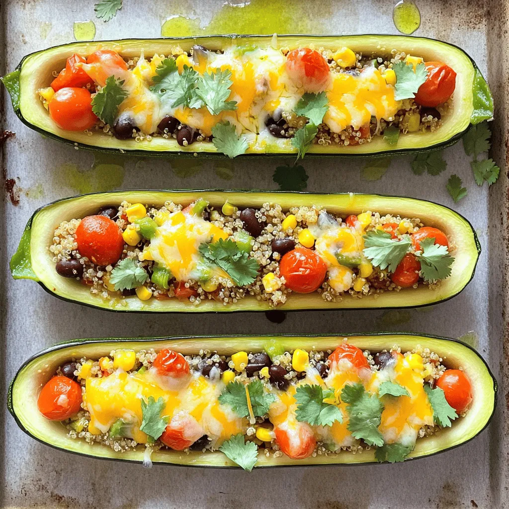 Um herzhafte gefüllte Zucchini-Boote zuzubereiten, benötigen Sie einige einfache Zutaten. Diese sind: - 4 mittelgroße Zucchini - 1 Tasse gekochter Quinoa - 1 Tasse Cherrytomaten, halbiert - 1/2 Tasse schwarze Bohnen, abgetropft und abgespült - 1/2 Tasse Maiskörner (frisch oder gefroren) - 1 kleine rote Zwiebel, gewürfelt - 2 Knoblauchzehen, fein gehackt - 1 Teelöffel Kreuzkümmel - 1 Teelöffel geräuchertes Paprikapulver - 1/2 Teelöffel Chili-Pulver - Salz und schwarzer Pfeffer nach Geschmack - 1 Tasse geriebener Cheddar-Käse (oder vegane Alternative) - Frischer Koriander oder Petersilie zum Garnieren - Olivenöl zum Beträufeln Diese Zutaten bilden die Basis. Sie liefern Geschmack und Nährstoffe. Der Quinoa macht die Füllung sättigend und gesund. Falls Sie eine spezielle Diät haben, gibt es viele Alternativen. Zum Beispiel: - Ersetzen Sie Quinoa durch Reis oder Hirse für Glutenfreiheit. - Für vegane Optionen können Sie den Käse durch Nusskäse ersetzen. - Statt schwarzen Bohnen können Sie Kichererbsen verwenden. Diese Optionen helfen, das Gericht an Ihre Bedürfnisse anzupassen. Experimentieren Sie mit den Zutaten, um Ihren eigenen Stil zu finden. Die Wahl der richtigen Zucchini ist wichtig. Achten Sie auf folgende Punkte: - Wählen Sie Zucchini, die fest und glänzend sind. - Vermeiden Sie Zucchini mit Druckstellen oder dunklen Flecken. - Kleinere Zucchini sind oft zarter und weniger bitter. Frische Zucchini bringt den besten Geschmack in Ihr Gericht. Achten Sie darauf, dass sie saisonal und lokal sind. So unterstützen Sie nachhaltige Landwirtschaft und erhalten die besten Aromen. Um die Zucchini-Boote zuzubereiten, heizen Sie zuerst den Ofen auf 190°C vor. Nehmen Sie die Zucchini und schneiden Sie sie der Länge nach in zwei Hälften. Verwenden Sie einen Löffel, um die Kerne herauszunehmen. So schaffen Sie Platz für die Füllung. Bestreichen Sie die Schnittfläche mit etwas Olivenöl. Legen Sie die Zucchini mit der offenen Seite nach oben auf ein Backblech. Das hilft, dass sie beim Backen nicht austrocknen. Für die Füllung erhitzen Sie einen Spritzer Olivenöl in einer großen Pfanne bei mittlerer Hitze. Fügen Sie die gewürfelte Zwiebel hinzu und braten Sie sie für etwa 3-4 Minuten. Die Zwiebel sollte weich sein, ohne zu bräunen. Jetzt kommt der gehackte Knoblauch. Braten Sie ihn eine weitere Minute, bis er duftet. Mischen Sie dann den gekochten Quinoa, die halbierten Cherrytomaten, die schwarzen Bohnen und den Mais in die Pfanne. Fügen Sie Kreuzkümmel, geräuchertes Paprikapulver, Chili-Pulver, Salz und Pfeffer hinzu. Rühren Sie alles gut durch und lassen Sie es 2-3 Minuten erwärmen. Jetzt füllen Sie jede Zucchini-Hälfte mit der Quinoa-Mischung. Drücken Sie leicht, damit die Füllung gut sitzt. Streuen Sie den geriebenen Cheddar-Käse gleichmäßig darüber. Backen Sie die Zucchini-Boote im vorgeheizten Ofen für etwa 20-25 Minuten. Sie sind fertig, wenn die Zucchini zart sind und der Käse schön geschmolzen ist. Nehmen Sie die Zucchini-Boote aus dem Ofen und lassen Sie sie kurz abkühlen. Garnieren Sie sie mit frischem Koriander oder Petersilie. Genießen Sie die herzhafte Füllung! Sie finden das vollständige Rezept weiter oben. Ein häufiger Fehler ist, die Zucchini nicht gut auszuhöhlen. Wenn Sie die Kerne nicht entfernen, bleibt nicht genug Platz für die Füllung. Das macht das Gericht schwer und weniger schmackhaft. Achten Sie darauf, die Zucchini bis zur Haut auszuhöhlen. Ein weiterer Fehler ist die Überfüllung der Boote. Zu viel Füllung kann dazu führen, dass die Zucchini nicht gleichmäßig gart. Füllen Sie die Zucchini-Boote bis zur Oberkante. Lassen Sie etwas Platz für den Käse. So schmilzt er schön und wird goldbraun. Verwenden Sie eine Mischung aus Quinoa, Gemüse und Gewürzen. Diese Kombination sorgt für einen guten Geschmack. Wenn Sie die Füllung verdichten, bleibt sie beim Backen besser in den Booten. Servieren Sie die Zucchini-Boote auf einem großen Teller. Garnieren Sie sie mit frischem Koriander oder Petersilie. Das sieht nicht nur gut aus, sondern gibt auch einen frischen Geschmack. Stellen Sie auch eine Schale mit Joghurt oder Salsa auf den Tisch. Diese Saucen passen gut zu den Zucchini. Für den besten Genuss, servieren Sie die Boote warm. Sie sind sofort nach dem Backen am leckersten. Für das vollständige Rezept und weitere Tipps können Sie die Anleitung unter [Full Recipe] finden. {{image_4}} Für eine vegane Variante tauschen Sie den Käse gegen eine pflanzliche Alternative aus. Verwenden Sie zum Beispiel Cashewkäse oder Hefeflocken. Diese Zutaten geben einen tollen Geschmack. Sie können auch weitere pflanzliche Proteine wie Tofu oder Tempeh hinzufügen. Diese halten die Füllung nahrhaft und lecker. Wenn Sie Fleischliebhaber sind, fügen Sie Hackfleisch hinzu. Rinderhack oder Hühnchen sind gute Optionen. Braten Sie das Fleisch in der Pfanne, bevor Sie die anderen Zutaten mixen. Achten Sie darauf, das Fleisch gut zu würzen. Sie können auch Wurst oder Tofu verwenden. Diese Varianten bringen neue Geschmäcker in Ihre Zucchini-Boote. Nutzen Sie saisonales Gemüse für mehr Frische. Paprika, Zucchini oder Spinat passen gut in die Füllung. Diese Gemüse geben nicht nur Geschmack, sondern auch Farbe. Achten Sie darauf, das Gemüse klein zu schneiden, damit es gut passt. Experimentieren Sie mit verschiedenen Kombinationen. So bleibt das Gericht spannend und abwechslungsreich. Für die vollständige Zubereitung beachten Sie das [Full Recipe]. Um die gefüllten Zucchini-Boote frisch zu halten, lege sie in einen luftdichten Behälter. Sie können auch Frischhaltefolie verwenden. Stelle sicher, dass sie gut abgekühlt sind, bevor du sie lagerst. So bleibt der Geschmack erhalten. Um die Zucchini-Boote wieder warm zu machen, benutze den Ofen. Heize ihn auf 175°C vor. Lege die Zucchini-Boote auf ein Backblech. Decke sie mit Folie ab, um sie nicht trocken werden zu lassen. Backe sie 15 bis 20 Minuten lang, bis sie warm sind. Im Kühlschrank halten die Zucchini-Boote bis zu 3 Tage. Wenn du sie länger aufbewahren willst, friere sie ein. Im Gefrierschrank bleiben sie bis zu 3 Monate frisch. Achte darauf, sie gut zu verpacken, um Gefrierbrand zu vermeiden. Um die Zucchini-Boote würziger zu machen, nutzen Sie mehr Gewürze. Fügen Sie mehr Kreuzkümmel oder Chili-Pulver hinzu. Auch frische Kräuter wie Basilikum oder Oregano sind toll. Eine Prise Cayennepfeffer bringt mehr Wärme. Experimentieren Sie mit verschiedenen Käsesorten, wie Feta oder Gouda. Diese Optionen geben den Zucchini-Boote einen neuen Geschmack. Zu gefüllten Zucchini passen viele Beilagen. Ein frischer grüner Salat ist eine gute Wahl. Auch Quinoa oder Reis ergänzen die Zucchini gut. Für etwas mehr Farbe bieten sich gebratene Paprika oder Zucchini an. Sie können auch einen Joghurtdip dazu reichen. Dieser Dip bringt Frische und einen schönen Kontrast. Ja, Sie können gefüllte Zucchini-Boote im Voraus zubereiten. Bereiten Sie die Füllung und die Zucchini vor. Füllen Sie die Zucchini und decken Sie sie ab. Lagern Sie sie im Kühlschrank für bis zu zwei Tage. Backen Sie sie dann kurz vor dem Servieren. So sparen Sie Zeit und genießen frisch gebackene Zucchini. Für das vollständige Rezept besuchen Sie [Full Recipe]. Gefüllte Zucchini-Boote sind einfach und lecker. Wir haben die besten Zutaten besprochen, die Zubereitung klargemacht und Tipps gegeben, wie du häufige Fehler vermeidest. Variationen bieten dir viele Möglichkeiten, deine Zucchini individuell zu gestalten. Auch die Lagerung und Wiedererwärmung sind wichtig, damit du keinen Spaß an deinem Essen verlierst. Jetzt kannst du deine eigenen köstlichen Zucchini-Boote zubereiten. Viel Spaß beim Ausprobieren!