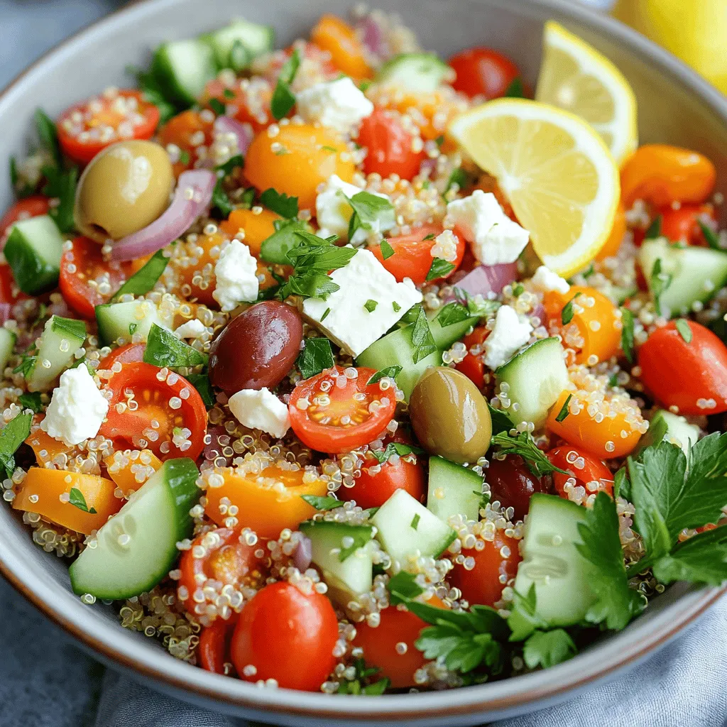 - Quinoa: Diese kleine, nahrhafte Körner ist die Basis unseres Salats. Quinoa hat einen feinen Geschmack und ist eine gute Eiweißquelle. Du solltest sie gründlich waschen, um Bitterstoffe zu entfernen. - Kirschtomaten: Sie bringen eine süße Frische in den Salat. Halbiere sie, damit sich die Aromen besser entfalten können. - Gurke und Paprika: Diese knackigen Zutaten geben dem Salat Textur. Würfle die Gurke und die Paprika, um gleichmäßige Stücke zu erhalten. - Kalamata-Oliven und Feta-Käse: Die Oliven fügen einen salzigen Geschmack hinzu. Zerkleinerter Feta bringt eine cremige Note. Wenn du vegan bist, kannst du den Feta weglassen. - Frische Kräuter: Petersilie und Minze bringen frische Aromen. Hacke sie fein, um den Geschmack zu intensivieren. - Olivenöl und Zitronensaft: Diese Zutaten ergeben ein einfaches, aber leckeres Dressing. Das Olivenöl sorgt für Reichhaltigkeit, während der Zitronensaft Frische bringt. Für die Details zu den Mengen und der Zubereitung schaue dir das [Full Recipe] an. Um Quinoa perfekt zuzubereiten, beginne mit einer Tasse gewaschener Quinoa. Mische sie mit zwei Tassen Gemüsebrühe oder Wasser in einem Topf. Erhitze die Mischung auf mittlerer bis hoher Hitze. Lass sie kochen und reduziere dann die Hitze. Decke den Topf ab und lasse die Quinoa etwa 15 Minuten köcheln. Nach 15 Minuten nimm den Topf vom Herd. Lass die Quinoa für weitere 5 Minuten zugedeckt ruhen. So wird sie schön locker und flauschig. Danach nimm eine Gabel und lockere die Quinoa auf. Lass sie abkühlen, während du die anderen Zutaten vorbereitest. Für den Salat brauchst du frisches Gemüse. Beginne mit einer Tasse Kirschtomaten. Halbieren sie und lege sie in eine große Schüssel. Dann nimm eine Salatgurke und würfle sie in kleine Stücke. Füge die Gurke zu den Tomaten hinzu. Nimm eine Paprika, entweder rot oder gelb, und würfle sie ebenfalls. Hacke eine Viertel rote Zwiebel fein und gib sie zur Mischung. Füge auch eine Tasse Kalamata-Oliven hinzu, nachdem du sie entsteint hast. Wenn du möchtest, kannst du auch Feta-Käse zerbröseln und hinzufügen. Zum Schluss hacke eine Viertel Tasse frische Petersilie und Minze und gib sie dazu. Nachdem die Quinoa abgekühlt ist, füge sie zur Schüssel mit dem Gemüse hinzu. Jetzt wird es spannend! Mische alles gut durch, damit die Aromen sich verbinden. Um das Dressing zuzubereiten, nimm eine kleine Schüssel. Gieße ein Viertel Tasse Olivenöl und zwei Esslöffel Zitronensaft hinein. Füge einen Teelöffel getrockneten Oregano, Salz und Pfeffer nach Geschmack hinzu. Rühre alles gut um. Gieße das Dressing über den Salat und vermenge alles vorsichtig. Lass den Salat mindestens 10 Minuten ruhen, damit die Aromen ziehen können. Serviere ihn frisch und genieße deinen mediterranen Quinoa-Salat. Du findest das komplette Rezept in der [Full Recipe]. Um die Quinoa perfekt zuzubereiten, gibt es ein paar einfache Tipps. Zuerst solltest du die Quinoa gut waschen. Dies entfernt die Bitterstoffe. Koche sie dann in Gemüsebrühe oder Wasser. Achte darauf, dass das Wasser kocht, bevor du die Hitze reduzierst. Wenn die Quinoa kocht, decke den Topf zu und lasse sie für 15 Minuten köcheln. So bleibt sie weich und locker. Um Überkochen zu vermeiden, halte die Hitze niedrig. Nach dem Kochen, lasse die Quinoa für fünf Minuten ruhen. Dadurch wird die Textur noch besser. Am Ende lockere sie mit einer Gabel auf. So wird sie fluffig. Ein wichtiger Schritt ist, den Salat vor dem Servieren ruhen zu lassen. So können sich die Aromen gut vermischen. Ich empfehle, den Salat mindestens zehn Minuten ruhen zu lassen. Das macht einen großen Unterschied im Geschmack. Verwende frische, saisonale Zutaten. Sie bringen mehr Geschmack in den Salat. Frische Kräuter wie Petersilie und Minze sind besonders wichtig. Sie verleihen dem Salat Frische und Lebendigkeit. Wenn du eine vegane Option wünschst, kannst du Feta-Käse ganz einfach weglassen. Du kannst auch vegane Alternativen verwenden. Zum Beispiel, nutze zerdrückte Avocado oder veganen Käse. Füge zusätzliche Zutaten hinzu, um mehr Geschmack zu erzielen. Probier geröstete Nüsse oder Kichererbsen. Diese geben dem Salat mehr Biss. Du kannst auch unterschiedliche Gemüsesorten verwenden, um Vielfalt zu schaffen. Nutze Deine Kreativität und finde die Kombination, die dir am besten schmeckt. Für das vollständige Rezept schau dir den Mediterraner Quinoa-Salat an. {{image_4}} Eine tolle Möglichkeit, deinen mediterranen Quinoa-Salat zu verändern, ist, andere Gemüsesorten hinzuzufügen. Du kannst zum Beispiel Zucchini oder Auberginen verwenden. Diese Gemüsesorten bringen neue Aromen und Texturen. Du kannst auch zusätzliche Proteine einfügen. Kichererbsen oder gebratene Hähnchenstücke sind gute Optionen. Sie machen den Salat nahrhafter und sättigender. Im Frühling und Sommer kannst du frische Erbsen oder Spargel verwenden. Diese Zutaten bringen Farbe und Knackigkeit. Im Herbst kannst du geröstete Kürbiswürfel oder Rote Bete hinzufügen. Diese Zutaten verleihen deinem Salat eine süße Note. Wenn du Quinoa ersetzen möchtest, probiere Hirse oder Buchweizen. Diese Körner sind ebenfalls gesund und glutenfrei. Du kannst den Salat auch in einer glutenfreien Variante zubereiten, indem du alle Zutaten sorgfältig auswählst. Achte darauf, dass alle verwendeten Produkte glutenfrei sind. Für das vollständige Rezept kannst du den Abschnitt über den Mediterranen Quinoa-Salat 🥗 besuchen. Um deinen mediterranen Quinoa-Salat frisch zu halten, bewahre ihn im Kühlschrank auf. Nutze einen luftdichten Behälter. So bleibt der Salat knackig und lecker. Der Salat hält sich bis zu drei Tage. Achte darauf, vor dem Servieren gut umzurühren. Willst du Quinoa-Salat einfrieren? Das ist einfach! Teile den Salat in Portionen auf. Lege ihn in Gefrierbeutel oder -behälter. Vergiss nicht, die Luft herauszudrücken, bevor du ihn verschließt. So bleibt der Geschmack erhalten. Um den Salat wieder aufzuwärmen, taue ihn im Kühlschrank auf. Danach kannst du ihn leicht in der Mikrowelle oder in einer Pfanne erhitzen. Achte darauf, ihn nicht zu lange zu erhitzen, damit die frischen Zutaten nicht matschig werden. Es dauert etwa 15 Minuten, Quinoa zu kochen. Zuerst bringst du Wasser oder Gemüsebrühe in einem Topf zum Kochen. Dann gibst du die gewaschene Quinoa hinzu. Reduziere die Hitze und decke den Topf ab. Nach 15 Minuten sollte die Flüssigkeit aufgesogen sein. Lass die Quinoa danach für 5 Minuten ruhen. So wird sie locker und lecker. Ja, du kannst den Salat im Voraus zubereiten. Bereite die Quinoa und die frischen Zutaten vor. Lagere sie getrennt im Kühlschrank. Mische alles erst kurz vor dem Servieren. So bleibt der Salat frisch und knackig. Wenn der Salat länger steht, kann die Quinoa die Flüssigkeit aufsaugen. Das macht ihn trocken. Zu diesem Salat passen viele Beilagen. Du kannst gegrilltes Hähnchen oder Fisch servieren. Auch Fladenbrot oder Pita passen gut. Ein einfacher Joghurt-Dip ergänzt den Salat wunderbar. Denk daran, die Beilagen leicht und frisch zu halten. So bleibt das mediterrane Gefühl erhalten. Ja, der Salat kann vegan sein. Lass einfach den Feta-Käse weg. Du kannst auch andere pflanzliche Proteine hinzufügen. Kichererbsen oder gebratener Tofu sind gute Optionen. So bleibt der Salat nahrhaft und lecker. Auch die frischen Kräuter geben viel Geschmack. Der Salat ist somit eine tolle vegane Wahl. Für das volle Rezept, schau dir die Full Recipe an. Zusammenfassend haben wir die Zutaten für den mediterranen Quinoa-Salat besprochen. Wir haben gelernt, wie man Quinoa richtig zubereitet und die frischen Zutaten vorbereitet. Tipps zur Konsistenz und zu Aromen helfen, den Salat zu verbessern. Variationen zeigen, wie flexibel dieses Rezept ist. Abschließend bleibt festzuhalten, dass dieser Salat nicht nur lecker ist, sondern auch einfach zuzubereiten. Experimentiere mit frischen Zutaten und genieße die Vielfalt!