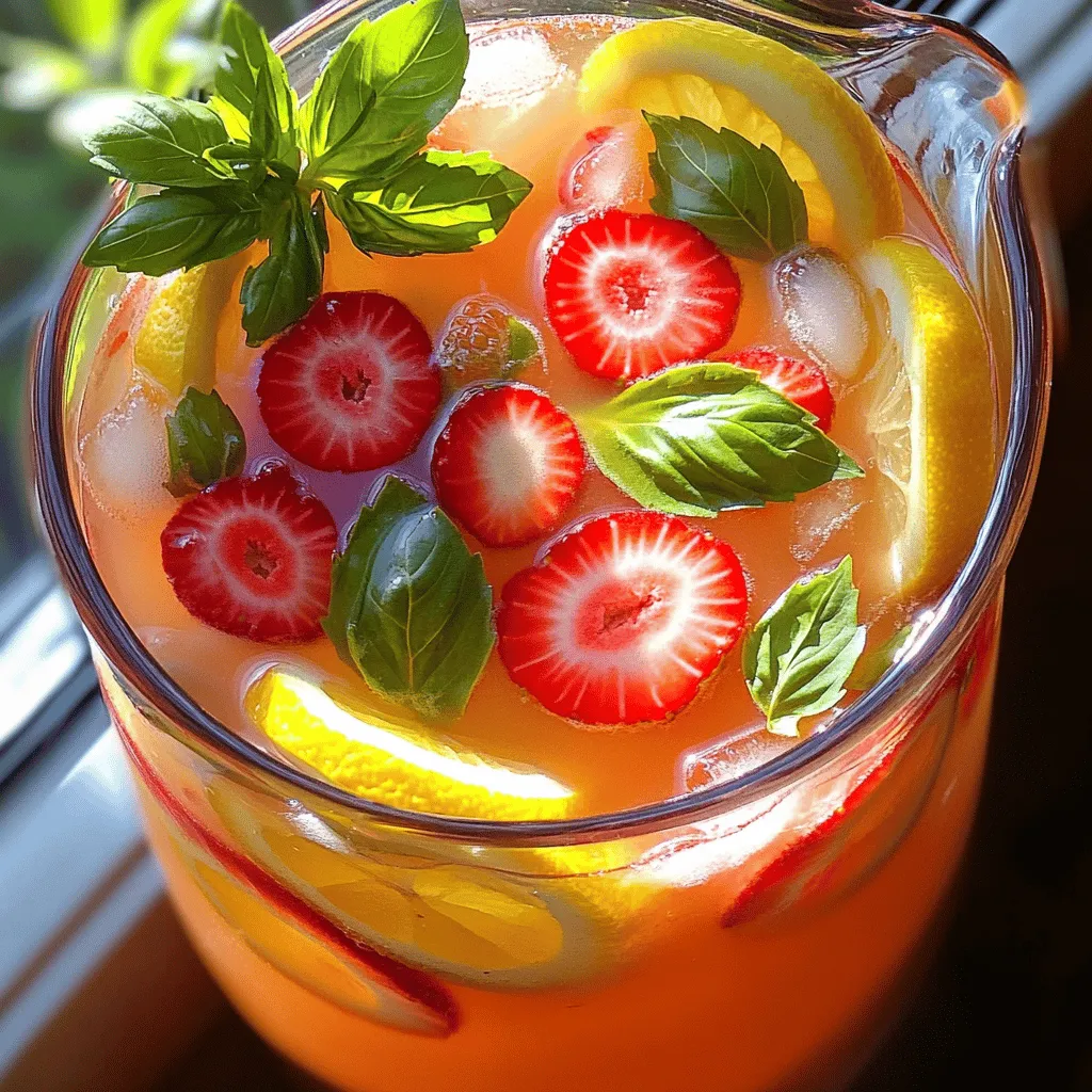 Um die perfekte Erdbeer-Basilikum-Limonade zu machen, brauchst du frische und einfache Zutaten. Hier sind die Hauptzutaten: - 1 Tasse frische Erdbeeren, entstielt und in Scheiben geschnitten - 1/2 Tasse frische Basilikumblätter, grob gehackt - 1 Tasse frisch gepresster Zitronensaft (ca. 4-6 Zitronen) - 1 Tasse Kristallzucker (oder Honig für eine gesündere Option) - 4 Tassen Wasser - Eiswürfel - Zitronenscheiben und Basilikumzweige zum Garnieren Diese Zutaten machen die Limonade frisch, süß und sehr lecker. Die Erdbeeren bringen eine natürliche Süße, während der Basilikum einen tollen, frischen Geschmack hinzufügt. Die Auswahl der besten Erdbeeren ist sehr wichtig. Achte auf folgende Punkte: - Wähle reife Erdbeeren. Sie sollten rot und glänzend sein. - Prüfe die Beeren auf Druckstellen. Beschädigte Beeren sind nicht frisch. - Rieche an den Erdbeeren. Sie sollten süß duften. - Kaufe lokale Erdbeeren, wenn möglich. Sie sind oft frischer und schmackhafter. Wenn du diese Tipps befolgst, hast du die besten Erdbeeren für deine Limonade. Frische Erdbeeren machen einen großen Unterschied im Geschmack. Die Zutaten in dieser Limonade sind nicht nur lecker, sondern auch gesund. Hier sind einige Vorteile: - Erdbeeren sind reich an Vitamin C und Antioxidantien. Sie unterstützen das Immunsystem. - Basilikum hat entzündungshemmende Eigenschaften. Es fördert die Verdauung und hat viele Vitamine. - Zitronen sind ebenfalls reich an Vitamin C. Sie helfen, den Körper zu entgiften. - Wasser ist wichtig für die Hydration. Es hält dich frisch, besonders im Sommer. Diese gesunden Zutaten machen die Erdbeer-Basilikum-Limonade zu einer großartigen Wahl für heiße Tage. Du kannst sie ohne schlechtes Gewissen genießen. Zuerst nehme ich die frischen Erdbeeren und schneide sie in Scheiben. Ich gebe die geschnittenen Erdbeeren, die Hälfte der Basilikumblätter und 1 Tasse Wasser in einen Mixer. Dann mixe ich alles, bis die Mischung glatt ist. Das sorgt für einen tollen Erdbeergeschmack. Nach dem Mixen seie ich die Mischung durch ein feines Sieb in einen Krug. Ich benutze einen Spatel, um die Flüssigkeit gut herauszupressen. So bleiben die festen Teile zurück, und ich habe eine glatte Erdbeermischung. In einer separaten Schüssel presse ich die Zitronen aus. Ich benötige etwa 1 Tasse frisch gepressten Zitronensaft. Dann mische ich den Zitronensaft mit dem Kristallzucker. Es ist wichtig, den Zucker gut aufzulösen. Wenn ich den Zucker nicht schnell genug auflösen kann, erwärme ich die Mischung leicht. Das sorgt dafür, dass die Limonade süß und frisch wird. Jetzt füge ich die Zitronen-Zucker-Mischung zur Erdbeer-Basilikum-Flüssigkeit im Krug hinzu. Ich gebe die restlichen 3 Tassen Wasser dazu und rühre gut um. Es ist wichtig, alles gleichmäßig zu vermischen. Ich probiere die Limonade und passe die Süße oder Säure an. Wenn ich mehr Zucker oder Zitronensaft brauche, füge ich es hinzu. Dann gebe ich die restlichen Basilikumblätter in den Krug. Das verleiht der Limonade einen zusätzlichen Geschmack. Ich lasse die Limonade mindestens 30 Minuten im Kühlschrank ziehen. So können sich die Aromen gut verbinden. Wenn ich bereit bin, serviere ich die Limonade über Eiswürfeln in Gläsern. Ich garniere sie mit Zitronenscheiben und frischen Basilikumzweigen für einen frischen Look. Für das komplette Rezept schaue dir die [Full Recipe] an. Um den Geschmack deiner Erdbeer-Basilikum-Limonade zu verbessern, probiere frische Zutaten. Frische Erdbeeren bringen mehr Aroma. Wähle auch aromatische Basilikumblätter. Mische die Kräuter gut mit den Erdbeeren. Ein Hauch von Minze kann ebenfalls eine spannende Note hinzufügen. Lass die Limonade nach dem Mixen für mindestens 30 Minuten ziehen. So verbinden sich die Aromen besser. Wenn du eine gesündere Limonade möchtest, ersetze den Zucker durch Honig oder Agavendicksaft. Diese bieten eine natürliche Süße. Verwende auch weniger Zucker als im Rezept angegeben. Du kannst sogar die Erdbeeren pürieren und die Süße von ihnen nutzen. Ein Spritzer Limettensaft bringt eine frische Note und senkt den Zuckergehalt. Serviere die Limonade in hohen Gläsern mit viel Eis. Füge Zitronenscheiben und Basilikumzweige als Garnitur hinzu. Du kannst auch frische Erdbeeren auf den Rand des Glases stecken. Ein bunter Strohhalm macht das Getränk noch einladender. Probiere auch verschiedene Gläser, um es ansprechend zu gestalten. {{image_4}} Du kannst viele Früchte in Erdbeer-Basilikum-Limonade verwenden. Himbeeren sind eine tolle Wahl. Ihre Süße passt gut zu Basilikum. Du kannst auch Pfirsiche oder Wassermelone ausprobieren. Beide Früchte bringen frische Aromen. Mische einfach die neuen Früchte mit den Erdbeeren im Mixer. Wenn du es weniger süß magst, reduziere den Zucker. Füge mehr Zitronensaft hinzu, um die Säure zu erhöhen. Für einen besonderen Kick kannst du einen Spritzer Limettensaft probieren. Wenn du etwas mehr Würze willst, füge Ingwer hinzu. Er passt gut zu Erdbeeren und Basilikum. Für eine spritzige Cocktail-Version kannst du Wodka oder Gin hinzufügen. Mische 1-2 Unzen in die Limonade. Das bringt einen tollen Geschmack. Du kannst auch Prosecco verwenden, um eine schaumige Note zu erhalten. Garniere mit frischem Basilikum und einer Erdbeere. So wird dein Drink zum echten Highlight. Finde weitere Ideen in der [Full Recipe]. Bewahren Sie die Erdbeer-Basilikum-Limonade im Kühlschrank auf. Nutzen Sie einen luftdichten Krug oder eine Flasche. Dies hält die Limonade frisch und lecker. Stellen Sie sicher, dass die Limonade gut gekühlt ist, bevor Sie sie servieren. Die Limonade bleibt im Kühlschrank etwa 3 bis 5 Tage frisch. Nach dieser Zeit kann der Geschmack nachlassen. Wenn Sie die Limonade länger aufbewahren, kann sie trüb werden. Ich empfehle, die Limonade innerhalb von 3 Tagen zu genießen, um den besten Geschmack zu erleben. Haben Sie Reste? Verwenden Sie sie kreativ! Gießen Sie die Limonade in Eiswürfelformen und frieren Sie sie ein. Diese Eiswürfel sind perfekt für zukünftige Getränke. Sie können auch die Limonade in Smoothies verwenden oder als Basis für Cocktails nutzen. So verschwenden Sie nichts und genießen neue Geschmackserlebnisse! Um die Limonade süßer zu machen, füge einfach mehr Zucker oder Honig hinzu. Rühre gut um, bis alles sich auflöst. Wenn du es saurer magst, gib mehr Zitronensaft dazu. Probiere die Limonade nach jedem Schritt. So findest du den perfekten Geschmack für dich. Ja, gefrorene Erdbeeren sind eine tolle Option. Sie sind oft süßer und sehr praktisch. Lass sie vorher kurz auftauen, damit sie sich gut mixen lassen. Die Konsistenz wird etwas anders, aber der Geschmack bleibt frisch und lecker. Neben Basilikum passen Minze und Zitronenmelisse gut. Beide Kräuter bringen eine frische Note. Du kannst sie zusammen oder allein verwenden. Experimentiere mit verschiedenen Kräutern, um deinen eigenen Twist zu finden. Das macht die Limonade noch spannender! Erdbeer-Basilikum-Limonade ist erfrischend und voll gesunder Zutaten. Wir haben die besten Erdbeeren ausgewählt und die Zubereitung einfach erklärt. Mit unseren Tipps und Tricks kannst du den Geschmack verbessern und Variationen ausprobieren. Denke auch an die Lagerung, um die Limonade frisch zu halten. Mit ein paar Anpassungen kannst du ein leckeres Getränk für jeden Anlass kreieren. Probiere es aus und genieße jeden Schluck!