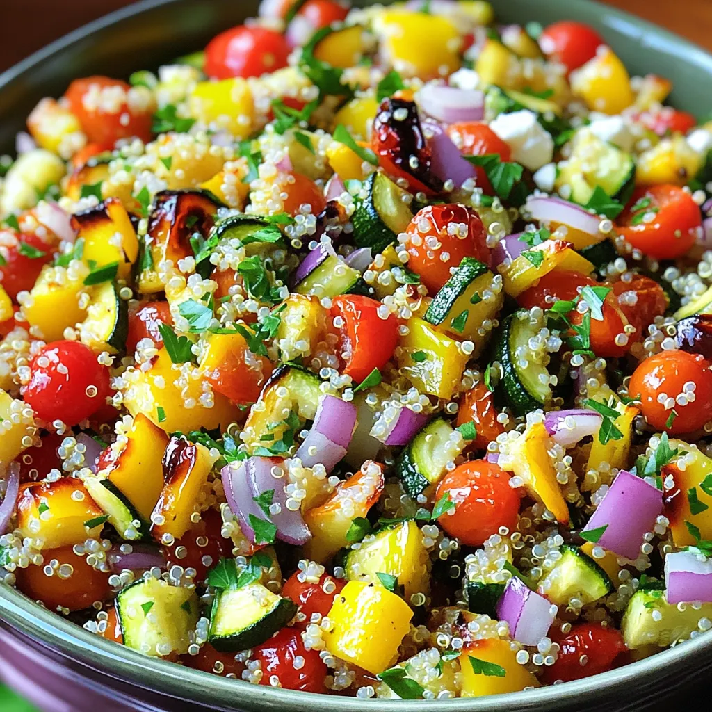 - 1 Tasse Quinoa - 2 Tassen Gemüsebrühe oder Wasser - Assortiment an frischem Gemüse (Zucchini, Paprika, Zwiebel, Kirschtomaten) Die Hauptzutaten sind einfach und gesund. Quinoa ist eine tolle Basis. Sie ist reich an Eiweiß und Ballaststoffen. Ich benutze 1 Tasse Quinoa. Diese Menge reicht für vier Portionen. Spüle die Quinoa gut ab, um den bitteren Geschmack zu entfernen. Als Gemüse wähle ich ein buntes Sortiment. Du kannst Zucchini, rote und gelbe Paprika, Zwiebel und Kirschtomaten verwenden. Diese Gemüse bringen nicht nur Farbe, sondern auch viele Nährstoffe. Das macht den Salat frisch und ansprechend. - Olivenöl, Knoblauchpulver, geräuchertes Paprikapulver - Salz und Pfeffer, Balsamico-Essig, frische Petersilie, Feta-Käse (optional) Für den Geschmack sind die Gewürze wichtig. Ich nehme Olivenöl für einen milden Geschmack. Knoblauchpulver fügt eine leckere Note hinzu. Geräuchertes Paprikapulver bringt ein leicht rauchiges Aroma. Das Dressing ist einfach: Balsamico-Essig sorgt für eine frische Säure. Frische Petersilie gibt dem Salat noch mehr Geschmack. Wenn du magst, streue Feta-Käse darüber. Er macht den Salat cremiger und würziger. Mit diesen Zutaten und Gewürzen wird dein Salat bunt und lecker. Du findest das vollständige Rezept im Abschnitt „Full Recipe“. Heize deinen Ofen auf 200 °C vor. Das gibt dem Gemüse die richtige Hitze. Nimm jetzt das Gemüse. Würfle die Zucchini, die Paprika, die Zwiebel und die Kirschtomaten. Gib das Gemüse in eine große Schüssel. Träufle das Olivenöl darüber. Füge Knoblauchpulver, Salz, Pfeffer und geräuchertes Paprikapulver hinzu. Mische alles gut. So wird jedes Stück Gemüse gleichmäßig gewürzt. Verteile das gewürzte Gemüse auf einem Backblech. Achte darauf, dass es in einer einzigen Schicht liegt. Das hilft beim Rösten. Schiebe das Backblech in den heißen Ofen. Röste das Gemüse für 20 bis 25 Minuten. Wende es einmal in der Mitte der Garzeit. So wird es schön gleichmäßig gar und bekommt eine tolle Farbe. Während das Gemüse röstet, koche die Quinoa. Bringe die Gemüsebrühe in einem mittelgroßen Topf zum Kochen. Füge die abgespülte Quinoa hinzu. Reduziere die Hitze auf niedrig und decke den Topf ab. Lass die Quinoa 15 Minuten köcheln. Sie ist fertig, wenn sie die ganze Flüssigkeit aufgesogen hat. Nimm den Topf vom Herd. Lass die Quinoa fünf Minuten ruhen und lockere sie dann mit einer Gabel auf. Jetzt ist alles bereit! Mische die gerösteten Gemüse mit der Quinoa in einer großen Schüssel. Du kannst das Rezept für diesen Salat in der [Full Recipe] nachlesen. - Quinoa gründlich abspülen: Wenn du Quinoa kochst, spüle sie vorher gut ab. Das entfernt Bitterstoffe. Eine gründliche Spülung hilft, die Textur zu verbessern. So wird die Quinoa locker und lecker. - Gemüse gleichmäßig schneiden: Achte darauf, dass du das Gemüse gleichmäßig schneidest. So garen sie gleichmäßig im Ofen. Wenn die Stücke zu unterschiedlich sind, wird nicht alles zur gleichen Zeit zart. - Als Hauptgericht oder Beilage: Du kannst den Salat als Hauptgericht oder als Beilage genießen. Er passt gut zu Grillgerichten oder anderen Hauptspeisen. - Perfekt für Meal Prep oder zum Mitnehmen: Dieser Salat ist ideal für Meal Prep. Du kannst ihn gut vorbereiten und in den Kühlschrank stellen. Er hält sich frisch und ist ein toller Snack für unterwegs. {{image_4}} Für den gerösteten Gemüse-Quinoa-Salat können Sie viele Gemüsesorten verwenden. Saisonale und regionale Optionen sind am besten. Im Frühling passen Spargel und Erbsen gut. Im Sommer sind Tomaten und Zucchini frisch und lecker. Im Herbst eignen sich Kürbis und Süßkartoffeln. Diese Variationen geben Ihrem Salat neue Aromen. Zusätzlich können Sie andere Proteinquellen einfügen. Bohnen, Kichererbsen oder Linsen machen den Salat nahrhafter. Sie steigern den Proteingehalt und fügen Textur hinzu. Diese Zutaten passen gut zu Quinoa und Gemüse. Um eine vegane Version zu erstellen, lassen Sie den Feta-Käse weg. Quinoa ist von Natur aus glutenfrei. Das macht ihn ideal für glutenfreie Diäten. Sie können auch andere glutenfreie Getreide wie Reis oder Hirse verwenden. Diese Optionen bieten Abwechslung und Geschmack. Es gibt viele Wege, um den Salat zu verfeinern. Experimentieren Sie mit verschiedenen Kräutern und Gewürzen. So finden Sie Ihre perfekte Kombination. Für das vollständige Rezept schauen Sie sich den Full Recipe an. Um die Reste des gerösteten Gemüse-Quinoa-Salats frisch zu halten, lege ihn in einen luftdichten Behälter. Diese Methode verhindert, dass Luft und Feuchtigkeit eindringen. Du solltest den Salat innerhalb von drei bis fünf Tagen essen. Das Gemüse bleibt knackig, und die Aromen bleiben erhalten. Wenn du den Salat aufbewahrst, lasse den Feta-Käse besser weg, falls du ihn hinzugefügt hast. Feta kann seine Textur ändern, wenn er zu lange steht. Du kannst ihn frisch hinzufügen, wenn du den Salat servierst. Wenn du mehr Portionsgrößen vorbereiten möchtest, kannst du den Salat auch einfrieren. Teile den Salat in kleine Portionen und lege sie in Gefrierbeutel. Achte darauf, so viel Luft wie möglich zu entfernen. So bleibt der Salat bis zu drei Monate frisch. Um die Portionen aufzutauen, lege sie einfach über Nacht in den Kühlschrank. Du kannst die Portionen auch direkt in der Mikrowelle aufwärmen. Achte darauf, dass du sie in einem mikrowellengeeigneten Behälter auftauen und aufwärmen. So bleibt die Textur des Gemüses gut und der Salat schmeckt frisch. Für das vollständige Rezept, schau dir die [Full Recipe] an. Der Salat ist im Kühlschrank etwa drei Tage haltbar. Lagern Sie ihn in einem luftdichten Behälter. Wenn Sie ihn einfrieren möchten, ist das auch möglich. Teilen Sie den Salat in Portionen auf und fügen Sie ihn in gefrierfreundliche Beutel. So bleibt der Geschmack frisch. Der gefrorene Salat hält bis zu drei Monate. Zum Auftauen legen Sie ihn einfach in den Kühlschrank. Ja, das ist eine tolle Idee! Kochen Sie die Quinoa einen Tag vorher. Lassen Sie sie abkühlen und lagern Sie sie in einem Behälter im Kühlschrank. So sparen Sie Zeit beim Zubereiten des Salats. Wenn Sie die Quinoa aufwärmen möchten, geben Sie etwas Wasser hinzu und erwärmen sie leicht in einer Pfanne. Falls Sie keinen Feta-Käse möchten, probieren Sie Ziegenkäse oder Ricotta. Diese Käsesorten passen gut zu den Aromen des Salats. Für eine vegane Option nutzen Sie zerdrückte Avocado oder pflanzlichen Käse. Diese Alternativen geben dem Salat eine leckere Cremigkeit. Ja, Sie können viele verschiedene Dressings für den Salat ausprobieren. Ein einfaches Zitronen-Olivenöl-Dressing ist frisch und leicht. Probieren Sie auch ein Joghurtdressing für mehr Geschmack. Balsamico-Glasur kann den Salat süßlicher machen. Experimentieren Sie, um Ihr Lieblingsdressing zu finden. Dieser Salat ist einfach zu machen und sehr flexibel. Wir haben über die Hauptzutaten wie Quinoa und frisches Gemüse gesprochen. Du kannst den Salat mit verschiedenen Gewürzen und Dressings anpassen. Denk daran, dass er sich gut für Meal Prep eignet. Du kannst ihn im Kühlschrank aufbewahren oder portioniert einfrieren. Mit diesen Tipps machst du jeden Tag einen gesunden Salat. Probiere unterschiedliche Gemüsesorten, damit es nie langweilig wird!