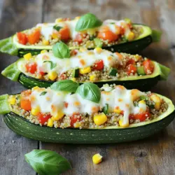 Die Hauptzutaten sind einfach und frisch. Sie brauchen: - 4 mittelgroße Zucchinis - 1 Tasse Quinoa, gründlich abgespült - 2 Tassen Gemüsebrühe - 1 Paprika, gewürfelt (beliebige Farbe) - 1 kleine Zwiebel, fein gehackt - 1 Tasse Kirschtomaten, halbiert - 1 Tasse Maiskörner (frisch oder gefroren) Diese Zutaten bilden die Basis für die gefüllten Zucchini-Boote. Quinoa ist nahrhaft und gibt der Füllung Struktur. Zucchini bleibt saftig und zart beim Backen. Die richtigen Gewürze machen das Gericht besonders. Verwenden Sie: - 1 Teelöffel Knoblauchpulver - 1 Teelöffel Kreuzkümmel - ½ Teelöffel geräuchertes Paprikapulver - Salz und Pfeffer nach Geschmack Diese Gewürze bringen Tiefe und Geschmack. Sie verleihen der Füllung einen tollen Charakter. Experimentieren Sie mit Kräutern wie Basilikum oder Oregano für mehr Frische. Sie können das Rezept nach Ihrem Geschmack anpassen. Einige optionale Zutaten sind: - ½ Tasse geriebener Mozzarella-Käse (optional) - Verschiedene Gemüsesorten nach Wahl - Hülsenfrüchte wie schwarze Bohnen oder Kichererbsen Diese Optionen helfen, das Gericht zu variieren. Fühlen Sie sich frei, kreativ zu sein und Ihre Lieblingszutaten zu verwenden. So wird jede Portion einzigartig und lecker. Für das vollständige Rezept besuchen Sie bitte den [Full Recipe]. Beginnen Sie mit der Zucchini. Nehmen Sie vier mittelgroße Zucchinis. Schneiden Sie sie der Länge nach in zwei Hälften. Benutzen Sie einen Löffel, um die Kerne herauszunehmen. Achten Sie darauf, die Wände nicht zu beschädigen. Legen Sie die Zucchinihälften mit der Schnittfläche nach oben in eine Auflaufform. Diese Boote sind die perfekte Basis für die Füllung. Jetzt kommt die Füllung. In einem mittelgroßen Topf geben Sie eine Tasse abgespülte Quinoa und zwei Tassen Gemüsebrühe. Bringen Sie die Mischung zum Kochen. Reduzieren Sie die Hitze, decken Sie den Topf ab und lassen Sie die Quinoa 15 Minuten köcheln. Sie sollte dann aufgeflufft und die Flüssigkeit vollständig aufgenommen sein. In einer großen Pfanne erhitzen Sie etwas Olivenöl. Fügen Sie eine fein gehackte Zwiebel und eine gewürfelte Paprika hinzu. Sautieren Sie diese Mischung für drei bis vier Minuten, bis sie weich ist. Rühren Sie dann eine Tasse halbierte Kirschtomaten und eine Tasse Maiskörner ein. Würzen Sie mit einem Teelöffel Knoblauchpulver, Kreuzkümmel, geräuchertem Paprikapulver, Salz und Pfeffer. Lassen Sie alles etwa drei Minuten kochen. Wenn die Quinoa fertig ist, lockern Sie sie mit einer Gabel auf und geben Sie sie zur Gemüsemischung. Gut umrühren, damit alles gut vermischt ist. Jetzt füllen Sie die Quinoa-Mischung in die Zucchini-Boote. Wenn Sie möchten, streuen Sie etwas geriebenen Mozzarella-Käse darüber. Decken Sie die Auflaufform mit Aluminiumfolie ab. Backen Sie die gefüllten Zucchini-Boote 20 Minuten lang bei 190°C. Entfernen Sie die Folie und backen Sie sie weitere 10 bis 15 Minuten. Die Zucchini sollte zart sein und der Käse goldbraun und sprudelnd. Nehmen Sie die Auflaufform aus dem Ofen und lassen Sie sie etwas abkühlen. Garnieren Sie die Zucchini-Boote mit frischen Basilikumblättern. Das ist der perfekte Genuss! Ein häufiger Fehler ist, die Zucchini nicht auszuhöhlen. Wenn Sie die Kerne und das Fruchtfleisch nicht entfernen, wird die Füllung nicht gut passen. Achten Sie darauf, die Zucchini so auszuhöhlen, dass genug Platz für die Füllung bleibt. Ein weiterer Fehler ist, die Quinoa nicht richtig zu kochen. Vergewissern Sie sich, dass die Quinoa gut abgespült ist, um Bitterstoffe zu entfernen. Verwenden Sie Gemüsebrühe für zusätzlichen Geschmack und lassen Sie die Quinoa vollständig aufquellen. Die Kochzeit kann je nach Größe der Zucchini variieren. Wenn Sie große Zucchini verwenden, kann es länger dauern, bis sie zart sind. Überprüfen Sie die Zucchini nach 20 Minuten. Wenn sie noch fest ist, backen Sie sie weitere 5-10 Minuten. Wenn Sie Käse oben drauf geben, achten Sie darauf, bis er goldbraun ist. Die Präsentation ist wichtig, um das Gericht ansprechend zu gestalten. Legen Sie die gefüllten Zucchini-Boote auf einen großen Teller. Garnieren Sie sie mit frischen Basilikumblättern für Farbe und Aroma. Verwenden Sie einen Spritzer Balsamico-Glasur, um einen schönen Kontrast zu schaffen. Servieren Sie die Zucchini-Boote mit einer Beilage von frischem Brot oder einem leichten Salat für eine komplette Mahlzeit. Ein ansprechendes Gericht macht das Essen noch mehr Freude. {{image_4}} Für eine vegane Variante lasse den Käse weg und nutze pflanzliche Brühe. Ersetze die Quinoa durch Linsen oder Reis, wenn du magst. Diese Optionen sind glutenfrei und geben dir viel Geschmack. Du kannst auch Nüsse oder Samen hinzufügen, um den Biss zu erhöhen. Es gibt viele Möglichkeiten für die Füllung der Zucchini-Boote. Du kannst Hackfleisch oder Tofu anstelle von Quinoa verwenden. Füge Gewürze wie Oregano oder Thymian hinzu, um den Geschmack zu verändern. Für eine italienische Note nutze Ricotta und Spinat. Wenn du es schärfer magst, füge Jalapeños oder Chili hinzu. Nutze frisches Gemüse aus deiner Region. Im Sommer sind Zucchini und Tomaten am besten. Im Herbst kannst du Kürbis oder Pilze verwenden. Saisonale Zutaten sind nicht nur frisch, sondern auch umweltfreundlich. Sie bringen die besten Aromen in deine gefüllten Zucchini-Boote. Für das vollständige Rezept, schau dir die Würzige Quinoa & Gemüse gefüllte Zucchini-Boote an. Um gefüllte Zucchini-Boote frisch zu halten, lassen Sie sie zuerst abkühlen. Legen Sie die Zucchini-Boote in einen luftdichten Behälter. Stellen Sie sicher, dass sie nicht übereinander liegen, um Druckstellen zu vermeiden. Sie können sie im Kühlschrank bis zu drei Tage aufbewahren. Um die gefüllten Zucchini-Boote wieder warm zu machen, heizen Sie den Ofen auf 180°C vor. Legen Sie die Zucchini-Boote in eine Auflaufform. Bedecken Sie sie mit Folie, damit sie nicht austrocknen. Backen Sie sie etwa 15 Minuten. Wenn Sie Käse verwendet haben, können Sie die Folie in den letzten fünf Minuten abnehmen, um ihn zu bräunen. Gefüllte Zucchini-Boote halten sich im Kühlschrank bis zu drei Tage. Sie können auch vorab die Füllung zubereiten. Lagern Sie die Füllung in einem separaten Behälter. So bleibt alles frisch. Wenn Sie die Zucchini-Boote vorbereiten, können Sie die Füllung einfach einfüllen und backen. Diese Methode spart Zeit und erleichtert das Kochen während der Woche. Das Backen der Zucchini-Boote dauert insgesamt etwa 30 bis 35 Minuten. Zuerst decken Sie die Form mit Folie ab und backen sie 20 Minuten. Dann entfernen Sie die Folie und backen weitere 10 bis 15 Minuten. So wird die Zucchini zart, und der Käse wird goldbraun. Ja, Sie können die Zucchini-Boote im Voraus zubereiten. Füllen Sie die Zucchini und bedecken Sie sie mit Folie. Lagern Sie sie im Kühlschrank für bis zu 24 Stunden. Wenn Sie bereit sind, sie zu backen, nehmen Sie sie einfach aus dem Kühlschrank. Backen Sie sie dann wie gewohnt. Ja, es gibt viele gesunde Alternativen zu Käse. Sie können zum Beispiel Hefeflocken verwenden. Diese geben einen käsigen Geschmack ohne Fett. Auch pürierte Avocado oder Cashewcreme sind tolle Optionen für eine cremige Textur. In diesem Blogpost haben wir die besten Zutaten für gefüllte Zucchini-Boote behandelt. Du hast gelernt, wie du die Boote vorbereitest und die Quinoa-Füllung zubereitest. Außerdem habe ich Tipps geteilt, um Fehler zu vermeiden und die Kochzeit anzupassen. Variationen für verschiedene Geschmäcker und Lagerinformationen helfen dir, das Gericht anzupassen. Denk daran, mit frischen Zutaten zu experimentieren. So schaffst du jedes Mal ein leckeres Ergebnis. Viel Spaß beim Ausprobieren!