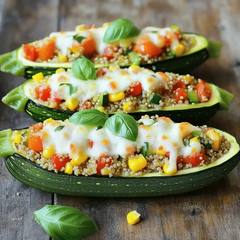 Die Hauptzutaten sind einfach und frisch. Sie brauchen: - 4 mittelgroße Zucchinis - 1 Tasse Quinoa, gründlich abgespült - 2 Tassen Gemüsebrühe - 1 Paprika, gewürfelt (beliebige Farbe) - 1 kleine Zwiebel, fein gehackt - 1 Tasse Kirschtomaten, halbiert - 1 Tasse Maiskörner (frisch oder gefroren) Diese Zutaten bilden die Basis für die gefüllten Zucchini-Boote. Quinoa ist nahrhaft und gibt der Füllung Struktur. Zucchini bleibt saftig und zart beim Backen. Die richtigen Gewürze machen das Gericht besonders. Verwenden Sie: - 1 Teelöffel Knoblauchpulver - 1 Teelöffel Kreuzkümmel - ½ Teelöffel geräuchertes Paprikapulver - Salz und Pfeffer nach Geschmack Diese Gewürze bringen Tiefe und Geschmack. Sie verleihen der Füllung einen tollen Charakter. Experimentieren Sie mit Kräutern wie Basilikum oder Oregano für mehr Frische. Sie können das Rezept nach Ihrem Geschmack anpassen. Einige optionale Zutaten sind: - ½ Tasse geriebener Mozzarella-Käse (optional) - Verschiedene Gemüsesorten nach Wahl - Hülsenfrüchte wie schwarze Bohnen oder Kichererbsen Diese Optionen helfen, das Gericht zu variieren. Fühlen Sie sich frei, kreativ zu sein und Ihre Lieblingszutaten zu verwenden. So wird jede Portion einzigartig und lecker. Für das vollständige Rezept besuchen Sie bitte den [Full Recipe]. Beginnen Sie mit der Zucchini. Nehmen Sie vier mittelgroße Zucchinis. Schneiden Sie sie der Länge nach in zwei Hälften. Benutzen Sie einen Löffel, um die Kerne herauszunehmen. Achten Sie darauf, die Wände nicht zu beschädigen. Legen Sie die Zucchinihälften mit der Schnittfläche nach oben in eine Auflaufform. Diese Boote sind die perfekte Basis für die Füllung. Jetzt kommt die Füllung. In einem mittelgroßen Topf geben Sie eine Tasse abgespülte Quinoa und zwei Tassen Gemüsebrühe. Bringen Sie die Mischung zum Kochen. Reduzieren Sie die Hitze, decken Sie den Topf ab und lassen Sie die Quinoa 15 Minuten köcheln. Sie sollte dann aufgeflufft und die Flüssigkeit vollständig aufgenommen sein. In einer großen Pfanne erhitzen Sie etwas Olivenöl. Fügen Sie eine fein gehackte Zwiebel und eine gewürfelte Paprika hinzu. Sautieren Sie diese Mischung für drei bis vier Minuten, bis sie weich ist. Rühren Sie dann eine Tasse halbierte Kirschtomaten und eine Tasse Maiskörner ein. Würzen Sie mit einem Teelöffel Knoblauchpulver, Kreuzkümmel, geräuchertem Paprikapulver, Salz und Pfeffer. Lassen Sie alles etwa drei Minuten kochen. Wenn die Quinoa fertig ist, lockern Sie sie mit einer Gabel auf und geben Sie sie zur Gemüsemischung. Gut umrühren, damit alles gut vermischt ist. Jetzt füllen Sie die Quinoa-Mischung in die Zucchini-Boote. Wenn Sie möchten, streuen Sie etwas geriebenen Mozzarella-Käse darüber. Decken Sie die Auflaufform mit Aluminiumfolie ab. Backen Sie die gefüllten Zucchini-Boote 20 Minuten lang bei 190°C. Entfernen Sie die Folie und backen Sie sie weitere 10 bis 15 Minuten. Die Zucchini sollte zart sein und der Käse goldbraun und sprudelnd. Nehmen Sie die Auflaufform aus dem Ofen und lassen Sie sie etwas abkühlen. Garnieren Sie die Zucchini-Boote mit frischen Basilikumblättern. Das ist der perfekte Genuss! Ein häufiger Fehler ist, die Zucchini nicht auszuhöhlen. Wenn Sie die Kerne und das Fruchtfleisch nicht entfernen, wird die Füllung nicht gut passen. Achten Sie darauf, die Zucchini so auszuhöhlen, dass genug Platz für die Füllung bleibt. Ein weiterer Fehler ist, die Quinoa nicht richtig zu kochen. Vergewissern Sie sich, dass die Quinoa gut abgespült ist, um Bitterstoffe zu entfernen. Verwenden Sie Gemüsebrühe für zusätzlichen Geschmack und lassen Sie die Quinoa vollständig aufquellen. Die Kochzeit kann je nach Größe der Zucchini variieren. Wenn Sie große Zucchini verwenden, kann es länger dauern, bis sie zart sind. Überprüfen Sie die Zucchini nach 20 Minuten. Wenn sie noch fest ist, backen Sie sie weitere 5-10 Minuten. Wenn Sie Käse oben drauf geben, achten Sie darauf, bis er goldbraun ist. Die Präsentation ist wichtig, um das Gericht ansprechend zu gestalten. Legen Sie die gefüllten Zucchini-Boote auf einen großen Teller. Garnieren Sie sie mit frischen Basilikumblättern für Farbe und Aroma. Verwenden Sie einen Spritzer Balsamico-Glasur, um einen schönen Kontrast zu schaffen. Servieren Sie die Zucchini-Boote mit einer Beilage von frischem Brot oder einem leichten Salat für eine komplette Mahlzeit. Ein ansprechendes Gericht macht das Essen noch mehr Freude. {{image_4}} Für eine vegane Variante lasse den Käse weg und nutze pflanzliche Brühe. Ersetze die Quinoa durch Linsen oder Reis, wenn du magst. Diese Optionen sind glutenfrei und geben dir viel Geschmack. Du kannst auch Nüsse oder Samen hinzufügen, um den Biss zu erhöhen. Es gibt viele Möglichkeiten für die Füllung der Zucchini-Boote. Du kannst Hackfleisch oder Tofu anstelle von Quinoa verwenden. Füge Gewürze wie Oregano oder Thymian hinzu, um den Geschmack zu verändern. Für eine italienische Note nutze Ricotta und Spinat. Wenn du es schärfer magst, füge Jalapeños oder Chili hinzu. Nutze frisches Gemüse aus deiner Region. Im Sommer sind Zucchini und Tomaten am besten. Im Herbst kannst du Kürbis oder Pilze verwenden. Saisonale Zutaten sind nicht nur frisch, sondern auch umweltfreundlich. Sie bringen die besten Aromen in deine gefüllten Zucchini-Boote. Für das vollständige Rezept, schau dir die Würzige Quinoa & Gemüse gefüllte Zucchini-Boote an. Um gefüllte Zucchini-Boote frisch zu halten, lassen Sie sie zuerst abkühlen. Legen Sie die Zucchini-Boote in einen luftdichten Behälter. Stellen Sie sicher, dass sie nicht übereinander liegen, um Druckstellen zu vermeiden. Sie können sie im Kühlschrank bis zu drei Tage aufbewahren. Um die gefüllten Zucchini-Boote wieder warm zu machen, heizen Sie den Ofen auf 180°C vor. Legen Sie die Zucchini-Boote in eine Auflaufform. Bedecken Sie sie mit Folie, damit sie nicht austrocknen. Backen Sie sie etwa 15 Minuten. Wenn Sie Käse verwendet haben, können Sie die Folie in den letzten fünf Minuten abnehmen, um ihn zu bräunen. Gefüllte Zucchini-Boote halten sich im Kühlschrank bis zu drei Tage. Sie können auch vorab die Füllung zubereiten. Lagern Sie die Füllung in einem separaten Behälter. So bleibt alles frisch. Wenn Sie die Zucchini-Boote vorbereiten, können Sie die Füllung einfach einfüllen und backen. Diese Methode spart Zeit und erleichtert das Kochen während der Woche. Das Backen der Zucchini-Boote dauert insgesamt etwa 30 bis 35 Minuten. Zuerst decken Sie die Form mit Folie ab und backen sie 20 Minuten. Dann entfernen Sie die Folie und backen weitere 10 bis 15 Minuten. So wird die Zucchini zart, und der Käse wird goldbraun. Ja, Sie können die Zucchini-Boote im Voraus zubereiten. Füllen Sie die Zucchini und bedecken Sie sie mit Folie. Lagern Sie sie im Kühlschrank für bis zu 24 Stunden. Wenn Sie bereit sind, sie zu backen, nehmen Sie sie einfach aus dem Kühlschrank. Backen Sie sie dann wie gewohnt. Ja, es gibt viele gesunde Alternativen zu Käse. Sie können zum Beispiel Hefeflocken verwenden. Diese geben einen käsigen Geschmack ohne Fett. Auch pürierte Avocado oder Cashewcreme sind tolle Optionen für eine cremige Textur. In diesem Blogpost haben wir die besten Zutaten für gefüllte Zucchini-Boote behandelt. Du hast gelernt, wie du die Boote vorbereitest und die Quinoa-Füllung zubereitest. Außerdem habe ich Tipps geteilt, um Fehler zu vermeiden und die Kochzeit anzupassen. Variationen für verschiedene Geschmäcker und Lagerinformationen helfen dir, das Gericht anzupassen. Denk daran, mit frischen Zutaten zu experimentieren. So schaffst du jedes Mal ein leckeres Ergebnis. Viel Spaß beim Ausprobieren!