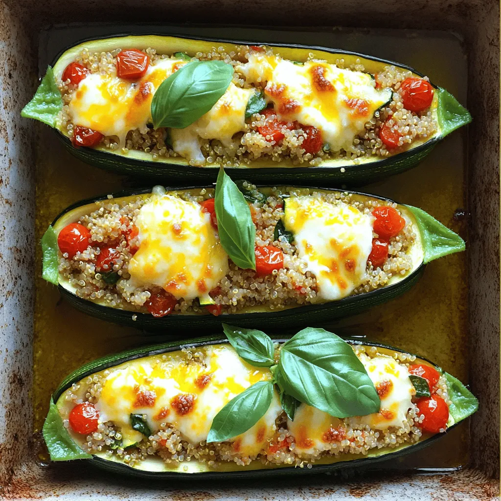 - 4 mittelgroße Zucchini - 1 Tasse gekochter Quinoa - 1 rote Paprika, fein gehackt - 1 kleine Zwiebel, gewürfelt - 2 Knoblauchzehen, gehackt - 1 Tasse Kirschtomaten, halbiert - 1 Teelöffel getrockneter Oregano - 1 Teelöffel Paprika - 1/2 Tasse geriebener Mozzarella-Käse - 2 Esslöffel Olivenöl - Salz und Pfeffer nach Geschmack - Frisches Basilikum zur Garnierung Ich benutze frische Zucchini für mein Rezept. Sie sind knackig und lecker. Quinoa ist eine tolle Basis. Es gibt dir Protein und Ballaststoffe. Die rote Paprika bringt Farbe und Süße. Zwiebeln und Knoblauch sorgen für viel Geschmack. Kirschtomaten geben einen frischen Biss. Oregano und Paprika bringen die Aromen zusammen. Mozzarella ist der Käse, der alles überbacken wird. - Auflaufform - Pfanne - Löffel zum Aushöhlen Ich empfehle eine Auflaufform für das Backen. Eine Pfanne ist wichtig zum Anbraten. Du brauchst auch einen Löffel, um die Zucchini zu entkernen. Wenn du alles bereit hast, bist du bereit, das Gericht zuzubereiten. Du findest das vollständige Rezept für die überbackenen gefüllten Zucchini-Boote in diesem Artikel. Zuerst heizen Sie den Ofen auf 190°C (375°F) vor. Das ist wichtig, damit die Zucchini gleichmäßig garen. Dann nehmen Sie die Zucchini und schneiden sie der Länge nach in zwei Hälften. Nehmen Sie einen Löffel und höhlen Sie die Kerne vorsichtig aus. Lassen Sie die Schale intakt, damit die Zucchini ihre Form behält. Bestreichen Sie die Zucchinihälften leicht mit Olivenöl und würzen Sie sie mit Salz und Pfeffer. Legen Sie die Zucchini mit der Schnittfläche nach oben in eine Auflaufform. Erhitzen Sie das restliche Olivenöl in einer Pfanne bei mittlerer Hitze. Fügen Sie die gewürfelte Zwiebel hinzu und braten Sie sie an, bis sie weich wird. Das dauert etwa 3-4 Minuten. Geben Sie dann den gehackten Knoblauch und die rote Paprika in die Pfanne. Kochen Sie diese Mischung für weitere 2-3 Minuten, bis das Gemüse weich ist. Jetzt rühren Sie den gekochten Quinoa, die Kirschtomaten, den Oregano und das Paprikapulver ein. Würzen Sie die Mischung mit Salz und Pfeffer. Erhitzen Sie alles für weitere 2-3 Minuten, bis es warm ist. Nehmen Sie die Pfanne vom Herd und rühren Sie die Hälfte des geriebenen Mozzarella-Käses unter die Quinoa-Mischung. Füllen Sie jede Zucchini-Hälfte großzügig mit der Mischung. Drücken Sie sie leicht an, damit die Füllung gut sitzt. Bestreuen Sie die gefüllten Zucchini-Boote mit dem restlichen Mozzarella-Käse. Decken Sie die Auflaufform mit Aluminiumfolie ab und backen Sie die Zucchini im vorgeheizten Ofen für 25 Minuten. Entfernen Sie dann die Folie und backen Sie sie weitere 10 Minuten, bis der Käse goldbraun wird und blubbert. Wählen Sie Zucchini, die mittelgroß sind. Sie sind zart und lecker. Achten Sie auf die Farbe. Eine tiefe, grüne Farbe zeigt Frische an. Die Haut sollte glatt sein, ohne Dellen oder Flecken. Frische Zucchini bleibt fest, wenn Sie sie drücken. Sie können die Füllung leicht anpassen. Für eine vegetarische Option nutzen Sie mehr Gemüse. Zum Beispiel, fügen Sie Spinat oder Pilze hinzu. Wenn Sie Protein möchten, verwenden Sie gekochtes Hähnchen oder Tofu. Diese Alternativen machen das Gericht sättigender. Servieren Sie die Zucchini-Boote mit einem frischen Salat. Ein einfacher grüner Salat passt gut dazu. Auch ein Joghurt-Dip ist eine tolle Ergänzung. Er bringt Frische und einen guten Geschmack. Garnieren Sie die Zucchini mit frischem Basilikum. So sieht das Gericht noch schöner aus. {{image_4}} Für eine vegane Variante können Sie den Käse durch pflanzliche Alternativen ersetzen. Vegan-Mozzarella oder Cashew-Käse sind gute Optionen. Anstelle von Quinoa können Sie auch Hirse oder Reis verwenden. Diese Optionen sind leicht und gesund. Sie bieten auch einen großartigen Geschmack. Eine mediterrane Füllung bringt frische Aromen. Fügen Sie Feta-Käse, schwarze Oliven und Kräuter wie Oregano und Thymian hinzu. Diese Zutaten machen die Zucchini-Boote besonders lecker. Die Kombination gibt den Booten einen tollen Geschmack und ein schönes Aussehen. Wenn Sie Fleisch mögen, fügen Sie einfach Hackfleisch oder Tofu hinzu. Braten Sie das Fleisch gut an, bevor Sie es zur Füllung geben. Tofu kann auch gewürzt werden, um den gleichen herzhaften Geschmack zu erzielen. Diese Füllung macht die Zucchini-Boote sättigender. Sie sind perfekt für jede Mahlzeit. Um Ihre überbackenen gefüllten Zucchini-Boote frisch zu halten, lagern Sie sie im Kühlschrank. Wir empfehlen, die Zucchini-Boote in einem luftdichten Behälter zu verstauen. So bleiben sie bis zu drei Tage genießbar. Wenn Sie Reste haben, lassen Sie sie zuerst auf Raumtemperatur kommen, bevor Sie sie in den Kühlschrank stellen. So vermeiden Sie Kondensation, die die Textur beeinträchtigen kann. Wenn Sie die Zucchini-Boote länger aufbewahren möchten, können Sie sie einfrieren. Lassen Sie die Zucchini-Boote zuerst abkühlen. Wickeln Sie sie dann in Frischhaltefolie oder Aluminiumfolie ein. Legen Sie die eingewickelten Boote in einen gefriergeeigneten Behälter. So bleiben sie bis zu zwei Monate frisch. Zum Auftauen legen Sie sie einfach über Nacht in den Kühlschrank. Danach können Sie sie im Ofen oder in der Mikrowelle aufwärmen. Die besten Methoden zum Aufwärmen Ihrer gefüllten Zucchini-Boote sind der Ofen oder die Mikrowelle. Für den Ofen heizen Sie ihn auf 180°C vor. Legen Sie die Zucchini-Boote auf ein Backblech und decken Sie sie mit Aluminiumfolie ab, um sie vor dem Austrocknen zu schützen. Backen Sie sie für etwa 15 Minuten. In der Mikrowelle legen Sie die Zucchini-Boote auf einen mikrowellengeeigneten Teller und erhitzen sie für 2-3 Minuten. Achten Sie darauf, sie regelmäßig zu überprüfen, damit sie nicht zu heiß werden. Gefüllte Zucchini sind lecker und halten sich gut. Du kannst sie im Kühlschrank für 3 bis 5 Tage aufbewahren. Wichtig ist, sie in einem luftdichten Behälter zu lagern. So bleiben sie frisch. Wenn du sie länger aufbewahren möchtest, friere sie ein. So bleiben sie für bis zu 3 Monate gut. Achte darauf, die Zucchini vorher gut abzukühlen. Ja, du kannst andere Gemüse statt Zucchini verwenden. Paprika, Auberginen oder Tomaten sind tolle Alternativen. Diese Gemüse haben eine ähnliche Form und können gefüllt werden. Bereite sie wie die Zucchini vor, indem du sie aushöhlst. Das gibt dir viele Optionen für verschiedene Geschmäcker. Ja, das Rezept ist glutenfrei, wenn du Quinoa verwendest. Quinoa ist eine tolle Quelle für Eiweiß und Ballaststoffe. Achte darauf, dass die anderen Zutaten auch glutenfrei sind. Wenn du Käse verwendest, wähle einen glutenfreien Käse. So kannst du das Gericht ohne Sorgen genießen. Das vollständige Rezept für Überbackene Gefüllte Zucchini-Boote findest du hier. Es enthält alle Schritte und Zutaten für dieses schmackhafte Gericht. So kannst du gleich loslegen und es selbst zubereiten! 🥒 Das Rezept für gefüllte Zucchini bietet viele köstliche Möglichkeiten. Wir haben die Hauptzutaten, die Zubereitung und hilfreiche Tipps besprochen. Diese Zucchini sind einfach und gesund. Du kannst die Füllung leicht anpassen, um deinen Geschmack zu treffen. Denke auch an die Lagerung, damit deine Reste frisch bleiben. Experimentiere mit verschiedenen Variationen, um neue Aromen zu entdecken. Genieße das Kochen und teile deine Kreationen mit anderen!