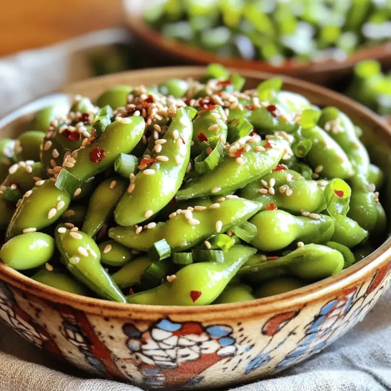 Für ein großartiges Gericht benötigst du folgende Zutaten: - 2 Tassen Edamame (in Schoten) - 3 Esslöffel Sesamöl - 4 Knoblauchzehen, fein gehackt - 1 Teelöffel Chiliflocken (nach Geschmack anpassen) - 2 Esslöffel Sojasauce - 1 Esslöffel Honig oder Agaven-Sirup - 1 Teelöffel Reisessig - Salz nach Geschmack - Optionale Garnitur: gehackte Frühlingszwiebeln und Sesamsamen Wenn du frische Edamame kaufst, achte auf folgende Punkte: - Die Schoten sollten grün und fest sein. - Vermeide schlaffe oder vergilbte Schoten. - Achte auf die Größe; mittelgroße Schoten haben oft den besten Geschmack. Frisches Edamame findest du meist im Kühlregal oder auf dem Markt. Sie sind ein toller Snack und eine gesunde Beilage. Wenn du keine frischen Edamame findest, gibt es gute Alternativen: - Gefrorene Edamame: Diese sind meist leicht zu finden und einfach zuzubereiten. Koche sie einfach nach Packungsanleitung. - Grüne Erbsen: Sie sind ein guter Ersatz, aber sie haben einen anderen Geschmack. - Bohnen: Du kannst auch andere Bohnen verwenden, doch die Textur wird anders sein. Egal für welche Option du dich entscheidest, der Geschmack wird trotzdem lecker sein. Für die genaue Zubereitung schaue dir das Full Recipe an. Um die Edamame zuzubereiten, bringe einen großen Topf mit Wasser zum Kochen. Füge etwas Salz hinzu, damit die Edamame besser schmecken. Gib die Edamame-Schoten ins kochende Wasser. Koche sie für 4-5 Minuten. Sie sollten zart und leuchtend grün sein. Danach gieße das Wasser ab und stelle die Edamame beiseite. Diese Schritte sind wichtig, um die richtige Konsistenz zu erreichen. Jetzt kommt der spannende Teil! Erhitze in einer großen Pfanne das Sesamöl bei mittlerer Hitze. Warte, bis das Öl schimmert. Füge dann den fein gehackten Knoblauch hinzu. Brate ihn etwa 1 Minute lang an. Rühre oft um, damit der Knoblauch nicht verbrennt. Sobald der Knoblauch duftet, füge die Chiliflocken hinzu. Lass sie 30 Sekunden im Öl garen. So entfalten sie ihr volles Aroma. Nun ist es Zeit, alles zusammenzuführen. Gib die gekochten Edamame in die Pfanne. Schwenke sie gut in der Knoblauch-Öl-Mischung. Füge dann die Sojasauce, den Honig oder Agaven-Sirup und den Reisessig hinzu. Mische alles gut. Lass die Edamame 2-3 Minuten ziehen, damit sie die Aromen aufnehmen. Probiere sie und würze nach Geschmack mit Salz. Zum Schluss fülle die Edamame in eine Servierschüssel und garniere sie nach Belieben mit Frühlingszwiebeln und Sesamsamen. Für das vollständige Rezept, schau dir den Abschnitt [Full Recipe] an. Um die perfekte Würze zu erreichen, beginne mit frischem Knoblauch. Frischer Knoblauch hat einen starken Geschmack und gibt deinem Gericht Leben. Wenn du die Edamame in die Pfanne gibst, achte darauf, die Knoblauchzehen nicht zu verbrennen. Ein leichtes Anbraten reicht aus, um den vollen Geschmack zu entfalten. Die Mischung aus Sojasauce, Honig und Reisessig bringt eine wunderbare Balance zwischen süß und salzig. Die Schärfe der Würzigen Knoblauch-Edamame kannst du leicht anpassen. Wenn du es schärfer magst, füge mehr Chiliflocken hinzu. Beginne mit einem Teelöffel und taste dich vor. Für einen milden Geschmack, verwende weniger oder lasse sie ganz weg. Du kannst auch frischen Chili oder scharfe Soße verwenden. Experimentiere mit verschiedenen Zutaten, um deine eigene Version zu kreieren. Ein häufiger Fehler ist, die Edamame zu lange zu kochen. Achte darauf, sie nur 4-5 Minuten zu garen, damit sie zart bleiben. Auch das Anbraten des Knoblauchs ist heikel. Rühre ihn häufig um, um ein Anbrennen zu verhindern. Wenn du die Sojasauce hinzufügst, schmecke ab, bevor du mehr Salz hinzufügst. Die Sojasauce ist bereits salzig. Diese Tipps helfen dir, die besten Edamame zu machen. Schau dir auch die [Full Recipe] für weitere Details an. {{image_4}} Du kannst diese würzigen Knoblauch-Edamame ganz einfach vegan machen. Alle Zutaten sind bereits pflanzlich, also brauchst du nur auf die Honigalternative zu achten. Agavensirup ist perfekt. So bleibt das Gericht süß und lecker. Du kannst auch eine Prise Kokosblütenzucker verwenden, wenn du das magst. Um die Edamame aufregender zu machen, probiere kreative Ergänzungen. Nüsse sind eine tolle Idee. Geröstete Mandeln oder Erdnüsse bringen einen schönen Crunch. Du kannst auch Gewürze hinzufügen. Zum Beispiel, ein Hauch von geräuchertem Paprika oder Kreuzkümmel gibt einen neuen Geschmack. Einige frische Limettenscheiben dazu bringen Frische. Serviere die Edamame als Snack oder Beilage. Sie passen gut zu Sushi oder Reisgerichten. Du kannst sie auch als Appetizer bei einem Treffen anbieten. Wenn du sie für eine Party machst, stelle eine Schüssel mit Sojasauce daneben. So können die Gäste dippen. Ein frischer Salat passt auch gut dazu. Um übrig gebliebene Edamame frisch zu halten, lege sie in einen luftdichten Behälter. Du kannst sie auch in einen Gefrierbeutel geben. Stelle sicher, dass die Luft heraus ist, bevor du den Beutel verschließt. So bleiben die Edamame länger frisch. Bewahre sie im Kühlschrank auf. Wenn du die Edamame wieder aufwärmen möchtest, gibt es ein paar einfache Methoden. Du kannst sie in der Mikrowelle für ein bis zwei Minuten erhitzen. Alternativ kannst du sie in einer Pfanne mit etwas Wasser oder Öl für ein paar Minuten erwärmen. Rühre sie dabei gut um, damit sie gleichmäßig warm werden. Zubereitete Edamame halten sich im Kühlschrank etwa drei bis vier Tage. Achte darauf, sie in einem luftdichten Behälter aufzubewahren. Wenn du sie länger aufbewahren möchtest, friere sie ein. So bleiben die Aromen und die Frische bis zu sechs Monate erhalten. Für das komplette Rezept, schau dir die [Full Recipe] an. Edamame sind sehr gesund. Sie sind reich an Eiweiß und Ballaststoffen. Diese kleinen grünen Bohnen sind auch eine gute Quelle für Vitamine und Mineralstoffe. Sie enthalten Vitamin K, Folsäure und Eisen. Zudem sind Edamame fettarm und enthalten gesunde Fette. Der Verzehr von Edamame kann helfen, den Cholesterinspiegel zu senken und das Herz zu schützen. Sie sind eine großartige Wahl für Snacks oder Beilagen. Ja, du kannst Edamame auch ohne Schoten zubereiten. Du musst die Bohnen einfach aus den Schoten drücken. Es ist wichtig, dass du frische oder gefrorene Edamame verwendest. Die Zubereitung bleibt gleich. Koche die Bohnen in Wasser, wie im Rezept beschrieben. Achte darauf, die Kochzeit anzupassen. Die Bohnen brauchen weniger Zeit, um gar zu werden. So erhältst du eine leckere und schnelle Snack-Option. Die besten Spicy Garlic Edamame findest du in vielen asiatischen Restaurants. Besonders Sushi-Bars bieten oft diese köstliche Vorspeise an. Du kannst sie auch selbst zubereiten, wie im Full Recipe beschrieben. So kannst du die Aromen nach deinem Geschmack anpassen. Wenn du frische Edamame und guten Knoblauch verwendest, wirst du sicher begeistert sein. Probiere es aus und genieße die Würze! Eure Würzige Knoblauch-Edamame ist einfach zu machen und lecker. Wir haben die besten Zutaten und Tipps behandelt. Der Schritt-für-Schritt-Prozess sorgt für einen tollen Geschmack. Variationen und Aufbewahrungstipps helfen, das Gericht neu zu gestalten. Denkt daran, Edamame sind nicht nur nahrhaft, sondern auch vielseitig. Mit diesen Infos könnt ihr eure Edamame-Erfahrung verbessern und Fehler vermeiden. Viel Spaß beim Kochen und Genießen!