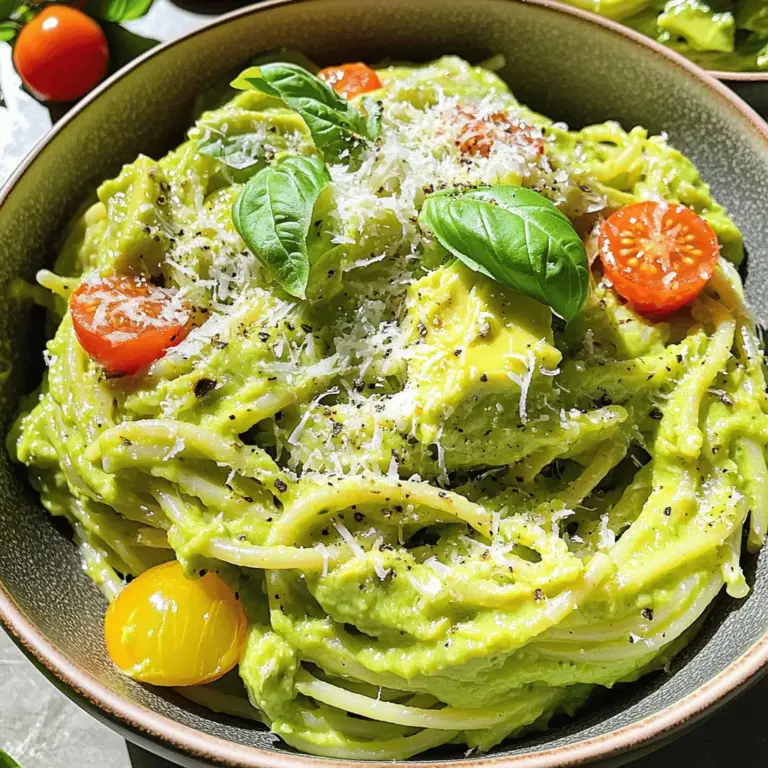 Für die perfekte cremige Avocado-Pasta brauchst du folgende Zutaten: - 2 reife Avocados - 2 Tassen gekochte Pasta (Spaghetti oder Fettuccine) - 1/4 Tasse frische Basilikumblätter - 1 Knoblauchzehe, fein gehackt - 3 Esslöffel Olivenöl - 1 Esslöffel Zitronensaft - 1/4 Teelöffel rote Pfefferflocken (optional für etwas Schärfe) - Salz und Pfeffer nach Geschmack - 1/4 Tasse geriebener Parmesan (oder Nährhefe für eine vegane Option) - Kirschtomaten, halbiert (zum Garnieren) - Zusätzliche Basilikumblätter zur Garnierung Die Wahl der Avocado ist wichtig. Hier sind einige Tipps, um die besten Avocados zu finden: - Suche nach reifen Avocados. Sie sollten sanft, aber nicht matschig sein. - Die Farbe ist ein Hinweis. Dunkelgrüne Avocados sind oft reifer. - Drücke leicht auf die Avocado. Wenn sie leicht nachgibt, ist sie perfekt. - Vermeide Avocados mit großen Dellen oder dunklen Flecken. Du kannst die cremige Avocado-Pasta leicht anpassen. Hier sind einige vegane Optionen: - Ersetze den Parmesan mit Nährhefe. Das gibt den gleichen herzhaften Geschmack. - Füge mehr Gemüse hinzu, wie Spinat oder Zucchini, um die Nährstoffe zu erhöhen. - Experimentiere mit anderen Kräutern, wie Petersilie oder Koriander, für neuen Geschmack. - Verwende glutenfreie Pasta, um das Gericht für alle geeignet zu machen. Für das gesamte Rezept schau dir die [Full Recipe] an. Koche zuerst die Pasta. Verwende Spaghetti oder Fettuccine. Koche die Pasta nach den Anweisungen auf der Verpackung. Achte darauf, dass sie al dente ist. Wenn die Pasta fertig ist, lasse sie gut abtropfen. Bewahre 1/2 Tasse Nudelwasser auf. Das hilft später, die Sauce zu verdünnen. Jetzt bereiten wir die Avocado-Sauce vor. Nimm zwei reife Avocados und halbiere sie. Entferne den Kern und löffle das Fruchtfleisch in einen Mixer. Füge die frischen Basilikumblätter, eine gehackte Knoblauchzehe, Olivenöl und Zitronensaft hinzu. Optional kannst du rote Pfefferflocken für etwas Schärfe hinzufügen. Würze alles mit Salz und Pfeffer. Mixe alles, bis die Sauce cremig und glatt ist. Wenn die Sauce zu dick ist, füge nach und nach das aufbewahrte Nudelwasser hinzu. In einer großen Schüssel vermenge die gekochte Pasta mit der Avocado-Sauce. Mische gut, damit die Pasta gleichmäßig beschichtet ist. Füge den geriebenen Parmesan oder Nährhefe hinzu und mische vorsichtig. Schmecke die Pasta nach Belieben mit Salz und Pfeffer ab. Serviere die Pasta sofort. Garniere sie mit halbierten Kirschtomaten und frischen Basilikumblättern. Für eine schöne Präsentation richte die Pasta in flachen Schalen an und träufle etwas Olivenöl darüber. Du kannst auch mehr Parmesan oder Nährhefe hinzufügen. Das sieht toll aus und schmeckt fantastisch. Probiere das Rezept für cremige Avocado-Pasta, es ist schnell und lecker! Ein häufiger Fehler ist, die Avocados zu früh zu pürieren. Warten Sie, bis sie reif sind. Eine reife Avocado fühlt sich weich an, wenn Sie sie sanft drücken. Ein weiterer Fehler ist, die Sauce zu stark zu würzen. Beginnen Sie mit wenig Salz und Pfeffer. So können Sie den Geschmack besser kontrollieren. Um Ihrer Avocado-Pasta mehr Geschmack zu verleihen, können Sie verschiedene Zutaten hinzufügen. Ein Spritzer Zitronensaft bringt Frische. Auch frische Kräuter wie Petersilie oder Schnittlauch passen gut. Experimentieren Sie mit geröstetem Knoblauch für eine tiefere Note. Rote Pfefferflocken geben einen leichten Kick, wenn Sie es schärfer mögen. Die Konsistenz der Sauce ist wichtig. Sie sollte cremig, aber nicht zu dick sein. Wenn die Sauce zu fest ist, fügen Sie nach und nach das aufbewahrte Nudelwasser hinzu. Beginnen Sie mit einem Esslöffel und rühren Sie gut um. So erreichen Sie die perfekte Cremigkeit. Die Sauce sollte die Pasta leicht umhüllen, ohne zu tropfen. Für das vollständige Rezept schauen Sie sich die cremige Avocado-Pasta-Delikatesse an. {{image_4}} Möchtest du mehr Proteine in dein Gericht bringen? Hähnchen und Garnelen sind perfekte Ergänzungen. Du kannst das Hähnchen grillen oder braten. Schneide es dann in kleine Stücke und mische es unter die Pasta. Für Garnelen, brate sie einfach in etwas Olivenöl. Füge sie kurz vor dem Servieren zur Avocado-Pasta hinzu. So erhältst du eine nahrhafte und leckere Mahlzeit. Wenn du Vegetarier bist, gibt es viele tolle Optionen. Du kannst die Pasta mit geröstetem Gemüse wie Zucchini, Paprika oder Brokkoli ergänzen. Diese Gemüse bringen zusätzlich Farbe und Geschmack in dein Gericht. Eine andere Idee ist, Kichererbsen hinzuzufügen. Sie sind nahrhaft und geben der Pasta mehr Biss. Diese Variationen sind nicht nur gesund, sondern auch sehr schmackhaft. Für eine glutenfreie Option kannst du spezielle Pasta aus Linsen oder Kichererbsen verwenden. Diese Sorten sind reich an Ballaststoffen und Eiweiß. Sie haben einen tollen Geschmack und eine gute Konsistenz. Koche die glutenfreie Pasta nach den Anweisungen auf der Verpackung. Dann mische sie einfach mit der cremigen Avocado-Sauce. So kannst du auch mit besonderen Ernährungsbedürfnissen ein leckeres Gericht genießen. Wenn du mehr über die Zubereitung erfahren möchtest, schau dir das [Full Recipe] an. Um die Reste der cremigen Avocado-Pasta frisch zu halten, lege sie in einen luftdichten Behälter. So bleibt die Pasta für ein paar Tage gut. Du kannst auch etwas Zitronensaft darüber träufeln. Das hilft, die Farbe der Avocados zu bewahren. Die Aufbewahrung im Kühlschrank lässt die Pasta etwa 2 bis 3 Tage frisch bleiben. Nach dieser Zeit kann die Sauce braun werden und die Textur ändern. Achte darauf, die Reste gut zu überprüfen, bevor du sie isst. Wenn du die Pasta aufwärmst, verwende eine Pfanne bei niedriger Hitze. Füge etwas Olivenöl oder Nudelwasser hinzu, um die Sauce cremig zu machen. Rühre gut um, damit die Pasta gleichmäßig erhitzt wird. Du kannst auch frische Kirschtomaten oder Basilikum hinzufügen, um den Geschmack aufzufrischen. Du kannst die cremige Avocado-Pasta bis zu zwei Tage im Kühlschrank aufbewahren. Achte darauf, die Pasta in einem luftdichten Behälter zu lagern. Die Avocado kann jedoch schnell braun werden. Ein Spritzer Zitronensaft hilft dabei, die Farbe frisch zu halten. Ja, du kannst die Avocado-Sauce im Voraus zubereiten. Püriere die Zutaten und lagere die Sauce in einem luftdichten Behälter. Füge etwas Zitronensaft hinzu, um die Frische zu bewahren. So bleibt die Sauce bis zu zwei Tage im Kühlschrank gut. Zu cremiger Avocado-Pasta passen viele Beilagen. Hier sind einige Ideen: - Gegrilltes Gemüse - Frischer gemischter Salat - Knuspriges Brot oder Focaccia - Gebratene Garnelen oder Hähnchen für mehr Protein Diese Beilagen ergänzen den Geschmack und bringen Abwechslung auf den Teller. Du kannst auch Kirschtomaten und frische Kräuter hinzufügen, um die Pasta zu garnieren. In diesem Artikel haben wir die Herstellung einer cremigen Avocado-Pasta leicht erklärt. Wir haben die Zutaten besprochen und Tipps für die besten Avocados gegeben. Außerdem habe ich vegane Alternativen und Anpassungen vorgestellt. Du hast gelernt, wie du häufige Fehler vermeidest und die Sauce perfekt machst. Denke daran, dass du die Pasta anpassen kannst. Sei kreativ mit Proteinen und zusätzlichen Aromen. Mit der richtigen Lagerung kannst du deine Reste frisch halten. Jetzt bist du bereit, diese köstliche Pasta zu genießen!