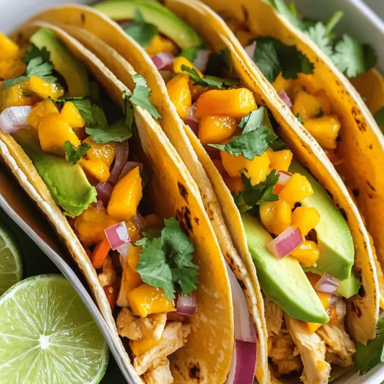 Für die Spicy Mango Chicken Tacos brauchst du einige Hauptzutaten: - 2 Hähnchenbrüste, gewürfelt - 1 reife Mango, gewürfelt - 1 kleine rote Zwiebel, fein gehackt - 1 rote Paprika, in Streifen geschnitten - 2 Knoblauchzehen, fein gehackt - 8 kleine Maistortillas Diese Zutaten sind frisch und lecker. Das Hähnchen gibt Protein und die Mango bringt Süße. Zwiebel und Paprika sorgen für Crunch und Geschmack. Die Gewürze und Öle sind sehr wichtig für den Geschmack: - 1 Teelöffel gemahlener Kreuzkümmel - 1 Teelöffel Chilipulver - 1/2 Teelöffel Paprika - Salz und Pfeffer nach Geschmack - 2 Esslöffel Olivenöl Diese Gewürze machen die Tacos scharf und würzig. Du kannst die Schärfe anpassen, je nach deinem Geschmack. Für die Beilagen und Garnierungen empfehle ich: - 1 Avocado, in Scheiben geschnitten - Frischer Koriander, zum Garnieren - Limettenviertel, zum Servieren Die Avocado bringt Cremigkeit. Koriander fügt Frische hinzu. Limetten verleihen den Tacos eine spritzige Note. Diese Extras machen die Tacos noch besser. Für das vollständige Rezept, klicke auf [Full Recipe]. Für die Marinade mischst du die gewürfelten Hähnchenbrüste mit Knoblauch, Olivenöl, Kreuzkümmel, Chilipulver, Paprika, Salz und Pfeffer. In einer großen Schüssel vermengen, bis alles gut verteilt ist. Lasse das Hühnchen für 10 Minuten ruhen. So nimmt es den Geschmack besser auf. Erhitze eine Pfanne auf mittlerer bis hoher Hitze. Gib das marinierte Hühnchen in die Pfanne. Brate es etwa 6-8 Minuten lang, bis es ganz durchgegart ist. Füge dann die gehackte rote Zwiebel und die geschnittene rote Paprika hinzu. Brate das Gemüse für 3-4 Minuten, bis es weich wird. Für die Mangosalsa nimm eine kleine Schüssel. Mische die gewürfelte Mango mit einer Prise Salz und frisch gehacktem Koriander. Rühre vorsichtig, damit die Mango nicht zerdrückt wird. Diese frische Salsa bringt eine tolle Süße zu den Tacos. Das ist alles! Du hast jetzt die Basis für deine scharfen Mango-Hühnchen-Tacos. Für das komplette Rezept schau dir [Full Recipe] an. Um deine Spicy Mango Chicken Tacos zu perfektionieren, achte auf die Würze. Nutze frische Kräuter, um den Geschmack zu heben. Koriander bringt eine frische Note. Du kannst auch Limettensaft für mehr Frische hinzugeben. Achte darauf, die Tortillas nicht zu überhitzen. Sie sollten warm und flexibel bleiben. So lassen sie sich besser füllen. Frische Zutaten machen einen großen Unterschied. Verwende reife Mangos für die beste Süße und Textur. Achte darauf, dass das Hähnchen frisch und von guter Qualität ist. Gemüse sollte knackig und farbenfroh sein. Wenn du frische Zutaten verwendest, schmecken die Tacos viel besser. Ein häufiger Fehler ist, die Gewürze zu stark zu mischen. Mische sie gut, aber übertreibe es nicht. Zu viel Salz kann die Tacos ruinieren. Achte darauf, das Hähnchen nicht zu lange zu kochen. Es sollte saftig sein, nicht trocken. Die Tortillas können auch leicht anbrennen. Wende sie schnell, um das zu vermeiden. Für das vollständige Rezept, schau dir das [Full Recipe] an. {{image_4}} Für eine vegetarische Option kannst du das Hühnchen leicht ersetzen. Nimm stattdessen gewürfelten Tofu oder Jackfruit. Diese Zutaten nehmen die Aromen gut auf. Marinier sie wie im Rezept. Das gibt den Tacos einen tollen Geschmack. Du kannst auch schwarze Bohnen oder Kichererbsen verwenden. Sie sind nahrhaft und machen die Tacos sättigend. Die Wahl der Beilagen kann deine Tacos aufpeppen. Probiere eine frische Guacamole oder einen scharfen Dip. Eine einfache Salsa aus Tomaten, Zwiebeln und Limette passt perfekt. Auch eine Koriander-Limetten-Sauce bringt frische Aromen. Du kannst auch Salat oder Gemüse dazugeben. Diese Beilagen sorgen für mehr Textur und Farbe auf deinem Teller. Um die Schärfe zu variieren, kannst du frische Chilis hinzufügen. Serrano- oder Jalapeño-Chilis sind gute Optionen. Wenn du es milder magst, lass das Chilipulver weg oder verwende weniger. Für zusätzlichen Geschmack kannst du auch geräuchertes Paprikapulver verwenden. Es gibt deinen Tacos einen tiefen, rauchigen Geschmack. Experimentiere mit verschiedenen Kräutern, wie Oregano oder Thymian. Sie geben deiner Mischung eine neue Dimension. Um die Reste deiner Spicy Mango Chicken Tacos gut zu lagern, lege sie in einen luftdichten Behälter. Das verhindert, dass die Tacos trocken werden oder Gerüche aufnehmen. Du kannst das Gemüse und das Hühnchen getrennt von den Tortillas aufbewahren. So bleiben die Tortillas weich und frisch. Lagere die Reste im Kühlschrank für bis zu drei Tage. Um die Tacos in der Mikrowelle wieder aufzuwärmen, lege die einzelnen Zutaten auf einen mikrowellenfesten Teller. Bedecke sie mit einem feuchten Papiertuch. Dies hilft, die Feuchtigkeit zu halten. Erwärme sie in 30-Sekunden-Intervallen, bis sie heiß sind. Achte darauf, nicht zu lange zu erhitzen, um die Textur nicht zu ändern. Die Haltbarkeit der Zutaten ist wichtig. Frische Hähnchenbrüste halten sich im Kühlschrank etwa ein bis zwei Tage. Mangos sind reif für 3-5 Tage. Rote Paprika und Zwiebeln bleiben etwa eine Woche frisch. Achte darauf, alle Zutaten vor dem Kochen gut zu überprüfen. So kannst du die besten Aromen und die beste Qualität sicherstellen. Für das vollständige Rezept besuche die Seite über Scharfe Mango-Hühnchen-Tacos. Um die Tacos schärfer zu machen, füge frische Chilis hinzu. Du kannst Jalapeños oder Serranos wählen. Hacke sie klein und mische sie mit dem Hühnchen. Du kannst auch mehr Chilipulver verwenden. Ein Spritzer scharfer Sauce bringt auch Hitze. Probiere, die Schärfe nach deinem Geschmack anzupassen. Ja, viele Zutaten können im Voraus vorbereitet werden. Du kannst das Hühnchen marinieren und kalt stellen. Die Mangosalsa lässt sich auch gut im Voraus machen. Das Gemüse kannst du schneiden und im Kühlschrank aufbewahren. So sparst du Zeit beim Kochen. Zu diesen Tacos passen frische Getränke gut. Ein leichter Weißwein, wie Sauvignon Blanc, ist ideal. Auch ein kaltes Bier passt perfekt. Für alkoholfreie Optionen sind Limonade oder ein Mango-Smoothie lecker. Diese Getränke ergänzen die Aromen der Tacos gut. Spicy Mango Chicken Tacos sind leicht zuzubereiten und voller Geschmack. Wir haben die Hauptzutaten, Gewürze, und die Zubereitungsschritte durchgenommen. Frische Zutaten sind wichtig für den besten Geschmack. Ich habe auch Tipps gegeben, um häufige Fehler zu vermeiden. Variationen machen das Rezept spannend und anpassbar. Reste sind einfach zu lagern und wieder aufzuwärmen. Nutze die FAQs für weitere Fragen. Probiere es aus und genieße deine Tacos!