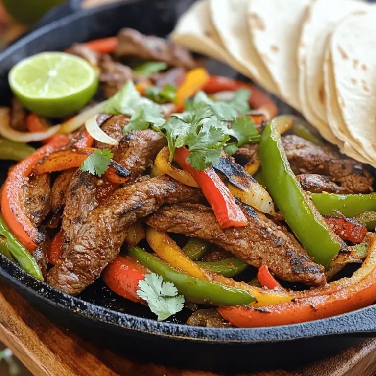 - 450 g Flankensteak, gegen die Faser in dünne Scheiben geschnitten - 2 Esslöffel Olivenöl - 1 Teelöffel Kreuzkümmel - 1 Teelöffel geräuchertes Paprika-Pulver - 1 Teelöffel Knoblauchpulver - 1 Teelöffel Zwiebelpulver - Salz und Pfeffer nach Geschmack - 1 rote Paprika, in Streifen geschnitten - 1 grüne Paprika, in Streifen geschnitten - 1 mittlere Zwiebel, in Scheiben geschnitten - Saft von 1 Limette - 8 kleine Weizentortillas - Frischer Koriander, zum Garnieren - Saure Sahne und Salsa, zum Servieren Frische Zutaten machen den Unterschied aus. Wählen Sie beim Einkauf das beste Fleisch. Suchen Sie nach Flankensteak mit einer schönen roten Farbe. Es sollte gut marmoriert sein. Achten Sie auf frisches Gemüse. Paprika und Zwiebeln sollten knackig und lebendig sein. Vermeiden Sie schlaffe oder vergilbte Produkte. Limetten sollten fest und schwer in der Hand liegen. Sie geben den Fajitas einen frischen Kick. Frischer Koriander ist ein Muss für die Garnierung. Kaufen Sie ihn kurz vor dem Kochen, um das Aroma zu erhalten. Die Hauptzutaten bieten viele Nährstoffe. Flankensteak ist proteinreich und enthält Eisen. Eine Portion hat rund 23 g Protein. Paprika sind reich an Vitamin C. Eine rote Paprika hat etwa 150% des Tagesbedarfs an Vitamin C. Zwiebeln sind gut für die Verdauung und enthalten Antioxidantien. Tortillas liefern Kohlenhydrate für Energie. Insgesamt sind Fajitas eine ausgewogene Mahlzeit. Sie kombinieren Protein, Gemüse und gesunde Fette. Schauen Sie sich das [Full Recipe] für weitere Details an. Zuerst müssen wir das Flankensteak marinieren. Nehmen Sie eine große Schüssel. Fügen Sie das geschnittene Steak, Olivenöl, Kreuzkümmel, geräuchertes Paprika, Knoblauchpulver, Zwiebelpulver, Salz und Pfeffer hinzu. Mischen Sie alles gut. Achten Sie darauf, dass das Steak die Gewürze gleichmäßig aufnimmt. Lassen Sie das Steak für mindestens 30 Minuten bei Raumtemperatur ziehen. Wenn Sie mehr Geschmack wollen, marinieren Sie es bis zu 2 Stunden im Kühlschrank. Jetzt bereiten wir die Pfanne vor. Erhitzen Sie eine große Pfanne bei hoher Hitze. Warten Sie, bis die Pfanne sehr heiß ist. Geben Sie das marinierte Steak in die Pfanne. Braten Sie es 2-3 Minuten lang, ohne es zu bewegen. Wenden Sie das Steak und braten Sie die andere Seite für weitere 2-3 Minuten. Das Steak sollte braun, aber zart sein. Nehmen Sie es aus der Pfanne und legen Sie es beiseite. In der gleichen Pfanne, die Sie für das Steak verwendet haben, fügen Sie die geschnittenen Paprika und die Zwiebel hinzu. Braten Sie das Gemüse für etwa 5-7 Minuten. Es sollte zart und leicht angebraten sein. Jetzt geben Sie das gebratene Steak zurück in die Pfanne. Gießen Sie den Limettensaft darüber und mischen Sie alles gut. Erhitzen Sie es für eine weitere Minute. So verbinden sich die Aromen perfekt. Für das vollständige Rezept können Sie die [Full Recipe] ansehen. Um das perfekte Steak für Fajitas zu bekommen, sind einige Dinge wichtig. Wählen Sie ein gutes Stück Fleisch, wie Flankensteak. Es hat viel Geschmack und ist zart. Marinieren Sie das Steak mindestens 30 Minuten. So zieht der Geschmack ein. Ein bisschen Olivenöl hilft, das Fleisch saftig zu halten. Die Gewürze machen den Unterschied. Ich benutze oft diese Mischung: - Kreuzkümmel - Geräuchertes Paprika-Pulver - Knoblauchpulver - Zwiebelpulver - Salz und Pfeffer Diese Kombination gibt den Fajitas ein warmes, rauchiges Aroma. Experimentieren Sie mit anderen Gewürzen. Chili-Pulver oder Limettensaft können auch gut sein. Die Technik ist entscheidend. Verwenden Sie eine heiße Pfanne oder einen Grill. Dadurch erhält das Steak schöne Röststellen. Legen Sie das Fleisch in einer Schicht hinein. Bewegen Sie es nicht sofort. Warten Sie 2-3 Minuten, dann wenden. So bleibt das Steak zart und saftig. Für das Gemüse gilt das Gleiche. Braten Sie es in derselben Pfanne. So nimmt es den Geschmack vom Steak auf. Das macht die Fajitas noch leckerer. Finden Sie die besten Techniken und genießen Sie die Sizzling Beef Fajitas. Für das vollständige Rezept schauen Sie sich das [Full Recipe] an. {{image_4}} Wenn du Fajitas magst, probiere auch vegetarische Versionen! Du kannst frisches Gemüse verwenden. Hier sind einige Ideen: - Zucchini in Streifen - Champignons, in Scheiben geschnitten - Auberginenwürfel - Maiskörner - Schwarze Bohnen für mehr Protein Brate das Gemüse wie im Rezept. Die Aromen werden immer noch toll sein! Fajitas sind sehr anpassbar! Hier sind einige weitere Ideen für Füllungen: - Hühnchen, einfach mit ähnlichen Gewürzen marinieren. - Garnelen, die du schnell anbraten kannst. - Tofu, mariniert für einen leckeren Geschmack. Jede Füllung hat ihren eigenen Charme. Du kannst auch verschiedene Fleischsorten mischen! Beilagen und Saucen bringen extra Geschmack. Hier sind einige Vorschläge: - Guacamole, cremig und frisch - Salsa, scharf oder mild, ganz nach deinem Geschmack - Saure Sahne, für einen kühlen Kontrast Du kannst auch Reis oder Bohnen als Beilage hinzufügen. Sie passen gut zu Fajitas und machen das Essen sättigender! Um übrig gebliebene Fajitas richtig zu lagern, nutzen Sie einen luftdichten Behälter. Stellen Sie sicher, dass das Steak und das Gemüse gut abgekühlt sind, bevor Sie sie einpacken. So bleiben die Aromen frisch. Sie können auch die Tortillas separat aufbewahren, um sie knusprig zu halten. Wenn es Zeit zum Wiedererwärmen ist, gibt es ein paar einfache Wege. Die beste Methode ist, eine Pfanne bei mittlerer Hitze zu erhitzen. Legen Sie die Fajitas hinein und rühren Sie sie gelegentlich um. Dies hilft, die Zartheit des Fleisches zu bewahren. Alternativ können Sie die Fajitas auch in der Mikrowelle erwärmen. Nutzen Sie eine abgedeckte Schüssel und erwärmen Sie sie in kurzen Intervallen. Die Haltbarkeit der Zutaten variiert. Gekochtes Fleisch bleibt etwa drei bis vier Tage frisch. Das Gemüse ist in der Regel ein bis zwei Tage haltbar. Tortillas können bis zu einer Woche dauern, wenn sie gut verpackt sind. Achten Sie immer auf den Geruch und das Aussehen, bevor Sie die Reste verwenden. Fajitas sollten mindestens 30 Minuten mariniert werden. Dies gibt dem Fleisch Zeit, die Gewürze aufzunehmen. Für einen intensiveren Geschmack empfehle ich, das Steak bis zu 2 Stunden im Kühlschrank zu lassen. So wird das Fleisch zart und voller Aromen. Ja, Fajitas lassen sich wunderbar auf dem Grill zubereiten. Der hohe Hitze des Grills gibt dem Fleisch ein schönes Grillmuster und einen rauchigen Geschmack. Achten Sie darauf, das Steak in einer einzigen Schicht zu grillen. Dies sorgt für eine gleichmäßige Garung. Grillen Sie das Steak für 3-4 Minuten pro Seite. Für ein Partybuffet ist es gut, die Fajitas in einer großen Schüssel zu servieren. Stellen Sie die Tortillas, Salsa und saure Sahne daneben. So kann sich jeder seine Fajitas selbst zusammenstellen. Frischer Koriander als Garnitur sorgt für Farbe und einen zusätzlichen Frischekick. In diesem Blogbeitrag habe ich die besten Zutaten für Sizzling Beef Fajitas besprochen. Von der Auswahl frischer Zutaten bis zur Nährwertanalyse haben wir alles abgedeckt. Danach habe ich eine Schritt-für-Schritt-Anleitung zum Marinieren und Braten des Steaks vorgestellt. Tipps für das perfekte Steak und leckere Variationen haben wir ebenfalls behandelt. Denke daran, wie wichtig die Lagerung von Übriggebliebenem ist. Sorgfältige Aufbewahrung sorgt für frische Fajitas. Halte auch die häufigsten Fragen im Kopf. Egal, ob du für dich selbst bereitest oder eine Party planst, diese Tipps helfen dir. Viel Spaß beim Kochen!