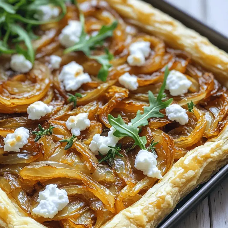 - 1 Blatt Blätterteig, aufgetaut - 3 große Zwiebeln, dünn geschnitten - 115 g Ziegenkäse, zerbröselt - 2 Esslöffel Olivenöl - 1 Teelöffel Balsamico-Essig - 1 Teelöffel Zucker - 1 Teelöffel frische Thymianblätter - Salz und Pfeffer nach Geschmack - Frischer Rucola, zum Garnieren (optional) Ich liebe es, mit einfachen Zutaten zu arbeiten, die viel Geschmack bringen. Die Kombination aus Zwiebeln und Ziegenkäse ergibt eine perfekte Harmonie. Zwiebeln karamellisieren ist der Schlüssel. Sie werden süß und zart. Der Ziegenkäse bringt eine cremige Note. Dieses Gericht ist einfach, aber sehr lecker. Die Auswahl der Zutaten ist wichtig. Achte darauf, frische Zwiebeln zu verwenden. Sie geben den besten Geschmack. Olivenöl sorgt für eine schöne Bräunung der Zwiebeln. Balsamico-Essig fügt eine angenehme Säure hinzu. Ein wenig Zucker hilft, die Zwiebeln schneller zu karamellisieren. Wenn du die Tarte fertig hast, kannst du sie warm servieren. Ein Hauch von frischem Rucola oben drauf macht sie noch besser. Es ist ein Genuss, der einfach zuzubereiten ist. Für das vollständige Rezept siehe [Full Recipe]. Heize deinen Ofen auf 200°C (400°F) vor. Nimm die drei großen Zwiebeln und schneide sie dünn. Rolle den Blätterteig auf einer bemehlten Fläche aus, bis er die Form deiner Tarte abdeckt. Erhitze das Olivenöl in einer großen Pfanne bei mittlerer Hitze. Gib die geschnittenen Zwiebeln hinein und koche sie für etwa 10 Minuten. Rühre die Zwiebeln gelegentlich um, bis sie weich sind. Füge dann den Zucker und den Balsamico-Essig hinzu. Koche die Zwiebeln 20 bis 25 Minuten weiter, bis sie tief goldbraun und karamellisiert sind. Rühre die frischen Thymianblätter ein und würze mit Salz und Pfeffer. Lege den Blätterteig in die Tarteform. Steche mit einer Gabel in den Boden des Teigs. Das hilft, das Aufblähen während des Backens zu vermeiden. Verteile die karamellisierten Zwiebeln gleichmäßig über den Teig. Streue den zerbröselten Ziegenkäse darüber. Bestreiche die Ränder der Tarte mit dem verquirlten Ei. Backe die Tarte im vorgeheizten Ofen für 25 bis 30 Minuten. Sie sollte goldbraun und aufgebläht sein. Lass die Tarte nach dem Backen ein paar Minuten abkühlen, bevor du sie in Stücke schneidest. Du findest die vollständige Anleitung in unserem Full Recipe. - Verwenden Sie langsame Hitze für die besten Ergebnisse. - Rühren Sie gelegentlich um, um eine gleichmäßige Farbe zu erzielen. Beim Karamellisieren von Zwiebeln ist Geduld der Schlüssel. Beginnen Sie mit mittlerer Hitze und geben Sie den Zwiebeln Zeit, weich zu werden. Das langsame Garen bringt die natürliche Süße der Zwiebeln hervor. Wenn sie goldbraun sind, fügen Sie Zucker und Balsamico-Essig hinzu. Dies verstärkt den Geschmack und hilft bei der Karamellisierung. - Bringen Sie den Teig auf Zimmertemperatur für einfacheres Ausrollen. - Stechen Sie mit einer Gabel mehrmals in den Teig, um Aufblähen zu vermeiden. Ein gut behandelter Blätterteig ist der Schlüssel zu einer knusprigen Tarte. Lassen Sie den Teig vorher auf dem Küchentisch liegen. So wird er geschmeidiger und lässt sich leichter ausrollen. Das Einstechen mit einer Gabel verhindert, dass der Teig beim Backen aufgeht. Dies sorgt für eine gleichmäßige und perfekte Basis für Ihre Tarte. - Servieren Sie die karamellisierte Zwiebel- und Ziegenkäse-Tarte warm. - Garnieren Sie mit frischem Rucola für zusätzliche Frische. Die Tarte schmeckt am besten warm, direkt aus dem Ofen. Der Ziegenkäse schmilzt und verbindet sich wunderbar mit den Zwiebeln. Ein wenig frischer Rucola darauf bringt einen knackigen und pfeffrigen Geschmack, der die Süße der Zwiebeln ausgleicht. Für das vollständige Rezept können Sie die [Full Recipe] Seite besuchen. {{image_4}} Um eine vegane Version der Tarte zu machen, nutzen Sie pflanzlichen Blätterteig. Er ist oft in Supermärkten erhältlich. Für den Ziegenkäse ersetzen Sie ihn durch Tofu oder einen veganen Käse. Diese Zutaten geben einen ähnlichen Geschmack und Textur. Achten Sie darauf, den Tofu gut zu würzen, damit er gut schmeckt. Sie können die Tarte aufregender machen, indem Sie zusätzliche Zutaten hinzufügen. Fügen Sie geröstete Nüsse hinzu, um einen knusprigen Biss zu erhalten. Gemüse wie Paprika oder Pilze macht die Tarte noch schmackhafter. Verschiedene Kräuter wie Rosmarin oder Oregano können das Aroma verbessern. Experimentieren Sie mit diesen Zutaten, um Ihren eigenen Twist zu finden. Passen Sie die Tarte an die Jahreszeiten an. Im Herbst oder Winter eignen sich Kürbis und Spinat gut. Sie geben der Tarte eine herzhaftere Note. Im Sommer probieren Sie frische Tomaten oder Zucchini aus. Diese Zutaten bringen Frische und Farbe in die Tarte. Sie können auch die Füllung wechseln, um neue Geschmäcker zu entdecken. Bewahre die Tarte abgedeckt in einem luftdichten Behälter auf. So bleibt sie frisch. Die Haltbarkeit beträgt 3-4 Tage. Nach dem Kühlen kann der Geschmack leicht variieren, aber sie bleibt lecker. Du kannst die Tarte vor dem Backen einfrieren. So hast du eine schnelle Mahlzeit bereit. Nach dem Backen hält sie sich 5-7 Tage im Gefrierfach. Achte darauf, sie gut einzupacken, damit sie nicht gefriert. Um die Tarte aufzuwärmen, benutze den Ofen oder die Mikrowelle. Im Ofen wird sie knusprig, was schön ist. Hier sind einige Tipps, um Sumpfen beim Aufwärmen zu vermeiden: - Lege die Tarte auf ein Backblech. - Decke sie mit Alufolie ab, um die Feuchtigkeit zu halten. - Erhitze sie bei 180°C für 10-15 Minuten. Genieße die Tarte warm für den besten Geschmack! Die Zubereitung der Tarte ist einfach. Sie benötigen 15 Minuten für die Vorbereitung. Die gesamte Zeit beträgt 55 Minuten. Diese Zeit ist schnell vorbei, und die Tarte ist es wert. Ja, Sie können auch Feta oder Ricotta verwenden. Beide Käsesorten bieten einen tollen Geschmack. Experimentieren Sie gerne mit verschiedenen Käsen, um Ihre perfekte Mischung zu finden! Ja, die Tarte schmeckt auch kalt. Sie ist ideal für Buffets oder Picknicks. Viele Menschen lieben den Geschmack und die Textur, wenn sie kalt sind. Ja, glutenfreier Blätterteig kann eine gute Wahl sein. Achten Sie darauf, einen guten glutenfreien Teig zu finden. So können auch Menschen mit Glutenunverträglichkeit genießen. Die Zubereitung der karamellisierten Zwiebel- und Ziegenkäse-Tarte ist einfach und lecker. Du hast gelernt, welche Zutaten benötigst und wie du sie Schritt für Schritt zusammenstellst. Zudem hast du Tipps erhalten, um das beste Ergebnis zu erzielen. Variationen bieten dir die Möglichkeit, kreativ zu sein und die Tarte an die Saison anzupassen. Danach weißt du, wie du die Tarte richtig lagerst und aufwärmst. Probiere sie frisch oder kalt und genieße die Aromen!