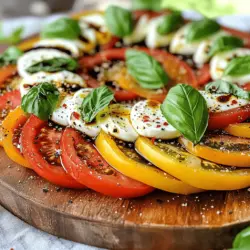 Reife Tomaten und ihre Bedeutung Reife Tomaten sind das Herzstück eines guten Caprese-Salats. Wählen Sie große, saftige Tomaten. Ihre Süße und der volle Geschmack heben den Salat hervor. Ein guter Tipp ist, die Tomaten bei Raumtemperatur zu lagern. So bleiben sie aromatischer. Auswahl des Mozzarella-Käses Mozzarella ist der zweite Hauptbestandteil. Verwenden Sie frischen Mozzarella. Er sollte weich und feucht sein. Der Geschmack ist mild und cremig. Achten Sie darauf, dass er nicht zu lange im Kühlschrank liegt. So bleibt er frisch. Frische Basilikumblätter und ihre Rolle Basilikum gibt dem Salat einen frischen Geschmack. Wählen Sie grüne, lebendige Blätter. Sie sollten nicht welk oder braun sein. Basilikum bringt Farbe und Aroma. Es ist wichtig, die Blätter kurz vor dem Servieren hinzuzufügen. So bleibt ihr Geschmack stark. Verwendung von Olivenöl und Balsamico-Glasur Gutes extra natives Olivenöl ist wichtig. Es verstärkt den Geschmack der Tomaten und des Käses. Balsamico-Glasur gibt eine süße Note. Träufeln Sie beides vorsichtig über den Salat. So schmeckt er noch besser. Zusätzliche Gewürze und mögliche Varianten Ein bisschen Salz und Pfeffer ist wichtig. Sie heben die Aromen hervor. Sie können auch andere Gewürze ausprobieren. Zum Beispiel, Oregano oder Thymian. Diese geben dem Salat eine neue Note. Zitronenzesten und rote Pfefferflocken für die Schärfe Zitronenzesten bringen Frische und eine leicht saure Note. Eine Prise rote Pfefferflocken gibt dem Salat etwas Schärfe. Das ist besonders für Fans von würzigerem Essen interessant. Probieren Sie es aus, um Ihren Salat zu verfeinern. Für das gesamte Rezept besuchen Sie [Full Recipe]. Zuerst wasche ich die Tomaten und Basilikumblätter. Ich benutze kaltes Wasser, um Schmutz zu entfernen. Danach tupfe ich sie mit einem Papiertuch trocken. Für die Tomaten schneide ich gleichmäßige Scheiben. Ich mache sie etwa einen halben Zoll dick. Das sorgt für eine schöne Präsentation. Ich schneide den Mozzarella ebenso in Scheiben. Die Dicke sollte der der Tomaten entsprechen. Jetzt beginne ich mit dem Anrichten. Ich lege die Tomatenscheiben auf einen großen Teller. Dann füge ich die Mozzarellascheiben hinzu. Ich wechsle zwischen Tomaten und Mozzarella für einen tollen Look. Für die Dekoration streue ich die frischen Basilikumblätter dazwischen. Diese geben dem Salat Farbe und Frische. Ich achte darauf, dass die Blätter gut sichtbar sind. Jetzt mache ich das Dressing. In einer kleinen Schüssel vermenge ich Olivenöl, Zitronenzesten, Salz und Pfeffer. Ich mische alles gut und gieße es über den Salat. Ich füge auch die Balsamico-Glasur hinzu. Sie gibt dem Salat eine süße Note. Wer es gerne schärfer mag, kann rote Pfefferflocken darüber streuen. Am besten serviere ich den Salat sofort. Die Aromen kommen bei Zimmertemperatur gut zur Geltung. So schmeckt der einfache Caprese-Salat frisch und lecker. Für das detaillierte Rezept schaue dir die vollständige Anleitung an: Full Recipe. - Tipps für die Auswahl reifer Tomaten: Wählen Sie Tomaten, die fest und rot sind. Sie sollten einen süßen Duft haben. Drücken Sie leicht auf die Tomate. Sie sollte etwas nachgeben, aber nicht matschig sein. Reife Tomaten geben dem Salat den besten Geschmack. - So bleibt der Mozzarella frisch und lecker: Kaufen Sie frischen Mozzarella in einer Lake. Lagern Sie ihn im Kühlschrank und verwenden Sie ihn innerhalb von ein paar Tagen. Lassen Sie den Käse vor dem Servieren etwas bei Zimmertemperatur stehen. So entfaltet er seinen vollen Geschmack. - Kreative Präsentationstechniken: Arrangieren Sie die Tomaten und den Mozzarella in einem schönen Muster. Nutzen Sie frische Basilikumblätter, um dem Salat Farbe zu verleihen. Ein lebhafter Teller macht den Salat noch ansprechender. - Beilagen und Getränke, die gut zum Salat passen: Servieren Sie den Salat mit knusprigem Brot oder einer leichten Quiche. Ein Glas trockener Weißwein passt perfekt. Alternativ probieren Sie spritziges Mineralwasser mit Zitrone. - Kalorien und Nährwerte der Hauptzutaten: Tomaten haben etwa 18 Kalorien pro 100 g. Mozzarella hat ca. 280 Kalorien pro 100 g. Basilikum bringt wenig Kalorien, aber viele Vitamine. Der Salat ist leicht und nahrhaft. - Gesundheitsvorteile von Tomaten und Basilikum: Tomaten sind reich an Antioxidantien. Sie unterstützen das Herz und die Haut. Basilikum hat entzündungshemmende Eigenschaften. Er verbessert die Verdauung und hat einen frischen Geschmack. {{image_4}} Eine einfache Möglichkeit, Ihrem Caprese-Salat mehr Geschmack zu verleihen, ist die Zugabe von Oliven und Artischocken. Diese Zutaten bringen eine salzige Note und einen tollen Biss. Ich empfehle, schwarze Oliven oder grüne Oliven zu verwenden. Diese passen perfekt zu den frischen Tomaten und dem Mozzarella. Artischockenherzen aus der Dose sind eine gute Wahl. Sie sind zart und leicht süß. Ein weiterer köstlicher Tipp ist der Austausch des Mozzarellas. Feta oder Ziegenkäse sind ebenfalls großartige Optionen. Feta hat einen kräftigen Geschmack, der gut mit den anderen Zutaten harmoniert. Ziegenkäse bringt eine cremige Textur und eine milde Säure. Probieren Sie diese Varianten, um eine neue Dimension in Ihren Salat zu bringen! Saisonale Anpassungen machen Ihren Caprese-Salat besonders frisch und bunt. Verwenden Sie verschiedene Gemüsesorten wie Zucchini oder Paprika. Diese Gemüse geben dem Salat mehr Farbe und Crunch. Einfach in dünne Scheiben schneiden und zwischen die Tomaten und den Käse legen. Fruchtige Alternativen sind ebenfalls spannend. Pfirsiche oder Erdbeeren können eine süße Note hinzufügen. Die Kombination aus süß und salzig ist einfach köstlich. Schneiden Sie die Früchte in dünne Scheiben und schichten Sie sie zwischen die anderen Zutaten. Dies gibt dem Salat einen tollen Sommergeschmack. Für eine vegane Version Ihres Caprese-Salats können Sie pflanzliche Käseoptionen nutzen. Cashewkäse oder Mandelkäse sind gute Alternativen. Diese Käsearten sind cremig und lecker. Sie bieten eine ähnliche Textur wie Mozzarella. Für das Dressing können Sie Variationen ohne tierische Produkte ausprobieren. Verwenden Sie Olivenöl, Zitronensaft und etwas Dijon-Senf. Das gibt dem Salat einen frischen und würzigen Geschmack. Experimentieren Sie mit verschiedenen Kräutern wie Oregano oder Thymian, um das Dressing weiter zu verfeinern. Diese Tipps helfen Ihnen, eine köstliche vegane Variante zu machen! [Full Recipe] Um den Caprese-Salat frisch zu halten, lagere ihn am besten im Kühlschrank. Stelle den Salat in einen luftdichten Behälter. So bleiben die Aromen erhalten. Wenn du den Salat für einen Tag oder zwei aufbewahren möchtest, ist das eine gute Methode. Für eine längere Lagerung ist es besser, die Zutaten getrennt zu halten. So vermeidest du, dass der Salat matschig wird. Bewahre die Tomaten, den Mozzarella und das Basilikum separat auf. Kombiniere sie erst kurz vor dem Servieren. Falls du Reste hast, nutze sie kreativ. Du kannst die Tomaten und den Mozzarella in ein Omelett geben. Das schmeckt lecker und ist einfach. Frische Basilikumblätter kannst du in Pesto verwandeln. So hast du gleich eine neue Sauce. Wenn du mehr Salat übrig hast, probiere, ihn in eine Sandwichfüllung zu verwandeln. Eine Scheibe Brot, etwas Salat und ein wenig Olivenöl machen ein schnelles und gutes Mittagessen. Achte auf die Frische deiner Zutaten. Wenn die Tomaten weich sind oder die Schale schrumpelig aussieht, sind sie nicht mehr gut. Der Mozzarella sollte fest und leicht glänzend sein. Wenn er ausläuft oder einen unangenehmen Geruch hat, ist er nicht mehr frisch. Um Verderb zu vermeiden, kaufe frische Zutaten. Lagere sie richtig und verbrauche sie schnell. Wenn du die Qualität deiner Zutaten im Auge behältst, genießt du immer einen leckeren Caprese-Salat. Sie können viele Variationen des Caprese-Salats ausprobieren. Eine Idee ist, Oliven oder Artischocken hinzuzufügen. Sie bringen einen neuen Geschmack. Auch Feta oder Ziegenkäse sind tolle Alternativen zu Mozzarella. Wenn Sie frisches Obst mögen, probieren Sie Pfirsiche oder Erdbeeren. Diese Früchte passen gut zu den anderen Aromen. Experimentieren Sie mit verschiedenen Kräutern, wie Minze oder Oregano, um eine ganz neue Note zu erhalten. Wenn Sie keinen Mozzarella haben, gibt es gute Alternativen. Feta-Käse hat einen salzigen Geschmack und passt gut. Ziegenkäse ist eine weitere Option, die einen cremigen und kräftigen Geschmack hat. Sojajoghurt oder pflanzlicher Käse sind auch möglich für eine vegane Option. Diese Käsearten haben ihre eigenen Aromen und geben dem Salat einen neuen Twist. Caprese-Salat bleibt im Kühlschrank etwa ein bis zwei Tage frisch. Lagern Sie den Salat in einem luftdichten Behälter. Achten Sie darauf, dass der Salat nicht zu lange steht, damit die Tomaten nicht matschig werden. Die Basilikumblätter verlieren schnell ihre Frische. Wenn Sie den Salat länger halten möchten, bereiten Sie die Zutaten getrennt vor. So bleibt alles frisch und lecker. Ja, Caprese-Salat ist sehr gesund. Tomaten sind reich an Vitaminen und Antioxidantien. Sie unterstützen das Immunsystem und die Haut. Mozzarella hat Protein und Calcium, die gut für die Knochen sind. Basilikum hat auch viele gesundheitliche Vorteile. Es kann helfen, Entzündungen zu reduzieren. Insgesamt ist dieser Salat eine köstliche und nahrhafte Wahl. Ja, Sie können den Salat im Voraus zubereiten, aber mit Vorsicht. Bereiten Sie die Zutaten getrennt vor, um die Frische zu erhalten. Mischen Sie den Salat erst kurz vor dem Servieren. So bleiben die Tomaten knackig und die Basilikumblätter grün. Wenn Sie das Dressing vorbereiten, lagern Sie es in einem eigenen Behälter. Das sorgt für den besten Geschmack. Diese Anleitung zeigt, wie man einen köstlichen Caprese-Salat macht. Wir haben die besten Zutaten, die richtigen Vorbereitungen und kreative Servierideen besprochen. Vergessen Sie nicht, frische Tomaten und perfekten Mozzarella auszuwählen. Experimentieren Sie mit Variationen wie veganen Optionen oder mediterranen Akzenten. Ein gut zubereiteter Salat trägt nicht nur zu einem tollen Geschmack bei, sondern auch zu einer gesunden Ernährung. Machen Sie diesen Salat zu Ihrem neuen Lieblingsgericht!