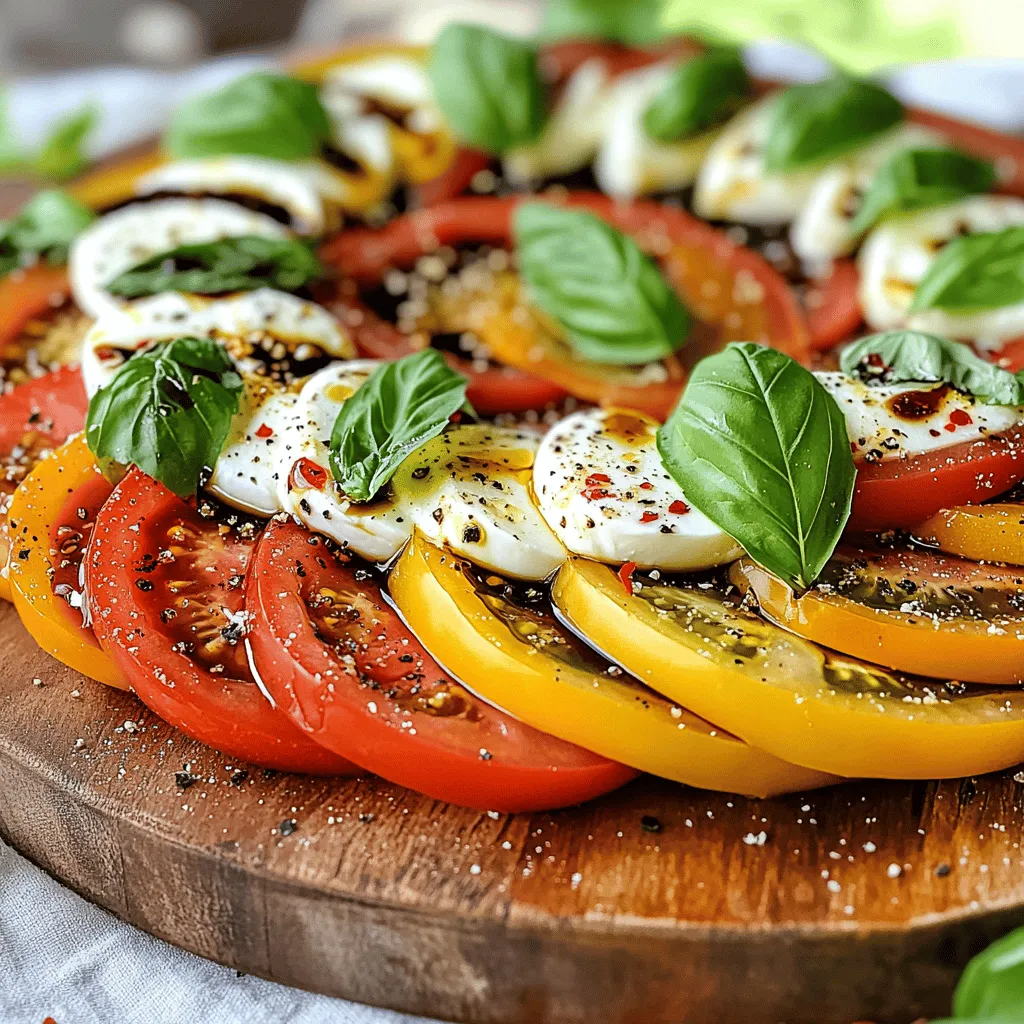 Reife Tomaten und ihre Bedeutung Reife Tomaten sind das Herzstück eines guten Caprese-Salats. Wählen Sie große, saftige Tomaten. Ihre Süße und der volle Geschmack heben den Salat hervor. Ein guter Tipp ist, die Tomaten bei Raumtemperatur zu lagern. So bleiben sie aromatischer. Auswahl des Mozzarella-Käses Mozzarella ist der zweite Hauptbestandteil. Verwenden Sie frischen Mozzarella. Er sollte weich und feucht sein. Der Geschmack ist mild und cremig. Achten Sie darauf, dass er nicht zu lange im Kühlschrank liegt. So bleibt er frisch. Frische Basilikumblätter und ihre Rolle Basilikum gibt dem Salat einen frischen Geschmack. Wählen Sie grüne, lebendige Blätter. Sie sollten nicht welk oder braun sein. Basilikum bringt Farbe und Aroma. Es ist wichtig, die Blätter kurz vor dem Servieren hinzuzufügen. So bleibt ihr Geschmack stark. Verwendung von Olivenöl und Balsamico-Glasur Gutes extra natives Olivenöl ist wichtig. Es verstärkt den Geschmack der Tomaten und des Käses. Balsamico-Glasur gibt eine süße Note. Träufeln Sie beides vorsichtig über den Salat. So schmeckt er noch besser. Zusätzliche Gewürze und mögliche Varianten Ein bisschen Salz und Pfeffer ist wichtig. Sie heben die Aromen hervor. Sie können auch andere Gewürze ausprobieren. Zum Beispiel, Oregano oder Thymian. Diese geben dem Salat eine neue Note. Zitronenzesten und rote Pfefferflocken für die Schärfe Zitronenzesten bringen Frische und eine leicht saure Note. Eine Prise rote Pfefferflocken gibt dem Salat etwas Schärfe. Das ist besonders für Fans von würzigerem Essen interessant. Probieren Sie es aus, um Ihren Salat zu verfeinern. Für das gesamte Rezept besuchen Sie [Full Recipe]. Zuerst wasche ich die Tomaten und Basilikumblätter. Ich benutze kaltes Wasser, um Schmutz zu entfernen. Danach tupfe ich sie mit einem Papiertuch trocken. Für die Tomaten schneide ich gleichmäßige Scheiben. Ich mache sie etwa einen halben Zoll dick. Das sorgt für eine schöne Präsentation. Ich schneide den Mozzarella ebenso in Scheiben. Die Dicke sollte der der Tomaten entsprechen. Jetzt beginne ich mit dem Anrichten. Ich lege die Tomatenscheiben auf einen großen Teller. Dann füge ich die Mozzarellascheiben hinzu. Ich wechsle zwischen Tomaten und Mozzarella für einen tollen Look. Für die Dekoration streue ich die frischen Basilikumblätter dazwischen. Diese geben dem Salat Farbe und Frische. Ich achte darauf, dass die Blätter gut sichtbar sind. Jetzt mache ich das Dressing. In einer kleinen Schüssel vermenge ich Olivenöl, Zitronenzesten, Salz und Pfeffer. Ich mische alles gut und gieße es über den Salat. Ich füge auch die Balsamico-Glasur hinzu. Sie gibt dem Salat eine süße Note. Wer es gerne schärfer mag, kann rote Pfefferflocken darüber streuen. Am besten serviere ich den Salat sofort. Die Aromen kommen bei Zimmertemperatur gut zur Geltung. So schmeckt der einfache Caprese-Salat frisch und lecker. Für das detaillierte Rezept schaue dir die vollständige Anleitung an: Full Recipe. - Tipps für die Auswahl reifer Tomaten: Wählen Sie Tomaten, die fest und rot sind. Sie sollten einen süßen Duft haben. Drücken Sie leicht auf die Tomate. Sie sollte etwas nachgeben, aber nicht matschig sein. Reife Tomaten geben dem Salat den besten Geschmack. - So bleibt der Mozzarella frisch und lecker: Kaufen Sie frischen Mozzarella in einer Lake. Lagern Sie ihn im Kühlschrank und verwenden Sie ihn innerhalb von ein paar Tagen. Lassen Sie den Käse vor dem Servieren etwas bei Zimmertemperatur stehen. So entfaltet er seinen vollen Geschmack. - Kreative Präsentationstechniken: Arrangieren Sie die Tomaten und den Mozzarella in einem schönen Muster. Nutzen Sie frische Basilikumblätter, um dem Salat Farbe zu verleihen. Ein lebhafter Teller macht den Salat noch ansprechender. - Beilagen und Getränke, die gut zum Salat passen: Servieren Sie den Salat mit knusprigem Brot oder einer leichten Quiche. Ein Glas trockener Weißwein passt perfekt. Alternativ probieren Sie spritziges Mineralwasser mit Zitrone. - Kalorien und Nährwerte der Hauptzutaten: Tomaten haben etwa 18 Kalorien pro 100 g. Mozzarella hat ca. 280 Kalorien pro 100 g. Basilikum bringt wenig Kalorien, aber viele Vitamine. Der Salat ist leicht und nahrhaft. - Gesundheitsvorteile von Tomaten und Basilikum: Tomaten sind reich an Antioxidantien. Sie unterstützen das Herz und die Haut. Basilikum hat entzündungshemmende Eigenschaften. Er verbessert die Verdauung und hat einen frischen Geschmack. {{image_4}} Eine einfache Möglichkeit, Ihrem Caprese-Salat mehr Geschmack zu verleihen, ist die Zugabe von Oliven und Artischocken. Diese Zutaten bringen eine salzige Note und einen tollen Biss. Ich empfehle, schwarze Oliven oder grüne Oliven zu verwenden. Diese passen perfekt zu den frischen Tomaten und dem Mozzarella. Artischockenherzen aus der Dose sind eine gute Wahl. Sie sind zart und leicht süß. Ein weiterer köstlicher Tipp ist der Austausch des Mozzarellas. Feta oder Ziegenkäse sind ebenfalls großartige Optionen. Feta hat einen kräftigen Geschmack, der gut mit den anderen Zutaten harmoniert. Ziegenkäse bringt eine cremige Textur und eine milde Säure. Probieren Sie diese Varianten, um eine neue Dimension in Ihren Salat zu bringen! Saisonale Anpassungen machen Ihren Caprese-Salat besonders frisch und bunt. Verwenden Sie verschiedene Gemüsesorten wie Zucchini oder Paprika. Diese Gemüse geben dem Salat mehr Farbe und Crunch. Einfach in dünne Scheiben schneiden und zwischen die Tomaten und den Käse legen. Fruchtige Alternativen sind ebenfalls spannend. Pfirsiche oder Erdbeeren können eine süße Note hinzufügen. Die Kombination aus süß und salzig ist einfach köstlich. Schneiden Sie die Früchte in dünne Scheiben und schichten Sie sie zwischen die anderen Zutaten. Dies gibt dem Salat einen tollen Sommergeschmack. Für eine vegane Version Ihres Caprese-Salats können Sie pflanzliche Käseoptionen nutzen. Cashewkäse oder Mandelkäse sind gute Alternativen. Diese Käsearten sind cremig und lecker. Sie bieten eine ähnliche Textur wie Mozzarella. Für das Dressing können Sie Variationen ohne tierische Produkte ausprobieren. Verwenden Sie Olivenöl, Zitronensaft und etwas Dijon-Senf. Das gibt dem Salat einen frischen und würzigen Geschmack. Experimentieren Sie mit verschiedenen Kräutern wie Oregano oder Thymian, um das Dressing weiter zu verfeinern. Diese Tipps helfen Ihnen, eine köstliche vegane Variante zu machen! [Full Recipe] Um den Caprese-Salat frisch zu halten, lagere ihn am besten im Kühlschrank. Stelle den Salat in einen luftdichten Behälter. So bleiben die Aromen erhalten. Wenn du den Salat für einen Tag oder zwei aufbewahren möchtest, ist das eine gute Methode. Für eine längere Lagerung ist es besser, die Zutaten getrennt zu halten. So vermeidest du, dass der Salat matschig wird. Bewahre die Tomaten, den Mozzarella und das Basilikum separat auf. Kombiniere sie erst kurz vor dem Servieren. Falls du Reste hast, nutze sie kreativ. Du kannst die Tomaten und den Mozzarella in ein Omelett geben. Das schmeckt lecker und ist einfach. Frische Basilikumblätter kannst du in Pesto verwandeln. So hast du gleich eine neue Sauce. Wenn du mehr Salat übrig hast, probiere, ihn in eine Sandwichfüllung zu verwandeln. Eine Scheibe Brot, etwas Salat und ein wenig Olivenöl machen ein schnelles und gutes Mittagessen. Achte auf die Frische deiner Zutaten. Wenn die Tomaten weich sind oder die Schale schrumpelig aussieht, sind sie nicht mehr gut. Der Mozzarella sollte fest und leicht glänzend sein. Wenn er ausläuft oder einen unangenehmen Geruch hat, ist er nicht mehr frisch. Um Verderb zu vermeiden, kaufe frische Zutaten. Lagere sie richtig und verbrauche sie schnell. Wenn du die Qualität deiner Zutaten im Auge behältst, genießt du immer einen leckeren Caprese-Salat. Sie können viele Variationen des Caprese-Salats ausprobieren. Eine Idee ist, Oliven oder Artischocken hinzuzufügen. Sie bringen einen neuen Geschmack. Auch Feta oder Ziegenkäse sind tolle Alternativen zu Mozzarella. Wenn Sie frisches Obst mögen, probieren Sie Pfirsiche oder Erdbeeren. Diese Früchte passen gut zu den anderen Aromen. Experimentieren Sie mit verschiedenen Kräutern, wie Minze oder Oregano, um eine ganz neue Note zu erhalten. Wenn Sie keinen Mozzarella haben, gibt es gute Alternativen. Feta-Käse hat einen salzigen Geschmack und passt gut. Ziegenkäse ist eine weitere Option, die einen cremigen und kräftigen Geschmack hat. Sojajoghurt oder pflanzlicher Käse sind auch möglich für eine vegane Option. Diese Käsearten haben ihre eigenen Aromen und geben dem Salat einen neuen Twist. Caprese-Salat bleibt im Kühlschrank etwa ein bis zwei Tage frisch. Lagern Sie den Salat in einem luftdichten Behälter. Achten Sie darauf, dass der Salat nicht zu lange steht, damit die Tomaten nicht matschig werden. Die Basilikumblätter verlieren schnell ihre Frische. Wenn Sie den Salat länger halten möchten, bereiten Sie die Zutaten getrennt vor. So bleibt alles frisch und lecker. Ja, Caprese-Salat ist sehr gesund. Tomaten sind reich an Vitaminen und Antioxidantien. Sie unterstützen das Immunsystem und die Haut. Mozzarella hat Protein und Calcium, die gut für die Knochen sind. Basilikum hat auch viele gesundheitliche Vorteile. Es kann helfen, Entzündungen zu reduzieren. Insgesamt ist dieser Salat eine köstliche und nahrhafte Wahl. Ja, Sie können den Salat im Voraus zubereiten, aber mit Vorsicht. Bereiten Sie die Zutaten getrennt vor, um die Frische zu erhalten. Mischen Sie den Salat erst kurz vor dem Servieren. So bleiben die Tomaten knackig und die Basilikumblätter grün. Wenn Sie das Dressing vorbereiten, lagern Sie es in einem eigenen Behälter. Das sorgt für den besten Geschmack. Diese Anleitung zeigt, wie man einen köstlichen Caprese-Salat macht. Wir haben die besten Zutaten, die richtigen Vorbereitungen und kreative Servierideen besprochen. Vergessen Sie nicht, frische Tomaten und perfekten Mozzarella auszuwählen. Experimentieren Sie mit Variationen wie veganen Optionen oder mediterranen Akzenten. Ein gut zubereiteter Salat trägt nicht nur zu einem tollen Geschmack bei, sondern auch zu einer gesunden Ernährung. Machen Sie diesen Salat zu Ihrem neuen Lieblingsgericht!