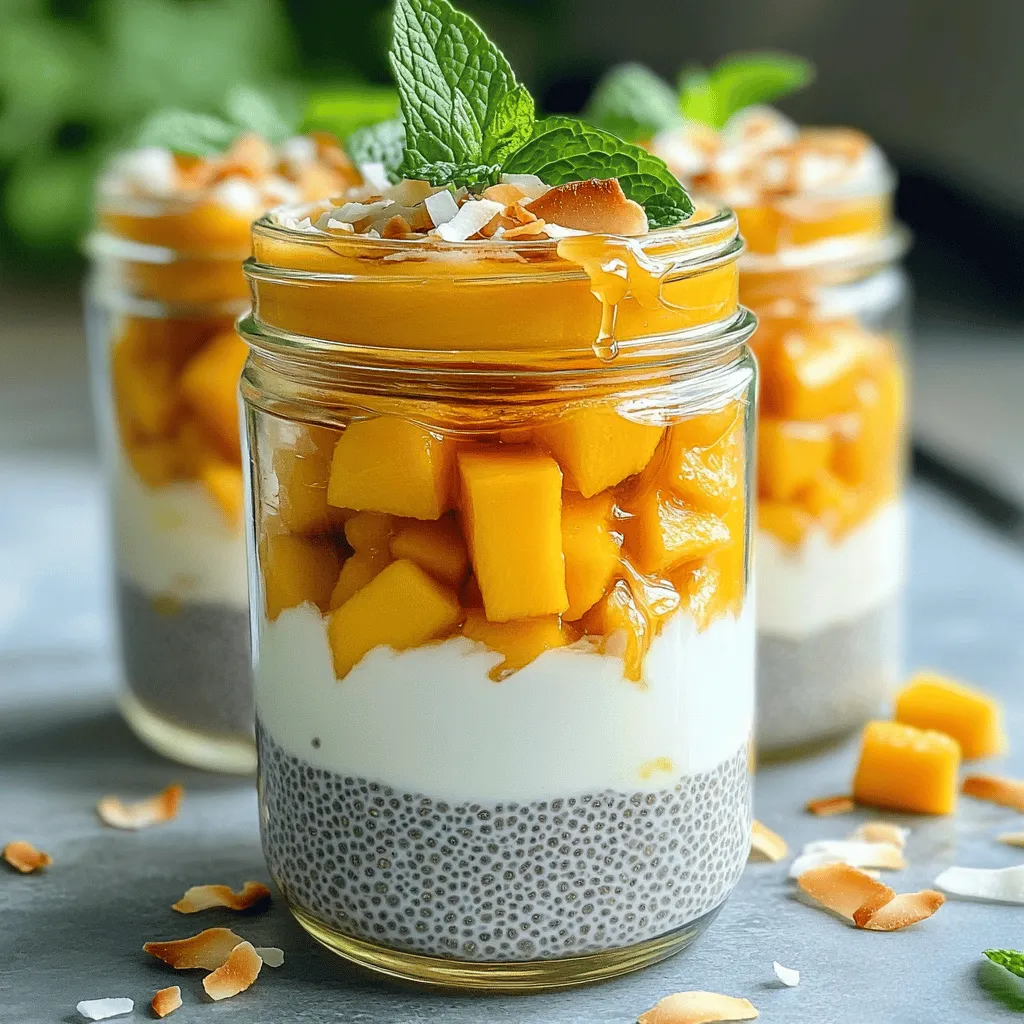 Für den Mango Kokosnuss Chia Pudding benötigst du nur ein paar einfache Zutaten. Diese Zutaten sind leicht zu finden und machen das Rezept einfach und schnell. Hier sind die Hauptzutaten: - 1 Tasse Kokosmilch (aus der Dose oder im Karton) - 2 Esslöffel Chiasamen - 1 reife Mango, gewürfelt - 2 Esslöffel Honig oder Ahornsirup (nach Geschmack anpassen) - 1 Teelöffel Vanilleextrakt - Eine Prise Salz Diese Zutaten bringen einen tollen Geschmack und eine schöne Textur. Kokosmilch macht den Pudding cremig, während die Chiasamen die Flüssigkeit aufnehmen und eine puddingartige Konsistenz bilden. Du kannst deinen Pudding noch schöner machen und ihm mehr Geschmack geben. Hier sind ein paar Ideen für Garnierungen und Süßungsmittel: - Geröstete Kokosnussflocken (zum Garnieren) - Frische Minzeblätter (zum Dekorieren) Wenn du es süßer magst, probiere auch etwas mehr Honig oder Ahornsirup. So kannst du den Pudding nach deinem Geschmack anpassen. Der Nährstoffgehalt in diesem Pudding ist wirklich beeindruckend. Hier sind einige Vorteile der Zutaten: - Kokosmilch: Sie ist reich an gesunden Fetten, die Energie liefern. - Chiasamen: Diese kleinen Samen sind voll von Ballaststoffen und Omega-3-Fettsäuren. - Mango: Sie enthält viele Vitamine, besonders Vitamin C, und ist süß und lecker. Mit diesen Zutaten machst du nicht nur etwas Leckeres, sondern auch etwas Gesundes. Der Mango Kokosnuss Chia Pudding ist eine tolle Wahl für ein Frühstück oder einen Snack. Für das vollständige Rezept schau dir den Abschnitt "Full Recipe" an. Um den Mango Kokosnuss Chia Pudding zuzubereiten, brauchst du nur wenige Schritte. Beginne mit einer Rührschüssel. Füge die Kokosmilch, die Chiasamen, den Honig oder Ahornsirup, den Vanilleextrakt und eine Prise Salz hinzu. Rühre alles gut um. Lass die Mischung für etwa 10 Minuten ruhen. Das gibt den Chiasamen Zeit, sich zu aktivieren. Rühre dann nochmals kräftig um. Decke die Schüssel ab und stelle sie für mindestens 2 Stunden oder über Nacht in den Kühlschrank. So quellen die Chiasamen auf und der Pudding wird dick. Überprüfe nach der Kühlzeit die Konsistenz. Wenn du möchtest, kannst du etwas mehr Kokosmilch hinzufügen, um den Pudding cremiger zu machen. Klumpen in Chia-Pudding sind oft ein Problem. Um dies zu vermeiden, ist es wichtig, gut zu rühren. Rühre die Mischung, während du die Zutaten hinzufügst. Nach 10 Minuten solltest du erneut umrühren. So verteilen sich die Chiasamen gleichmäßig. Wenn du den Pudding über Nacht im Kühlschrank lässt, überprüfe ihn vor dem Servieren. Rühre ihn nochmals gut um. Um den Pudding schön zu servieren, nimm durchsichtige Gläser oder Schalen. Beginne mit einer Schicht Chia-Pudding. Danach kommt eine Schicht gewürfelte Mango. Wiederhole das Schichten, bis das Glas voll ist. Zum Schluss kannst du den Pudding mit gerösteten Kokosnussflocken und frischen Minzeblättern dekorieren. Dies macht dein Dessert nicht nur lecker, sondern auch schön anzusehen. Du findest die vollständige Anleitung in [Full Recipe]. Um den Mango Kokosnuss Chia Pudding perfekt zu machen, sind ein paar Tipps wichtig. Du solltest zuerst die Chiasamen in der Flüssigkeit gut vermengen. Das hilft, Klumpen zu vermeiden. Lass die Mischung dann für zehn Minuten ruhen. Rühre danach erneut um. So quellen die Samen gleichmäßig auf. Wenn du eine cremigere Konsistenz magst, füge mehr Kokosmilch hinzu, bevor du den Pudding kühlst. Du kannst den Geschmack dieses Puddings leicht ändern. Wenn du es süßer magst, verwende mehr Honig oder Ahornsirup. Du kannst auch andere Aromen ausprobieren. Ein bisschen Zimt oder eine Prise Muskatnuss geben eine neue Note. Für eine tropische Note, füge etwas Ananassaft hinzu. Experimentiere mit verschiedenen Früchten, um deinen Lieblingsgeschmack zu finden. Der Mango Kokosnuss Chia Pudding ist perfekt für viele Anlässe. Für ein Frühstück serviere ihn frisch und einfach. Bei einer Feier kannst du kleine Gläser verwenden. So sieht der Pudding toll aus und jeder kann probieren. Für ein gesundes Dessert nach dem Abendessen, garniere ihn mit Minze und gerösteten Kokosnussflocken. Er ist nicht nur lecker, sondern auch ein echter Hingucker! {{image_4}} Wenn du keine Kokosmilch magst, gibt es viele Alternativen. Du kannst Mandelmilch oder Hafermilch verwenden. Diese Pflanzenmilchsorten geben dem Pudding einen anderen, aber leckeren Geschmack. Du kannst auch Sojamilch testen. Sie hat einen hohen Proteingehalt und macht den Pudding sättigender. Mango ist toll, aber du kannst auch andere Früchte verwenden. Ananas passt sehr gut. Ihre Süße ergänzt die Chiasamen wunderbar. Auch Erdbeeren oder Himbeeren sind eine super Wahl. Diese Früchte geben dem Pudding eine frische Note. Du kannst sie pürieren oder in kleine Stücke schneiden. Probiere auch Kiwi für einen fruchtigen Kick. Für Schokoladenliebhaber gibt es viele Optionen. Füge Kakaopulver hinzu, um einen schokoladigen Pudding zu machen. Mische 2 Esslöffel Kakaopulver mit den anderen Zutaten. Nüsse wie Mandeln oder Walnüsse sind auch lecker. Sie geben dem Pudding einen knusprigen Biss. Du kannst sie hacken und obendrauf streuen oder in die Mischung einarbeiten. So wird dein Pudding noch interessanter. Lagere deinen Mango Coconut Chia Pudding im Kühlschrank. Verwende einen luftdichten Behälter. So bleibt er frisch und lecker. Die Kälte hilft, die Textur und den Geschmack zu bewahren. Vermeide es, den Pudding längere Zeit bei Raumtemperatur stehen zu lassen. Du kannst den Pudding bis zu fünf Tage im Kühlschrank aufbewahren. Nach dieser Zeit kann die Textur leiden. Achte darauf, dass er gut abgedeckt ist. Wenn du eine Schicht Wasser oben siehst, rühre einfach gut um. Wenn du Reste hast, kannst du sie kreativ nutzen. Füge den Pudding zu einem Smoothie hinzu. Das gibt eine cremige Konsistenz und einen fruchtigen Geschmack. Du kannst auch Frischkäse oder Joghurt hinzufügen, um einen leckeren Dip zu machen. Probiere auch, ihn in Haferflocken zu mischen. So hast du ein schnelles Frühstück! Für die vollständige Anleitung besuche die [Full Recipe]. Mango Kokosnuss Chia Pudding ist sehr gesund. Chiasamen sind reich an Ballaststoffen, Omega-3-Fettsäuren und Eiweiß. Diese Nährstoffe unterstützen die Verdauung und fördern die Herzgesundheit. Kokosmilch bringt gesunde Fette mit sich, die gut für die Haut sind. Die Mango liefert wichtige Vitamine, besonders Vitamin C. Diese Mischung sorgt für einen nahrhaften Snack oder ein leichtes Frühstück. Du kannst den Pudding ganz ohne Zucker genießen, wenn du frische Mango verwendest. Ja, du kannst die Chiasamen ersetzen, wenn du möchtest. Zum Beispiel eignen sich Leinsamen gut. Sie haben eine ähnliche Konsistenz und sind ebenfalls gesund. Du kannst auch gemahlene Haferflocken verwenden, wenn du eine andere Textur magst. Beachte, dass sich die Konsistenz des Puddings ändern kann. Es ist wichtig, die Menge der Flüssigkeit anzupassen, um die richtige Dicke zu erreichen. Um den Pudding vegan zu halten, verwende einfach pflanzliche Süßungsmittel. Statt Honig kannst du Ahornsirup oder Agavendicksaft verwenden. Alle anderen Zutaten sind bereits vegan. Achte darauf, dass du Kokosmilch ohne tierische Produkte wählst. Diese Anpassungen machen es leicht, den Pudding vegan zu genießen. So bleibt der Genuss ganz natürlich und lecker. Wenn du mehr über die Zutaten erfahren möchtest, schau dir das Full Recipe an. Der Mango Kokosnuss Chia Pudding ist lecker und gesund. Wir haben die Hauptzutaten, Zubereitung und Tipps zur Konsistenz besprochen. Auch Variationen und Lagerung haben wir behandelt. Denke daran, dass du mit den Zutaten spielen kannst. Probiere neue Geschmäcker aus. Egal, ob für ein Frühstück oder Dessert, dieser Pudding ist vielseitig. Er ist einfach zuzubereiten und bleibt lange frisch. Lass deiner Kreativität freien Lauf und genieße ihn!