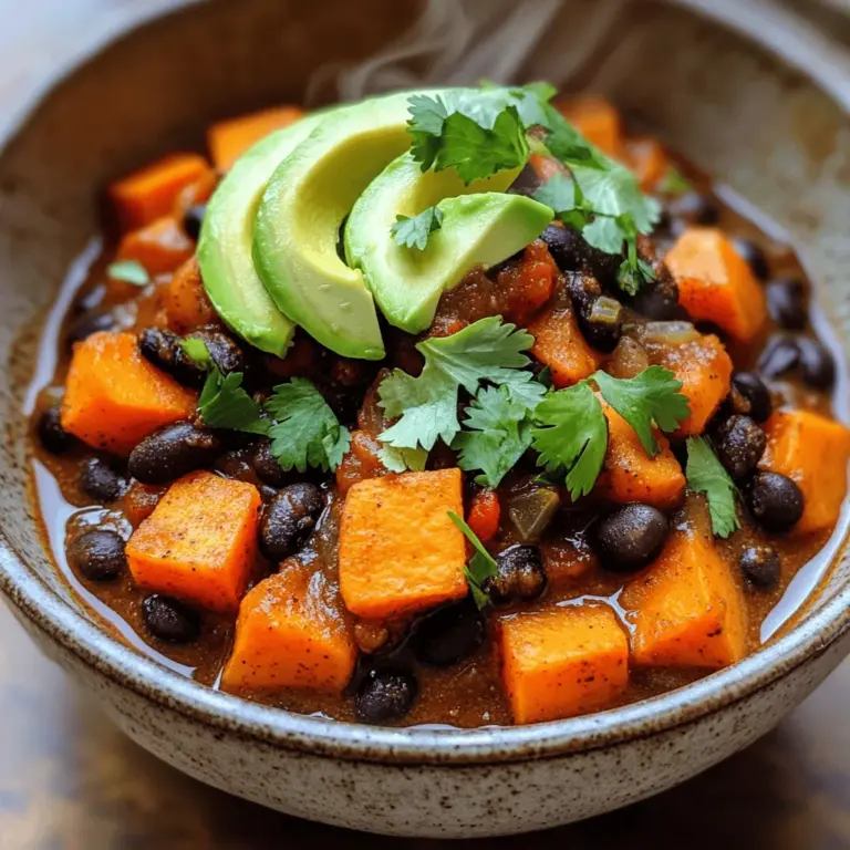 Die Hauptzutaten machen dieses Chili nährend und lecker. Hier sind die wichtigsten: - 2 mittelgroße Süßkartoffeln, geschält und gewürfelt - 1 Dose (450 g) schwarze Bohnen, abgetropft und abgespült - 1 Dose (450 g) gehackte Tomaten mit grünen Chilischoten - 1 mittelgroße Zwiebel, gehackt - 3 Knoblauchzehen, fein gehackt - 1 rote Paprika, gewürfelt - 2 Karotten, gewürfelt - 1 Liter Gemüsebrühe Diese Zutaten geben dem Chili seinen tollen Geschmack. Die Süßkartoffeln sind süß und cremig. Schwarze Bohnen fügen Protein hinzu. Tomaten sorgen für eine saftige Basis. Die Gewürze machen das Chili besonders. Hier sind die, die Sie brauchen: - 2 Esslöffel Olivenöl - 2 Teelöffel gemahlener Kreuzkümmel - 2 Teelöffel geräuchertes Paprikapulver - 1 Teelöffel Chilipulver - Salz und Pfeffer nach Geschmack Olivenöl bringt einen feinen Geschmack. Kreuzkümmel gibt Tiefe. Geräuchertes Paprikapulver sorgt für ein rauchiges Aroma. Chilipulver gibt dem Gericht die gewünschte Schärfe. Die Garnierungen machen das Chili noch besser. Hier sind meine Vorschläge: - Frischer Koriander - Avocadoscheiben Frischer Koriander bringt Frische. Avocado fügt eine cremige Textur hinzu. Diese Garnierungen sind einfach und machen viel aus. Für das komplette Rezept, schauen Sie sich [Full Recipe] an. Zuerst müssen wir alle Zutaten bereitstellen. Das macht das Kochen einfacher. Hier ist, was du brauchst: - 2 mittelgroße Süßkartoffeln, geschält und gewürfelt - 1 Dose (450 g) schwarze Bohnen, abgetropft und abgespült - 1 Dose (450 g) gehackte Tomaten mit grünen Chilischoten - 1 mittelgroße Zwiebel, gehackt - 3 Knoblauchzehen, fein gehackt - 1 rote Paprika, gewürfelt - 2 Karotten, gewürfelt - 2 Esslöffel Olivenöl - 2 Teelöffel gemahlener Kreuzkümmel - 2 Teelöffel geräuchertes Paprikapulver - 1 Teelöffel Chilipulver - 1 Liter Gemüsebrühe - Salz und Pfeffer nach Geschmack - Frischer Koriander und Avocado zur Garnierung Sobald du alles hast, kannst du mit dem Kochen beginnen. Erhitze das Olivenöl in einem großen Topf bei mittlerer Hitze. Gib die gehackte Zwiebel hinzu und brate sie fünf Minuten lang an. Sie sollte glasig werden. Füge dann den Knoblauch, die Paprika und die Karotten hinzu. Gare das Gemüse für drei bis vier Minuten, bis es weich ist. Jetzt kommen die Süßkartoffeln ins Spiel. Gib sie zusammen mit dem Kreuzkümmel, dem geräucherten Paprikapulver und dem Chilipulver in den Topf. Rühre gut um, damit die Gewürze alles gleichmäßig umhüllen. Gieße die Gemüsebrühe in den Topf und bringe alles zum Kochen. Reduziere die Hitze und lasse es 20 Minuten köcheln. Die Süßkartoffeln sollten zart sein. Füge dann die schwarzen Bohnen und die gehackten Tomaten hinzu. Lass das Chili weitere zehn Minuten köcheln. Vergiss nicht, das Chili zu probieren! Würze nach Bedarf mit Salz und Pfeffer. Wenn du es schärfer magst, füge mehr Chilipulver hinzu. Um die perfekte Konsistenz zu erreichen, achte darauf, die Süßkartoffeln nicht zu lange zu kochen. Sie sollten weich, aber nicht matschig sein. Wenn das Chili zu dick ist, füge etwas mehr Gemüsebrühe hinzu. Wenn es zu dünn ist, lasse es einfach länger köcheln, damit die Flüssigkeit verdampft. Für die besten Ergebnisse folge dem [Full Recipe]. Es hilft dir, jedes Mal ein köstliches Chili zuzubereiten! Ein häufiges Problem ist, das Gemüse nicht lange genug zu kochen. Wenn du die Zwiebeln und den Knoblauch zu kurz brätst, fehlt das Aroma. Ein weiterer Fehler ist, die Süßkartoffeln zu groß zu schneiden. Kleine Stücke garen gleichmäßig und schneller. Achte darauf, die schwarzen Bohnen nicht zu lange zu kochen, da sie sonst matschig werden. Die Schärfe des Chili kann leicht angepasst werden. Wenn du es mild magst, verwende weniger Chilipulver. Du kannst auch die Menge an gehackten Tomaten mit grünen Chilischoten reduzieren. Für mehr Schärfe, füge frische Jalapeños oder einen Spritzer scharfe Soße hinzu. Denke daran, die Schärfe nach dem Kochen zu testen und nach Bedarf anzupassen. Das Rezept ist von Natur aus vegan und glutenfrei. Achte darauf, dass die Gemüsebrühe keine tierischen Produkte enthält. Wenn du möchtest, kannst du auch andere pflanzliche Proteine hinzufügen, wie Tofu oder Quinoa. Diese bringen zusätzliche Nährstoffe und machen das Chili noch sättigender. Du kannst die Zutaten nach deinem Geschmack anpassen, um die perfekte Mischung zu finden. Für die vollständige Zubereitung findest du das [Full Recipe]. {{image_4}} Du kannst viele Zutaten zu deinem Chili hinzufügen. Diese machen es noch leckerer. Füge zum Beispiel Mais oder Paprika hinzu. Auch Zucchini passt gut rein. Wenn du es fruchtig magst, probiere Ananas. Das gibt dem Chili eine süße Note. Für mehr Protein kannst du Quinoa oder Tofu einmischen. Auch ein Löffel Erdnussbutter kann eine tolle Tiefe geben. Lass deiner Kreativität freien Lauf! Du kannst das Chili nach deinem Geschmack anpassen. In Mexiko mag man oft frische Jalapeños. In den Südstaaten könnte man mit BBQ-Sauce experimentieren. Wenn du einen asiatischen Touch willst, füge Sojasauce und Ingwer hinzu. In Europa kannst du mit Kräutern wie Thymian oder Oregano arbeiten. Diese kleinen Änderungen bringen neue Aromen. Das Chili schmeckt super mit vielen Beilagen. Tortilla-Chips sind knusprig und perfekt. Ein frisches Brot dazu macht das Essen noch besser. Du kannst auch Reis oder Quinoa servieren. Ein einfacher grüner Salat bringt Frische. Für einen besonderen Kick probiere etwas Limettensaft. Das gibt dem Gericht eine tolle Note. Wenn du magst, toppe das Chili mit Käse oder Sahne. Diese Variationen machen dein Chili einzigartig und lecker. Schau dir das vollständige Rezept an für mehr Ideen! Um dein Süßkartoffel-Schwarze-Bohnen-Chili frisch zu halten, lagere es in einem luftdichten Behälter. Stelle sicher, dass der Behälter gut verschlossen ist. So bleibt der Geschmack lange erhalten. Lagere das Chili im Kühlschrank, wenn du es nicht sofort isst. Im Kühlschrank bleibt dein Chili etwa 4 bis 5 Tage frisch. Nach dieser Zeit kann der Geschmack leiden. Achte auf Veränderungen im Geruch oder Aussehen. Wenn etwas seltsam aussieht, wirf es besser weg. Wenn du das Chili länger aufbewahren möchtest, kannst du es einfrieren. Fülle das abgekühlte Chili in einen gefriergeeigneten Behälter oder einen Gefrierbeutel. Achte darauf, etwas Platz zu lassen, da sich Flüssigkeiten beim Gefrieren ausdehnen. So bleibt das Chili bis zu 3 Monate haltbar. Zum Auftauen lege das Chili einfach über Nacht in den Kühlschrank oder erwärme es direkt in einem Topf. Für das vollständige Rezept kannst du den Abschnitt "Full Recipe" ansehen. Die Zubereitung dauert etwa 15 Minuten. Das Kochen selbst nimmt dann 30 Minuten in Anspruch. Also, in nur 45 Minuten kannst du ein leckeres Chili genießen. Ja, du kannst andere Bohnen verwenden. Kidneybohnen oder Pinto-Bohnen sind gute Alternativen. Sie bringen einen anderen Geschmack, aber die Textur bleibt gleich. Die schwarze Bohne hat jedoch einen besonderen, nussigen Geschmack, der gut zu Süßkartoffeln passt. Ja, dieses Rezept ist sehr gesund. Es steckt voller Nährstoffe. Süßkartoffeln sind reich an Vitaminen und Ballaststoffen. Schwarze Bohnen bieten dir zusätzlich Protein und Eisen. Die Mischung ist sättigend und nährend. Du kannst es ohne schlechtes Gewissen genießen. Dieses Chili ist eine großartige Option für eine ausgewogene Ernährung. Wenn du mehr Details möchtest, schau dir das [Full Recipe] an. Süßkartoffel-Schwarze-Bohnen-Chili ist einfach, lecker und gesund. Wir haben die besten Zutaten und Gewürze besprochen und wichtige Tipps gegeben. Ich habe Ihnen auch gezeigt, wie Sie häufige Fehler vermeiden können. Die Variationen machen das Gericht spannend. Denken Sie an die Aufbewahrung, damit Sie länger genießen. Experimentieren Sie mit neuen Zutaten und passen Sie es Ihrem Geschmack an. So wird jedes Mal ein neues Erlebnis. Viel Spaß beim Kochen!