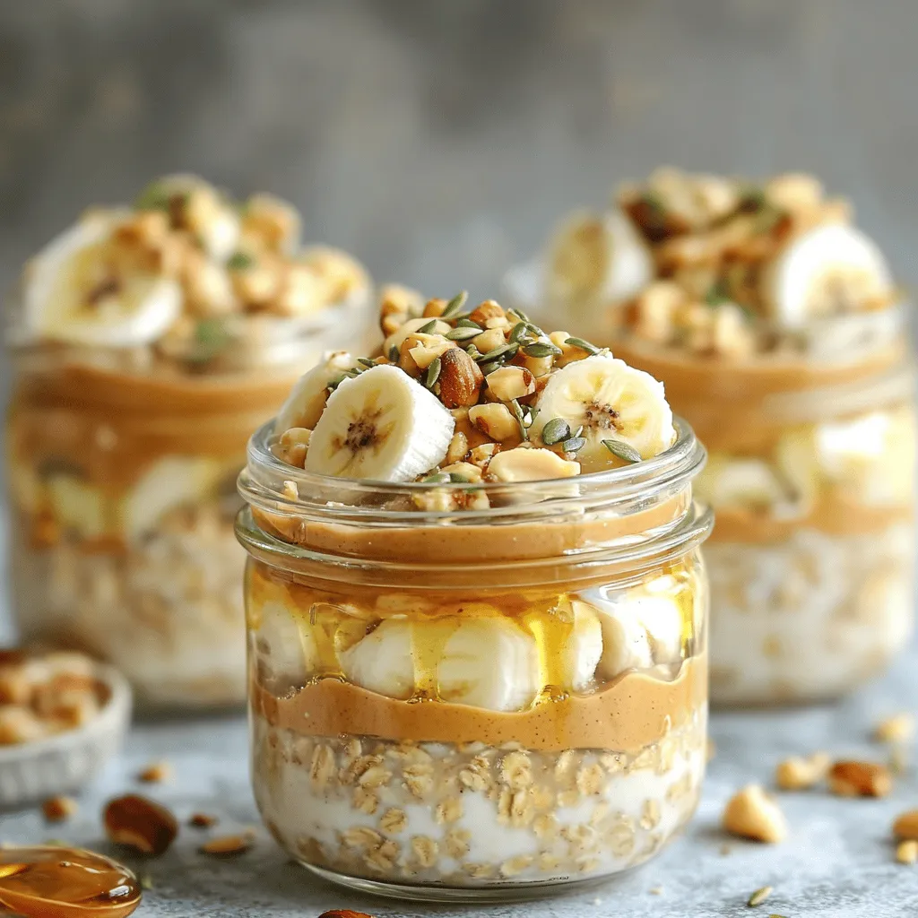 Um die perfekten Erdnussbutter-Bananen-Haferflocken zuzubereiten, benötigst du: - 1 Tasse zarte Haferflocken - 2 Tassen Mandelmilch (oder Milch deiner Wahl) - 2 reife Bananen, in Scheiben geschnitten - 1/4 Tasse cremige Erdnussbutter - 2 Esslöffel Honig oder Ahornsirup (nach Geschmack anpassen) - 1/2 Teelöffel Vanilleextrakt - 1/4 Teelöffel Zimt - Eine Prise Salz - Gehackte Nüsse, Samen oder Granola zum Bestreuen Falls du eine Zutat nicht hast, gibt es tolle Ersatzoptionen. Du kannst die Mandelmilch durch Hafermilch oder Kuhmilch ersetzen. Wenn du keine Bananen hast, versuche es mit Äpfeln oder Beeren. Statt Erdnussbutter kannst du Mandel- oder Cashewbutter verwenden. Für Süße kannst du auch Kokosblütenzucker nehmen, wenn dir Honig nicht passt. Diese Alternativen machen das Rezept flexibel und lecker! Die Hauptzutaten bieten viele Nährstoffe. Haferflocken sind reich an Ballaststoffen und helfen dir, lange satt zu bleiben. Bananen liefern wichtige Vitamine und Mineralien wie Kalium. Erdnussbutter gibt dir gesunde Fette und Protein, was gut für deine Muskeln ist. Mandelmilch hat weniger Kalorien als normale Milch und ist oft mit Vitaminen angereichert. In Kombination unterstützen diese Zutaten eine ausgewogene Ernährung und geben dir viel Energie für den Tag. Um die Erdnussbutter-Banane Traum-Haferflocken zuzubereiten, beginne mit einer großen Schüssel. Gib die zarten Haferflocken, die Mandelmilch und den Honig hinein. Rühre alles gut um. Es ist wichtig, dass die Haferflocken gleichmäßig mit der Flüssigkeit bedeckt sind. Das sorgt für eine gute Konsistenz. Füge dann die Hälfte der geschnittenen Bananen und die Erdnussbutter hinzu. Mische vorsichtig, bis die Erdnussbutter gut verteilt ist. Du willst keine Klumpen. Teile die Mischung gleichmäßig auf vier Gläser oder Behälter auf. Lege die restlichen Bananenscheiben oben drauf. Verschließe die Gläser fest. Stelle sie über Nacht in den Kühlschrank. So können die Haferflocken die Milch und die Aromen aufnehmen. Um eine gleichmäßige Vermengung zu gewährleisten, benutze einen großen Holzlöffel oder einen Spatel. Diese Werkzeuge helfen, die Zutaten gut zu kombinieren. Gehe sanft vor, um die Bananen nicht zu zerdrücken. Wenn du die Mischung umrührst, achte darauf, dass du die Ränder der Schüssel erreichst. So wird alles gut vermischt. Wenn du die Erdnussbutter hinzufügst, erwärme sie leicht. Das macht es einfacher, sie zu vermengen. Die Haferflocken sollten mindestens vier Stunden im Kühlschrank stehen. Ich empfehle, sie über Nacht zu lassen. So sind sie am besten durchgezogen. Wenn du sie morgens zubereitest, sind sie perfekt, wenn du aufwachst. Wenn du die Haferflocken länger aufbewahren möchtest, kannst du sie auch einfrieren. Teile die Mischung in Portionen auf. So kannst du sie nach Bedarf auftauen. Sie bleiben so frisch und lecker. Um die perfekte Konsistenz zu erreichen, achte darauf, wie viel Flüssigkeit du verwendest. Für eine dickere Mischung kannst du weniger Milch nehmen. Um es flüssiger zu machen, füge einfach mehr Milch hinzu. Rühre die Mischung gut um, bevor du sie in den Kühlschrank stellst. Das hilft, die Haferflocken gleichmäßig zu befeuchten. Ein häufiger Fehler ist, die Haferflocken nicht richtig zu mischen. Wenn die Haferflocken trocken bleiben, können sie nicht die Aromen aufnehmen. Achte darauf, dass du die Erdnussbutter gründlich einrührst. Ein weiterer Fehler ist, die restlichen Bananen zu früh hinzuzufügen. Die Bananen können braun werden, wenn sie zu lange im Kühlschrank sind. Füge sie erst kurz vor dem Servieren hinzu. Für den besten Geschmack benutze reife Bananen. Sie sind süßer und geben mehr Aroma ab. Du kannst auch verschiedene Nüsse oder Samen hinzufügen. Diese geben nicht nur Crunch, sondern auch zusätzliche Nährstoffe. Ein Spritzer Honig oder Ahornsirup kann die Süße anpassen. Probiere, die Haferflocken über Nacht ziehen zu lassen. So entfalten sich die Aromen optimal. Das vollständige Rezept findest du unter [Full Recipe]. {{image_4}} Manchmal möchte ich eine süße Wendung. Durch das Hinzufügen von Kakaopulver wird der Geschmack schokoladig. Verwende 2 Esslöffel ungesüßtes Kakaopulver. Mische es mit den Haferflocken, bevor du die Mandelmilch hinzufügst. Füge auch Schokoladenstückchen hinzu. So erhältst du eine leckere Mischung aus Schokolade und Banane. Für einen zusätzlichen Proteinboost verwende griechischen Joghurt. Mische 1/2 Tasse griechischen Joghurt in die Haferflocken. Das macht dein Frühstück cremiger und sättigender. Du kannst auch Proteinpulver hinzufügen. Ein oder zwei Esslöffel sind genug, um das Nährstoffangebot zu erhöhen. Möchtest du eine vegane Option? Ersetze den Honig durch Agavendicksaft oder ein anderes Süßungsmittel. Achte darauf, dass deine Erdnussbutter rein pflanzlich ist. Du kannst auch Kokosmilch verwenden, um einen noch reichhaltigeren Geschmack zu erzielen. So machst du das Rezept ganz leicht vegan. Für das vollständige Rezept, schau dir die Anleitung zur Zubereitung von Erdnussbutter-Banane Traum-Haferflocken an. Um die Haferflocken frisch zu halten, lagere sie in einem luftdichten Behälter. Achte darauf, dass der Behälter trocken ist. Bewahre die Haferflocken an einem kühlen, dunklen Ort. So bleiben sie länger haltbar und behalten ihren Geschmack. Du kannst die Haferflocken auch in der Originalverpackung lassen, wenn sie gut verschlossen ist. Im Kühlschrank halten die Erdnussbutter-Banane-Übernacht-Haferflocken bis zu fünf Tage. Stelle sicher, dass die Behälter gut verschlossen sind. Das hilft, Feuchtigkeit und Gerüche zu vermeiden. Wenn du die Haferflocken länger aufbewahren möchtest, kannst du sie auch einfrieren. Um die Haferflocken einzufrieren, fülle sie in gefriergeeignete Behälter oder Beutel. Lass etwas Platz, damit sie sich ausdehnen können. Du kannst die Portionen leicht trennen, um die Handhabung zu erleichtern. So hast du immer eine schnelle, gesunde Mahlzeit zur Hand. Zum Auftauen lege die Behälter einfach in den Kühlschrank oder nutze die Mikrowelle. Übernacht-Haferflocken halten sich gut im Kühlschrank. Du kannst sie bis zu fünf Tage lagern. Achte darauf, sie in einem luftdichten Behälter zu verwahren. Das hält die Frische und den Geschmack. Ja, du kannst die Erdnussbutter ersetzen. Mandelbutter oder Cashewbutter sind gute Alternativen. Sie bieten ähnliche Cremigkeit, aber mit unterschiedlichen Geschmäckern. Wenn du auf Nüsse allergisch bist, probiere Sonnenblumenbutter. Sie ist nussfrei und lecker. Ja, Übernacht-Haferflocken sind sehr gesund. Sie enthalten Ballaststoffe, die deine Verdauung unterstützen. Hafer hat viele Nährstoffe, die gut für dein Herz sind. Die Bananen bieten wichtige Vitamine. Erdnussbutter liefert gesunde Fette und Proteine. Alles zusammen ergibt ein ausgewogenes Frühstück. Du kannst die Haferflocken nach dem [Full Recipe] anpassen, um sie noch gesünder zu machen. Die Zutaten für Ihre Übernacht-Haferflocken sind entscheidend für den Geschmack und die Nährstoffe. Wir haben verschiedene Alternativen und den Nährstoffgehalt besprochen. Die Schritt-für-Schritt-Anleitung hilft Ihnen, den gesamten Prozess einfach zu meistern. Tipps und Tricks zeigen Ihnen, wie Sie häufige Fehler vermeiden können. Variationen geben neuen Schwung in Ihre Routine. Richtiges Lagern ist wichtig, um die Frische zu bewahren. Insgesamt sind Übernacht-Haferflocken eine gesunde und einfache Wahl. Experimentieren Sie mit Ideen und finden Sie Ihren perfekten Mix!